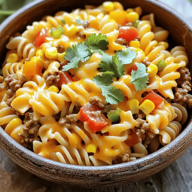 Für die perfekte käsige Taco-Pasta benötigst du: - 225 g Pasta (z.B. Penne oder Rotini) - 450 g gemahlenes Rindfleisch oder Putenfleisch - 1 Packung Taco-Gewürz - 1 Dose (425 g) gewürfelte Tomaten mit grünen Chilis - 240 ml Hühnerbrühe oder Wasser - 100 g geriebener Cheddar-Käse - 100 g geriebener Mozzarella-Käse - 150 g Mais (aus der Dose oder gefroren) - 1/2 Tasse gewürfelte Paprika (in beliebiger Farbe) - 1/2 Tasse gewürfelte Zwiebel - 2 Esslöffel Olivenöl - Salz und Pfeffer nach Geschmack - Frischer Koriander zur Garnierung (optional) Das Taco-Gewürz ist der Star dieser Pasta. Es bringt den typischen Geschmack von Tacos. Du kannst auch etwas Chili-Pulver oder Kreuzkümmel hinzufügen. Diese Gewürze geben der Pasta mehr Tiefe. Frische Kräuter wie Koriander geben einen tollen Geschmack. Eine Prise Limettensaft bringt Frische ins Gericht. Käse macht das Gericht besonders lecker. Cheddar gibt einen kräftigen Geschmack, während Mozzarella die Pasta schön cremig macht. Du kannst auch andere Käsesorten verwenden. Gouda oder Pepper Jack sind gute Alternativen. Sie geben der Pasta eine besondere Note. Mixe verschiedene Käsesorten, um neue Geschmäcker zu entdecken. Zuerst bringst du einen großen Topf mit Wasser zum Kochen. Füge eine Prise Salz hinzu. Gib die Pasta hinein und koche sie gemäß der Packungsanweisung bis sie al dente ist. Das dauert meist 8 bis 10 Minuten. Wenn die Pasta fertig ist, gieße sie ab und stelle sie beiseite. So bleibt sie warm für die nächste Zubereitung. Jetzt kommt der Spaß! Erhitze 2 Esslöffel Olivenöl in einer großen Pfanne bei mittlerer Hitze. Füge die gewürfelte Zwiebel und die Paprika hinzu. Brate sie etwa 4 bis 5 Minuten an, bis die Zwiebel weich und durchsichtig ist. Dann gib das gemahlene Rind- oder Putenfleisch dazu. Zerkleinere das Fleisch mit einem Spatel während des Bratens. Das dauert etwa 6 bis 8 Minuten. Wenn das Fleisch braun ist, kannst du überschüssiges Fett abgießen. Streue das Taco-Gewürz gleichmäßig über das angebratene Fleisch. Dann füge die gewürfelten Tomaten und den Mais hinzu. Gieße die Hühnerbrühe oder das Wasser in die Pfanne. Bringe alles leicht zum Köcheln. Lass die Mischung etwa 5 Minuten köcheln, damit die Aromen gut durchziehen. Danach kannst du die gekochte Pasta hinzufügen und alles gut vermengen. Jetzt kommt der Käse! Füge den geriebenen Cheddar- und Mozzarella-Käse zur Mischung hinzu. Rühre ständig weiter, bis der Käse schmilzt und eine cremige Sauce entsteht. Das dauert nur 2 bis 3 Minuten. Wenn die Mischung zu dick ist, kannst du mehr Hühnerbrühe oder Wasser hinzufügen. Sobald alles gut vermischt ist, schmecke die Pasta mit Salz und Pfeffer ab. Jetzt ist deine käsige Taco-Pasta fast fertig! Du kannst die Pasta in Schalen schöpfen. Wenn du magst, garniere sie mit frischem Koriander. So sieht das Gericht noch schöner aus. Für die vollständige Anleitung, schau dir das [Full Recipe] an. Um die perfekte Konsistenz für deine käsige Taco-Pasta zu erreichen, achte auf die Menge der Flüssigkeit. Wenn die Mischung zu dick ist, füge einfach mehr Hühnerbrühe oder Wasser hinzu. Das gibt der Pasta die richtige Cremigkeit. Achte darauf, die Pasta nicht zu lange zu kochen. Sie sollte al dente sein, da sie beim Mischen mit der Soße noch etwas weiter garen wird. Nicht jeder mag Rindfleisch oder Pute. Du kannst auch andere Optionen wählen. Tofu oder Tempeh sind tolle Alternativen für Vegetarier. Sie nehmen die Gewürze gut auf und fügen viel Geschmack hinzu. Auch Linsen oder schwarze Bohnen passen gut. Sie machen die Pasta nahrhaft und lecker. Die richtige Würze macht den Unterschied. Du kannst das Taco-Gewürz nach deinem Geschmack anpassen. Füge mehr Paprika oder Kreuzkümmel hinzu, wenn du es schärfer magst. Auch frische Kräuter wie Koriander bringen frische Aromen. Probiere verschiedene Kombinationen aus, um deinen eigenen Geschmack zu finden. So wird jede Portion einzigartig und köstlich. Wenn du mehr über das Rezept erfahren möchtest, schau dir den Full Recipe an. {{image_4}} Eine vegetarische Version der käsigen Taco-Pasta ist einfach und lecker. Du kannst das Fleisch durch schwarze Bohnen oder Linsen ersetzen. Diese Hülsenfrüchte sind proteinreich und fügen einen tollen Geschmack hinzu. Verwende zusätzlich mehr Gemüse, wie Zucchini oder Spinat. Das sorgt für mehr Farbe und Nährstoffe. Die Zubereitung bleibt gleich, nur das Fleisch wird weggelassen. So hast du eine gesunde, fleischfreie Option. Für eine scharfe Variante füge frische oder eingelegte Jalapeños hinzu. Schneide sie klein und gib sie während des Anbratens des Gemüses in die Pfanne. Das sorgt für eine schöne Schärfe. Du kannst auch etwas scharfe Salsa in die Soße rühren. Achte darauf, die Menge nach deinem Geschmack anzupassen. Diese scharfe Taco-Pasta wird sicher die Geschmacksknospen kitzeln! Die Wahl der Pasta kann das Gericht spannend machen. Du kannst Penne, Rotini oder sogar Fusilli verwenden. Jede Form hält die Soße anders. Wenn du glutenfreie Pasta bevorzugst, funktioniert das ebenfalls gut. Die Zubereitung bleibt gleich. Probiere verschiedene Sorten aus, um deine perfekte Kombination zu finden. So wird jedes Mal eine neue Erfahrung! Die käsige Taco-Pasta bleibt frisch, wenn du sie in einem luftdichten Behälter aufbewahrst. So bleibt der Geschmack erhalten. Stelle sicher, dass die Pasta vollständig abgekühlt ist, bevor du sie in den Kühlschrank stellst. Sie hält sich bis zu drei Tage. Wenn du die Pasta länger aufbewahren möchtest, solltest du sie einfrieren. Um die käsige Taco-Pasta einzufrieren, lasse sie zuerst abkühlen. Fülle sie dann in einen gefrierfesten Behälter oder einen Gefrierbeutel. Vergiss nicht, das Datum aufzuschreiben. So weißt du, wie lange sie schon gefroren ist. Die Pasta kann bis zu drei Monate im Gefrierfach bleiben. Um die besten Ergebnisse zu erzielen, friere die Pasta ohne frischen Koriander ein. So bleibt sie frisch, wenn du sie später aufwärmst. Um die Pasta wieder aufzuwärmen, gibt es mehrere Methoden. Du kannst sie in der Mikrowelle aufwärmen. Stelle die Mikrowelle auf mittlere Hitze und rühre die Pasta alle ein bis zwei Minuten um. So wird sie gleichmäßig warm. Eine andere Methode ist das Aufwärmen in einer Pfanne. Füge etwas Hühnerbrühe oder Wasser hinzu, um die Sauce cremig zu halten. Erhitze sie bei schwacher Hitze und rühre regelmäßig um. So bleibt die Pasta lecker und frisch. Das Kochen der Pasta dauert etwa 10 Minuten. Du solltest sie in einen großen Topf mit kochendem, gesalzenem Wasser geben. Achte darauf, die Pasta al dente zu kochen, damit sie nicht zu weich wird. Folge einfach den Anweisungen auf der Packung für die beste Zeit. Ja, du kannst die Käsige Taco-Pasta im Voraus zubereiten. Koche die Pasta und die Soße getrennt. Lasse beides abkühlen und stelle sie dann in den Kühlschrank. So bleibt die Pasta frisch. Wenn du bereit bist zu essen, kannst du alles zusammenwärmen und den Käse hinzufügen. Zu dieser leckeren Käsigen Taco-Pasta passen viele Beilagen. Hier sind einige Ideen: - Ein frischer grüner Salat - Knusprige Tortilla-Chips - Guacamole oder Salsa für einen extra Kick - Sauerrahm oder Joghurt als Topping Diese Beilagen ergänzen den Geschmack und machen das Essen noch besser. In diesem Artikel habe ich die perfekten Zutaten und Schritte für eine köstliche Käsige Taco-Pasta geteilt. Du hast erfahren, wie man Pasta kocht, Gemüse und Fleisch anbrät sowie eine leckere Soße zubereitet. Ich habe Tipps für die perfekte Konsistenz gegeben und Variationen vorgestellt, die jeden Geschmack treffen. Denke daran, dass du die Pasta gut lagern und einfrieren kannst. Diese Gerichte machen das Kochen einfach und lecker. Probier es aus und genieße deine kreierte Käsige Taco-Pasta!
