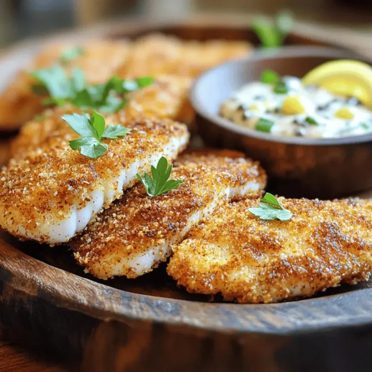 Um Cajun Tilapia zuzubereiten, brauchst du folgende Hauptzutaten: - 4 Tilapiafilets - 2 Esslöffel Cajun-Gewürzmischung - 2 Esslöffel Olivenöl - Salz und Pfeffer nach Geschmack - 1 Tasse Semmelbrösel (Panko für extra Knusprigkeit) - Frische Petersilie, gehackt (zum Garnieren) Diese Zutaten sorgen für einen vollen Geschmack und eine tolle Textur. Tilapia ist ein milder Fisch, der gut die Gewürze aufnimmt. Die Cajun-Gewürzmischung bringt eine schöne Schärfe und Tiefe in das Gericht. Die Zitronen-Tartar-Sauce ist einfach und lecker. Hier ist, was du brauchst: - 1/2 Tasse Mayonnaise - 2 Esslöffel eingelegte Gurken, fein gehackt - 1 Esslöffel Kapern, abgespült und gehackt - 1 Esslöffel frischer Zitronensaft - 1 Teelöffel Dijon-Senf - Salz und Pfeffer nach Geschmack Diese Sauce ergänzt den Fisch perfekt. Die frische Zitrone bringt einen tollen Kontrast. Die Gurken und Kapern fügen eine knackige Textur hinzu. Frische Zutaten sind wichtig für den Geschmack. Hier sind einige Tipps: - Wähle Tilapiafilets, die frisch riechen und eine klare Farbe haben. - Achte darauf, dass die Semmelbrösel knusprig und trocken sind. Panko ist eine gute Wahl. - Kaufe frische Zitronen, die schwer und fest sind. Sie haben mehr Saft. - Wähle knackige Gurken und grüne Kapern aus dem Glas oder der Dose. Mit diesen Tipps findest du die besten Zutaten für dein Cajun Tilapia mit Zitronen-Tartar-Sauce. Du kannst das komplette Rezept in der Sektion "Full Recipe" finden. Für die Zitronen-Tartar-Sauce beginne ich mit einer kleinen Schüssel. Ich gebe die Mayonnaise, die gehackten Gurken und die Kapern hinein. Dann füge ich den frischen Zitronensaft und den Dijon-Senf hinzu. Gut umrühren ist wichtig. Das Ganze schmecke ich mit Salz und Pfeffer ab. Ich stelle die Schüssel für mindestens 20 Minuten in den Kühlschrank. So entfalten sich die Aromen gut. Diese Sauce passt perfekt zu meinem Cajun Tilapia. Ich nehme die Tilapiafilets und trocken sie mit Papiertüchern ab. Jedes Filet reibe ich mit Olivenöl ein. Dann bestreue ich die Filets gleichmäßig mit der Cajun-Gewürzmischung. Ich drücke die Gewürze leicht an, damit sie gut haften. Salz und Pfeffer nach Geschmack füge ich ebenfalls hinzu. So wird der Fisch aromatisch und lecker. Auf einem Teller streue ich die Semmelbrösel aus. Jedes gewürzte Filet drücke ich in die Semmelbrösel. Dabei achte ich darauf, dass beide Seiten gut bedeckt sind. In einer großen Pfanne erhitze ich einen Esslöffel Olivenöl bei mittlerer bis hoher Hitze. Sobald das Öl heiß ist, lege ich die panierten Tilapiafilets hinein. Ich brate sie etwa 3-4 Minuten pro Seite. Der Fisch sollte goldbraun und durchgegart sein. Die Innentemperatur muss 63°C erreichen. Nach dem Garen richte ich die Filets auf einer Servierplatte an. Ich beträufle sie mit etwas Olivenöl und garniere sie mit gehackter Petersilie. Dazu serviere ich die kalte Zitronen-Tartar-Sauce. Für das vollständige Rezept schau dir die Full Recipe an. Die Garzeit für Tilapia ist entscheidend. Du solltest die Filets etwa 3-4 Minuten auf jeder Seite braten. Achte darauf, dass das Öl heiß ist, bevor du den Fisch hinzufügst. Die richtige Temperatur für Tilapia beträgt 63°C (145°F). So bleibt der Fisch zart und saftig. Überprüfe die Filets mit einer Gabel. Sie sollten leicht auseinanderfallen. Um die Zitronen-Tartar-Sauce zu verbessern, kannst du verschiedene Zutaten hinzufügen. Ein Spritzer Worcestershire-Sauce bringt Tiefe. Für mehr Frische füge etwas Dill oder Estragon hinzu. Ein Hauch von Honig kann die Säure ausgleichen und die Sauce süßer machen. Experimentiere mit verschiedenen Kräutern. Das macht die Sauce noch interessanter. Die Präsentation ist wichtig. Richte die Tilapiafilets auf einem großen Teller an. Ein paar Tropfen Olivenöl darauf geben Glanz. Streue frisch gehackte Petersilie darüber. Das macht das Gericht lebendig. Du kannst auch Zitronenscheiben danebenlegen. Das sieht nicht nur gut aus, sondern bietet auch einen frischen Geschmack. Die Tartar-Sauce in einer kleinen Schüssel daneben servieren macht es einfach, zu dippen oder zu träufeln. Für die vollständige Anleitung und Zutaten besuche die [Full Recipe]. {{image_4}} Cajun Tilapia ist sehr vielseitig. Sie können verschiedene Gewürze verwenden, um neue Aromen zu entdecken. Zum Beispiel, probieren Sie Paprika für Süße oder Knoblauchpulver für mehr Geschmack. Auch Kreuzkümmel bringt eine warme Note. Experimentieren Sie mit diesen Gewürzen, um Ihr Gericht spannend zu gestalten. Die Zitronen-Tartar-Sauce ist frisch und lecker. Sie können jedoch auch andere Saucen verwenden. Eine einfache Joghurtsauce mit Frischkäse ist leicht und cremig. Ein Avocado-Dip bringt eine tolle Textur und Geschmack. Oder versuchen Sie eine scharfe Salsa, um etwas Würze hinzuzufügen. Diese Alternativen machen Ihr Gericht spannend und neu. Cajun Tilapia passt gut zu vielen Beilagen. Ein einfacher grüner Salat bringt Frische. Gebratene Zucchini oder Paprika geben einen schönen Crunch. Auch Reis oder Quinoa sind gute Optionen, um die Aromen zu ergänzen. Servieren Sie das Gericht mit einer Beilage Ihrer Wahl, um eine vollwertige Mahlzeit zu kreieren. Für das vollständige Rezept schauen Sie sich die Full Recipe an. Wenn du Cajun Tilapia übrig hast, lagere ihn richtig. Lass den Fisch auf Raumtemperatur abkühlen. Wickel die Filets dann in Frischhaltefolie oder lege sie in einen luftdichten Behälter. So bleibt der Fisch frisch und saftig. Du kannst die Reste bis zu drei Tage im Kühlschrank aufbewahren. Vermeide, den Fisch mehrmals aufzuwärmen, da er dann trocken werden kann. Die Zitronen-Tartar-Sauce ist einfach zu lagern. Fülle die Sauce in ein sauberes Glas oder einen luftdichten Behälter. Stelle sicher, dass der Behälter gut verschlossen ist. Im Kühlschrank hält sich die Sauce bis zu einer Woche. Wenn du die Aromen intensivieren möchtest, lasse die Sauce etwas länger im Kühlschrank ruhen, bevor du sie servierst. Wenn du den Cajun Tilapia länger aufbewahren möchtest, kannst du ihn einfrieren. Wickel die Filets fest in Frischhaltefolie ein. Lege sie dann in einen Gefrierbeutel oder einen luftdichten Behälter. So bleibt der Fisch bis zu drei Monate frisch. Um den Fisch aufzutauen, lege ihn über Nacht in den Kühlschrank. So vermeidest du, dass der Fisch matschig wird. Für das vollständige Rezept, besuche die Sektion „Full Recipe“. Cajun-Gewürzmischung ist eine Mischung aus verschiedenen Gewürzen. Sie kommt aus Louisiana. Typische Zutaten sind Paprika, Pfeffer, Knoblauchpulver und Zwiebelpulver. Diese Mischung bringt viel Geschmack und Wärme in deine Gerichte. Du kannst sie in vielen Geschäften kaufen oder selbst machen. Das macht es einfach, die perfekte Balance für dein Cajun Tilapia zu finden. Ja, du kannst gefrorenen Tilapia verwenden. Achte darauf, ihn gut aufzutauen, bevor du ihn zubereitest. Tau das Filet einfach über Nacht im Kühlschrank auf. Du kannst es auch in kaltem Wasser auftauen. So bleibt der Fisch frisch und lecker. Gefrorener Tilapia hat oft die gleiche Qualität wie frischer. Es ist eine praktische Option, wenn du keinen frischen Fisch hast. Die Tartar-Sauce hält sich gut im Kühlschrank. Du kannst sie etwa 3 bis 4 Tage aufbewahren. Achte darauf, sie in einem luftdichten Behälter zu lagern. Vor dem Servieren solltest du die Sauce gut umrühren. Wenn du die Tartar-Sauce länger aufbewahren möchtest, kannst du sie auch einfrieren. So bleibt sie für mehrere Monate frisch und bereit zum Genießen. Für das gesamte Rezept, besuche die [Full Recipe]. Cajun Tilapia ist einfach zuzubereiten und lecker. Die frischen Zutaten sind der Schlüssel zu diesem Gericht. Mit der Zitronen-Tartar-Sauce schmeckt der Fisch großartig. Denken Sie an die Tipps aus dem Blog, um das Gericht perfekt hinzubekommen. Variieren Sie mit Gewürzen und Beilagen für mehr Geschmack. Die richtige Lagerung sorgt dafür, dass alles frisch bleibt. Genießen Sie Ihr selbstgemachtes Gericht und beeindrucken Sie Ihre Gäste!