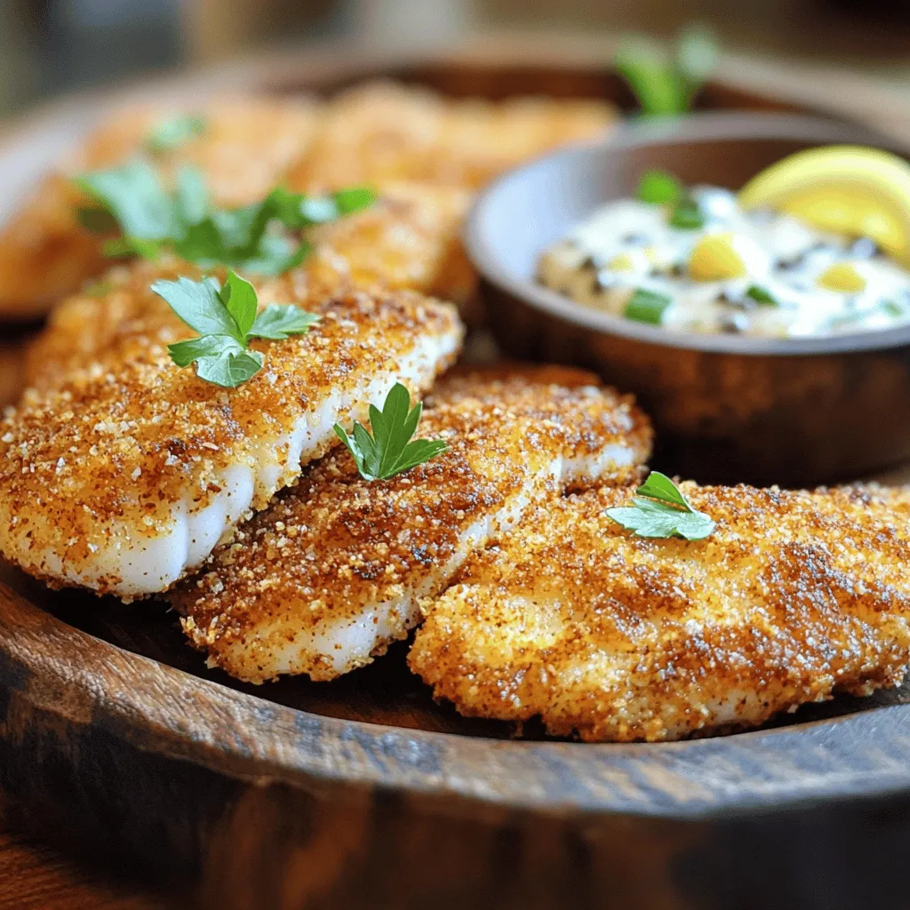 Um Cajun Tilapia zuzubereiten, brauchst du folgende Hauptzutaten: - 4 Tilapiafilets - 2 Esslöffel Cajun-Gewürzmischung - 2 Esslöffel Olivenöl - Salz und Pfeffer nach Geschmack - 1 Tasse Semmelbrösel (Panko für extra Knusprigkeit) - Frische Petersilie, gehackt (zum Garnieren) Diese Zutaten sorgen für einen vollen Geschmack und eine tolle Textur. Tilapia ist ein milder Fisch, der gut die Gewürze aufnimmt. Die Cajun-Gewürzmischung bringt eine schöne Schärfe und Tiefe in das Gericht. Die Zitronen-Tartar-Sauce ist einfach und lecker. Hier ist, was du brauchst: - 1/2 Tasse Mayonnaise - 2 Esslöffel eingelegte Gurken, fein gehackt - 1 Esslöffel Kapern, abgespült und gehackt - 1 Esslöffel frischer Zitronensaft - 1 Teelöffel Dijon-Senf - Salz und Pfeffer nach Geschmack Diese Sauce ergänzt den Fisch perfekt. Die frische Zitrone bringt einen tollen Kontrast. Die Gurken und Kapern fügen eine knackige Textur hinzu. Frische Zutaten sind wichtig für den Geschmack. Hier sind einige Tipps: - Wähle Tilapiafilets, die frisch riechen und eine klare Farbe haben. - Achte darauf, dass die Semmelbrösel knusprig und trocken sind. Panko ist eine gute Wahl. - Kaufe frische Zitronen, die schwer und fest sind. Sie haben mehr Saft. - Wähle knackige Gurken und grüne Kapern aus dem Glas oder der Dose. Mit diesen Tipps findest du die besten Zutaten für dein Cajun Tilapia mit Zitronen-Tartar-Sauce. Du kannst das komplette Rezept in der Sektion "Full Recipe" finden. Für die Zitronen-Tartar-Sauce beginne ich mit einer kleinen Schüssel. Ich gebe die Mayonnaise, die gehackten Gurken und die Kapern hinein. Dann füge ich den frischen Zitronensaft und den Dijon-Senf hinzu. Gut umrühren ist wichtig. Das Ganze schmecke ich mit Salz und Pfeffer ab. Ich stelle die Schüssel für mindestens 20 Minuten in den Kühlschrank. So entfalten sich die Aromen gut. Diese Sauce passt perfekt zu meinem Cajun Tilapia. Ich nehme die Tilapiafilets und trocken sie mit Papiertüchern ab. Jedes Filet reibe ich mit Olivenöl ein. Dann bestreue ich die Filets gleichmäßig mit der Cajun-Gewürzmischung. Ich drücke die Gewürze leicht an, damit sie gut haften. Salz und Pfeffer nach Geschmack füge ich ebenfalls hinzu. So wird der Fisch aromatisch und lecker. Auf einem Teller streue ich die Semmelbrösel aus. Jedes gewürzte Filet drücke ich in die Semmelbrösel. Dabei achte ich darauf, dass beide Seiten gut bedeckt sind. In einer großen Pfanne erhitze ich einen Esslöffel Olivenöl bei mittlerer bis hoher Hitze. Sobald das Öl heiß ist, lege ich die panierten Tilapiafilets hinein. Ich brate sie etwa 3-4 Minuten pro Seite. Der Fisch sollte goldbraun und durchgegart sein. Die Innentemperatur muss 63°C erreichen. Nach dem Garen richte ich die Filets auf einer Servierplatte an. Ich beträufle sie mit etwas Olivenöl und garniere sie mit gehackter Petersilie. Dazu serviere ich die kalte Zitronen-Tartar-Sauce. Für das vollständige Rezept schau dir die Full Recipe an. Die Garzeit für Tilapia ist entscheidend. Du solltest die Filets etwa 3-4 Minuten auf jeder Seite braten. Achte darauf, dass das Öl heiß ist, bevor du den Fisch hinzufügst. Die richtige Temperatur für Tilapia beträgt 63°C (145°F). So bleibt der Fisch zart und saftig. Überprüfe die Filets mit einer Gabel. Sie sollten leicht auseinanderfallen. Um die Zitronen-Tartar-Sauce zu verbessern, kannst du verschiedene Zutaten hinzufügen. Ein Spritzer Worcestershire-Sauce bringt Tiefe. Für mehr Frische füge etwas Dill oder Estragon hinzu. Ein Hauch von Honig kann die Säure ausgleichen und die Sauce süßer machen. Experimentiere mit verschiedenen Kräutern. Das macht die Sauce noch interessanter. Die Präsentation ist wichtig. Richte die Tilapiafilets auf einem großen Teller an. Ein paar Tropfen Olivenöl darauf geben Glanz. Streue frisch gehackte Petersilie darüber. Das macht das Gericht lebendig. Du kannst auch Zitronenscheiben danebenlegen. Das sieht nicht nur gut aus, sondern bietet auch einen frischen Geschmack. Die Tartar-Sauce in einer kleinen Schüssel daneben servieren macht es einfach, zu dippen oder zu träufeln. Für die vollständige Anleitung und Zutaten besuche die [Full Recipe]. {{image_4}} Cajun Tilapia ist sehr vielseitig. Sie können verschiedene Gewürze verwenden, um neue Aromen zu entdecken. Zum Beispiel, probieren Sie Paprika für Süße oder Knoblauchpulver für mehr Geschmack. Auch Kreuzkümmel bringt eine warme Note. Experimentieren Sie mit diesen Gewürzen, um Ihr Gericht spannend zu gestalten. Die Zitronen-Tartar-Sauce ist frisch und lecker. Sie können jedoch auch andere Saucen verwenden. Eine einfache Joghurtsauce mit Frischkäse ist leicht und cremig. Ein Avocado-Dip bringt eine tolle Textur und Geschmack. Oder versuchen Sie eine scharfe Salsa, um etwas Würze hinzuzufügen. Diese Alternativen machen Ihr Gericht spannend und neu. Cajun Tilapia passt gut zu vielen Beilagen. Ein einfacher grüner Salat bringt Frische. Gebratene Zucchini oder Paprika geben einen schönen Crunch. Auch Reis oder Quinoa sind gute Optionen, um die Aromen zu ergänzen. Servieren Sie das Gericht mit einer Beilage Ihrer Wahl, um eine vollwertige Mahlzeit zu kreieren. Für das vollständige Rezept schauen Sie sich die Full Recipe an. Wenn du Cajun Tilapia übrig hast, lagere ihn richtig. Lass den Fisch auf Raumtemperatur abkühlen. Wickel die Filets dann in Frischhaltefolie oder lege sie in einen luftdichten Behälter. So bleibt der Fisch frisch und saftig. Du kannst die Reste bis zu drei Tage im Kühlschrank aufbewahren. Vermeide, den Fisch mehrmals aufzuwärmen, da er dann trocken werden kann. Die Zitronen-Tartar-Sauce ist einfach zu lagern. Fülle die Sauce in ein sauberes Glas oder einen luftdichten Behälter. Stelle sicher, dass der Behälter gut verschlossen ist. Im Kühlschrank hält sich die Sauce bis zu einer Woche. Wenn du die Aromen intensivieren möchtest, lasse die Sauce etwas länger im Kühlschrank ruhen, bevor du sie servierst. Wenn du den Cajun Tilapia länger aufbewahren möchtest, kannst du ihn einfrieren. Wickel die Filets fest in Frischhaltefolie ein. Lege sie dann in einen Gefrierbeutel oder einen luftdichten Behälter. So bleibt der Fisch bis zu drei Monate frisch. Um den Fisch aufzutauen, lege ihn über Nacht in den Kühlschrank. So vermeidest du, dass der Fisch matschig wird. Für das vollständige Rezept, besuche die Sektion „Full Recipe“. Cajun-Gewürzmischung ist eine Mischung aus verschiedenen Gewürzen. Sie kommt aus Louisiana. Typische Zutaten sind Paprika, Pfeffer, Knoblauchpulver und Zwiebelpulver. Diese Mischung bringt viel Geschmack und Wärme in deine Gerichte. Du kannst sie in vielen Geschäften kaufen oder selbst machen. Das macht es einfach, die perfekte Balance für dein Cajun Tilapia zu finden. Ja, du kannst gefrorenen Tilapia verwenden. Achte darauf, ihn gut aufzutauen, bevor du ihn zubereitest. Tau das Filet einfach über Nacht im Kühlschrank auf. Du kannst es auch in kaltem Wasser auftauen. So bleibt der Fisch frisch und lecker. Gefrorener Tilapia hat oft die gleiche Qualität wie frischer. Es ist eine praktische Option, wenn du keinen frischen Fisch hast. Die Tartar-Sauce hält sich gut im Kühlschrank. Du kannst sie etwa 3 bis 4 Tage aufbewahren. Achte darauf, sie in einem luftdichten Behälter zu lagern. Vor dem Servieren solltest du die Sauce gut umrühren. Wenn du die Tartar-Sauce länger aufbewahren möchtest, kannst du sie auch einfrieren. So bleibt sie für mehrere Monate frisch und bereit zum Genießen. Für das gesamte Rezept, besuche die [Full Recipe]. Cajun Tilapia ist einfach zuzubereiten und lecker. Die frischen Zutaten sind der Schlüssel zu diesem Gericht. Mit der Zitronen-Tartar-Sauce schmeckt der Fisch großartig. Denken Sie an die Tipps aus dem Blog, um das Gericht perfekt hinzubekommen. Variieren Sie mit Gewürzen und Beilagen für mehr Geschmack. Die richtige Lagerung sorgt dafür, dass alles frisch bleibt. Genießen Sie Ihr selbstgemachtes Gericht und beeindrucken Sie Ihre Gäste!