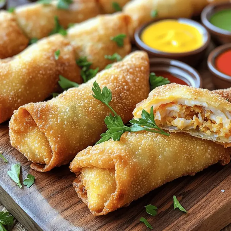 Die Hauptzutaten sind einfach und lecker. Hier ist, was du brauchst: - 450 g Lumpenkrabbenfleisch, gründlich auf Schalenstücke überprüft - 125 g zerdrückte Salzcracker - 60 ml Mayonnaise - 15 ml Dijon-Senf - 15 ml Worcestersauce - 5 g Old Bay-Gewürz - 2 g Knoblauchpulver - 1 g schwarzer Pfeffer - 60 ml Frühlingszwiebeln, fein gehackt - 30 ml frische Petersilie, gehackt - 1 Packung Egg Roll Wrapper (ca. 20 Stück) - Pflanzenöl zum Frittieren Diese Zutaten geben den Egg Rolls ihren besonderen Geschmack. Du kannst das Lumpenkrabbenfleisch im Kühlregal finden. Achte darauf, dass es frisch ist und keine Schalenstücke enthält. Die Salzcracker sorgen für eine knusprige Textur und binden die Füllung. Die richtigen Gewürze machen einen großen Unterschied. Old Bay-Gewürz ist ein Muss. Es bringt die Aromen des Meeres auf den Teller. Auch Dijon-Senf und Worcestersauce geben einen tollen Kick. Knoblauchpulver und schwarzer Pfeffer runden das Ganze ab. Du kannst auch deine Lieblingssauce zum Dippen wählen, wie süße Chilisauce oder Remoulade. Sie passen perfekt zu den knusprigen Egg Rolls. Frische Zutaten machen dein Gericht besser. Achte beim Kauf auf die Farbe und den Geruch. Krabbenfleisch sollte süß und frisch riechen. Die Frühlingszwiebeln sollten grün und knackig sein. Petersilie sollte lebhaft grün aussehen. Wenn du diese Tipps befolgst, wirst du köstliche Egg Rolls zubereiten. Für die vollständige Anleitung schau dir das [Full Recipe](#) an. Beginne mit der Zubereitung der Krabbeneinlage. Nimm eine große Schüssel. Füge das Lumpenkrabbenfleisch hinzu. Überprüfe das Fleisch gründlich auf Schalenstücke. Das ist wichtig für den Geschmack und die Textur. Gib dann die zerdrückten Salzcracker hinzu. Sie sorgen für die perfekte Bindung. Füge die Mayonnaise, den Dijon-Senf und die Worcestersauce hinzu. Diese Zutaten geben Geschmack und Feuchtigkeit. Jetzt sind die Gewürze dran: Old Bay-Gewürz, Knoblauchpulver und schwarzer Pfeffer. Rühre alles vorsichtig um. Achte darauf, dass die Krabbenstücke ganz bleiben. Zum Schluss kommen die Frühlingszwiebeln und die Petersilie dazu. Mische alles gut, aber sanft. Jetzt geht es ans Wickeln. Nimm einen Egg Roll Wrapper und lege ihn auf eine saubere Fläche. Achte darauf, dass eine Ecke zu dir zeigt. Platziere etwa 2-3 Esslöffel der Füllung in der Mitte. Falte die untere Ecke über die Füllung. Klappe dann die seitlichen Ecken zur Mitte. Wickel den Wrapper straff auf. Achte darauf, dass er gut versiegelt ist. Befeuchte die Ränder mit Wasser, wenn nötig. Wiederhole den Vorgang mit den restlichen Wraps und der Füllung. So hast du viele leckere Egg Rolls. Jetzt wird es heiß! Erhitze in einer großen Pfanne oder Fritteuse etwa 5 cm tiefes Pflanzenöl. Die Temperatur sollte 175°C erreichen. Frittieren ist der Schlüssel zur Knusprigkeit! Gib die Egg Rolls in kleinen Portionen ins heiße Öl. Vermeide Überfüllung, damit sie gleichmäßig garen. Brate sie für etwa 3-4 Minuten auf jeder Seite. Sie sollten goldbraun und knusprig sein. Nimm sie mit einem Schaumlöffel heraus. Lass sie auf Papierhandtüchern abtropfen, um überschüssiges Öl zu entfernen. Serviere die Krabbenkuchen-Egg Rolls warm. Sie sind perfekt mit Dips wie süßer Chilisauce oder würziger Remoulade. Beim Frittieren gibt es einige Fehler, die leicht passieren können. Hier sind einige Tipps, um sie zu vermeiden: - Öltemperatur prüfen: Wenn das Öl zu kalt ist, werden die Egg Rolls fettig. Wenn es zu heiß ist, verbrennen sie schnell. - Nicht überfüllen: Frittieren Sie nur ein paar Egg Rolls auf einmal. So bleibt die Temperatur stabil. - Richtige Abtropfung: Lassen Sie die Egg Rolls nach dem Frittieren auf Papiertüchern abtropfen. So entfernen Sie überschüssiges Öl. Variieren Sie die Füllung für Ihren Geschmack. Hier sind einige Ideen: - Käse hinzufügen: Fügen Sie etwas Käse hinzu, um einen cremigen Geschmack zu erzielen. - Gemüse mischen: Fügen Sie fein gehacktes Gemüse wie Paprika oder Karotten hinzu. Das bringt Farbe und Crunch. - Würzige Note: Geben Sie einige Chiliflocken für eine scharfe Variante hinzu. Servieren Sie die Egg Rolls auf eine ansprechende Weise. Hier sind einige Tipps: - Platzierung: Legen Sie die Egg Rolls auf eine große Platte. So sieht es einladend aus. - Dips bereitstellen: Bieten Sie verschiedene Dips an, wie süße Chilisauce oder würzige Remoulade. So kann jeder nach seinem Geschmack wählen. - Dekoration: Garnieren Sie die Platte mit frischer Petersilie oder Limettenscheiben für einen frischen Look. Mit diesen Tipps und Tricks machen Ihre Krabbenkuchen-Egg Rolls immer einen guten Eindruck! {{image_4}} Manchmal möchte ich den Krabbenkuchen-Egg Roll ohne Meeresfrüchte genießen. Eine gute Option ist, die Lumpenkrabben durch gewürfeltes Gemüse zu ersetzen. Du kannst zum Beispiel Zucchini, Paprika und Karotten verwenden. Diese Mischung gibt dir einen frischen und bunten Geschmack. Füge etwas Feta-Käse hinzu, um eine cremige Note zu bekommen. Das macht die Füllung herzhaft und lecker. Du wirst überrascht sein, wie gut das schmeckt! Die Welt der Aromen ist riesig! Du kannst deine Egg Rolls mit asiatischen Einflüssen aufpeppen. Probiere, etwas Ingwer und Sojasauce in die Füllung zu geben. Das bringt einen tollen Geschmack. Du kannst auch Kimchi hinzufügen, um eine pikante Note zu erhalten. Das macht deinen Egg Roll spannend und anders. Wenn du kreative Ideen magst, ist dies der Weg für dich! Die Sauce ist das i-Tüpfelchen für deinen Egg Roll. Ich liebe es, verschiedene Dips auszuprobieren. Eine süße Chilisauce passt perfekt zu den Krabbenkuchen-Egg Rolls. Der süße und scharfe Geschmack ergänzt die Füllung. Du kannst auch eine Erdnusssauce verwenden, die reich und cremig ist. Eine würzige Remoulade ist ebenfalls eine tolle Wahl. Sie bringt einen scharfen Kick und macht die Egg Rolls noch besser. Experimentiere mit verschiedenen Saucen, um deinen eigenen Favoriten zu finden! Du kannst das gesamte Rezept für diese köstlichen Krabbenkuchen-Egg Rolls hier finden: [Full Recipe]. Gekochte Egg Rolls sind am besten, wenn sie frisch sind. Wenn Sie sie aufbewahren möchten, legen Sie sie in einen luftdichten Behälter. Stellen Sie sicher, dass sie vollständig abgekühlt sind, bevor Sie sie lagern. So bleibt ihre Knusprigkeit erhalten. Sie können die Egg Rolls bis zu drei Tage im Kühlschrank aufbewahren. Wenn Sie sie länger halten wollen, frieren Sie sie ein. Rohlinge können Sie ebenfalls gut lagern. Wickeln Sie sie in Frischhaltefolie, um sie vor Luft zu schützen. Sie können sie auch in einem luftdichten Behälter lagern. So bleiben sie bis zu zwei Tage frisch. Für längere Lagerung legen Sie die Rohlinge in den Gefrierschrank. Achten Sie darauf, sie nicht zu stapeln, damit sie nicht zusammenkleben. Um die Egg Rolls wieder aufzuwärmen, verwenden Sie am besten den Ofen. Heizen Sie ihn auf 180°C vor. Legen Sie die Egg Rolls auf ein Backblech und backen Sie sie für etwa 10-15 Minuten. So werden sie wieder knusprig. Alternativ können Sie auch eine Pfanne mit etwas Öl erhitzen. Braten Sie die Egg Rolls kurz auf jeder Seite, bis sie heiß sind. Vermeiden Sie die Mikrowelle, da sie die Egg Rolls weich macht. Krabbenkuchen-Egg Rolls sind im Kühlschrank etwa 3 bis 4 Tage haltbar. Sie sollten in einem luftdichten Behälter aufbewahrt werden. Wenn du sie länger aufbewahren möchtest, friere sie ein. Im Gefrierschrank halten sie bis zu 3 Monate. Achte darauf, sie gut zu verpacken, um Gefrierbrand zu vermeiden. Ja, du kannst die Egg Rolls auch im Ofen zubereiten. Heize den Ofen auf 200°C vor. Lege die Egg Rolls auf ein Backblech und besprühe sie leicht mit Öl. Backe sie 20 bis 25 Minuten lang, bis sie goldbraun sind. Das Backen macht sie weniger fettig, aber sie werden nicht ganz so knusprig wie die frittierten Versionen. Fertige Krabbenkuchen-Egg Rolls findest du oft in asiatischen Lebensmittelläden oder Supermärkten mit einer großen Tiefkühlabteilung. Achte auf Marken, die frische Zutaten verwenden. Du kannst auch lokale Restaurants oder Imbisse fragen, ob sie sie im Angebot haben. Zusammenfassend haben wir die besten Zutaten und Tipps für Krabbenkuchen-Egg Rolls behandelt. Wir besprachen die Hauptzutaten, spezielle Gewürze und wichtige Auswahlkriterien. Außerdem gab es eine Schritt-für-Schritt-Anleitung für die Zubereitung. Fehler beim Frittieren und Variationen hielten wir fest. Die Aufbewahrungsinformationen sorgten für frische Egg Rolls auch später. Experimentiere mit verschiedenen Geschmäckern für dein ideales Gericht und genieße diese Leckerei!