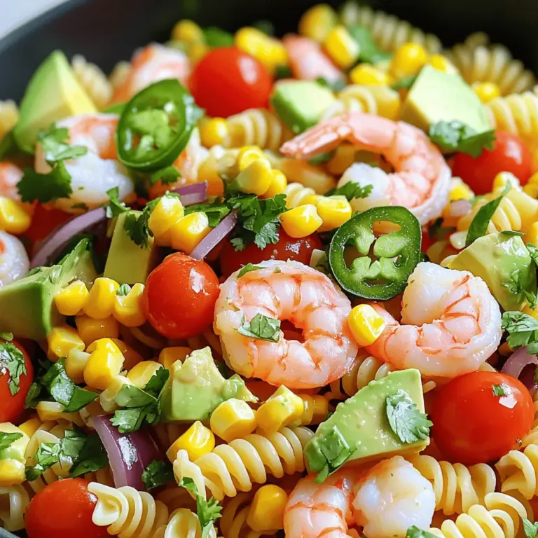 Für diesen Salat brauchst du einige wichtige Zutaten: - 225 g Fusilli oder Rotini Pasta - 450 g Garnelen, geschält und entdarmt - 240 g Kirschtomaten, halbiert - 1 Avocado, gewürfelt - 1/2 Tasse rote Zwiebel, fein gehackt - 1/2 Tasse Süßmais (aus der Dose oder gefroren) - 1/4 Tasse frischer Koriander, gehackt Diese Zutaten machen den Salat frisch und bunt. Die Garnelen bringen einen schönen Meeresgeschmack. Kirschtomaten fügen Süße hinzu, während die Avocado eine cremige Textur bietet. Die richtigen Gewürze lassen deinen Salat lebendig schmecken: - 2 Esslöffel Olivenöl - 2 Esslöffel frischer Zitronensaft - 1 Esslöffel Honig - 1 Teelöffel Knoblauchpulver - Salz und Pfeffer nach Geschmack Das Dressing bringt alle Aromen zusammen. Das Olivenöl sorgt für einen reichen Geschmack. Zitronensaft verleiht Frische. Honig fügt eine süße Note hinzu, die perfekt zu den Garnelen passt. Wenn du mehr Geschmack willst, füge Folgendes hinzu: - In Scheiben geschnittene Jalapeños für Schärfe Diese Zutat kann den Salat aufpeppen. Sie gibt dem Gericht einen aufregenden Kick. Du kannst sie nach Belieben hinzufügen, je nach deinem Geschmack. Für das vollständige Rezept, schau dir den Full Recipe an! Um die Pasta perfekt zu kochen, nimm einen großen Topf. Fülle ihn mit gesalzenem Wasser. Bringe das Wasser zum Kochen. Füge 225 g Fusilli oder Rotini Pasta hinzu. Koche die Pasta laut Anleitung auf der Verpackung al dente. Das dauert meist etwa 8 bis 10 Minuten. Wenn die Pasta fertig ist, gieße sie ab. Spüle sie mit kaltem Wasser ab, damit sie abkühlt. Nimm eine große Pfanne und erhitze 1 Esslöffel Olivenöl bei mittlerer Hitze. Würze 450 g geschälte und entdarmte Garnelen mit Knoblauchpulver, Salz und Pfeffer. Gib die Garnelen in die Pfanne. Brate sie 2 bis 3 Minuten auf jeder Seite. Sie sind fertig, wenn sie rosa und undurchsichtig sind. Nimm die Pfanne vom Herd und lass die Garnelen etwas abkühlen. In einer großen Schüssel vermenge die abgekühlte Pasta mit den gegarten Garnelen. Füge 240 g halbierte Kirschtomaten, 1 gewürfelte Avocado, 1/2 Tasse fein gehackte rote Zwiebel, 1/2 Tasse Süßmais und 1/4 Tasse gehackten frischen Koriander hinzu. In einer kleinen Schüssel vermische das restliche Olivenöl, 2 Esslöffel Zitronensaft, 1 Esslöffel Honig sowie eine Prise Salz und Pfeffer. Gieße das Dressing über die Salatzutaten und vermenge alles gut. Lass den Salat 30 Minuten im Kühlschrank ruhen, damit die Aromen sich entfalten können. Einer der häufigsten Fehler ist, die Pasta zu lange zu kochen. Achte darauf, sie al dente zu garen. So bleibt die Pasta fest und die Textur ist perfekt. Ein weiterer Fehler ist, die Garnelen zu überkochen. Sie sollten nur 2-3 Minuten pro Seite braten. Andernfalls werden sie zäh. Auch das Dressing ist wichtig. Wenn du zu viel oder zu wenig hinzufügst, kann der Salat zu trocken oder zu salzig werden. Um den besten Geschmack zu erzielen, verwende frische Zutaten. Süße Kirschtomaten und reife Avocados machen einen großen Unterschied. Frischer Koriander bringt eine schöne Note. Das richtige Dressing ist auch entscheidend. Mische Olivenöl, Zitronensaft, Honig, Salz und Pfeffer gut. Lasse den Salat vor dem Servieren mindestens 30 Minuten im Kühlschrank. So ziehen die Aromen schön durch. Bereite alles im Voraus vor, um Stress zu vermeiden. Koche die Pasta und die Garnelen am Morgen. Mische die Zutaten kurz vor dem Servieren. So bleibt alles frisch. Serviere den Salat in einer großen Schüssel. Garniere ihn mit zusätzlichem Koriander und Avocadoscheiben. Für einen extra Kick kannst du Jalapeños hinzufügen. Wenn du das Rezept möchtest, schau dir die Full Recipe an. {{image_4}} Du kannst deinem Shrimp Pasta Salad mit vielen Gemüsesorten Leben einhauchen. Einige meiner Favoriten sind: - Paprika, gewürfelt - Gurke, in Scheiben - Zucchini, gerieben - Spinat, frisch Diese Zutaten bringen Farbe und frischen Geschmack. Sie sind auch sehr nahrhaft. Du kannst sie einfach mit den anderen Zutaten vermengen. Das macht deinen Salat noch köstlicher! Wenn du glutenfrei essen möchtest, wähle glutenfreie Pasta. Es gibt viele gute Optionen in den Läden. Für eine vegane Variante kannst du die Garnelen durch Kichererbsen ersetzen. Sie geben einen tollen Biss und sind sehr gesund. Auch die Avocado bleibt, da sie cremig und lecker ist. Möchtest du es scharf? Füge Jalapeños für einen Kick hinzu. Du kannst frische Scheiben verwenden oder die eingelegten. Auch Gewürze sind wichtig. Probiere Paprika, Cayennepfeffer oder sogar Chili-Flocken. Diese Variationen machen deinen Salat spannend und voller Geschmack. Denke daran, dass der Shrimp Pasta Salad sich leicht anpassen lässt. Du kannst die Zutaten nach deinem Geschmack wählen. So wird jede Portion zu einem neuen Erlebnis. Wenn du mehr Ideen benötigst, schau dir das [Full Recipe] an! Bewahre deinen Shrimp Pasta Salad im Kühlschrank auf. Nutze einen luftdichten Behälter. So bleibt der Salat frisch und lecker. Stelle sicher, dass der Salat gut verschlossen ist. Vermeide den Kontakt mit Luft, um die Frische zu bewahren. Der Salat hält sich gut bis zu drei Tage im Kühlschrank. Nach dieser Zeit kann die Qualität nachlassen. Die Garnelen könnten an Geschmack verlieren und die Avocado kann braun werden. Achte darauf, den Salat vor dem Essen zu überprüfen. Es ist am besten, den fertigen Salat nicht einzufrieren. Die Textur leidet, besonders bei Garnelen und Avocado. Du kannst jedoch die gekochte Pasta und die Garnelen getrennt einfrieren. So bleiben sie länger haltbar. Achte darauf, sie gut zu verpacken, um Gefrierbrand zu vermeiden. Wenn du sie wieder aufwärmst, füge frische Zutaten hinzu, um den Geschmack zu verbessern. Um Shrimp Pasta Salad ohne Mayonnaise zu machen, nutze ein einfaches Dressing. Mische Olivenöl, Zitronensaft und Honig. Diese Mischung gibt dem Salat Frische und Geschmack. Du kannst auch Joghurt oder Avocado als cremige Basis verwenden. Diese Zutaten sind leicht und gesund. Sie bringen leckere Aromen in den Salat. Ja, gefrorene Garnelen sind eine gute Wahl! Sie sind praktisch und einfach zu finden. Achte darauf, sie vor der Verwendung aufzutauen. Lasse sie über Nacht im Kühlschrank oder tau sie in kaltem Wasser auf. Dies hilft, die Textur zu erhalten. Koche sie dann wie frische Garnelen. Sie werden trotzdem zart und lecker. Zu Shrimp Pasta Salad passen viele Beilagen. Ein einfacher grüner Salat ergänzt das Gericht. Auch knuspriges Brot oder Baguette sind toll. Du kannst auch gegrilltes Gemüse servieren. Diese Optionen bringen Vielfalt und Geschmack. Sie machen dein Essen noch köstlicher. Dieser Blogbeitrag hat alles abgedeckt, was du für einen leckeren Shrimp Pasta Salad brauchst. Du hast die Hauptzutaten, Gewürze und nützliche Tipps kennengelernt. Außerdem habe ich dir Schritte zur Zubereitung gezeigt und Variationen vorgestellt. Nutze diese Hinweise, um dein Gericht zu perfektionieren. Experimentiere mit neuen Zutaten und finde deinen Geschmack. So wird dein Shrimp Pasta Salad immer zum Highlight!