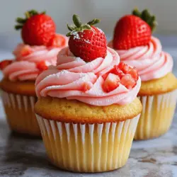 Für diese köstlichen Erdbeer-Muffins benötigen wir einige einfache, frische Zutaten. Hier ist, was du brauchst: - 1 ½ Tassen Weizenmehl - 1 Teelöffel Backpulver - ½ Teelöffel Natron - ¼ Teelöffel Salz - ½ Tasse ungesalzene Butter, weich - 1 Tasse Kristallzucker - 2 große Eier - 2 Teelöffel Vanilleextrakt - ½ Tasse Buttermilch (oder Milch mit ½ Teelöffel Essig) - 1 Tasse frische Erdbeeren, püriert - ½ Tasse frische Erdbeeren, gewürfelt für die Füllung - 1 Teelöffel Zitronensaft Diese Zutaten bilden die Basis für den Teig. Sie sind leicht zu finden und machen die Muffins saftig und lecker. Das Frosting ist das Sahnehäubchen auf deinem Muffin. Hier sind die Zutaten, die du dafür benötigst: - 1 Tasse ungesalzene Butter, weich - 4 Tassen Puderzucker - 2 Esslöffel Sahne (oder Milch) - 1 Teelöffel Vanilleextrakt - 1 Tasse frische Erdbeeren, püriert Das Frosting bringt einen tollen Erdbeer-Geschmack. Du kannst die Süße nach deinem Geschmack anpassen. Frische Erdbeeren sind der Schlüssel zu diesen Muffins. Hier sind einige Tipps, um die besten Erdbeeren auszuwählen: - Suche nach glänzenden, roten Erdbeeren ohne braune Flecken. - Die Erdbeeren sollten fest, aber leicht nachgiebig sein. - Achte darauf, dass die grünen Blätter frisch und grün sind. - Kaufe Erdbeeren, die in der Saison sind, um den besten Geschmack zu bekommen. Frische Erdbeeren machen einen großen Unterschied. Sie sorgen für den besten Geschmack und die beste Textur in den Muffins. Wenn du mehr wissen möchtest, schau dir das vollständige Rezept an. Zuerst heize deinen Ofen auf 175°C vor. Nimm ein Muffinblech und lege es mit Muffinförmchen aus. Diese Förmchen helfen, die Muffins leicht herauszunehmen. Als Nächstes wiege und messe die Zutaten ab. Das macht das Backen einfacher und schneller. Du benötigst Weizenmehl, Backpulver, Natron, Salz, Butter, Zucker, Eier, Vanilleextrakt, Buttermilch und frische Erdbeeren. In einer großen Schüssel mische das Weizenmehl, Backpulver, Natron und Salz gut. Beiseitelegen. In einer anderen Schüssel schlage die weiche Butter mit dem Zucker cremig. Das dauert etwa 2-3 Minuten. Füge dann die Eier einzeln hinzu und rühre gut. Gib jetzt den Vanilleextrakt und die Buttermilch hinzu. Abwechselnd gib die trockenen Zutaten und die Buttermilch dazu. Rühre nur, bis alles vermischt ist. Jetzt kommen die pürierten Erdbeeren und der Zitronensaft dazu. Mische sie vorsichtig unter den Teig. Fülle jede Muffinform etwa zu zwei Dritteln mit dem Teig. Lege einen Esslöffel gewürfelte Erdbeeren in die Mitte und decke sie mit mehr Teig ab. Backe die Muffins 18-20 Minuten im Ofen. Ein Zahnstocher sollte sauber herauskommen, wenn du ihn in die Mitte stichst. Lass die Muffins 5 Minuten im Blech abkühlen, bevor du sie auf ein Kuchengitter legst. So werden sie schön locker. Wenn sie abgekühlt sind, kannst du mit dem Frosting beginnen. Das Frosting ist einfach lecker und macht die Muffins perfekt. Du findest das vollständige Rezept in der Sektion "Zutaten". Um den perfekten Teig für Ihre Erdbeer-Muffins zu erzielen, beachten Sie folgende Punkte: - Verwenden Sie Raumtemperatur-Butter. Dies hilft, eine luftige Textur zu erreichen. - Messen Sie das Mehl genau. Zu viel Mehl macht die Muffins trocken. - Rühren Sie den Teig nur, bis die Zutaten vermischt sind. Zu langes Rühren kann die Muffins hart machen. - Fügen Sie die pürierten Erdbeeren am Ende hinzu. So bleibt die Frucht frisch im Teig. Die Menge an Zucker beeinflusst den Geschmack der Muffins stark. Hier sind einige Tipps: - Beginnen Sie mit einer Tasse Zucker. Das ist süß, aber nicht übertrieben. - Wenn Sie es weniger süß mögen, reduzieren Sie die Zuckermenge auf ¾ Tasse. - Frische Erdbeeren sind auch süß. Die Mischung aus Zucker und Erdbeeren sorgt für ein tolles Aroma. - Denken Sie daran, dass das Frosting auch süß ist. Passen Sie die Zuckermenge im Teig an. Die richtige Kühlung und das Servieren sind wichtig für den Genuss: - Lassen Sie die Muffins nach dem Backen auf einem Gitter abkühlen. So bleiben sie fluffig. - Servieren Sie die Muffins am besten bei Raumtemperatur. So kommt der Erdbeergeschmack gut zur Geltung. - Für einen extra Kick, fügen Sie frische Erdbeeren oder etwas Sahne als Topping hinzu. - Lagern Sie die Muffins in einem luftdichten Behälter. So bleiben sie frisch und lecker. - Für eine besondere Note können Sie die Muffins leicht erhitzen, bevor Sie sie servieren. Für das vollständige Rezept schauen Sie bitte [Full Recipe] nach. {{image_4}} Diese Muffins sind eine köstliche Mischung aus Erdbeeren und Bananen. Der süße Geschmack der Banane passt perfekt zu den frischen Erdbeeren. Um diese Variation zu machen, pürieren Sie eine reife Banane und fügen Sie sie zum Teig hinzu. Reduzieren Sie dann etwas die Menge an Zucker, da die Banane süß ist. Sie können auch einige Bananenscheiben in die Muffins legen, bevor Sie sie backen. So haben Sie einen tollen Fruchtmix! Wenn Sie eine vegane Variante möchten, ist das einfach! Ersetzen Sie die Eier durch Leinsamen. Mischen Sie einen Esslöffel gemahlene Leinsamen mit drei Esslöffeln Wasser. Lassen Sie es kurz quellen, bis es gelartig wird. Verwenden Sie dann pflanzliche Butter oder Kokosöl anstelle von normaler Butter. Für die Buttermilch können Sie Sojamilch oder Mandelmilch mit einem Esslöffel Essig mischen. So bleibt die Textur schön und saftig. Das Frosting ist der Höhepunkt der Muffins! Sie können verschiedene Geschmäcker ausprobieren. Fügen Sie zum Beispiel etwas Kakao hinzu, um ein schokoladiges Frosting zu machen. Oder verwenden Sie einen Spritzer Zitronensaft für einen frischen Geschmack. Wenn Sie es einfacher mögen, verwenden Sie einfach Puderzucker und pflanzliche Butter für ein schnelles Frosting. Es ist immer Spaß, kreativ zu sein und neue Kombinationen zu finden! Für das Original-Rezept, schauen Sie sich die vollständige Anleitung an. Um die Frische Ihrer Erdbeer-Muffins zu bewahren, lassen Sie sie zuerst abkühlen. Legen Sie die Muffins dann in einen luftdichten Behälter. So bleibt die Feuchtigkeit erhalten. Wenn Sie keine Behälter haben, nutzen Sie Frischhaltefolie. Wickeln Sie die Muffins gut ein, um sie vor Luft zu schützen. Lagern Sie sie an einem kühlen, trockenen Ort. Vermeiden Sie direkte Sonneneinstrahlung. Im Kühlschrank halten die Muffins etwa eine Woche. Legen Sie sie in einen verschlossenen Behälter, um Geschmack und Textur zu bewahren. Wenn Sie sie länger aufbewahren möchten, frieren Sie die Muffins ein. Verpacken Sie sie in Frischhaltefolie und dann in einen Gefrierbeutel. So bleiben sie bis zu drei Monate frisch. Beschriften Sie die Beutel mit dem Datum, damit Sie wissen, wann Sie sie eingefroren haben. Um die Muffins wieder aufzuwärmen, nehmen Sie sie aus dem Kühlschrank oder Gefrierschrank. Wenn sie gefroren sind, lassen Sie sie zuerst im Kühlschrank auftauen. Erwärmen Sie die Muffins dann im Ofen bei 150°C für etwa 10 Minuten. Alternativ können Sie die Mikrowelle verwenden. Erwärmen Sie sie für 10-15 Sekunden, je nach Größe. So bleiben sie weich und lecker. Für ein extra Geschmackserlebnis, fügen Sie vor dem Erwärmen etwas Butter hinzu. Die Vorbereitung der Erdbeer-Glücksmuffins dauert etwa 20 Minuten. Dies umfasst das Mischen der Zutaten und das Füllen der Muffinförmchen. Das Backen nimmt dann 18 bis 20 Minuten in Anspruch. Insgesamt solltest du also etwa eine Stunde für das gesamte Rezept einplanen. Diese Zeit ist perfekt, wenn du schnell etwas Leckeres für deine Familie oder Freunde zaubern möchtest. Ja, du kannst gefrorene Erdbeeren verwenden. Achte darauf, sie vorher aufzutauen und gut abzutropfen. So vermeidest du, dass der Teig zu feucht wird. Gefrorene Erdbeeren sind eine gute Option, wenn frische nicht verfügbar sind. Der Geschmack wird zwar etwas anders sein, aber die Muffins bleiben trotzdem lecker und saftig. Um das Frosting einfacher zu machen, kannst du die Menge der Zutaten reduzieren. Statt 4 Tassen Puderzucker, verwende 2 Tassen. Füge einfach mehr Butter und ein wenig Sahne hinzu, um die gewünschte Konsistenz zu erreichen. Du kannst auch fertiges Frosting aus dem Supermarkt verwenden, um Zeit zu sparen. So wird das Dekorieren der Muffins noch schneller und einfacher. Für mehr Tipps und das vollständige Rezept schaue dir [Full Recipe] an. Erdbeer-Glücksmuffins sind einfach und lecker. Wir haben die besten Zutaten und Variationen durchgenommen. Du hast Tipps für den perfekten Teig und die richtigen Erdbeeren gelernt. Lagerratschläge zeigen dir, wie du die Muffins frisch hältst. Probiere verschiedene Frostings und Varianten aus. Genieße jeden Bissen und teile deine Kreationen mit Freunden. Kochen macht Spaß, und diese Muffins sind ein Hit!