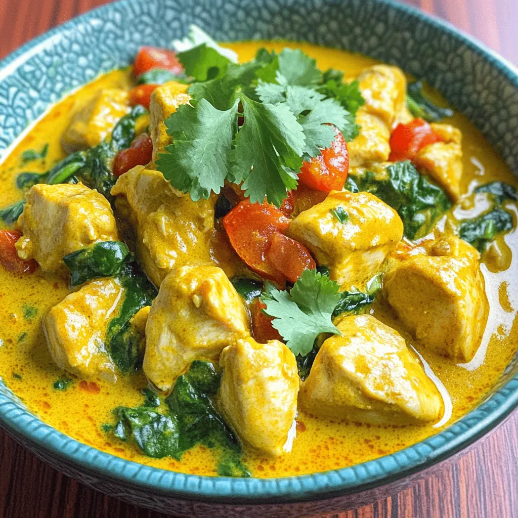 Für dieses einfache Hähnchen-Curry brauchst du: - 450 g Hühnerbrust, in mundgerechte Stücke geschnitten - 1 Esslöffel Kokosnussöl - 1 mittelgroße Zwiebel, fein gehackt - 3 Knoblauchzehen, gehackt - 1 Stück Ingwer (ca. 2,5 cm), gerieben - 1 Esslöffel Currypulver - 1 Teelöffel Kurkumapulver - 1 Teelöffel Garam Masala - 1 Dose (400 ml) Kokosnussmilch - 1 Tasse gewürfelte Tomaten (aus der Dose oder frisch) - 1 Tasse Spinat, grob gehackt - Salz und Pfeffer nach Geschmack - Frischer Koriander zum Garnieren Frische Zutaten bieten oft einen besseren Geschmack. Zum Beispiel schmeckt frische Zwiebel viel lebendiger. Frische Tomaten sind saftiger und süßer. Aber Dosen-Zutaten sind praktisch. Sie sparen Zeit und sind oft günstiger. Die Kokosnussmilch aus der Dose hat immer die richtige Konsistenz. Verwende, was dir am besten passt. Du kannst das Rezept anpassen! Wenn du kein Huhn magst, nimm Tofu oder Kichererbsen. Sie sind gute Proteinquellen. Für eine schärfere Note füge frische Chili hinzu. Wenn du Gemüse magst, probiere Paprika oder Karotten. Du kannst auch andere Gewürze verwenden, wie Kreuzkümmel oder Paprika. Wenn du mehr Farbe willst, füge Erbsen hinzu. Die Möglichkeiten sind endlos! Experimentiere und finde deinen perfekten Geschmack. Wenn du mehr Details möchtest, schau dir das Full Recipe an. Beginnen Sie mit der Vorbereitung der Zutaten. Nehmen Sie 450 g Hühnerbrust und schneiden Sie sie in mundgerechte Stücke. Dann hacken Sie eine mittelgroße Zwiebel fein. Hacken Sie auch drei Knoblauchzehen und reiben Sie ein Stück Ingwer, etwa 2,5 cm groß. Diese frischen Zutaten geben dem Curry viel Geschmack. Halten Sie auch die Gewürze bereit: einen Esslöffel Currypulver, einen Teelöffel Kurkumapulver und einen Teelöffel Garam Masala. Bereiten Sie eine Dose Kokosnussmilch und eine Tasse gewürfelte Tomaten vor. Schließlich nehmen Sie eine Tasse grob gehackten Spinat. 1. Erhitzen Sie in einer großen Pfanne einen Esslöffel Kokosnussöl bei mittlerer Hitze. 2. Geben Sie die Zwiebel in die Pfanne und dünsten Sie sie, bis sie glasig ist. Das dauert etwa 5 Minuten. 3. Fügen Sie den gehackten Knoblauch und den geriebenen Ingwer hinzu. Braten Sie alles für 1-2 Minuten an, bis es aromatisch riecht. 4. Streuen Sie das Currypulver, Kurkumapulver, und Garam Masala über die Zwiebeln. Rühren Sie gut um und lassen Sie es eine weitere Minute kochen. 5. Geben Sie die Hühnerstücke in die Pfanne und würzen Sie sie mit Salz und Pfeffer. Braten Sie das Hähnchen etwa 5-7 Minuten an, bis es von allen Seiten goldbraun ist. 6. Gießen Sie die Kokosnussmilch und die gewürfelten Tomaten in die Pfanne. Rühren Sie alles gut um und lassen Sie die Mischung sanft köcheln. 7. Lassen Sie das Curry unbedeckt für 15-20 Minuten köcheln. Prüfen Sie, ob das Hähnchen durchgegart ist und die Sauce leicht eingedickt ist. 8. Fügen Sie den gehackten Spinat hinzu und kochen Sie ihn für weitere 3-4 Minuten, bis er zusammengefallen ist. 9. Probieren Sie das Curry und passen Sie die Gewürze nach Ihrem Geschmack an. 10. Servieren Sie das Gericht heiß und garnieren Sie es mit frischem Koriander. Um sicherzustellen, dass das Hähnchen gut durchgegart ist, schneiden Sie ein Stück auf. Das Fleisch sollte innen nicht mehr rosa sein. Eine andere Methode ist die Verwendung eines Fleischthermometers. Die Innentemperatur sollte mindestens 75 Grad Celsius betragen. Wenn das Hähnchen so aussieht und sich anfühlt, ist es perfekt! Fühlen Sie sich frei, die Zubereitung nach Ihrem Geschmack anzupassen. Für genauere Details schauen Sie sich das Full Recipe an. Der Schlüssel zu einem großartigen Hähnchen-Curry liegt in den Gewürzen. Beginne mit frischen Gewürzen, wenn möglich. Verwende Currypulver, Kurkuma und Garam Masala. Diese geben deinem Gericht Tiefe und Geschmack. Ich empfehle, die Gewürze leicht anzurösten, bevor du sie hinzufügst. So entfalten sie ihr volles Aroma. Achte darauf, die Gewürze gleichmäßig über das Hähnchen zu verteilen. Das sorgt für einen tollen Geschmack in jedem Bissen. Ein häufiger Fehler ist, das Hähnchen nicht richtig anzubraten. Brate es in einer heißen Pfanne an, bis es goldbraun ist. So bleibt das Fleisch saftig. Ein weiterer Fehler ist, die Kochzeit nicht zu beachten. Achte darauf, dass das Hähnchen vollständig durchgegart ist. Verwende ein Fleischthermometer, um sicherzustellen, dass die Innentemperatur 75 °C erreicht. Das hilft, gesundheitliche Risiken zu vermeiden. Effizientes Kochen spart Zeit und Nerven. Bereite alle Zutaten vor, bevor du mit dem Kochen beginnst. Schneide das Hähnchen und das Gemüse frühzeitig. Das macht den Kochprozess flüssiger. Während das Curry köchelt, kannst du den Tisch decken oder Reis kochen. Plane etwa 35 Minuten für das gesamte Gericht ein. So hast du genug Zeit für alles. Für das vollständige Rezept schaue dir die [Full Recipe] an. {{image_4}} Wenn du eine vegetarische oder vegane Option suchst, ersetze das Hähnchen durch Kichererbsen oder Tofu. Beides nimmt die Aromen gut auf. Kichererbsen sind einfach zu verwenden. Du kannst sie abtropfen und direkt in das Curry geben. Tofu solltest du vorher anbraten. So wird er schön knusprig. Dies gibt deinem Gericht mehr Textur und Geschmack. Das Tolle an Curry ist die Vielseitigkeit der Gewürze. Du kannst verschiedene Gewürze verwenden, um neue Geschmäcker zu entdecken. Probiere zum Beispiel Kreuzkümmel oder Zimt für eine süßere Note. Füge auch etwas Chili hinzu, wenn du es schärfer magst. Jedes Gewürz bringt seinen eigenen Charakter in das Gericht. Experimentiere und finde deine Lieblingskombination. Du kannst auch Gemüse hinzufügen, um dein Curry bunter und nahrhafter zu machen. Brokkoli, Karotten oder Paprika passen gut. Schneide sie klein und füge sie mit den Tomaten hinzu. So garen sie gleichmäßig und nehmen die Gewürze auf. Auch Erbsen oder Zucchini sind köstliche Ergänzungen. Sie sorgen für mehr Farbe und Vitamine. Mit diesen Variationen wird dein einfaches Hähnchen-Curry noch spannender und schmackhafter. Für das vollständige Rezept schau dir das [Full Recipe] an. Um dein einfaches Hähnchen-Curry frisch zu halten, kühle die Reste schnell. Lass das Curry zuerst auf Raumtemperatur abkühlen. Fülle dann das Curry in einen luftdichten Behälter. So bleibt der Geschmack erhalten. Du kannst das Curry bis zu drei Tage im Kühlschrank lagern. Wenn du es länger aufbewahren möchtest, friere es ein. Achte darauf, es in einem gefrierfesten Behälter zu lagern. So bleibt es bis zu drei Monate frisch. Die richtige Lagerung ist wichtig, um den vollen Geschmack zu behalten. Verwende beim Kühlen einen Behälter mit einem engen Deckel. Das schützt vor Luft und Feuchtigkeit. Wenn du das Curry einfrierst, beschrifte den Behälter mit Datum. So weißt du, wann du es gemacht hast. Achte darauf, dass es nicht zu lange im Gefrierfach bleibt. Zu viel Zeit kann den Geschmack beeinträchtigen. Beim Wiedererwärmen ist es wichtig, das Curry gleichmäßig zu erhitzen. Du kannst es in der Mikrowelle oder auf dem Herd erwärmen. Wenn du die Mikrowelle benutzt, decke den Behälter ab. Das hält die Feuchtigkeit im Curry. Stelle die Mikrowelle auf mittlere Leistung ein und erwärme es in kurzen Intervallen. Wenn du den Herd verwendest, erhitze das Curry bei schwacher Hitze. Rühre gelegentlich um, damit es nicht anbrennt. Füge bei Bedarf etwas Wasser oder Kokosmilch hinzu, um die Konsistenz zu verbessern. Für die vollständige Anleitung und weitere Tipps, sieh dir das [Full Recipe] an. Das Curry hält sich gut im Kühlschrank. Du kannst es bis zu drei Tage aufbewahren. Stelle sicher, dass du es in einem luftdichten Behälter lagerst. Um den besten Geschmack zu erhalten, wärme es vor dem Servieren gut auf. Wenn du es länger aufbewahren möchtest, friere es ein. So bleibt es bis zu drei Monate frisch. Ja, gefrorenes Hähnchen ist eine tolle Option. Du kannst es direkt in das Curry geben, wenn du es kochst. Achte darauf, die Garzeit zu verlängern. Das Hähnchen sollte gut durchgegart sein, bevor du es servierst. Auftauen im Kühlschrank ist auch eine gute Idee, wenn du Zeit hast. Die besten Gewürze für Curry kommen oft aus Indien und Südostasien. Diese Regionen haben eine lange Tradition im Gewürzhandel. Du kannst frische Gewürze in lokalen Märkten oder online kaufen. Achte darauf, hochwertige Gewürze zu wählen. Frische Gewürze geben deinem Curry einen intensiven Geschmack. Experimentiere mit verschiedenen Marken und Sorten, um deine Favoriten zu finden. Für das vollständige Rezept, schau dir das Herzhaftes Kokosnuss-Hühnchen-Curry an! In diesem Artikel habe ich die besten Zutaten für dein Curry vorgestellt. Du hast gelernt, wie frische und Dosen-Zutaten sich unterscheiden. Die Schritt-für-Schritt-Anleitung macht das Kochen leichter. Mit Tipps und Tricks vermeidest du Fehler und würzt perfekt. Ich habe auch viele Variationen und Aufbewahrungshinweise geteilt. Jetzt kannst du dein Curry nach deinen Wünschen anpassen. Kochen macht Spaß, und du kannst kreativ werden. Viel Freude beim Experimentieren und Genießen deines selbstgemachten Currys!