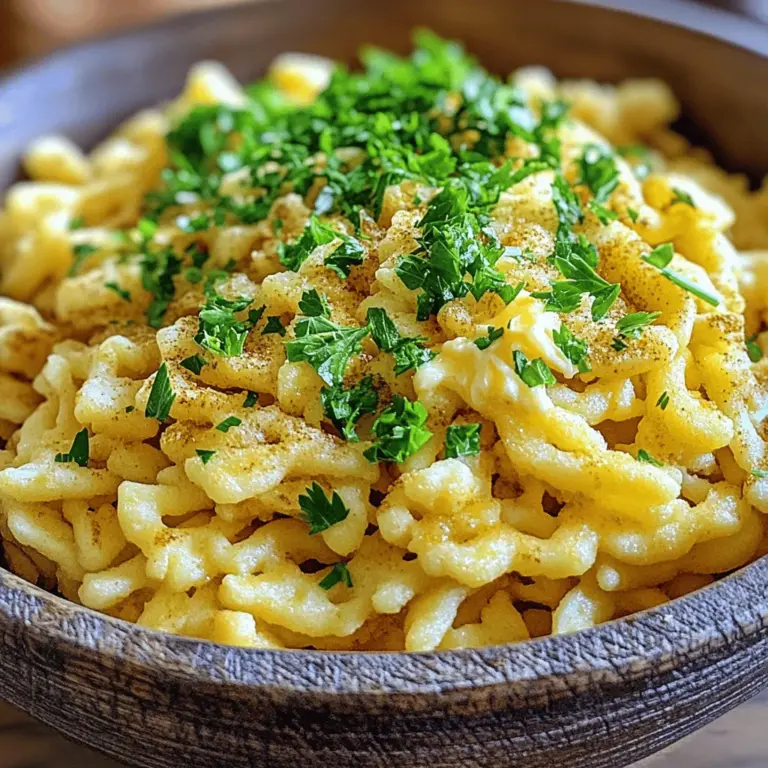 - 2 Tassen Weizenmehl - 1 Teelöffel Salz - 1/2 Teelöffel gemahlene Muskatnuss - 3 große Eier - 1/2 Tasse Milch Die Hauptzutaten für Spätzle sind einfach und leicht zu finden. Weizenmehl bildet die Basis. Salz gibt Geschmack. Die Muskatnuss sorgt für eine besondere Note. Eier machen den Teig geschmeidig. Milch hilft, die richtige Konsistenz zu erreichen. - 2 Esslöffel Butter - Frische Petersilie, gehackt (zum Garnieren) - Optional: Geriebener Käse (z.B. Emmentaler oder Gruyère) Zusätzliche Zutaten machen die Spätzle noch köstlicher. Butter verleiht einen reichen Geschmack. Petersilie bringt Farbe und Frische. Käse ist eine tolle Option für mehr Geschmack. Ich empfehle, den Käse über die Spätzle zu streuen, wenn Sie ihn mögen. Für das vollständige Rezept schauen Sie sich die Anleitung für die Zubereitung an. - Trockene Zutaten vermengen Ich beginne mit der großen Rührschüssel. Dort gebe ich 2 Tassen Weizenmehl, 1 Teelöffel Salz und 1/2 Teelöffel gemahlene Muskatnuss. Ich rühre die trockenen Zutaten gut durch, damit sie gleichmäßig verteilt sind. - Eier und Milch kombinieren In einer anderen Schüssel schlage ich 3 große Eier auf. Dann füge ich 1/2 Tasse Milch hinzu und vermische alles gut. Diese Mischung wird die Flüssigkeit für den Teig sein. - Teig mischen und anpassen Jetzt gieße ich die Eier-Milch-Mischung langsam in die trockenen Zutaten. Ich rühre mit einem Löffel, bis ein dicker, klebriger Teig entsteht. Falls der Teig zu fest ist, füge ich etwas mehr Milch hinzu. Ist er zu flüssig, gebe ich mehr Mehl dazu. - Wasser zum Kochen bringen Während ich den Teig zubereite, bringe ich in einem großen Topf Wasser zum Kochen. Ich achte darauf, dass das Wasser gut gesalzen ist. Das hilft den Spätzle, ihren Geschmack zu entfalten. - Teig durch das Sieb drücken Wenn das Wasser kocht, drücke ich den Teig durch ein Spätzle-Sieb oder ein Sieb mit breiten Löchern. Ich benutze einen Spatel, um den Teig gleichmäßig durchzudrücken. So entstehen die typischen kleinen Spätzle. - Garzeit und Erkennung Ich warte, bis die Spätzle an die Oberfläche steigen. Das dauert etwa 2-3 Minuten. Sobald sie schwimmen, nehme ich die Spätzle mit einer Schaumkelle heraus und lege sie in eine Schüssel. - Butter in der Pfanne schmelzen In einer Pfanne schmelze ich 2 Esslöffel Butter bei mittlerer Hitze. Die Butter gibt den Spätzle einen tollen Geschmack und hilft beim Anbraten. - Gekochte Spätzle anbraten Ich gebe die gekochten Spätzle in die Pfanne. Ich brate sie einige Minuten an, bis sie leicht gebräunt und knusprig sind. Das macht sie besonders lecker. - Servieroptionen Ich serviere die Spätzle warm. Ich garniere sie mit frischer, gehackter Petersilie. Man kann auch geriebenen Käse, wie Emmentaler oder Gruyère, darüber streuen, um einen zusätzlichen Geschmack zu bekommen. Für das gesamte Rezept, schaue auf die [Full Recipe]. Die richtige Konsistenz macht die Spätzle besonders. Der Teig sollte dick und klebrig sein. Wenn der Teig zu fest ist, füge etwas mehr Milch hinzu. Ist er zu flüssig, gib mehr Mehl dazu. Du kannst den Teig leicht mit einem Löffel testen. Er sollte schwer vom Löffel fallen, aber nicht zu flüssig sein. Wenn die Spätzle nicht schwimmen, könnte das Wasser nicht heiß genug sein. Stelle sicher, dass dein Wasser stark kocht, bevor du den Teig hinzufügst. Wenn du den Teig ins Wasser gibst, rühre leicht um, damit die Spätzle nicht zusammenkleben. Achte darauf, die Hitze nicht zu reduzieren, während du die Spätzle kochst. Sie sollten nach 2-3 Minuten an die Oberfläche steigen. Das Anrichten macht das Essen besonders. Frische Kräuter wie Petersilie sind großartig zum Garnieren. Du kannst auch Käse darüber streuen, zum Beispiel Emmentaler oder Gruyère. Diese Käsearten schmelzen gut und geben den Spätzle einen tollen Geschmack. Serviere die Spätzle einfach mit etwas Butter oder in einer herzhaften Soße. Entdecke das volle Rezept für eine noch bessere Anleitung! {{image_4}} Käsespätzle sind ein beliebtes Gericht in Deutschland. Sie sind einfach und lecker. Um Käsespätzle zuzubereiten, ändern wir das Grundrezept leicht. Füge einfach nach dem Kochen Käse hinzu. - Rezeptanpassungen für Käsespätzle: Nach dem Anbraten der Spätzle, streue geriebenen Käse darüber. Rühre gut um, bis der Käse schmilzt. - Beliebte Käsesorten: Emmentaler und Gruyère sind die besten Optionen. Diese Käsesorten schmelzen gut und geben viel Geschmack. Vegane Spätzle sind für alle, die tierische Produkte meiden. Sie sind einfach herzustellen und sehr schmackhaft. - Ersatz für Eier und Milch: Verwende Pflanzenmilch und gemahlene Leinsamen. Zwei Esslöffel Leinsamen mit sechs Esslöffeln Wasser vermischen. Lass es einige Minuten quellen. - Tipps zur Textur: Der Teig sollte klebrig und dick sein. Wenn er zu trocken ist, füge mehr Pflanzenmilch hinzu. Gewürzte Spätzle bringen neuen Geschmack. Du kannst verschiedene Aromen ausprobieren. - Zusätzliche Gewürze und Aromen: Füge Knoblauchpulver oder Paprika hinzu. Diese Gewürze geben den Spätzle eine interessante Note. - Regionale Variationen: In manchen Regionen kommen Kräuter wie Schnittlauch oder Thymian dazu. Diese Kräuter machen die Spätzle besonders frisch und aromatisch. Nach dem Kochen solltest du die Spätzle schnell kühlen. Lege sie auf einen Teller oder in eine flache Schüssel. So bleibt die Form gut. Stelle sie dann in den Kühlschrank. Frische Spätzle halten sich dort bis zu drei Tage. Du kannst sie einfach in einer Pfanne mit etwas Butter wieder aufwärmen. Sie sind ideal als Beilage oder Hauptgericht. Wenn du eine größere Menge gemacht hast, friere sie ein. Lege die Spätzle in eine einzelne Schicht auf ein Backblech. So kleben sie nicht zusammen. Nach ein paar Stunden kannst du sie in einen Gefrierbeutel umfüllen. So sparst du Platz. Gefrorene Spätzle halten sich bis zu drei Monate. Um gefrorene Spätzle aufzuwärmen, koche sie einfach in gesalzenem Wasser. Sie sind in etwa drei Minuten fertig. Du kannst sie auch direkt in der Pfanne anbraten. So werden sie schön knusprig. Für eine schnelle Mahlzeit sind sie perfekt. Probiere die Spätzle mit verschiedenen Saucen oder Käse. Die Zubereitung von Spätzle dauert etwa 25 Minuten. Davon sind 15 Minuten für die Vorbereitung. Die Garzeit beträgt 2 bis 3 Minuten. In dieser Zeit schwimmen die Spätzle an die Oberfläche. Das ist ein gutes Zeichen, dass sie fertig sind. Ja, du kannst Spätzle im Voraus machen. Koche sie einfach und lass sie abkühlen. Danach kannst du sie in einem Behälter im Kühlschrank lagern. Sie bleiben etwa drei Tage frisch. Vor dem Servieren kannst du sie einfach aufwärmen. Brate sie in etwas Butter, um sie knusprig zu machen. Spätzle passen gut zu vielen Beilagen. Traditionell servierst du sie mit Rindergulasch oder Pilzsoße. Für eine moderne Note probiere sie mit gebratenem Gemüse oder einem Salat. Auch eine Käsesoße macht Spätzle noch leckerer. Das Rezept für Spätzle kommt aus Deutschland, besonders aus Schwaben. Diese Knödel sind Teil der deutschen Küche seit Jahrhunderten. Spätzle sind einfach und sättigend. Sie zeigen, wie viel Freude das Kochen bringen kann. Um die besten Spätzle zu machen, achte auf die Teigkonsistenz. Der Teig sollte dick und klebrig sein. Wenn er zu flüssig ist, füge mehr Mehl hinzu. Achte darauf, das Wasser gut zu salzen. Das gibt den Spätzlen mehr Geschmack. Ein häufiger Fehler ist, die Spätzle zu lange zu kochen. Halte ein Auge darauf, damit sie perfekt bleiben. Für die besten Ergebnisse folge dem [Full Recipe]. Spätzle sind einfach zuzubereiten und sehr lecker. Wir haben die Zutaten, die Schritte und viele Tipps besprochen. von der richtigen Teigkonsistenz bis zur idealen Lagerung. Denk daran, du kannst die Rezepte variieren. Käsespätzle oder vegane Optionen bringen neuen Geschmack. Mit diesen Ideen gelingt es dir bestimmt, köstliche Spätzle zu machen. Probiere es aus und erlebe, wie vielseitig dieses Gericht ist!