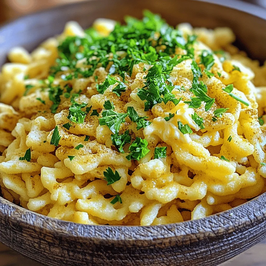 - 2 Tassen Weizenmehl - 1 Teelöffel Salz - 1/2 Teelöffel gemahlene Muskatnuss - 3 große Eier - 1/2 Tasse Milch Die Hauptzutaten für Spätzle sind einfach und leicht zu finden. Weizenmehl bildet die Basis. Salz gibt Geschmack. Die Muskatnuss sorgt für eine besondere Note. Eier machen den Teig geschmeidig. Milch hilft, die richtige Konsistenz zu erreichen. - 2 Esslöffel Butter - Frische Petersilie, gehackt (zum Garnieren) - Optional: Geriebener Käse (z.B. Emmentaler oder Gruyère) Zusätzliche Zutaten machen die Spätzle noch köstlicher. Butter verleiht einen reichen Geschmack. Petersilie bringt Farbe und Frische. Käse ist eine tolle Option für mehr Geschmack. Ich empfehle, den Käse über die Spätzle zu streuen, wenn Sie ihn mögen. Für das vollständige Rezept schauen Sie sich die Anleitung für die Zubereitung an. - Trockene Zutaten vermengen Ich beginne mit der großen Rührschüssel. Dort gebe ich 2 Tassen Weizenmehl, 1 Teelöffel Salz und 1/2 Teelöffel gemahlene Muskatnuss. Ich rühre die trockenen Zutaten gut durch, damit sie gleichmäßig verteilt sind. - Eier und Milch kombinieren In einer anderen Schüssel schlage ich 3 große Eier auf. Dann füge ich 1/2 Tasse Milch hinzu und vermische alles gut. Diese Mischung wird die Flüssigkeit für den Teig sein. - Teig mischen und anpassen Jetzt gieße ich die Eier-Milch-Mischung langsam in die trockenen Zutaten. Ich rühre mit einem Löffel, bis ein dicker, klebriger Teig entsteht. Falls der Teig zu fest ist, füge ich etwas mehr Milch hinzu. Ist er zu flüssig, gebe ich mehr Mehl dazu. - Wasser zum Kochen bringen Während ich den Teig zubereite, bringe ich in einem großen Topf Wasser zum Kochen. Ich achte darauf, dass das Wasser gut gesalzen ist. Das hilft den Spätzle, ihren Geschmack zu entfalten. - Teig durch das Sieb drücken Wenn das Wasser kocht, drücke ich den Teig durch ein Spätzle-Sieb oder ein Sieb mit breiten Löchern. Ich benutze einen Spatel, um den Teig gleichmäßig durchzudrücken. So entstehen die typischen kleinen Spätzle. - Garzeit und Erkennung Ich warte, bis die Spätzle an die Oberfläche steigen. Das dauert etwa 2-3 Minuten. Sobald sie schwimmen, nehme ich die Spätzle mit einer Schaumkelle heraus und lege sie in eine Schüssel. - Butter in der Pfanne schmelzen In einer Pfanne schmelze ich 2 Esslöffel Butter bei mittlerer Hitze. Die Butter gibt den Spätzle einen tollen Geschmack und hilft beim Anbraten. - Gekochte Spätzle anbraten Ich gebe die gekochten Spätzle in die Pfanne. Ich brate sie einige Minuten an, bis sie leicht gebräunt und knusprig sind. Das macht sie besonders lecker. - Servieroptionen Ich serviere die Spätzle warm. Ich garniere sie mit frischer, gehackter Petersilie. Man kann auch geriebenen Käse, wie Emmentaler oder Gruyère, darüber streuen, um einen zusätzlichen Geschmack zu bekommen. Für das gesamte Rezept, schaue auf die [Full Recipe]. Die richtige Konsistenz macht die Spätzle besonders. Der Teig sollte dick und klebrig sein. Wenn der Teig zu fest ist, füge etwas mehr Milch hinzu. Ist er zu flüssig, gib mehr Mehl dazu. Du kannst den Teig leicht mit einem Löffel testen. Er sollte schwer vom Löffel fallen, aber nicht zu flüssig sein. Wenn die Spätzle nicht schwimmen, könnte das Wasser nicht heiß genug sein. Stelle sicher, dass dein Wasser stark kocht, bevor du den Teig hinzufügst. Wenn du den Teig ins Wasser gibst, rühre leicht um, damit die Spätzle nicht zusammenkleben. Achte darauf, die Hitze nicht zu reduzieren, während du die Spätzle kochst. Sie sollten nach 2-3 Minuten an die Oberfläche steigen. Das Anrichten macht das Essen besonders. Frische Kräuter wie Petersilie sind großartig zum Garnieren. Du kannst auch Käse darüber streuen, zum Beispiel Emmentaler oder Gruyère. Diese Käsearten schmelzen gut und geben den Spätzle einen tollen Geschmack. Serviere die Spätzle einfach mit etwas Butter oder in einer herzhaften Soße. Entdecke das volle Rezept für eine noch bessere Anleitung! {{image_4}} Käsespätzle sind ein beliebtes Gericht in Deutschland. Sie sind einfach und lecker. Um Käsespätzle zuzubereiten, ändern wir das Grundrezept leicht. Füge einfach nach dem Kochen Käse hinzu. - Rezeptanpassungen für Käsespätzle: Nach dem Anbraten der Spätzle, streue geriebenen Käse darüber. Rühre gut um, bis der Käse schmilzt. - Beliebte Käsesorten: Emmentaler und Gruyère sind die besten Optionen. Diese Käsesorten schmelzen gut und geben viel Geschmack. Vegane Spätzle sind für alle, die tierische Produkte meiden. Sie sind einfach herzustellen und sehr schmackhaft. - Ersatz für Eier und Milch: Verwende Pflanzenmilch und gemahlene Leinsamen. Zwei Esslöffel Leinsamen mit sechs Esslöffeln Wasser vermischen. Lass es einige Minuten quellen. - Tipps zur Textur: Der Teig sollte klebrig und dick sein. Wenn er zu trocken ist, füge mehr Pflanzenmilch hinzu. Gewürzte Spätzle bringen neuen Geschmack. Du kannst verschiedene Aromen ausprobieren. - Zusätzliche Gewürze und Aromen: Füge Knoblauchpulver oder Paprika hinzu. Diese Gewürze geben den Spätzle eine interessante Note. - Regionale Variationen: In manchen Regionen kommen Kräuter wie Schnittlauch oder Thymian dazu. Diese Kräuter machen die Spätzle besonders frisch und aromatisch. Nach dem Kochen solltest du die Spätzle schnell kühlen. Lege sie auf einen Teller oder in eine flache Schüssel. So bleibt die Form gut. Stelle sie dann in den Kühlschrank. Frische Spätzle halten sich dort bis zu drei Tage. Du kannst sie einfach in einer Pfanne mit etwas Butter wieder aufwärmen. Sie sind ideal als Beilage oder Hauptgericht. Wenn du eine größere Menge gemacht hast, friere sie ein. Lege die Spätzle in eine einzelne Schicht auf ein Backblech. So kleben sie nicht zusammen. Nach ein paar Stunden kannst du sie in einen Gefrierbeutel umfüllen. So sparst du Platz. Gefrorene Spätzle halten sich bis zu drei Monate. Um gefrorene Spätzle aufzuwärmen, koche sie einfach in gesalzenem Wasser. Sie sind in etwa drei Minuten fertig. Du kannst sie auch direkt in der Pfanne anbraten. So werden sie schön knusprig. Für eine schnelle Mahlzeit sind sie perfekt. Probiere die Spätzle mit verschiedenen Saucen oder Käse. Die Zubereitung von Spätzle dauert etwa 25 Minuten. Davon sind 15 Minuten für die Vorbereitung. Die Garzeit beträgt 2 bis 3 Minuten. In dieser Zeit schwimmen die Spätzle an die Oberfläche. Das ist ein gutes Zeichen, dass sie fertig sind. Ja, du kannst Spätzle im Voraus machen. Koche sie einfach und lass sie abkühlen. Danach kannst du sie in einem Behälter im Kühlschrank lagern. Sie bleiben etwa drei Tage frisch. Vor dem Servieren kannst du sie einfach aufwärmen. Brate sie in etwas Butter, um sie knusprig zu machen. Spätzle passen gut zu vielen Beilagen. Traditionell servierst du sie mit Rindergulasch oder Pilzsoße. Für eine moderne Note probiere sie mit gebratenem Gemüse oder einem Salat. Auch eine Käsesoße macht Spätzle noch leckerer. Das Rezept für Spätzle kommt aus Deutschland, besonders aus Schwaben. Diese Knödel sind Teil der deutschen Küche seit Jahrhunderten. Spätzle sind einfach und sättigend. Sie zeigen, wie viel Freude das Kochen bringen kann. Um die besten Spätzle zu machen, achte auf die Teigkonsistenz. Der Teig sollte dick und klebrig sein. Wenn er zu flüssig ist, füge mehr Mehl hinzu. Achte darauf, das Wasser gut zu salzen. Das gibt den Spätzlen mehr Geschmack. Ein häufiger Fehler ist, die Spätzle zu lange zu kochen. Halte ein Auge darauf, damit sie perfekt bleiben. Für die besten Ergebnisse folge dem [Full Recipe]. Spätzle sind einfach zuzubereiten und sehr lecker. Wir haben die Zutaten, die Schritte und viele Tipps besprochen. von der richtigen Teigkonsistenz bis zur idealen Lagerung. Denk daran, du kannst die Rezepte variieren. Käsespätzle oder vegane Optionen bringen neuen Geschmack. Mit diesen Ideen gelingt es dir bestimmt, köstliche Spätzle zu machen. Probiere es aus und erlebe, wie vielseitig dieses Gericht ist!