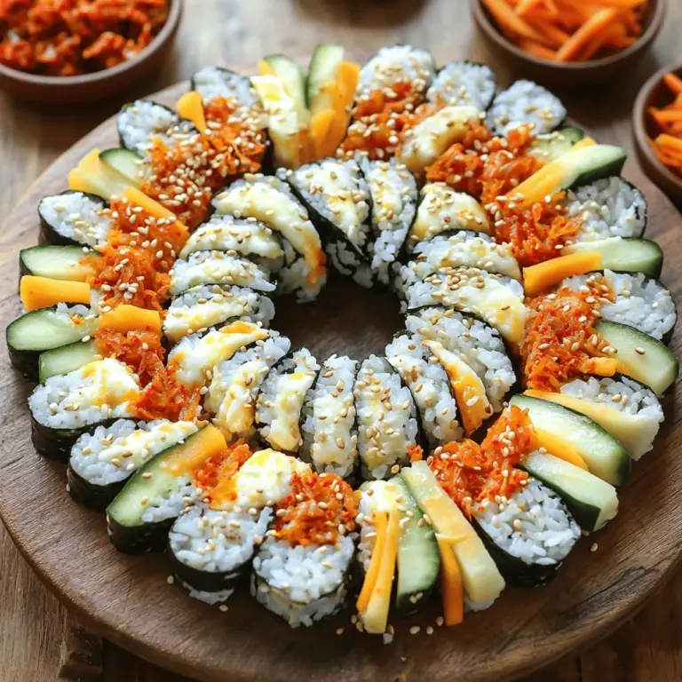 Für Korean Cheese Kimchi Kimbap benötigst du folgende Zutaten: - 2 Tassen gekochter Kurzkornreis - 2 Esslöffel Sesamöl - 1 Esslöffel Sojasauce - 1 Teelöffel Salz - 4 Blätter Nori (Algen) - 1/2 Tasse Kimchi, gehackt - 1 Tasse Mozzarella, gerieben - 1 Karotte, in Streifen geschnitten - 1 Gurke, in Streifen geschnitten - 2 Eier, verquirlt und in ein dünnes Omelett gebraten, dann in Streifen geschnitten - 1 Esslöffel Sesam für die Dekoration Diese Zutaten geben dem Kimbap seinen tollen Geschmack. Der Reis ist die Basis. Kimchi bringt einen würzigen Kick. Mozzarella macht alles schön cremig. Um Kimbap zu machen, brauchst du: - Eine große Schüssel - Eine Bambusmatte oder eine saubere Arbeitsfläche - Ein scharfes Messer - Ein Esslöffel - Eine Schale für die Eier Diese Geräte helfen dir, alles gut vorzubereiten. Die Matte ist wichtig für das Rollen. Falls du nicht alle Zutaten hast, hier sind einige Alternativen: - Verwende Basmati-Reis statt Kurzkornreis. - Nutze Olivenöl anstelle von Sesamöl. - Ersetze Sojasauce durch Tamari für eine glutenfreie Option. - Füge Spinat oder Avocado hinzu, wenn du kein Kimchi magst. - Nutze Cheddar statt Mozzarella für einen anderen Käsegeschmack. Diese Ersatzstoffe helfen dir, dein Kimbap nach deinem Geschmack zu gestalten. Um den Reis perfekt zu machen, beginne mit 2 Tassen gekochtem Kurzkornreis. Füge 2 Esslöffel Sesamöl, 1 Esslöffel Sojasauce und 1 Teelöffel Salz hinzu. Mische alles gut in einer großen Schüssel. Der Reis sollte gleichmäßig gewürzt sein und leicht glänzen. Lass ihn dann etwas abkühlen, damit er leichter zu handhaben ist. Nimm ein Nori-Blatt und lege es mit der glänzenden Seite nach unten auf eine Bambusmatte oder eine saubere Arbeitsfläche. Mit nassen Händen nimm etwa 1/2 Tasse des gewürzten Reises und verteile ihn gleichmäßig auf dem Nori. Lass die obere Kante des Nori-Blattes etwa 2,5 cm frei. In der Mitte des Reises schichtest du nun das gehackte Kimchi, den geriebenen Mozzarella, die in Streifen geschnittene Karotte, die Gurke sowie einige Streifen des gebratenen Omeletts. Hebe vorsichtig die Bambusmatte an und beginne, das Kimbap fest zu rollen. Drücke sanft, um die Füllung zu sichern. Rolle bis zum Ende des Nori. Befeuchte die Kante des Nori mit etwas Wasser, um sie zu versiegeln. Wiederhole den Vorgang mit den restlichen Nori-Blättern und der Füllung. Schneide die fertigen Kimbap-Rollen mit einem scharfen Messer in mundgerechte Stücke, etwa 2,5 cm dick. Bestreue die Stücke mit Sesam für zusätzlichen Crunch und Geschmack. Um die ideale Füllung für dein Kimbap zu bekommen, achte auf die Feuchtigkeit. Der Reis sollte klebrig sein, aber nicht matschig. Mische den Reis gut mit Sesamöl, Sojasauce und Salz. Diese Zutaten geben Geschmack und helfen, dass der Reis nicht auseinanderfällt. Das Kimchi sollte nicht zu nass sein. Wenn es zu viel Flüssigkeit hat, wird das Kimbap weich. Drücke das Kimchi leicht aus, bevor du es hinzufügst. So bleibt alles in der Rolle stabil und lecker. Kimbap schmeckt am besten frisch, aber du kannst es auch aufbewahren. Wickel die Kimbap-Rollen in Frischhaltefolie. So bleibt die Feuchtigkeit drin. Lagere sie im Kühlschrank. Sie bleiben so für einen Tag frisch. Wenn du sie länger aufbewahren möchtest, friere die Kimbap-Rollen ein. Wickel sie gut ein, damit sie nicht einfrieren. Vor dem Essen kannst du sie einfach auf Raumtemperatur bringen. Das Schneiden der Kimbap kann knifflig sein. Verwende ein scharfes Messer, das hilft sehr. Befeuchte das Messer leicht mit Wasser. So bleibt der Reis nicht kleben. Schneide die Rollen in etwa 2,5 cm dicke Stücke. Beginne in der Mitte und arbeite nach außen. So wird es gleichmäßig und sieht schön aus. Achte darauf, sanft zu schneiden, um die Füllung nicht herauszudrücken. Für mehr Informationen, sieh dir das [Full Recipe] an! {{image_4}} Du kannst Kimbap ganz leicht vegan machen. Statt Eier und Käse nimmst du einfach Tofu. Schneide den Tofu in Streifen und brate ihn leicht an. Außerdem kannst du frisches Gemüse wie Avocado oder Paprika verwenden. Diese Alternativen geben deinem Kimbap einen neuen Geschmack. Kimbap ist sehr vielseitig. Du kannst die Füllungen nach deinem Geschmack anpassen. Probiere zum Beispiel eingelegte Gemüse oder sogar frische Kräuter. Du kannst auch verschiedene Sorten von Käse verwenden, wie Cheddar oder Feta. Sei kreativ und finde deine Lieblingskombination! In Korea gibt es viele Arten von Kimbap. Jede Region hat eigene Zutaten. In Busan nutzt man gerne Thunfisch, während in Seoul Gemüse im Fokus steht. Auch die Art, wie Kimbap serviert wird, kann variieren. Manchmal kommen verschiedene Dips dazu. Diese Unterschiede machen Kimbap zu einem spannenden Gericht, das du immer wieder neu entdecken kannst. Kimbap bleibt frisch, wenn Sie ihn richtig lagern. Wickeln Sie die Kimbap-Rollen in Frischhaltefolie. Das schützt sie vor Luft und hält sie feucht. Legen Sie die eingewickelten Rollen in einen luftdichten Behälter. So bleiben sie länger frisch. Im Kühlschrank hält sich Kimbap etwa 2 bis 3 Tage. Nach dieser Zeit kann der Reis trocken oder die Füllung matschig werden. Prüfen Sie immer auf den Geruch. Wenn er nicht frisch riecht, essen Sie ihn nicht. Kimbap kann auch eingefroren werden. Wickeln Sie die Rollen gut in Frischhaltefolie. Legen Sie sie dann in einen Gefrierbeutel. So bleibt der Geschmack erhalten. Zum Auftauen, lassen Sie die Rollen über Nacht im Kühlschrank. Genießen Sie dann Ihr Kimbap wie frisch! Für die besten Ergebnisse, nutzen Sie die [Full Recipe] für Korean Cheese Kimchi Kimbap. Ja, du kannst Kimbap ohne Kimchi machen. Kimbap ist flexibel. Du kannst einfach andere Füllungen nutzen. Probiere zum Beispiel frisches Gemüse wie Paprika oder Avocado. Du kannst auch Tofu oder Hähnchen hinzufügen. Das macht dein Kimbap lecker und bunt. Kimchi bringt einen scharfen Geschmack, aber du kannst auch Sojasauce verwenden. So bleibt der Geschmack spannend. Die Zubereitung von Korean Cheese Kimchi Kimbap dauert etwa 45 Minuten. Davon sind 20 Minuten für die Vorbereitung und 25 Minuten für das Rollen und Schneiden nötig. Wenn du alles bereit hast, geht es schnell. Du kannst die Zutaten vorher schnippeln. Das macht die Zubereitung einfacher und schneller. Du kannst viele Käsesorten anstelle von Mozzarella verwenden. Gouda oder Cheddar sind gute Alternativen. Diese Käsesorten schmelzen schön und haben einen tollen Geschmack. Für eine würzigere Note kannst du Feta probieren. Wenn du vegan bist, nutze veganen Käse oder einfach mehr Gemüse. So bleibt dein Kimbap frisch und köstlich. Um das gesamte Rezept für Korean Cheese Kimchi Kimbap zu sehen, klicke hier: [Full Recipe]. Korean Cheese Kimchi Kimbap ist einfach zuzubereiten. Mit den richtigen Zutaten und Geräten gelingt es jedem. Du kannst die Füllungen nach deinem Geschmack variieren. Denk daran, den Kimbap gut zu lagern, damit er frisch bleibt. Probiere verschiedene Rezepte aus und finde deine Favoriten. Kimbap ist vielseitig und macht immer Spaß! Jetzt weißt du, wie man köstliche Kimbap selbst herstellt. Viel Freude beim Ausprobieren!