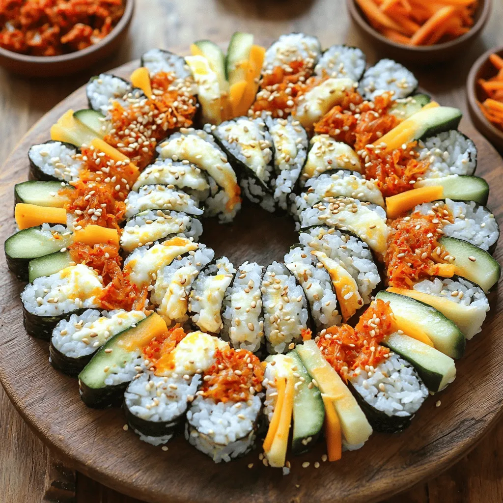 Für Korean Cheese Kimchi Kimbap benötigst du folgende Zutaten: - 2 Tassen gekochter Kurzkornreis - 2 Esslöffel Sesamöl - 1 Esslöffel Sojasauce - 1 Teelöffel Salz - 4 Blätter Nori (Algen) - 1/2 Tasse Kimchi, gehackt - 1 Tasse Mozzarella, gerieben - 1 Karotte, in Streifen geschnitten - 1 Gurke, in Streifen geschnitten - 2 Eier, verquirlt und in ein dünnes Omelett gebraten, dann in Streifen geschnitten - 1 Esslöffel Sesam für die Dekoration Diese Zutaten geben dem Kimbap seinen tollen Geschmack. Der Reis ist die Basis. Kimchi bringt einen würzigen Kick. Mozzarella macht alles schön cremig. Um Kimbap zu machen, brauchst du: - Eine große Schüssel - Eine Bambusmatte oder eine saubere Arbeitsfläche - Ein scharfes Messer - Ein Esslöffel - Eine Schale für die Eier Diese Geräte helfen dir, alles gut vorzubereiten. Die Matte ist wichtig für das Rollen. Falls du nicht alle Zutaten hast, hier sind einige Alternativen: - Verwende Basmati-Reis statt Kurzkornreis. - Nutze Olivenöl anstelle von Sesamöl. - Ersetze Sojasauce durch Tamari für eine glutenfreie Option. - Füge Spinat oder Avocado hinzu, wenn du kein Kimchi magst. - Nutze Cheddar statt Mozzarella für einen anderen Käsegeschmack. Diese Ersatzstoffe helfen dir, dein Kimbap nach deinem Geschmack zu gestalten. Um den Reis perfekt zu machen, beginne mit 2 Tassen gekochtem Kurzkornreis. Füge 2 Esslöffel Sesamöl, 1 Esslöffel Sojasauce und 1 Teelöffel Salz hinzu. Mische alles gut in einer großen Schüssel. Der Reis sollte gleichmäßig gewürzt sein und leicht glänzen. Lass ihn dann etwas abkühlen, damit er leichter zu handhaben ist. Nimm ein Nori-Blatt und lege es mit der glänzenden Seite nach unten auf eine Bambusmatte oder eine saubere Arbeitsfläche. Mit nassen Händen nimm etwa 1/2 Tasse des gewürzten Reises und verteile ihn gleichmäßig auf dem Nori. Lass die obere Kante des Nori-Blattes etwa 2,5 cm frei. In der Mitte des Reises schichtest du nun das gehackte Kimchi, den geriebenen Mozzarella, die in Streifen geschnittene Karotte, die Gurke sowie einige Streifen des gebratenen Omeletts. Hebe vorsichtig die Bambusmatte an und beginne, das Kimbap fest zu rollen. Drücke sanft, um die Füllung zu sichern. Rolle bis zum Ende des Nori. Befeuchte die Kante des Nori mit etwas Wasser, um sie zu versiegeln. Wiederhole den Vorgang mit den restlichen Nori-Blättern und der Füllung. Schneide die fertigen Kimbap-Rollen mit einem scharfen Messer in mundgerechte Stücke, etwa 2,5 cm dick. Bestreue die Stücke mit Sesam für zusätzlichen Crunch und Geschmack. Um die ideale Füllung für dein Kimbap zu bekommen, achte auf die Feuchtigkeit. Der Reis sollte klebrig sein, aber nicht matschig. Mische den Reis gut mit Sesamöl, Sojasauce und Salz. Diese Zutaten geben Geschmack und helfen, dass der Reis nicht auseinanderfällt. Das Kimchi sollte nicht zu nass sein. Wenn es zu viel Flüssigkeit hat, wird das Kimbap weich. Drücke das Kimchi leicht aus, bevor du es hinzufügst. So bleibt alles in der Rolle stabil und lecker. Kimbap schmeckt am besten frisch, aber du kannst es auch aufbewahren. Wickel die Kimbap-Rollen in Frischhaltefolie. So bleibt die Feuchtigkeit drin. Lagere sie im Kühlschrank. Sie bleiben so für einen Tag frisch. Wenn du sie länger aufbewahren möchtest, friere die Kimbap-Rollen ein. Wickel sie gut ein, damit sie nicht einfrieren. Vor dem Essen kannst du sie einfach auf Raumtemperatur bringen. Das Schneiden der Kimbap kann knifflig sein. Verwende ein scharfes Messer, das hilft sehr. Befeuchte das Messer leicht mit Wasser. So bleibt der Reis nicht kleben. Schneide die Rollen in etwa 2,5 cm dicke Stücke. Beginne in der Mitte und arbeite nach außen. So wird es gleichmäßig und sieht schön aus. Achte darauf, sanft zu schneiden, um die Füllung nicht herauszudrücken. Für mehr Informationen, sieh dir das [Full Recipe] an! {{image_4}} Du kannst Kimbap ganz leicht vegan machen. Statt Eier und Käse nimmst du einfach Tofu. Schneide den Tofu in Streifen und brate ihn leicht an. Außerdem kannst du frisches Gemüse wie Avocado oder Paprika verwenden. Diese Alternativen geben deinem Kimbap einen neuen Geschmack. Kimbap ist sehr vielseitig. Du kannst die Füllungen nach deinem Geschmack anpassen. Probiere zum Beispiel eingelegte Gemüse oder sogar frische Kräuter. Du kannst auch verschiedene Sorten von Käse verwenden, wie Cheddar oder Feta. Sei kreativ und finde deine Lieblingskombination! In Korea gibt es viele Arten von Kimbap. Jede Region hat eigene Zutaten. In Busan nutzt man gerne Thunfisch, während in Seoul Gemüse im Fokus steht. Auch die Art, wie Kimbap serviert wird, kann variieren. Manchmal kommen verschiedene Dips dazu. Diese Unterschiede machen Kimbap zu einem spannenden Gericht, das du immer wieder neu entdecken kannst. Kimbap bleibt frisch, wenn Sie ihn richtig lagern. Wickeln Sie die Kimbap-Rollen in Frischhaltefolie. Das schützt sie vor Luft und hält sie feucht. Legen Sie die eingewickelten Rollen in einen luftdichten Behälter. So bleiben sie länger frisch. Im Kühlschrank hält sich Kimbap etwa 2 bis 3 Tage. Nach dieser Zeit kann der Reis trocken oder die Füllung matschig werden. Prüfen Sie immer auf den Geruch. Wenn er nicht frisch riecht, essen Sie ihn nicht. Kimbap kann auch eingefroren werden. Wickeln Sie die Rollen gut in Frischhaltefolie. Legen Sie sie dann in einen Gefrierbeutel. So bleibt der Geschmack erhalten. Zum Auftauen, lassen Sie die Rollen über Nacht im Kühlschrank. Genießen Sie dann Ihr Kimbap wie frisch! Für die besten Ergebnisse, nutzen Sie die [Full Recipe] für Korean Cheese Kimchi Kimbap. Ja, du kannst Kimbap ohne Kimchi machen. Kimbap ist flexibel. Du kannst einfach andere Füllungen nutzen. Probiere zum Beispiel frisches Gemüse wie Paprika oder Avocado. Du kannst auch Tofu oder Hähnchen hinzufügen. Das macht dein Kimbap lecker und bunt. Kimchi bringt einen scharfen Geschmack, aber du kannst auch Sojasauce verwenden. So bleibt der Geschmack spannend. Die Zubereitung von Korean Cheese Kimchi Kimbap dauert etwa 45 Minuten. Davon sind 20 Minuten für die Vorbereitung und 25 Minuten für das Rollen und Schneiden nötig. Wenn du alles bereit hast, geht es schnell. Du kannst die Zutaten vorher schnippeln. Das macht die Zubereitung einfacher und schneller. Du kannst viele Käsesorten anstelle von Mozzarella verwenden. Gouda oder Cheddar sind gute Alternativen. Diese Käsesorten schmelzen schön und haben einen tollen Geschmack. Für eine würzigere Note kannst du Feta probieren. Wenn du vegan bist, nutze veganen Käse oder einfach mehr Gemüse. So bleibt dein Kimbap frisch und köstlich. Um das gesamte Rezept für Korean Cheese Kimchi Kimbap zu sehen, klicke hier: [Full Recipe]. Korean Cheese Kimchi Kimbap ist einfach zuzubereiten. Mit den richtigen Zutaten und Geräten gelingt es jedem. Du kannst die Füllungen nach deinem Geschmack variieren. Denk daran, den Kimbap gut zu lagern, damit er frisch bleibt. Probiere verschiedene Rezepte aus und finde deine Favoriten. Kimbap ist vielseitig und macht immer Spaß! Jetzt weißt du, wie man köstliche Kimbap selbst herstellt. Viel Freude beim Ausprobieren!