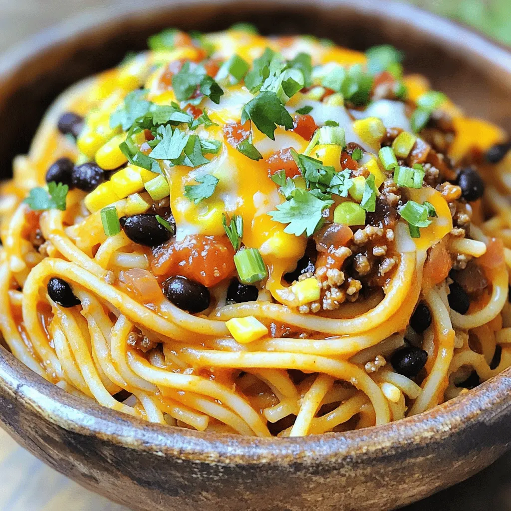 - 225 g Spaghetti - 450 g gemahlenes Rindfleisch (oder Pute) - 1 Päckchen Taco-Gewürz - 1 Dose (425 g) schwarze Bohnen - 1 Dose (280 g) gewürfelte Tomaten mit grünen Chilis - 240 g Maiskörner - 100 g geriebener Cheddar-Käse - ½ Tasse gehackte grüne Zwiebeln - Frischer Koriander Ich liebe es, Taco Spaghetti zuzubereiten, weil es so einfach ist. Die Hauptzutaten sind Spaghetti und Hackfleisch. Du kannst Rindfleisch oder Pute verwenden. Das Taco-Gewürz gibt dem Gericht den besonderen Geschmack. Für die weiteren Zutaten nimm eine Dose schwarze Bohnen. Sie sind nahrhaft und lecker. Die gewürfelten Tomaten mit grünen Chilis bringen Frische und Schärfe. Der Mais macht das Gericht süß und knackig. Die Garnierungen sind wichtig für das Aussehen und den Geschmack. Der geriebene Cheddar-Käse schmilzt und macht alles cremig. Die grünen Zwiebeln geben einen tollen Biss. Frischer Koriander bringt Farbe und Aroma. Du kannst die Zutaten leicht anpassen. Wenn du mehr Gemüse magst, füge Paprika oder Zucchini hinzu. Es gibt viele Möglichkeiten, Taco Spaghetti zu variieren. Das macht das Gericht spannend und individuell. Für das vollständige Rezept schau dir den Abschnitt „Full Recipe“ an. Dort findest du alles, was du brauchst, um diese köstliche Mahlzeit zuzubereiten! Um die Spaghetti perfekt zuzubereiten, bringe einen großen Topf mit gesalzenem Wasser zum Kochen. Das Salzwasser gibt den Spaghetti Geschmack. Wenn das Wasser kocht, füge 225 g Spaghetti hinzu. Koche sie gemäß den Anweisungen auf der Verpackung, bis sie al dente sind. Das bedeutet, sie sind weich, aber haben noch Biss. Danach gut abtropfen lassen und beiseite stellen. Jetzt kommt das Fleisch. Nimm 450 g gemahlenes Rindfleisch oder Pute und erhitze eine große Pfanne bei mittlerer Hitze. Brate das Fleisch an, bis es ganz durchgegart ist. Dabei mit einem Holzlöffel zerkleinern. Wenn das Fleisch fertig ist, siebe überschüssiges Fett ab. So bleibt dein Gericht nicht fettig. Jetzt geht es spannend weiter! Füge das Taco-Gewürz zur Fleischmischung hinzu. Dann kommen die weiteren Zutaten: eine Dose schwarze Bohnen, eine Dose gewürfelte Tomaten mit grünen Chilis, 240 g Maiskörner und 240 g Salsa. Rühre alles gut um, bis es gut vermischt ist. Lass die Mischung bei mittlerer Hitze etwa 5-7 Minuten köcheln. So können sich die Aromen entfalten. Schmecke mit Salz und Pfeffer ab. Diese Schritte bringen dir ein leckeres Taco Spaghetti Gericht. Wenn du mehr Details oder eine vollständige Anleitung brauchst, schau dir das Full Recipe an. - Brate das Fleisch gleichmäßig an. So bekommt es eine bessere Textur. - Lasse die Spaghetti gut abtropfen. Das sorgt für eine optimale Konsistenz. - Füge zusätzliche Gewürze hinzu, um mehr Würze zu erreichen. Probiere Paprika oder Kreuzkümmel. - Verwende verschiedene Käsesorten für eine spannende Variation. Gouda oder Mozzarella sind tolle Optionen. - Nutze frische Kräuter wie Koriander als Garnierung. Das sieht schön aus und schmeckt frisch. - Ein Spritzer Limettensaft gibt dem Gericht einen tollen zusätzlichen Geschmack. So wird es noch besser! {{image_4}} Wenn Sie eine vegetarische Variante von Taco Spaghetti machen möchten, nutzen Sie pflanzliches Hackfleisch. Diese Option ist gesund und lecker. Sie können auch mehr Gemüse hinzufügen. Zucchini, Paprika und Mais passen gut. Diese Zutaten bringen Farbe und Geschmack in das Gericht. Für eine schärfere Version verwenden Sie scharfe Salsa. Diese bringt sofort einen Kick. Sie können auch Jalapeños oder frische Chilis hinzufügen. Diese Zutaten geben dem Gericht mehr Tiefe und Schärfe. Denken Sie daran, die Schärfe nach Ihrem Geschmack anzupassen. Für eine glutenfreie Option verwenden Sie glutenfreie Spaghetti. Diese sind leicht erhältlich und schmecken gut. Eine andere Wahl sind Hülsenfrüchte wie Linsen oder Kichererbsen. Diese geben eine gute Textur und sind nahrhaft. So können auch glutenfreie Gäste Taco Spaghetti genießen. Bewahre Taco Spaghetti in einem luftdichten Behälter im Kühlschrank auf. So bleibt das Gericht frisch. Die Haltbarkeit beträgt etwa 3-5 Tage. Achte darauf, die Reste gut zu kühlen, um den Geschmack zu erhalten. Du kannst Taco Spaghetti auch einfrieren. Teile die Reste in Portionen auf und lege sie in gefriergeeignete Behälter. So hast du immer eine schnelle Mahlzeit zur Hand. Wenn du die Reste wieder aufwärmst, lasse sie zuerst im Kühlschrank auftauen. Dann erhitze sie in einer Pfanne oder in der Mikrowelle. Achte darauf, gut umzurühren, damit alles gleichmäßig warm wird. Du kannst Taco Spaghetti in einer Auflaufform backen. Füge etwas Käse oben drauf und backe es, bis der Käse schmilzt. So wird aus den Resten ein neues, schmackhaftes Gericht. Du kannst auch neue Rezepte mit den Resten entwickeln. Mische sie in eine Omelette oder verwende sie für Burritos. Sei kreativ und genieße die Vielfalt! Taco Spaghetti ist ein leckeres Gericht, das italienische und mexikanische Aromen vereint. Es ist eine Mischung aus Spaghetti und Taco-Zutaten. Man verwendet Rindfleisch oder Pute, Taco-Gewürz, Bohnen, Tomaten und Käse. Diese Kombination macht es besonders schmackhaft und sättigend. Taco Spaghetti ist einfach zuzubereiten und ideal für ein schnelles Abendessen. Die Zubereitung dauert insgesamt etwa 30 Minuten. Die Vorbereitungszeit beträgt 15 Minuten. Dann brauchen die Spaghetti und die Fleischmischung nur etwa 15 Minuten, um fertig zu sein. So hast du schnell ein tolles Gericht auf dem Tisch. Ja, du kannst Taco Spaghetti im Voraus zubereiten. Koche die Spaghetti und die Fleischmischung separat. Lass beides abkühlen und lagere es in luftdichten Behältern. So bleibt alles frisch. Du kannst die Mischung bis zu 3-5 Tage im Kühlschrank aufbewahren. Taco Spaghetti kann scharf sein, je nach Zutaten. Wenn du es milder magst, verwende milde Salsa und weniger Gewürze. Für mehr Schärfe kannst du scharfe Salsa oder Jalapeños hinzufügen. So passt das Gericht zu deinem Geschmack. Taco Spaghetti ist einfach und lecker. Du hast gelernt, wie man die Hauptzutaten und wichtige Schritte zubereitet. Tipps zur Geschmacksanpassung wurden dir auch gegeben. Variationen wie vegetarische oder glutenfreie Optionen machen das Gericht flexibel. Denke daran, Reste richtig zu lagern und kreativ zu verwenden. Taco Spaghetti ist perfekt für schnelle Mahlzeiten. Mit diesen Tipps kannst du dein Lieblingsgericht sicher oft genießen. Viel Spaß beim Kochen!