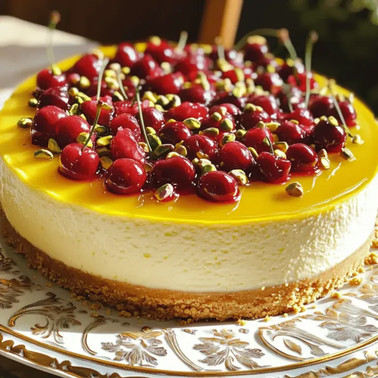 Der Hauptteil unseres Cheesecakes besteht aus frischen und leckeren Zutaten. Hier sind die wichtigsten: - 450 g Frischkäse, weich - 1 Tasse Puderzucker - 1 Teelöffel Vanilleextrakt - Abgeriebene Schale von 1 Zitrone - Abgeriebene Schale von 1 Limette - 2 Esslöffel frischer Zitronensaft - 2 Esslöffel frischer Limettensaft - 1 Tasse Schlagsahne - 1 Tasse Kirschkuchenfüllung - ½ Tasse Pistazien, gehackt Diese Zutaten sorgen für einen cremigen Cheesecake mit frischem, fruchtigem Geschmack. Die Kruste ist wichtig für die Textur. Sie besteht aus einfachen, aber köstlichen Zutaten: - 1 ½ Tassen Graham-Cracker-Brösel - ½ Tasse ungesalzene Butter, geschmolzen - 1 Esslöffel Zucker Die Mischung aus Graham-Crackern und Butter gibt der Kruste einen perfekten Crunch. Die Garnitur macht das Dessert besonders. Hier sind einige Ideen: - Gehakte Pistazien für den Crunch - Frische Kirschen, um Farbe hinzuzufügen - Ein Hauch von Zitronenschale für Frische Diese Optionen machen deinen Cheesecake nicht nur lecker, sondern auch schön anzusehen. Für das vollständige Rezept, schau dir bitte [Full Recipe] an. Um die Kruste vorzubereiten, heize deinen Ofen auf 163°C vor. Nimm eine mittelgroße Schüssel und mische die Graham-Cracker-Brösel, die geschmolzene Butter und den Zucker gut. Drücke die Mischung fest auf den Boden einer 23 cm Springform. Backe die Kruste für 10 Minuten und lasse sie abkühlen. Diese Kruste wird knusprig und lecker. In einer großen Rührschüssel schlage den weich gerührten Frischkäse mit einem Mixer glatt. Füge den Puderzucker nach und nach hinzu. Schlage weiter, bis die Mischung gut vermischt ist. Nun kommen der Vanilleextrakt, die Zitronen- und Limettenschale sowie die Säfte hinzu. Rühre alles gut zusammen. In einer separaten Schüssel schlage die Schlagsahne, bis steife Spitzen entstehen. Hebe die Schlagsahne vorsichtig unter die Frischkäse-Mischung. So wird die Füllung luftig und cremig. Gieße die Cheesecake-Füllung über die abgekühlte Kruste. Verwende einen Spatel, um die Oberseite glatt zu streichen. Decke die Form ab und stelle sie für mindestens 4 Stunden in den Kühlschrank. Am besten ist es, wenn du ihn über Nacht kühlst. Nach dem Kühlen entferne den Cheesecake vorsichtig aus der Springform. Belege ihn gleichmäßig mit Kirschkuchenfüllung und streue die gehackten Pistazien darüber. Er sieht so gut aus! Für das gesamte Rezept schau dir die [Full Recipe] an. Um die Kühlzeit zu optimieren, plane voraus. Der Cheesecake braucht mindestens vier Stunden, um fest zu werden. Am besten lässt du ihn über Nacht im Kühlschrank. So erhält er die perfekte Textur. Du kannst auch die Kruste und die Füllung separat zubereiten. Kühre sie dann getrennt, um die Wartezeit zu verkürzen. Die Füllung sollte cremig und glatt sein. Schlage den Frischkäse gut auf, bevor du den Puderzucker hinzufügst. Achte darauf, dass keine Klumpen zurückbleiben. Wenn du die Schlagsahne hinzufügst, hebe sie vorsichtig unter. Das sorgt für eine luftige Konsistenz. Vermeide es, die Füllung zu stark zu rühren, da sie sonst zu flüssig wird. Ein häufiger Fehler ist, die Mischung zu lange zu schlagen. Das kann zu einer wässrigen Füllung führen. Achte darauf, die Zutaten richtig zu messen. Zu viel oder zu wenig von einer Zutat kann das Ergebnis beeinflussen. Ein weiterer Fehler ist die falsche Kühlung. Stelle sicher, dass der Cheesecake gut abgedeckt ist, um Gerüche im Kühlschrank zu vermeiden. Für das vollständige Rezept und weitere Tipps, schau dir das [Full Recipe] an. {{image_4}} Du kannst die Kirschfüllung leicht ersetzen. Probiere Erdbeeren oder Himbeeren aus. Diese Früchte bringen fruchtige Süße. Auch ein Mix aus verschiedenen Beeren ist lecker. Du kannst auch Pfirsiche oder Ananas verwenden. Diese Früchte harmonieren gut mit Limette und Zitrone. Sie geben dem Cheesecake eine frische Note. Pistazien sind köstlich, aber du kannst auch andere Nüsse nutzen. Mandeln oder Walnüsse passen gut zu diesem Rezept. Sie geben dem Cheesecake einen anderen Geschmack. Wenn du Nüsse nicht magst, lasse sie einfach weg. Der Cheesecake bleibt trotzdem lecker und cremig. Für eine glutenfreie Version nutze glutenfreie Keksbrösel. Diese sind in vielen Geschäften erhältlich. Du kannst auch einen Boden aus gemahlenen Mandeln machen. Für eine vegane Option ersetze den Frischkäse. Nutze pflanzlichen Frischkäse oder Cashew-Creme. Auch der Zucker kann durch einen pflanzlichen Süßstoff ersetzt werden. So bleibt der Cheesecake rein pflanzlich und lecker. Wenn du mehr über die Variationen erfahren möchtest, schaue dir das [Full Recipe] an. Um deinen Zitronen-Limetten-Kirsch-Pistazien-Cheesecake frisch zu halten, lagere ihn im Kühlschrank. Decke ihn gut ab. Du kannst Frischhaltefolie oder einen luftdichten Behälter verwenden. Diese Maßnahmen verhindern, dass der Cheesecake Gerüche aufnimmt. Die ideale Temperatur liegt bei 4 °C. Falls du deinen Cheesecake länger aufbewahren möchtest, kannst du ihn einfrieren. Lass den Cheesecake zuerst ganz abkühlen. Wickele ihn dann sorgfältig in Frischhaltefolie und danach in Alufolie. So bleibt die Frische erhalten. Du kannst ihn bis zu drei Monate einfrieren. Zum Auftauen lege ihn einfach über Nacht in den Kühlschrank. Der Cheesecake ist im Kühlschrank bis zu fünf Tage haltbar. Achte auf Anzeichen von Verderb. Wenn er unangenehm riecht oder die Textur sich verändert, solltest du ihn nicht mehr essen. Ein frischer Cheesecake hat eine glatte, cremige Konsistenz und einen frischen Duft. Um den Cheesecake glutenfrei zu machen, ersetze die Graham-Cracker durch glutenfreie Kekse. Viele Marken bieten glutenfreie Optionen an, die gut schmecken. Achte darauf, dass auch die anderen Zutaten glutenfrei sind, wie der Puderzucker und die Butter. Prüfe immer die Etiketten, um sicherzugehen, dass keine glutenhaltigen Zutaten enthalten sind. So bleibt dein Cheesecake lecker und sicher für alle. Ja, du kannst andere Früchte verwenden. Himbeeren, Erdbeeren oder Blaubeeren passen gut. Du kannst die Kirschkuchenfüllung ersetzen oder zusätzlich verwenden. Achte darauf, dass die Frucht gut püriert oder gekocht ist, um die richtige Konsistenz zu erzielen. So bleibt dein Cheesecake frisch und fruchtig. Der Cheesecake braucht mindestens vier Stunden im Kühlschrank, um fest zu werden. Für die besten Ergebnisse lasse ihn über Nacht kühlen. So kann er richtig durchziehen und die Aromen entfalten. Überprüfe die Festigkeit, indem du leicht auf die Oberfläche drückst; sie sollte fest, aber leicht nachgeben. In diesem Artikel haben wir alle wichtigen Aspekte des Cheesecake-Handwerks beleuchtet. Zuerst haben wir die Hauptzutaten, die Kruste und die Dekoration besprochen. Dann folgten klare Schritt-für-Schritt-Anleitungen. Tipps und Tricks helfen, Fehler zu vermeiden und die perfekte Konsistenz zu erzielen. Verschiedene Variationen, wie glutenfreie oder vegane Optionen, bieten Neues für jeden Geschmack. Schließlich haben wir wertvolle Lagerungshinweise und Antworten auf häufige Fragen gegeben. Mit diesen Informationen bereitest du einen köstlichen Cheesecake zu. Viel Spaß beim Backen!
