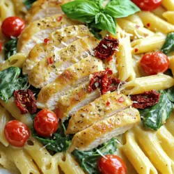 Für das einfache toskanische Hähnchen-Pasta nutzen wir frische und leckere Zutaten. Hier sind die Hauptbestandteile: - 2 Hähnchenbrüste ohne Knochen und Haut, in Scheiben geschnitten - 340 g Penne-Nudeln - 240 ml Cherry-Tomaten, halbiert - 240 ml frischer Spinat - 120 ml Schlagsahne - 120 ml Hühnerbrühe - 60 ml getrocknete Tomaten, gehackt - 2 Knoblauchzehen, fein gehackt - 1 Teelöffel getrocknete italienische Kräuter - 1/2 Teelöffel rote Paprikaflocken (nach Geschmack anpassen) - Olivenöl - Salz und Pfeffer nach Geschmack - Frische Basilikumblätter zur Garnitur (optional) - Geriebener Parmesan (optional) Die Qualität der Zutaten macht einen großen Unterschied. Frische Produkte bringen den besten Geschmack. Wenn Sie die Hähnchenbrust kaufen, achten Sie auf Fleisch ohne Hormone. Wählen Sie auch Gemüse, das frisch und knackig ist. Bio-Produkte sind oft die beste Wahl. Sie sind gesünder und umweltfreundlicher. Für das Olivenöl sollten Sie ein hochwertiges, kaltgepresstes Öl wählen. Es gibt dem Gericht einen tollen Geschmack. In der toskanischen Küche spielen frische Zutaten eine große Rolle. Die Region ist bekannt für ihre einfachen, aber geschmackvollen Gerichte. Frische Kräuter, Gemüse und hochwertige Öle sind die Basis. Diese Zutaten bringen die Aromen zur Geltung. Sie machen die Gerichte nicht nur lecker, sondern auch gesund. Achten Sie darauf, die besten Zutaten für Ihre Pasta zu verwenden. So wird Ihr Gericht zum Genuss. Für das vollständige Rezept schauen Sie sich das [Full Recipe] an. Um die perfekte Pasta zu kochen, fülle einen großen Topf mit Wasser. Füge Salz hinzu, das macht die Pasta geschmackvoll. Bringe das Wasser zum Kochen. Gib die Penne-Nudeln hinein. Koche sie für etwa 10 Minuten, bis sie al dente sind. Achte darauf, sie regelmäßig umzurühren. Wenn die Nudeln fertig sind, gieße sie ab und stelle sie beiseite. Heize eine große Pfanne mit 2 Esslöffeln Olivenöl auf mittlerer bis hoher Hitze. Nimm die Hähnchenbrüste und würze sie mit Salz, Pfeffer und italienischen Kräutern. Lege die Hähnchenscheiben in die Pfanne. Brate sie für 6-8 Minuten, bis sie goldbraun sind. Achte darauf, dass sie durchgegart sind. Nimm das Hähnchen aus der Pfanne und lege es beiseite. In der selben Pfanne, wenn nötig, füge etwas mehr Olivenöl hinzu. Gib den gehackten Knoblauch hinein und brate ihn für 30 Sekunden. Dann füge die Cherry-Tomaten und die getrockneten Tomaten hinzu. Koche alles für 3-4 Minuten, bis die Tomaten weich sind. Jetzt gieße die Hühnerbrühe und die Schlagsahne dazu. Rühre alles gut um und lasse es 5 Minuten köcheln. Gib das Hähnchen zurück in die Pfanne und füge den frischen Spinat hinzu. Rühre gut um, bis der Spinat zusammenfällt. Jetzt kommen die gekochten Nudeln dazu. Wenn die Sauce zu dick ist, kannst du mehr Hühnerbrühe oder ein wenig Wasser hinzufügen. Probiere das Gericht und passe die Würze nach deinem Geschmack an. Serviere es mit frisch geriebenem Parmesan und Basilikumblättern. Für das vollständige Rezept schau hier: [Full Recipe]. Ein häufiger Fehler ist, die Pasta in zu wenig Wasser zu kochen. Verwenden Sie immer einen großen Topf mit viel Wasser, um ein Zusammenkleben zu verhindern. Fügen Sie auch genug Salz hinzu, damit die Pasta Geschmack bekommt. Kochen Sie die Nudeln nur bis sie „al dente“ sind. So bleiben sie bissfest und sorgen für die perfekte Textur im Gericht. Um das Hähnchen saftig zu halten, würzen Sie es gut, bevor Sie es anbraten. Lassen Sie das Hähnchen nicht zu lange in der Pfanne. Eine goldene Kruste ist wichtig, aber zu langes Braten kann das Fleisch austrocknen. Nutzen Sie eine Pfanne mit etwas Olivenöl, um das Hähnchen gleichmäßig zu bräunen. Stellen Sie sicher, dass die Pfanne heiß genug ist, bevor Sie das Hähnchen hinzufügen. Die Sauce ist der Schlüssel zu diesem Gericht. Wenn Sie es cremiger mögen, fügen Sie mehr Schlagsahne hinzu. Mögen Sie es würziger? Experimentieren Sie mit mehr roten Paprikaflocken. Für zusätzliche Frische können Sie Zitronensaft oder Zitronenschale hinzufügen. Wenn die Sauce zu dick ist, geben Sie einfach mehr Hühnerbrühe oder Wasser dazu, um die ideale Konsistenz zu erreichen. Für eine gesunde Variante können Sie auch griechischen Joghurt verwenden. Die Kombination all dieser Tipps wird Ihre toskanische Hähnchen-Pasta zu einem echten Genuss machen. Schauen Sie sich auch das [Full Recipe] an, um alle Schritte zu sehen! {{image_4}} Für eine vegetarische Version der toskanischen Hähnchen-Pasta, ersetze das Hähnchen durch Tofu oder Kichererbsen. Tofu ist eine großartige Proteinquelle und nimmt den Geschmack der Sauce gut auf. Kichererbsen bringen eine nussige Note und sind ebenfalls sehr nahrhaft. Du kannst sie einfach in der Pfanne anbraten, bevor du die Sauce hinzufügst. Das macht das Gericht ebenso lecker und sättigend. Vollkornnudeln sind eine gesunde Wahl für dein Gericht. Sie enthalten mehr Ballaststoffe und Nährstoffe als normale Nudeln. Koche die Vollkornpenne nach den Anweisungen auf der Verpackung. Die Zubereitung bleibt gleich, und der Geschmack passt gut zur cremigen Sauce. Vollkornnudeln geben dir mehr Energie und halten dich länger satt. Um deine toskanische Hähnchen-Pasta noch bunter und schmackhafter zu machen, füge zusätzliches Gemüse hinzu. Zucchini, Paprika oder Brokkoli passen perfekt. Brate sie einfach zusammen mit dem Knoblauch an, bevor du die Sauce zubereitest. So erhältst du mehr Textur und Geschmack. Du kannst auch Erbsen oder grüne Bohnen für einen frischen Biss hinzufügen. Diese Variationen machen das Gericht nicht nur leckerer, sondern auch gesünder. Vergiss nicht, die verschiedenen Zutaten in der Full Recipe zu entdecken, um deine eigene Kreation zu erstellen. Um die einfache toskanische Hähnchen-Pasta frisch zu halten, bewahre sie in einem luftdichten Behälter auf. Du kannst Glas- oder Kunststoffbehälter verwenden. Stelle sicher, dass die Pasta vollständig abgekühlt ist, bevor du sie einpackst. Das hilft, Feuchtigkeit zu vermeiden. Wenn du die Hähnchen-Pasta richtig lagerst, hält sie sich bis zu drei Tage im Kühlschrank. Achte darauf, dass die Temperatur unter 4 Grad Celsius bleibt. Überprüfe die Pasta vor dem Essen auf Geruch oder Veränderungen in der Farbe. Um die Pasta aufzuwärmen, kannst du sie in der Mikrowelle oder auf dem Herd erhitzen. Wenn du die Mikrowelle verwendest, gib die Pasta in eine Schüssel und füge einen Spritzer Wasser hinzu. Decke die Schüssel ab und erhitze sie in Intervallen von 30 Sekunden. Rühre zwischendurch um, bis sie gleichmäßig warm ist. Auf dem Herd kannst du die Pasta in einer Pfanne mit etwas Hühnerbrühe oder Wasser erwärmen. So bleibt sie saftig und lecker. Die Zubereitung dauert etwa 30 Minuten. - Vorbereitungszeit: 10 Minuten - Kochzeit: 20 Minuten Ich finde, das ist schnell für ein so leckeres Gericht. Mit ein wenig Übung schaffst du es sogar noch schneller! Ja, du kannst die Sahne durch griechischen Joghurt oder eine Pflanzencreme ersetzen. - Griechischer Joghurt: Macht die Sauce cremig und ist gesund. - Pflanzencreme: Ideal für eine vegane Option. Diese Alternativen geben deinem Gericht einen anderen Geschmack, bleiben aber lecker. Zu dieser Pasta passen viele Beilagen. Hier sind einige meiner Favoriten: - Salat: Ein frischer gemischter Salat bringt Farbe auf den Teller. - Brot: Knuspriges Brot ist perfekt, um die Sauce aufzutunken. - Grünes Gemüse: Gebratener Brokkoli oder grüne Bohnen ergänzen das Gericht gut. Schau dir auch die [Full Recipe](#) an, um alle Details zu erfahren und dein Gericht zu perfektionieren! Zusammenfassend haben wir die Zutaten für das toskanische Hähnchen-Pasta kennengelernt. Frische Zutaten sind wichtig für den Geschmack. Die Schritt-für-Schritt-Anleitung hilft dir beim Kochen. Halte die Pasta und das Hähnchen saftig und vermeide häufige Fehler. Variationen wie vegetarische Alternativen bieten Vielfalt. Achte auf die richtigen Lagerinformationen, damit du dein Gericht länger genießen kannst. Koche mit Freude und probiere neue Ideen aus, um deine Mahlzeiten spannend zu halten.