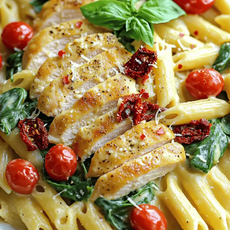 Für das einfache toskanische Hähnchen-Pasta nutzen wir frische und leckere Zutaten. Hier sind die Hauptbestandteile: - 2 Hähnchenbrüste ohne Knochen und Haut, in Scheiben geschnitten - 340 g Penne-Nudeln - 240 ml Cherry-Tomaten, halbiert - 240 ml frischer Spinat - 120 ml Schlagsahne - 120 ml Hühnerbrühe - 60 ml getrocknete Tomaten, gehackt - 2 Knoblauchzehen, fein gehackt - 1 Teelöffel getrocknete italienische Kräuter - 1/2 Teelöffel rote Paprikaflocken (nach Geschmack anpassen) - Olivenöl - Salz und Pfeffer nach Geschmack - Frische Basilikumblätter zur Garnitur (optional) - Geriebener Parmesan (optional) Die Qualität der Zutaten macht einen großen Unterschied. Frische Produkte bringen den besten Geschmack. Wenn Sie die Hähnchenbrust kaufen, achten Sie auf Fleisch ohne Hormone. Wählen Sie auch Gemüse, das frisch und knackig ist. Bio-Produkte sind oft die beste Wahl. Sie sind gesünder und umweltfreundlicher. Für das Olivenöl sollten Sie ein hochwertiges, kaltgepresstes Öl wählen. Es gibt dem Gericht einen tollen Geschmack. In der toskanischen Küche spielen frische Zutaten eine große Rolle. Die Region ist bekannt für ihre einfachen, aber geschmackvollen Gerichte. Frische Kräuter, Gemüse und hochwertige Öle sind die Basis. Diese Zutaten bringen die Aromen zur Geltung. Sie machen die Gerichte nicht nur lecker, sondern auch gesund. Achten Sie darauf, die besten Zutaten für Ihre Pasta zu verwenden. So wird Ihr Gericht zum Genuss. Für das vollständige Rezept schauen Sie sich das [Full Recipe] an. Um die perfekte Pasta zu kochen, fülle einen großen Topf mit Wasser. Füge Salz hinzu, das macht die Pasta geschmackvoll. Bringe das Wasser zum Kochen. Gib die Penne-Nudeln hinein. Koche sie für etwa 10 Minuten, bis sie al dente sind. Achte darauf, sie regelmäßig umzurühren. Wenn die Nudeln fertig sind, gieße sie ab und stelle sie beiseite. Heize eine große Pfanne mit 2 Esslöffeln Olivenöl auf mittlerer bis hoher Hitze. Nimm die Hähnchenbrüste und würze sie mit Salz, Pfeffer und italienischen Kräutern. Lege die Hähnchenscheiben in die Pfanne. Brate sie für 6-8 Minuten, bis sie goldbraun sind. Achte darauf, dass sie durchgegart sind. Nimm das Hähnchen aus der Pfanne und lege es beiseite. In der selben Pfanne, wenn nötig, füge etwas mehr Olivenöl hinzu. Gib den gehackten Knoblauch hinein und brate ihn für 30 Sekunden. Dann füge die Cherry-Tomaten und die getrockneten Tomaten hinzu. Koche alles für 3-4 Minuten, bis die Tomaten weich sind. Jetzt gieße die Hühnerbrühe und die Schlagsahne dazu. Rühre alles gut um und lasse es 5 Minuten köcheln. Gib das Hähnchen zurück in die Pfanne und füge den frischen Spinat hinzu. Rühre gut um, bis der Spinat zusammenfällt. Jetzt kommen die gekochten Nudeln dazu. Wenn die Sauce zu dick ist, kannst du mehr Hühnerbrühe oder ein wenig Wasser hinzufügen. Probiere das Gericht und passe die Würze nach deinem Geschmack an. Serviere es mit frisch geriebenem Parmesan und Basilikumblättern. Für das vollständige Rezept schau hier: [Full Recipe]. Ein häufiger Fehler ist, die Pasta in zu wenig Wasser zu kochen. Verwenden Sie immer einen großen Topf mit viel Wasser, um ein Zusammenkleben zu verhindern. Fügen Sie auch genug Salz hinzu, damit die Pasta Geschmack bekommt. Kochen Sie die Nudeln nur bis sie „al dente“ sind. So bleiben sie bissfest und sorgen für die perfekte Textur im Gericht. Um das Hähnchen saftig zu halten, würzen Sie es gut, bevor Sie es anbraten. Lassen Sie das Hähnchen nicht zu lange in der Pfanne. Eine goldene Kruste ist wichtig, aber zu langes Braten kann das Fleisch austrocknen. Nutzen Sie eine Pfanne mit etwas Olivenöl, um das Hähnchen gleichmäßig zu bräunen. Stellen Sie sicher, dass die Pfanne heiß genug ist, bevor Sie das Hähnchen hinzufügen. Die Sauce ist der Schlüssel zu diesem Gericht. Wenn Sie es cremiger mögen, fügen Sie mehr Schlagsahne hinzu. Mögen Sie es würziger? Experimentieren Sie mit mehr roten Paprikaflocken. Für zusätzliche Frische können Sie Zitronensaft oder Zitronenschale hinzufügen. Wenn die Sauce zu dick ist, geben Sie einfach mehr Hühnerbrühe oder Wasser dazu, um die ideale Konsistenz zu erreichen. Für eine gesunde Variante können Sie auch griechischen Joghurt verwenden. Die Kombination all dieser Tipps wird Ihre toskanische Hähnchen-Pasta zu einem echten Genuss machen. Schauen Sie sich auch das [Full Recipe] an, um alle Schritte zu sehen! {{image_4}} Für eine vegetarische Version der toskanischen Hähnchen-Pasta, ersetze das Hähnchen durch Tofu oder Kichererbsen. Tofu ist eine großartige Proteinquelle und nimmt den Geschmack der Sauce gut auf. Kichererbsen bringen eine nussige Note und sind ebenfalls sehr nahrhaft. Du kannst sie einfach in der Pfanne anbraten, bevor du die Sauce hinzufügst. Das macht das Gericht ebenso lecker und sättigend. Vollkornnudeln sind eine gesunde Wahl für dein Gericht. Sie enthalten mehr Ballaststoffe und Nährstoffe als normale Nudeln. Koche die Vollkornpenne nach den Anweisungen auf der Verpackung. Die Zubereitung bleibt gleich, und der Geschmack passt gut zur cremigen Sauce. Vollkornnudeln geben dir mehr Energie und halten dich länger satt. Um deine toskanische Hähnchen-Pasta noch bunter und schmackhafter zu machen, füge zusätzliches Gemüse hinzu. Zucchini, Paprika oder Brokkoli passen perfekt. Brate sie einfach zusammen mit dem Knoblauch an, bevor du die Sauce zubereitest. So erhältst du mehr Textur und Geschmack. Du kannst auch Erbsen oder grüne Bohnen für einen frischen Biss hinzufügen. Diese Variationen machen das Gericht nicht nur leckerer, sondern auch gesünder. Vergiss nicht, die verschiedenen Zutaten in der Full Recipe zu entdecken, um deine eigene Kreation zu erstellen. Um die einfache toskanische Hähnchen-Pasta frisch zu halten, bewahre sie in einem luftdichten Behälter auf. Du kannst Glas- oder Kunststoffbehälter verwenden. Stelle sicher, dass die Pasta vollständig abgekühlt ist, bevor du sie einpackst. Das hilft, Feuchtigkeit zu vermeiden. Wenn du die Hähnchen-Pasta richtig lagerst, hält sie sich bis zu drei Tage im Kühlschrank. Achte darauf, dass die Temperatur unter 4 Grad Celsius bleibt. Überprüfe die Pasta vor dem Essen auf Geruch oder Veränderungen in der Farbe. Um die Pasta aufzuwärmen, kannst du sie in der Mikrowelle oder auf dem Herd erhitzen. Wenn du die Mikrowelle verwendest, gib die Pasta in eine Schüssel und füge einen Spritzer Wasser hinzu. Decke die Schüssel ab und erhitze sie in Intervallen von 30 Sekunden. Rühre zwischendurch um, bis sie gleichmäßig warm ist. Auf dem Herd kannst du die Pasta in einer Pfanne mit etwas Hühnerbrühe oder Wasser erwärmen. So bleibt sie saftig und lecker. Die Zubereitung dauert etwa 30 Minuten. - Vorbereitungszeit: 10 Minuten - Kochzeit: 20 Minuten Ich finde, das ist schnell für ein so leckeres Gericht. Mit ein wenig Übung schaffst du es sogar noch schneller! Ja, du kannst die Sahne durch griechischen Joghurt oder eine Pflanzencreme ersetzen. - Griechischer Joghurt: Macht die Sauce cremig und ist gesund. - Pflanzencreme: Ideal für eine vegane Option. Diese Alternativen geben deinem Gericht einen anderen Geschmack, bleiben aber lecker. Zu dieser Pasta passen viele Beilagen. Hier sind einige meiner Favoriten: - Salat: Ein frischer gemischter Salat bringt Farbe auf den Teller. - Brot: Knuspriges Brot ist perfekt, um die Sauce aufzutunken. - Grünes Gemüse: Gebratener Brokkoli oder grüne Bohnen ergänzen das Gericht gut. Schau dir auch die [Full Recipe](#) an, um alle Details zu erfahren und dein Gericht zu perfektionieren! Zusammenfassend haben wir die Zutaten für das toskanische Hähnchen-Pasta kennengelernt. Frische Zutaten sind wichtig für den Geschmack. Die Schritt-für-Schritt-Anleitung hilft dir beim Kochen. Halte die Pasta und das Hähnchen saftig und vermeide häufige Fehler. Variationen wie vegetarische Alternativen bieten Vielfalt. Achte auf die richtigen Lagerinformationen, damit du dein Gericht länger genießen kannst. Koche mit Freude und probiere neue Ideen aus, um deine Mahlzeiten spannend zu halten.
