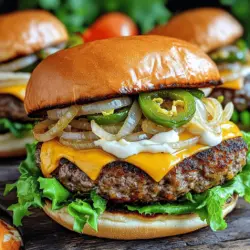 Für die perfekten Jalapeño-Onion Smash Burgers brauchst du einige wichtige Zutaten: - 450 g Rinderhackfleisch (80/20 Mischungsverhältnis) - 2 Jalapeños, fein gehackt - 1 mittelgroße Zwiebel, fein gewürfelt - 4 Scheiben Cheddar-Käse - Salz und Pfeffer nach Geschmack - 4 Hamburgerbrötchen - 2 Esslöffel Mayonnaise - 1 Esslöffel Dijon-Senf - 1 Esslöffel Olivenöl - Optional: Blattsalat und Tomate als Belag Diese Zutaten sind die Basis für die herzhaften Aromen der Burger. Das Rinderhackfleisch sorgt für Saftigkeit. Jalapeños und Zwiebeln bringen einen würzigen Kick. Frische Zutaten machen einen großen Unterschied. Nutze frische Jalapeños und Zwiebeln. Diese bringen mehr Geschmack in deine Burger. Wähle die Brötchen sorgfältig aus. Sie sollten weich sein, aber auch etwas Biss haben. Achte auch auf die Qualität des Hackfleischs. Frisches Fleisch hat mehr Geschmack und eine bessere Textur. Wenn du Käse liebst, probiere verschiedene Sorten. Gouda oder Pepper Jack sind tolle Alternativen. Sie geben den Burgers einen anderen, leckeren Geschmack. Wenn du es würziger magst, benutze einen scharfen Cheddar. Dieser wird beim Schmelzen wunderbar cremig. Experimentiere ruhig mit verschiedenen Käsesorten, um deinen perfekten Burger zu finden. Für das komplette Rezept, siehe die [Full Recipe]. Zuerst bereite alle Zutaten vor. Du brauchst: - 450 g Rinderhackfleisch (80/20 Mischungsverhältnis) - 2 Jalapeños, fein gehackt - 1 mittelgroße Zwiebel, fein gewürfelt - 4 Scheiben Cheddar-Käse - Salz und Pfeffer nach Geschmack - 4 Hamburgerbrötchen - 2 Esslöffel Mayonnaise - 1 Esslöffel Dijon-Senf - 1 Esslöffel Olivenöl - Optional: Blattsalat und Tomate als Belag Eine gute Vorbereitung macht das Kochen leicht. Wenn alles bereit ist, kannst du schnell arbeiten. Jetzt geht es an die Zubereitung der Jalapeño-Zwiebel-Mischung. Erhitze das Olivenöl in einer Pfanne bei mittlerer Hitze. Füge die gewürfelte Zwiebel hinzu und dünste sie für ca. 5 Minuten. Sie sollte weich und durchscheinend werden. Danach gib die gehackten Jalapeños dazu. Brate sie für 2-3 Minuten mit, bis sie etwas weich sind. Nimm die Mischung vom Herd und stelle sie zur Seite. Dieser Schritt bringt viel Geschmack in deine Burger. Heize nun eine Grill- oder Flachgrillpfanne vor. Teile das Rinderhack in 4 gleich große Portionen. Forme diese vorsichtig zu Kugeln. Achte darauf, sie nicht zu fest zusammenzudrücken. Lege die Kugeln auf den heißen Grill. Würze sie mit Salz und Pfeffer. Drücke sie mit einem großen Spatel flach zu Patties. Je dünner das Patty, desto besser die Kruste. Brate die Patties etwa 3-4 Minuten auf der ersten Seite. Wende sie dann und gib sofort einen Löffel der Jalapeño-Zwiebel-Mischung auf jedes Patty. Lege eine Scheibe Cheddar-Käse darauf. Koche sie weitere 2-3 Minuten, bis der Käse geschmolzen ist. Bereite währenddessen die Brötchen vor. Bestreiche jede Seite mit Mayonnaise und Dijon-Senf. Röste die Brötchen auf dem Grill für eine Minute. Nun kannst du die Burger zusammenstellen. Lege die Patties mit Käse auf das untere Brötchen. Füge die optionalen Beläge wie Salat und Tomate hinzu. Decke sie mit der anderen Brötchenhälfte ab. Serviere die Burger sofort und genieße die Geschmacksexplosion! Du wirst die Kombination aus Jalapeños und Zwiebeln lieben. Sie macht jeden Biss besonders. Für das vollständige Rezept schaue dir den Abschnitt "Full Recipe" an. Um die perfekte Kruste zu bekommen, musst du die Patties dünn machen. Dünnere Patties braten schneller und bekommen eine bessere Kruste. Drücke die Patties mit einem Spatel fest auf den Grill. Warte einige Minuten, bevor du sie umdrehst. So bleibt der Saft im Burger. Beläge machen den Burger besonders. Du kannst frischen Salat, Tomaten oder Avocado verwenden. Für einen scharfen Kick, füge mehr Jalapeños hinzu. Probiere auch verschiedene Käsesorten. Gouda oder Blauschimmelkäse geben einen neuen Geschmack. Experimentiere und finde deinen Favoriten! Die Grilltemperatur ist wichtig. Heize deinen Grill auf mittlere bis hohe Hitze vor. Eine hohe Temperatur hilft, die Kruste schnell zu bilden. Wenn der Grill zu kalt ist, wird der Burger trocken. Ein gut erhitzter Grill sorgt für ein saftiges Ergebnis. Achte darauf, dass das Öl in der Pfanne heiß ist, bevor du die Patties hinzufügst. Um mehr zu lernen, schau dir das Full Recipe an. {{image_4}} Es gibt viele leckere Optionen für vegane Burger-Patties. Du kannst schwarze Bohnen, Kichererbsen oder Linsen verwenden. Diese Zutaten bieten viel Geschmack und Textur. Kombiniere sie mit Haferflocken oder Semmelbröseln, um die Patties zu binden. Gewürze wie Kreuzkümmel oder Paprika bringen zusätzlichen Kick. Diese Patties sind nicht nur gesund, sondern auch sehr sättigend. Die richtige Sauce macht den Burger besonders. Mayonnaise gibt Cremigkeit, während Dijon-Senf einen scharfen Geschmack bringt. BBQ-Sauce bringt Süße und Rauch. Für mehr Schärfe kannst du Sriracha oder scharfe Soße hinzufügen. Eine Avocado-Crème verleiht Frische und macht das Ganze leicht. Experimentiere mit verschiedenen Saucen, um deinen perfekten Burger zu finden. Ein belgisches Topping macht jeden Burger spannend. Probiere Pommes Frites mit einer Sauce aus Mayo und Knoblauch. Du kannst auch geschmolzenen Käse, wie Gouda, hinzufügen. Ein paar eingelegte Gurken runden das Ganze ab. Diese Kombination bringt eine neue Dimension in deinen Jalapeño-Onion Smash Burger und macht ihn unwiderstehlich. Die Lagerung der Burger-Patties ist wichtig. Du solltest sie in einem luftdichten Behälter aufbewahren. Das hilft, die Frische zu bewahren. Stelle sicher, dass die Patties nicht zusammenkleben. Lege zwischen jede Schicht Backpapier. So bleibt alles in bester Form. Wenn du Reste hast, erwärme die Patties vorsichtig. Nutze eine Pfanne oder den Grill. Erhitze sie bei mittlerer Hitze, um ein Austrocknen zu verhindern. Füge ein wenig Wasser in die Pfanne hinzu, um Dampf zu erzeugen. Das hält die Patties saftig und lecker. Im Kühlschrank halten die Patties etwa drei Tage. Im Gefrierschrank kannst du sie bis zu drei Monate lagern. Achte darauf, sie gut einzupacken. Benutze Frischhaltefolie oder spezielle Gefrierbeutel. So bleibt der Geschmack erhalten und du kannst jederzeit einen Burger genießen. Smash Burgers sind eine Art von Burger, bei denen das Patty flach gedrückt wird. Diese Technik sorgt für eine knusprige Kruste und einen saftigen Kern. Der Ursprung liegt in den USA, besonders in den Diners der 1950er Jahre. Hier wurden die Patties schnell zubereitet und direkt auf der Grillplatte geformt. Der Fokus liegt auf dem intensiven Geschmack und der Textur. Ja, du kannst die Größe der Patties anpassen. Wenn du größere Burger magst, forme die Patties größer. Beachte, dass dickere Patties länger zum Garen brauchen. Für kleinere Burger, wie Slider, forme sie einfach kleiner. Das Wichtigste ist, die Patties gleichmäßig zu braten, um die perfekte Kruste und den richtigen Gargrad zu erreichen. Um deinen Burger würziger zu machen, füge mehr Jalapeños hinzu. Du kannst sie auch mit anderen scharfen Paprika oder Saucen kombinieren. Eine gute Idee ist, scharfen Senf oder eine pikante BBQ-Sauce zu verwenden. Experimentiere mit Gewürzen wie Paprika oder Cayennepfeffer in der Fleischmischung. So erhält dein Burger eine extra Geschmacksnote. Ein Jalapeño-Onion Smash Burger bietet viele leckere Möglichkeiten. Wir haben die Hauptzutaten, die Zubereitung und nützliche Tipps behandelt. Frische Zutaten und kreative Variationen machen jeden Biss zu einem Genuss. Denk an die perfekte Kruste und die besten Grilltemperaturen. Du kannst sogar vegane Optionen nutzen. Richtig gelagerte Patties halten länger, und die Reste sind leicht aufzuwärmen. Sei kreativ und probiere neue Saucen aus. Mit diesen Tipps bereitest du Burger, die jeder lieben wird. Mach dich bereit, in die Welt der Smash Burgers einzutauchen!