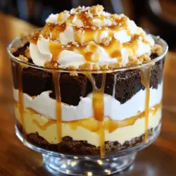 - 6 Brownies (fertig gekauft oder selbstgemacht), in Würfel geschnitten - 1 Tasse Frischkäse, weich - 1/2 Tasse Puderzucker Für das Trifle sind die Hauptzutaten wichtig. Brownies bilden die Basis. Du kannst sie selbst backen oder im Laden kaufen. Frischkäse bringt die cremige Textur. Puderzucker macht die Füllung süß und leicht. Das ist die Grundlage für unseren Genuss. - 1 Tasse Schlagsahne - 1/2 Tasse Karamellsauce (plus extra zum Beträufeln) - 1/2 Tasse zerdrückte Graham-Cracker Zusätzlich brauchst du Schlagsahne. Sie bringt Leichtigkeit in die Mischung. Karamellsauce fügt eine süße Note hinzu und sorgt für den besonderen Kick. Zerdrückte Graham-Cracker geben eine knusprige Textur. Diese Zutaten machen das Trifle besonders lecker. - Meersalz - Zusätzliche Karamellsauce zur Dekoration Die Garnierung ist der letzte Schliff. Meersalz bringt einen tollen Geschmack. Es passt perfekt zu der Süße. Die zusätzliche Karamellsauce sieht toll aus und macht das Dessert noch köstlicher. So wird dein Trifle zu einem echten Hingucker. Wenn du mehr erfahren möchtest, schau dir das [Full Recipe] an. Zuerst nehmen Sie 1 Tasse weichen Frischkäse. Geben Sie ihn in eine Schüssel. Fügen Sie 1/2 Tasse Puderzucker und 1 Teelöffel Vanilleextrakt hinzu. Mixen Sie alles gut mit einem Handmixer. Achten Sie darauf, dass die Mischung schön glatt ist. In einer anderen Schüssel schlagen Sie 1 Tasse Schlagsahne auf. Sie sollte steife Spitzen bilden. Jetzt heben Sie die geschlagene Sahne vorsichtig unter die Frischkäsemasse. So entsteht eine leichte und luftige Cheesecake-Füllung. Beginnen Sie mit der ersten Schicht. Nehmen Sie die gewürfelten Brownies und legen Sie sie in den Boden Ihres Trifle-Geschirrs. Diese Schicht ist wichtig. Sie gibt dem Trifle eine feste Basis. Jetzt geben Sie eine gleichmäßige Schicht der Cheesecake-Mischung über die Brownies. Verwenden Sie einen Löffel, um die Mischung glatt zu streichen. Diese Schicht bringt den cremigen Geschmack. Es ist Zeit für die Karamellsauce. Beträufeln Sie die Cheesecake-Schicht großzügig mit 1/2 Tasse Karamellsauce. Dann streuen Sie 1/2 Tasse zerdrückte Graham-Cracker darüber. Diese sorgen für einen knusprigen Biss. Wiederholen Sie die Schichten, bis das Geschirr voll ist. Beenden Sie mit einer Schicht Cheesecake-Mischung oben. Vergessen Sie nicht, die oberste Schicht mit zusätzlicher Karamellsauce zu garnieren. Bestreuen Sie sie mit etwas Meersalz. Kühlen Sie das Trifle mindestens 2 Stunden im Kühlschrank. So entfalten sich die Aromen. Servieren Sie es gut gekühlt für den besten Genuss. Für das gesamte Rezept schauen Sie sich das [Full Recipe] an. Die Zimmertemperatur der Zutaten ist wichtig. Wenn der Frischkäse weich ist, lässt er sich besser mixen. So wird die Füllung glatt und cremig. Auch die Schlagsahne spielt eine große Rolle. Schlage sie bis zu steifen Spitzen. Das sorgt für eine leichte und luftige Textur. Hebe die Schlagsahne vorsichtig unter die Frischkäsemasse. Dadurch bleibt die Füllung schön fluffig. Für besondere Anlässe ist das Anrichten entscheidend. Verwende ein schönes Trifle-Geschirr oder einzelne Gläser. Diese machen dein Dessert noch ansprechender. Serviere das Trifle gut gekühlt. Wenn du die Karamellsauce leicht erhitzt, glänzt sie schön. Garnieren kannst du mit einem Klecks Schlagsahne und zerdrückten Graham-Crackern. Das sieht toll aus und schmeckt lecker. Beim Schichten können Missgeschicke passieren. Achte darauf, dass die Schichten gleichmäßig sind. Das sorgt für ein schönes Gesamtbild. Wenn du weniger süße Alternativen wählst, wird das Dessert nicht zu süß. Zum Beispiel kannst du einen weniger süßen Karamell oder dunkle Schokolade verwenden. So schmeckt das Trifle besser und passt zu vielen Geschmäckern. {{image_4}} Für dein Trifle kannst du verschiedene Brownies verwenden. Schokoladenbrownies geben einen reichen Geschmack. Klassische Brownies sind weicher und leichter. Beide Optionen sind lecker. Du kannst auch Fruchtsoßen probieren. Himbeersoße oder Erdbeersoße passen gut. Sie geben dem Dessert eine frische Note und weniger Süße. Wenn du glutenfrei kochen willst, gibt es viele Alternativen. Nutze glutenfreies Mehl für die Brownies. Du kannst auch fertige glutenfreie Brownies kaufen. Für eine vegane Version ersetze den Frischkäse. Verwende veganen Frischkäse oder Seidentofu. Statt Sahne kannst du Kokoscreme verwenden. Diese Anpassungen machen das Trifle für alle zugänglich. Für Partys sind Mini-Gläser ideal. Sie sehen hübsch aus und jeder kann sie leicht nehmen. Für große Feiern ist ein familiengroßes Trifle perfekt. So kann sich jeder selbst bedienen. Denke daran, dein Trifle gut zu kühlen. Es schmeckt am besten, wenn es kalt serviert wird. Weitere Ideen findest du im Full Recipe. Das Trifle hält sich gut im Kühlschrank. Es bleibt etwa 3 bis 4 Tage frisch. Achte darauf, es gut abzudecken. Wenn du das Trifle nicht abdeckst, zieht es Gerüche aus dem Kühlschrank an. Anzeichen von Verderb sind eine Veränderung der Farbe oder ein unangenehmer Geruch. Wenn du das bemerkst, wirf es weg. Decke das Trifle mit Frischhaltefolie oder einem Deckel ab. So bleibt es frisch und saftig. Du kannst das Trifle auch einfrieren, wenn du es länger aufbewahren möchtest. Teile es in Portionen auf, bevor du es einfrierst. So kannst du einfach nur die Portion auftauen, die du brauchst. Bevor du das Trifle servierst, achte auf die Abkühlzeit. Es sollte mindestens 2 Stunden im Kühlschrank sein. So vermischen sich die Aromen gut. Bereite die Portionen vor, indem du das Trifle in Gläser füllst. Das sieht schön aus und macht das Servieren einfach. Du kannst die Portionen auch mit extra Karamellsauce und Meersalz garnieren, um sie noch leckerer zu machen. Das Trifle sollte mindestens zwei Stunden im Kühlschrank gekühlt werden. So verbinden sich die Aromen gut. Wenn du Zeit hast, lass es über Nacht stehen. So wird der Geschmack noch besser. Ja, du kannst das Trifle im Voraus machen. Bereite die Schichten vor und lagere sie im Kühlschrank. Baue die Schichten einfach in deinem Trifleglas auf. Das Trifle bleibt frisch und lecker. Achte darauf, es gut abzudecken, damit es nicht austrocknet. Du kannst viele leckere Alternativen nutzen. Schokoladensauce passt perfekt. Nutze auch Erdbeersoße oder Himbeersauce. Diese Früchte bringen einen frischen Geschmack. Für eine nussige Note probiere Erdnussbuttersauce. Du hast viele Optionen, um kreativ zu sein. Zusammengefasst haben wir eine leckere Anleitung für ein Brownie-Cheesecake-Trifle. Wir haben die Hauptzutaten wie Brownies, Frischkäse und Puderzucker besprochen. Zudem gab es Tipps zur Zubereitung und Variationen für jeden Geschmack. Denke daran, die richtigen Zutaten bei Zimmertemperatur zu verwenden, um die perfekte Textur zu erreichen. Dieses Dessert bereichert jedes Fest. Probiere es aus und genieße, wie deine Gäste begeistert sein werden!