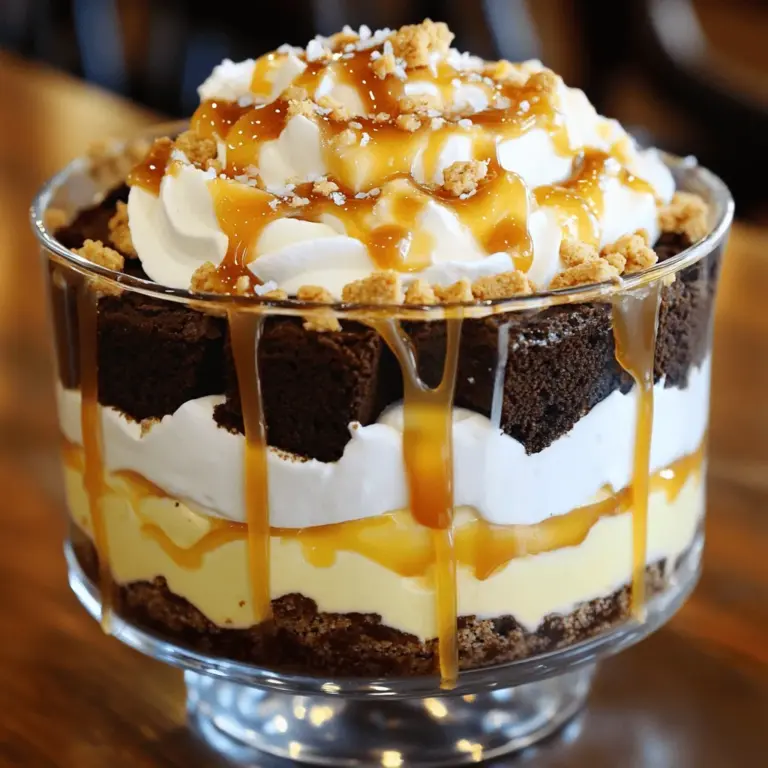 - 6 Brownies (fertig gekauft oder selbstgemacht), in Würfel geschnitten - 1 Tasse Frischkäse, weich - 1/2 Tasse Puderzucker Für das Trifle sind die Hauptzutaten wichtig. Brownies bilden die Basis. Du kannst sie selbst backen oder im Laden kaufen. Frischkäse bringt die cremige Textur. Puderzucker macht die Füllung süß und leicht. Das ist die Grundlage für unseren Genuss. - 1 Tasse Schlagsahne - 1/2 Tasse Karamellsauce (plus extra zum Beträufeln) - 1/2 Tasse zerdrückte Graham-Cracker Zusätzlich brauchst du Schlagsahne. Sie bringt Leichtigkeit in die Mischung. Karamellsauce fügt eine süße Note hinzu und sorgt für den besonderen Kick. Zerdrückte Graham-Cracker geben eine knusprige Textur. Diese Zutaten machen das Trifle besonders lecker. - Meersalz - Zusätzliche Karamellsauce zur Dekoration Die Garnierung ist der letzte Schliff. Meersalz bringt einen tollen Geschmack. Es passt perfekt zu der Süße. Die zusätzliche Karamellsauce sieht toll aus und macht das Dessert noch köstlicher. So wird dein Trifle zu einem echten Hingucker. Wenn du mehr erfahren möchtest, schau dir das [Full Recipe] an. Zuerst nehmen Sie 1 Tasse weichen Frischkäse. Geben Sie ihn in eine Schüssel. Fügen Sie 1/2 Tasse Puderzucker und 1 Teelöffel Vanilleextrakt hinzu. Mixen Sie alles gut mit einem Handmixer. Achten Sie darauf, dass die Mischung schön glatt ist. In einer anderen Schüssel schlagen Sie 1 Tasse Schlagsahne auf. Sie sollte steife Spitzen bilden. Jetzt heben Sie die geschlagene Sahne vorsichtig unter die Frischkäsemasse. So entsteht eine leichte und luftige Cheesecake-Füllung. Beginnen Sie mit der ersten Schicht. Nehmen Sie die gewürfelten Brownies und legen Sie sie in den Boden Ihres Trifle-Geschirrs. Diese Schicht ist wichtig. Sie gibt dem Trifle eine feste Basis. Jetzt geben Sie eine gleichmäßige Schicht der Cheesecake-Mischung über die Brownies. Verwenden Sie einen Löffel, um die Mischung glatt zu streichen. Diese Schicht bringt den cremigen Geschmack. Es ist Zeit für die Karamellsauce. Beträufeln Sie die Cheesecake-Schicht großzügig mit 1/2 Tasse Karamellsauce. Dann streuen Sie 1/2 Tasse zerdrückte Graham-Cracker darüber. Diese sorgen für einen knusprigen Biss. Wiederholen Sie die Schichten, bis das Geschirr voll ist. Beenden Sie mit einer Schicht Cheesecake-Mischung oben. Vergessen Sie nicht, die oberste Schicht mit zusätzlicher Karamellsauce zu garnieren. Bestreuen Sie sie mit etwas Meersalz. Kühlen Sie das Trifle mindestens 2 Stunden im Kühlschrank. So entfalten sich die Aromen. Servieren Sie es gut gekühlt für den besten Genuss. Für das gesamte Rezept schauen Sie sich das [Full Recipe] an. Die Zimmertemperatur der Zutaten ist wichtig. Wenn der Frischkäse weich ist, lässt er sich besser mixen. So wird die Füllung glatt und cremig. Auch die Schlagsahne spielt eine große Rolle. Schlage sie bis zu steifen Spitzen. Das sorgt für eine leichte und luftige Textur. Hebe die Schlagsahne vorsichtig unter die Frischkäsemasse. Dadurch bleibt die Füllung schön fluffig. Für besondere Anlässe ist das Anrichten entscheidend. Verwende ein schönes Trifle-Geschirr oder einzelne Gläser. Diese machen dein Dessert noch ansprechender. Serviere das Trifle gut gekühlt. Wenn du die Karamellsauce leicht erhitzt, glänzt sie schön. Garnieren kannst du mit einem Klecks Schlagsahne und zerdrückten Graham-Crackern. Das sieht toll aus und schmeckt lecker. Beim Schichten können Missgeschicke passieren. Achte darauf, dass die Schichten gleichmäßig sind. Das sorgt für ein schönes Gesamtbild. Wenn du weniger süße Alternativen wählst, wird das Dessert nicht zu süß. Zum Beispiel kannst du einen weniger süßen Karamell oder dunkle Schokolade verwenden. So schmeckt das Trifle besser und passt zu vielen Geschmäckern. {{image_4}} Für dein Trifle kannst du verschiedene Brownies verwenden. Schokoladenbrownies geben einen reichen Geschmack. Klassische Brownies sind weicher und leichter. Beide Optionen sind lecker. Du kannst auch Fruchtsoßen probieren. Himbeersoße oder Erdbeersoße passen gut. Sie geben dem Dessert eine frische Note und weniger Süße. Wenn du glutenfrei kochen willst, gibt es viele Alternativen. Nutze glutenfreies Mehl für die Brownies. Du kannst auch fertige glutenfreie Brownies kaufen. Für eine vegane Version ersetze den Frischkäse. Verwende veganen Frischkäse oder Seidentofu. Statt Sahne kannst du Kokoscreme verwenden. Diese Anpassungen machen das Trifle für alle zugänglich. Für Partys sind Mini-Gläser ideal. Sie sehen hübsch aus und jeder kann sie leicht nehmen. Für große Feiern ist ein familiengroßes Trifle perfekt. So kann sich jeder selbst bedienen. Denke daran, dein Trifle gut zu kühlen. Es schmeckt am besten, wenn es kalt serviert wird. Weitere Ideen findest du im Full Recipe. Das Trifle hält sich gut im Kühlschrank. Es bleibt etwa 3 bis 4 Tage frisch. Achte darauf, es gut abzudecken. Wenn du das Trifle nicht abdeckst, zieht es Gerüche aus dem Kühlschrank an. Anzeichen von Verderb sind eine Veränderung der Farbe oder ein unangenehmer Geruch. Wenn du das bemerkst, wirf es weg. Decke das Trifle mit Frischhaltefolie oder einem Deckel ab. So bleibt es frisch und saftig. Du kannst das Trifle auch einfrieren, wenn du es länger aufbewahren möchtest. Teile es in Portionen auf, bevor du es einfrierst. So kannst du einfach nur die Portion auftauen, die du brauchst. Bevor du das Trifle servierst, achte auf die Abkühlzeit. Es sollte mindestens 2 Stunden im Kühlschrank sein. So vermischen sich die Aromen gut. Bereite die Portionen vor, indem du das Trifle in Gläser füllst. Das sieht schön aus und macht das Servieren einfach. Du kannst die Portionen auch mit extra Karamellsauce und Meersalz garnieren, um sie noch leckerer zu machen. Das Trifle sollte mindestens zwei Stunden im Kühlschrank gekühlt werden. So verbinden sich die Aromen gut. Wenn du Zeit hast, lass es über Nacht stehen. So wird der Geschmack noch besser. Ja, du kannst das Trifle im Voraus machen. Bereite die Schichten vor und lagere sie im Kühlschrank. Baue die Schichten einfach in deinem Trifleglas auf. Das Trifle bleibt frisch und lecker. Achte darauf, es gut abzudecken, damit es nicht austrocknet. Du kannst viele leckere Alternativen nutzen. Schokoladensauce passt perfekt. Nutze auch Erdbeersoße oder Himbeersauce. Diese Früchte bringen einen frischen Geschmack. Für eine nussige Note probiere Erdnussbuttersauce. Du hast viele Optionen, um kreativ zu sein. Zusammengefasst haben wir eine leckere Anleitung für ein Brownie-Cheesecake-Trifle. Wir haben die Hauptzutaten wie Brownies, Frischkäse und Puderzucker besprochen. Zudem gab es Tipps zur Zubereitung und Variationen für jeden Geschmack. Denke daran, die richtigen Zutaten bei Zimmertemperatur zu verwenden, um die perfekte Textur zu erreichen. Dieses Dessert bereichert jedes Fest. Probiere es aus und genieße, wie deine Gäste begeistert sein werden!
