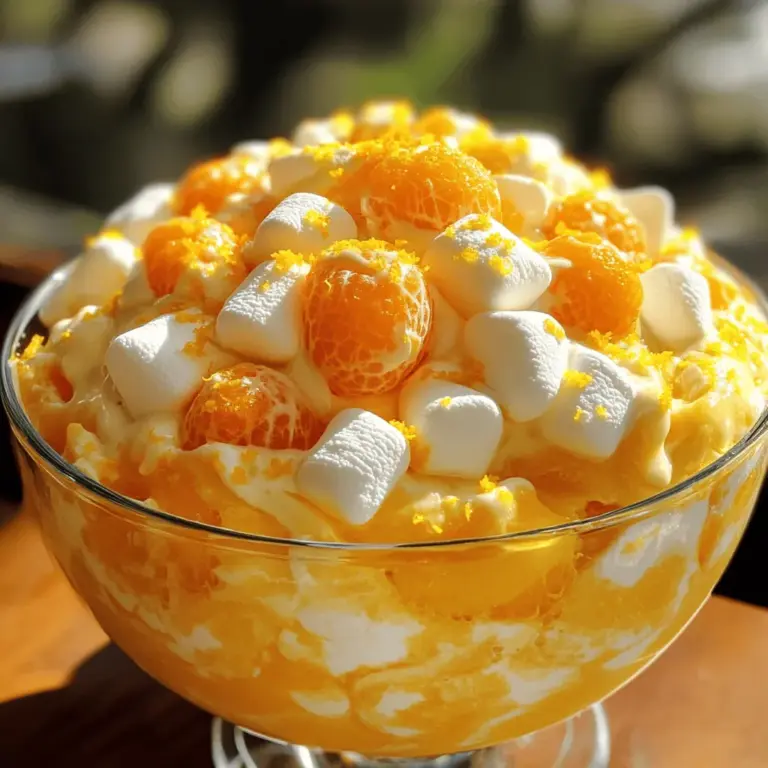 Um Creamsicle Orange Fluff zu machen, brauchst du folgende Hauptzutaten: - 1 Tasse Schlagsahne - 1 Tasse Orangen-Gelatine (z.B. Jell-O) - 1 Tasse kochendes Wasser - 1 Tasse kaltes Wasser - 1 Tasse Hüttenkäse - 1 Teelöffel Vanilleextrakt - 2 Tassen Mandarinen, abgetropft und grob gehackt - 1 Tasse Mini-Marshmallows - Abrieb von 1 Orange Diese Zutaten machen dein Dessert frisch und fruchtig. Die Kombination aus Gelatine und Sahne sorgt für eine tolle, lockere Konsistenz. Du kannst dein Creamsicle Orange Fluff noch interessanter machen. Hier einige optionale Zutaten, die du hinzufügen kannst: - 1/2 Tasse gesüßte Kokosraspeln für einen tropischen Touch - Ein paar Tropfen Lebensmittelfarbe für mehr Spaß - Frische Beeren wie Himbeeren oder Erdbeeren für mehr Fruchtgeschmack Diese Zutaten geben deinem Dessert eine persönliche Note. Du kannst auch experimentieren, um deinen ganz eigenen Geschmack zu finden. Falls du eine Diät machst oder spezielle Bedürfnisse hast, gibt es auch Alternativen: - Verwende leichte Schlagsahne oder eine pflanzliche Sahne für weniger Kalorien. - Ersetze Hüttenkäse durch griechischen Joghurt für mehr Protein. - Nutze zuckerfreie Gelatine für eine kalorienärmere Option. Diese Alternativen helfen dir, das Dessert anzupassen, ohne den Geschmack zu verlieren. So kannst du Creamsicle Orange Fluff genießen, egal welche Diät du verfolgst. Zuerst lösen wir die Orangen-Gelatine in 1 Tasse kochendem Wasser auf. Achte darauf, gut zu rühren. Die Gelatine muss sich vollständig auflösen. Das dauert nur ein paar Minuten. Danach fügen wir 1 Tasse kaltes Wasser hinzu und rühren erneut, bis alles gut vermischt ist. Lass die Mischung auf Zimmertemperatur abkühlen. Das dauert etwa 15 bis 20 Minuten. Jetzt machen wir die Schlagsahne. Nimm eine große Rührschüssel und schlage 1 Tasse Schlagsahne mit einem elektrischen Mixer auf. Schlage, bis weiche Spitzen entstehen. Das dauert etwa 3 bis 5 Minuten. In einer separaten Schüssel vermenge 1 Tasse Hüttenkäse mit 1 Teelöffel Vanilleextrakt. Rühre, bis die Mischung glatt ist. Gieße die abgekühlte Gelatine-Mischung vorsichtig in die Hüttenkäse-Mischung. Rühre sanft um, bis alles gut vermischt ist. Füge die geschlagene Sahne in mehreren Portionen hinzu. Das hilft, die Luft in der Sahne zu behalten. Jetzt kommen die gehackten Mandarinen, die Mini-Marshmallows und der Abrieb von 1 Orange dazu. Falten vorsichtig, bis alles gleichmäßig verteilt ist. Übertrage die Mischung in eine Servierschüssel oder Dessertbecher. Decke sie ab und stelle sie für mindestens 2 Stunden in den Kühlschrank. So wird sie fest und kühl. Vor dem Servieren kannst du das Dessert mit extra Orangenzest oder Mandarinen dekorieren. Jetzt hast du eine tolle Creamsicle Orange Fluff! Um die perfekte Textur von Creamsicle Orange Fluff zu erreichen, ist es wichtig, die Schlagsahne nicht zu übermixen. Schlagen Sie die Sahne, bis sie weiche Spitzen hat. Dies sorgt für eine luftige und leichte Konsistenz. Falten Sie die geschlagene Sahne vorsichtig unter die Gelatine-Mischung. So bleibt die Fluffigkeit erhalten. Achten Sie darauf, die Gelatine-Mischung vollständig abkühlen zu lassen, bevor Sie sie mit dem Hüttenkäse vermischen. Experimentieren Sie mit zusätzlichen Zutaten, um neue Geschmackserlebnisse zu schaffen. Fügen Sie frische Beeren wie Himbeeren oder Erdbeeren hinzu. Sie können auch einen Spritzer Orangensaft für intensiveren Geschmack verwenden. Eine Prise Zimt kann eine unerwartete, aber köstliche Note bringen. Denken Sie daran, die Mengen anzupassen, damit die Textur nicht leidet. Servieren Sie Creamsicle Orange Fluff in schönen Dessertschalen oder Gläsern. Das sieht toll aus! Garnieren Sie mit extra Orangenzest oder ganzen Mandarinen. Auch Minzblätter bringen Farbe und Frische. Wenn Sie es festlicher mögen, verwenden Sie Schokoladensplitter oder bunte Streusel. Diese kleinen Details machen Ihr Dessert noch einladender. Schauen Sie sich auch das [Full Recipe] an, um mehr Ideen zu sammeln! {{image_4}} Wenn du das Rezept für Creamsicle Orange Fluff anpassen möchtest, probiere verschiedene Früchte aus. Du kannst Pfirsiche, Ananas oder Erdbeeren verwenden. Diese Früchte bringen neue Aromen und Farben. Mische sie nach deinem Geschmack. Achte darauf, die Früchte klein zu schneiden, damit sie sich gut mischen. So erhältst du eine fruchtige Note, die jedem gefällt. Einige Menschen haben Allergien gegen bestimmte Zutaten. Du kannst die Schlagsahne durch eine pflanzliche Sahne ersetzen. Das macht das Dessert für viele sicherer. Wenn jemand gegen Milchprodukte allergisch ist, nutze laktosefreien Hüttenkäse. Achte darauf, dass alle Zutaten, die du verwendest, frei von Allergenen sind. So kannst du sicherstellen, dass jeder das Dessert genießen kann. Für eine vegane Version kannst du die Schlagsahne durch Kokoscreme ersetzen. Diese gibt eine tolle Textur und einen leichten Kokosgeschmack. Verwende anstelle von Hüttenkäse eine Mischung aus Seidentofu und etwas Zitronensaft. So bleibt die Cremigkeit erhalten. Achte darauf, dass die Gelatine vegan ist. Es gibt pflanzliche Alternativen wie Agar-Agar, die du verwenden kannst. So kannst du ein köstliches Dessert für alle anbieten. Um Creamsicle Orange Fluff frisch zu halten, bewahre es immer im Kühlschrank auf. Verwende einen luftdichten Behälter. So bleibt der Geschmack gut erhalten. Achte darauf, den Behälter gut zu verschließen. Das Dessert sollte kühl und trocken gelagert werden, fern von starken Gerüchen. Creamsicle Orange Fluff bleibt bis zu fünf Tage im Kühlschrank frisch. Nach dieser Zeit kann die Textur leidern. Außerdem könnte der Geschmack schwächer werden. Es ist besser, das Dessert innerhalb von drei Tagen zu genießen. So bleibt es am leckersten. Das Einfrieren von Creamsicle Orange Fluff ist möglich, aber nicht ideal. Der hohe Wasseranteil kann die Textur verändern. Wenn du es einfrieren möchtest, fülle es in einen gefrierfesten Behälter. Lass etwas Platz, da sich die Mischung ausdehnt. Um es aufzutauen, stelle es einfach in den Kühlschrank. So bleibt es am besten. Die Zubereitung von Creamsicle Orange Fluff dauert etwa 20 Minuten. Das Dessert muss danach für mindestens 2 Stunden im Kühlschrank ruhen. Insgesamt sind es also etwa 2 Stunden und 20 Minuten bis zum Servieren. Wenn du alles gut vorbereitest, kannst du die Zeit optimal nutzen. Ja, du kannst die Gelatine durch Agar-Agar ersetzen. Agar-Agar ist pflanzlich und eignet sich gut für vegane Rezepte. Du musst es jedoch anders zubereiten. Löse Agar-Agar in kochendem Wasser auf. Es wird schneller fest als Gelatine, also achte auf die Mengen. Ja, Creamsicle Orange Fluff ist glutenfrei. Alle Zutaten in diesem Rezept enthalten kein Gluten. Das macht es zu einer tollen Wahl für Leute mit Glutenunverträglichkeit. Du kannst es ohne Bedenken genießen. Für die vollständige Anleitung und die genauen Mengen, schau dir das [Full Recipe] an. Dieses Rezept für Creamsicle Orange Fluff gibt dir viele Optionen. Du hast die Hauptzutaten und Variationen gesehen, um dein Dessert anzupassen. Ich habe Schritt-für-Schritt-Anleitungen gegeben, um dir zu helfen, die perfekte Textur zu erreichen. Denke daran, wie du es aufbewahrst, um die Frische zu erhalten. Ob du Abwandlungen für Allergien oder Diäten brauchst, die Möglichkeiten sind endlos. Also los, experimentiere mit den Zutaten und finde deinen Favoriten!