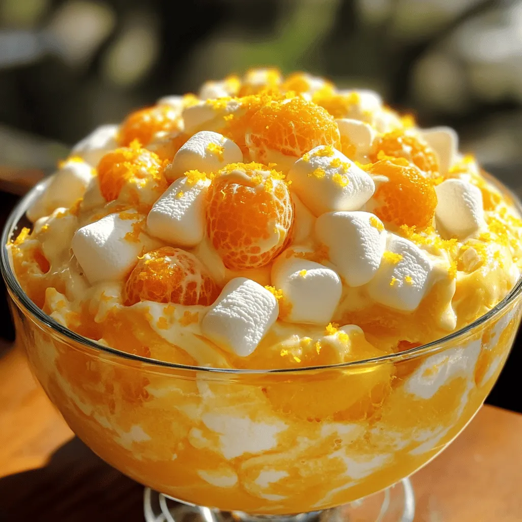 Um Creamsicle Orange Fluff zu machen, brauchst du folgende Hauptzutaten: - 1 Tasse Schlagsahne - 1 Tasse Orangen-Gelatine (z.B. Jell-O) - 1 Tasse kochendes Wasser - 1 Tasse kaltes Wasser - 1 Tasse Hüttenkäse - 1 Teelöffel Vanilleextrakt - 2 Tassen Mandarinen, abgetropft und grob gehackt - 1 Tasse Mini-Marshmallows - Abrieb von 1 Orange Diese Zutaten machen dein Dessert frisch und fruchtig. Die Kombination aus Gelatine und Sahne sorgt für eine tolle, lockere Konsistenz. Du kannst dein Creamsicle Orange Fluff noch interessanter machen. Hier einige optionale Zutaten, die du hinzufügen kannst: - 1/2 Tasse gesüßte Kokosraspeln für einen tropischen Touch - Ein paar Tropfen Lebensmittelfarbe für mehr Spaß - Frische Beeren wie Himbeeren oder Erdbeeren für mehr Fruchtgeschmack Diese Zutaten geben deinem Dessert eine persönliche Note. Du kannst auch experimentieren, um deinen ganz eigenen Geschmack zu finden. Falls du eine Diät machst oder spezielle Bedürfnisse hast, gibt es auch Alternativen: - Verwende leichte Schlagsahne oder eine pflanzliche Sahne für weniger Kalorien. - Ersetze Hüttenkäse durch griechischen Joghurt für mehr Protein. - Nutze zuckerfreie Gelatine für eine kalorienärmere Option. Diese Alternativen helfen dir, das Dessert anzupassen, ohne den Geschmack zu verlieren. So kannst du Creamsicle Orange Fluff genießen, egal welche Diät du verfolgst. Zuerst lösen wir die Orangen-Gelatine in 1 Tasse kochendem Wasser auf. Achte darauf, gut zu rühren. Die Gelatine muss sich vollständig auflösen. Das dauert nur ein paar Minuten. Danach fügen wir 1 Tasse kaltes Wasser hinzu und rühren erneut, bis alles gut vermischt ist. Lass die Mischung auf Zimmertemperatur abkühlen. Das dauert etwa 15 bis 20 Minuten. Jetzt machen wir die Schlagsahne. Nimm eine große Rührschüssel und schlage 1 Tasse Schlagsahne mit einem elektrischen Mixer auf. Schlage, bis weiche Spitzen entstehen. Das dauert etwa 3 bis 5 Minuten. In einer separaten Schüssel vermenge 1 Tasse Hüttenkäse mit 1 Teelöffel Vanilleextrakt. Rühre, bis die Mischung glatt ist. Gieße die abgekühlte Gelatine-Mischung vorsichtig in die Hüttenkäse-Mischung. Rühre sanft um, bis alles gut vermischt ist. Füge die geschlagene Sahne in mehreren Portionen hinzu. Das hilft, die Luft in der Sahne zu behalten. Jetzt kommen die gehackten Mandarinen, die Mini-Marshmallows und der Abrieb von 1 Orange dazu. Falten vorsichtig, bis alles gleichmäßig verteilt ist. Übertrage die Mischung in eine Servierschüssel oder Dessertbecher. Decke sie ab und stelle sie für mindestens 2 Stunden in den Kühlschrank. So wird sie fest und kühl. Vor dem Servieren kannst du das Dessert mit extra Orangenzest oder Mandarinen dekorieren. Jetzt hast du eine tolle Creamsicle Orange Fluff! Um die perfekte Textur von Creamsicle Orange Fluff zu erreichen, ist es wichtig, die Schlagsahne nicht zu übermixen. Schlagen Sie die Sahne, bis sie weiche Spitzen hat. Dies sorgt für eine luftige und leichte Konsistenz. Falten Sie die geschlagene Sahne vorsichtig unter die Gelatine-Mischung. So bleibt die Fluffigkeit erhalten. Achten Sie darauf, die Gelatine-Mischung vollständig abkühlen zu lassen, bevor Sie sie mit dem Hüttenkäse vermischen. Experimentieren Sie mit zusätzlichen Zutaten, um neue Geschmackserlebnisse zu schaffen. Fügen Sie frische Beeren wie Himbeeren oder Erdbeeren hinzu. Sie können auch einen Spritzer Orangensaft für intensiveren Geschmack verwenden. Eine Prise Zimt kann eine unerwartete, aber köstliche Note bringen. Denken Sie daran, die Mengen anzupassen, damit die Textur nicht leidet. Servieren Sie Creamsicle Orange Fluff in schönen Dessertschalen oder Gläsern. Das sieht toll aus! Garnieren Sie mit extra Orangenzest oder ganzen Mandarinen. Auch Minzblätter bringen Farbe und Frische. Wenn Sie es festlicher mögen, verwenden Sie Schokoladensplitter oder bunte Streusel. Diese kleinen Details machen Ihr Dessert noch einladender. Schauen Sie sich auch das [Full Recipe] an, um mehr Ideen zu sammeln! {{image_4}} Wenn du das Rezept für Creamsicle Orange Fluff anpassen möchtest, probiere verschiedene Früchte aus. Du kannst Pfirsiche, Ananas oder Erdbeeren verwenden. Diese Früchte bringen neue Aromen und Farben. Mische sie nach deinem Geschmack. Achte darauf, die Früchte klein zu schneiden, damit sie sich gut mischen. So erhältst du eine fruchtige Note, die jedem gefällt. Einige Menschen haben Allergien gegen bestimmte Zutaten. Du kannst die Schlagsahne durch eine pflanzliche Sahne ersetzen. Das macht das Dessert für viele sicherer. Wenn jemand gegen Milchprodukte allergisch ist, nutze laktosefreien Hüttenkäse. Achte darauf, dass alle Zutaten, die du verwendest, frei von Allergenen sind. So kannst du sicherstellen, dass jeder das Dessert genießen kann. Für eine vegane Version kannst du die Schlagsahne durch Kokoscreme ersetzen. Diese gibt eine tolle Textur und einen leichten Kokosgeschmack. Verwende anstelle von Hüttenkäse eine Mischung aus Seidentofu und etwas Zitronensaft. So bleibt die Cremigkeit erhalten. Achte darauf, dass die Gelatine vegan ist. Es gibt pflanzliche Alternativen wie Agar-Agar, die du verwenden kannst. So kannst du ein köstliches Dessert für alle anbieten. Um Creamsicle Orange Fluff frisch zu halten, bewahre es immer im Kühlschrank auf. Verwende einen luftdichten Behälter. So bleibt der Geschmack gut erhalten. Achte darauf, den Behälter gut zu verschließen. Das Dessert sollte kühl und trocken gelagert werden, fern von starken Gerüchen. Creamsicle Orange Fluff bleibt bis zu fünf Tage im Kühlschrank frisch. Nach dieser Zeit kann die Textur leidern. Außerdem könnte der Geschmack schwächer werden. Es ist besser, das Dessert innerhalb von drei Tagen zu genießen. So bleibt es am leckersten. Das Einfrieren von Creamsicle Orange Fluff ist möglich, aber nicht ideal. Der hohe Wasseranteil kann die Textur verändern. Wenn du es einfrieren möchtest, fülle es in einen gefrierfesten Behälter. Lass etwas Platz, da sich die Mischung ausdehnt. Um es aufzutauen, stelle es einfach in den Kühlschrank. So bleibt es am besten. Die Zubereitung von Creamsicle Orange Fluff dauert etwa 20 Minuten. Das Dessert muss danach für mindestens 2 Stunden im Kühlschrank ruhen. Insgesamt sind es also etwa 2 Stunden und 20 Minuten bis zum Servieren. Wenn du alles gut vorbereitest, kannst du die Zeit optimal nutzen. Ja, du kannst die Gelatine durch Agar-Agar ersetzen. Agar-Agar ist pflanzlich und eignet sich gut für vegane Rezepte. Du musst es jedoch anders zubereiten. Löse Agar-Agar in kochendem Wasser auf. Es wird schneller fest als Gelatine, also achte auf die Mengen. Ja, Creamsicle Orange Fluff ist glutenfrei. Alle Zutaten in diesem Rezept enthalten kein Gluten. Das macht es zu einer tollen Wahl für Leute mit Glutenunverträglichkeit. Du kannst es ohne Bedenken genießen. Für die vollständige Anleitung und die genauen Mengen, schau dir das [Full Recipe] an. Dieses Rezept für Creamsicle Orange Fluff gibt dir viele Optionen. Du hast die Hauptzutaten und Variationen gesehen, um dein Dessert anzupassen. Ich habe Schritt-für-Schritt-Anleitungen gegeben, um dir zu helfen, die perfekte Textur zu erreichen. Denke daran, wie du es aufbewahrst, um die Frische zu erhalten. Ob du Abwandlungen für Allergien oder Diäten brauchst, die Möglichkeiten sind endlos. Also los, experimentiere mit den Zutaten und finde deinen Favoriten!