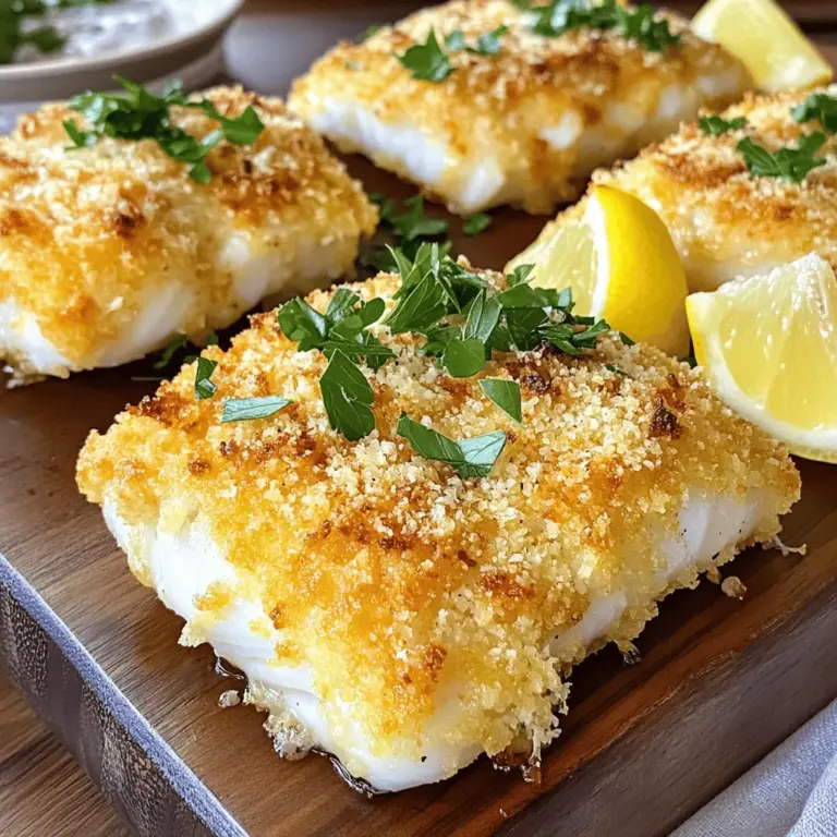 - 4 Kabeljaufilets - 1 Tasse Panko-Brösel - 1/2 Tasse geriebener Parmesan Die Hauptzutaten sind einfach zu finden. Kabeljau ist ein zarter Fisch, der gut schmeckt. Panko-Brösel geben eine knusprige Textur. Parmesan bringt einen tollen Geschmack ins Spiel. Diese Kombination sorgt für ein leckeres Gericht. - Frische Petersilie - Abgeriebene Zitronenschale - Knoblauchpulver und Paprika Gewürze machen das Gericht besonders. Frische Petersilie bringt Farbe und Frische. Zitronenschale fügt einen spritzigen Geschmack hinzu. Knoblauchpulver gibt Tiefe, und Paprika bringt eine sanfte Würze. Diese Aromen machen den gebackenen Kabeljau unwiderstehlich. - Geschmolzene Butter oder Olivenöl - Zitronenschnitze zum Servieren Ein wenig geschmolzene Butter oder Olivenöl macht die Kruste besser. Sie hilft, die Panko-Brösel zu halten. Zitronenschnitze sind ideal zum Servieren. Sie geben einen frischen Kick, wenn du den Fisch isst. Wenn du mehr Geschmack haben möchtest, kannst du auch andere Kräuter hinzufügen. Für das vollständige Rezept, schau dir die Anleitung an. - Heize den Ofen auf 200°C vor. - Lege ein Backblech mit Backpapier aus. - Mische Panko, Parmesan und Gewürze in einer Schüssel. - Rühre die Mischung gut um, bis alles gleichmäßig verteilt ist. - Tupfe die Kabeljaufilets mit einem Küchentuch trocken. - Bestreiche die Filets mit geschmolzener Butter oder Olivenöl. - Drücke die Panko-Mischung fest auf die Oberseite der Filets. - Backe die Filets für 12-15 Minuten im Ofen. - Lass die Fische eine Minute ruhen, bevor du sie garnierst und servierst. Um eine perfekte Kruste zu erzielen, verteilen Sie die Panko-Mischung gleichmäßig. Drücken Sie die Mischung leicht an, damit sie gut haftet. Passen Sie die Backzeit an, wenn Ihr Ofen anders heizt. Überprüfen Sie den Fisch nach 12 Minuten. Er sollte goldbraun und durchscheinend sein. Möchten Sie das Rezept verfeinern? Fügen Sie frische Kräuter wie Dill oder Thymian hinzu. Diese geben eine frische Note. Experimentieren Sie mit Gewürzen wie Cayennepfeffer oder italienischen Kräutern. So wird Ihr Gericht noch geschmackvoller. Kombinieren Sie den Kabeljau mit leckeren Beilagen. Gedämpftes Gemüse oder ein frischer Salat passen gut dazu. Für die Präsentation legen Sie den Fisch auf eine schöne Platte. Garnieren Sie mit Petersilie und Zitronenschnitten. So sieht das Gericht noch ansprechender aus. {{image_4}} Wenn du nach einer gesünderen Option suchst, probiere Olivenöl statt Butter. Olivenöl hat gesunde Fette und bringt einen tollen Geschmack. Es ist eine einfache Änderung, die dein Gericht besser macht. Vegane Optionen sind ebenfalls möglich. Du kannst den Parmesan durch eine vegane Käsealternative ersetzen. Dies gibt der Kruste einen ähnlichen Geschmack und eine schöne Textur. Um den Geschmack zu verbessern, füge mehr Käse oder verschiedene Gewürze hinzu. Zum Beispiel kann etwas Feta oder Ziegenkäse in die Kruste gemischt werden. Auch die Verwendung von frischen Kräutern wie Thymian oder Oregano macht einen Unterschied. Denke daran, saisonale Zutaten zu verwenden. Im Frühling kannst du Spargel oder Erbsen hinzufügen. Im Herbst sind Kürbis und Süßkartoffeln großartige Beilagen. Die Beilagen machen dein Gericht interessanter. Serviere den Kabeljau mit verschiedenen Gemüsearten wie Brokkoli oder Karotten. Diese bringen Farbe und Nährstoffe auf deinen Teller. Auch verschiedene Salate passen gut dazu. Ein frischer grüner Salat oder ein Quinoasalat sind hervorragende Optionen. Experimentiere mit verschiedenen Kombinationen, um dein Essen zu bereichern. Um die Reste von Panko Parmesan Crusted Baked Cod gut aufzubewahren, benutze einen luftdichten Behälter. Du kannst die Reste bis zu 2-3 Tage im Kühlschrank lagern. Achte darauf, den Fisch nach dem Abkühlen zu verpacken. So bleibt der Geschmack frisch. Wenn es Zeit ist, die Reste aufzuwärmen, benutze den Ofen. Heize ihn auf 180°C vor. Lege die Filets auf ein Backblech mit Backpapier. So bleibt der Fisch knusprig und lecker. Vermeide die Mikrowelle, da der Fisch matschig werden kann. Backe die Reste für 10 Minuten, bis sie warm sind. Das Einfrieren von Panko Parmesan Crusted Baked Cod ist einfach. Lasse den Fisch zuerst vollständig abkühlen. Wickele ihn dann fest in Frischhaltefolie ein. Lege die eingewickelten Filets in einen Gefrierbeutel. So bleiben sie bis zu 2 Monate frisch. Achte darauf, die Luft gut herauszudrücken, bevor du den Beutel schließt. Um die Kruste besonders knusprig zu machen, sind einige Tipps wichtig. - Panko-Brösel verwenden: Diese sind leichter und luftiger als normale Brösel. - Butter oder Öl: Verwenden Sie geschmolzene Butter oder Olivenöl für mehr Knusprigkeit. - Backzeit und Temperatur: Backen Sie den Kabeljau bei 200°C für 12-15 Minuten. - Doppelte Schicht: Fügen Sie eine zweite Schicht Panko hinzu, um die Kruste dicker zu machen. Ja, gefrorener Kabeljau ist eine gute Wahl. Achten Sie darauf, den Fisch vorher gut aufzutauen. Tupfen Sie ihn trocken, bevor Sie die Kruste auftragen. So bleibt die Kruste knusprig. Zu gebackenem Kabeljau passen viele Beilagen: - Gedämpftes Gemüse: Brokkoli oder grüne Bohnen sind ideal. - Salate: Ein frischer grüner Salat ergänzt das Gericht gut. - Kartoffeln: Brat- oder Ofenkartoffeln sind eine tolle Ergänzung. Ja, gebackener Kabeljau hat viele gesundheitliche Vorteile. Er ist reich an Eiweiß und enthält Omega-3-Fettsäuren. Diese sind gut für das Herz. Außerdem ist das Gericht fettärmer, weil wir es backen und nicht frittieren. Für beste Zutaten empfehle ich, lokalen Fischmarkt zu besuchen. Achten Sie auf frischen Kabeljau und Bio-Zutaten. Fragen Sie den Verkäufer nach der Herkunft des Fisches. So stellen Sie sicher, dass Sie frische Produkte kaufen. Das vollständige Rezept "Panko-Parmesan-Crusted Gebackener Kabeljau" finden Sie in der Rezeptübersicht. Dort sind alle Schritte klar beschrieben. Zusammengefasst bietet dieser Artikel ein einfaches Rezept für gebackenen Kabeljau. Wir haben die wichtigen Zutaten aufgelistet und jeden Schritt erklärt. Handwerkliche Tipps helfen, die perfekte Kruste zu erzielen. Variationen und Lagerinformationen erweitern die Möglichkeiten. Genieße dein Gericht mit kreativen Beilagen. So machst du es jedem schmackhaft. Gesundheitliche Vorteile sprechen auch für dieses Rezept. Probiere es aus und mach es zu deinem eigenen Highlight!