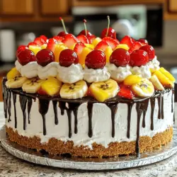 Für diesen leckeren No-Bake Bananen-Split-Kuchen brauchst du einige einfache Zutaten: - 1 ½ Tassen Graham-Cracker-Brösel - ½ Tasse ungesalzene Butter, geschmolzen - 1 Tasse Puderzucker - 8 oz Frischkäse, weich - 1 Tasse Schlagsahne (aus dem Handel oder selbstgemacht) - 2 reife Bananen, in Scheiben geschnitten - 1 Tasse frische Erdbeeren, entstielt und in Scheiben geschnitten - 1 Dose (20 oz) zerdrückte Ananas, gut abgetropft - ½ Tasse gehackte Walnüsse (optional) - Schokoladensirup zum Überziehen - Maraschino-Kirschen zum Garnieren Diese Zutaten bilden die Grundlage für den Kuchen. Die Kombination aus frischen Früchten und einer cremigen Schicht macht ihn unwiderstehlich. Die Dekoration ist wichtig, um das Auge zu erfreuen. Du kannst den Kuchen mit etwas Schokoladensirup und Maraschino-Kirschen toppen. Diese Zutaten geben dem Kuchen nicht nur einen schönen Look, sondern auch einen zusätzlichen Geschmackskick. Du kannst auch etwas geraspelte Schokolade oder Nüsse als Topping verwenden, um ihm mehr Textur zu geben. Dieser Kuchen ist eine süße Versuchung, also genieße ihn in Maßen. Er enthält viele Früchte, die Vitamine und Ballaststoffe bieten. Wenn du gesündere Alternativen suchst, kannst du die folgenden Optionen in Betracht ziehen: - Verwende griechischen Joghurt anstelle von Frischkäse für weniger Fett. - Nutze Honig oder Agavendicksaft anstelle von Puderzucker. - Du kannst auch glutenfreie Kekse für die Kruste verwenden. Diese Anpassungen helfen dir, den Kuchen gesünder zu gestalten, ohne den Geschmack zu verlieren. Für das vollständige Rezept, schau dir [Full Recipe] an. Um den Boden vorzubereiten, nimm eine große Rührschüssel. Mische die Graham-Cracker-Brösel mit der geschmolzenen Butter. Rühre gut um. Die Mischung sollte wie feuchter Sand aussehen. Drücke diese Mischung fest in eine 9x13-Zoll-Backform. Achte darauf, dass die Kruste gleichmäßig und stabil ist. Für die Frischkäse-Creme nimm eine separate Schüssel. Schlage den weichen Frischkäse mit dem Puderzucker auf. Mache dies, bis die Masse glatt ist. Jetzt hebst du die Schlagsahne vorsichtig unter. Diese Mischung ist jetzt bereit, um auf die Kruste verteilt zu werden. Achte darauf, dass sie gleichmäßig verteilt ist. Beginne mit den Bananenscheiben. Lege sie gleichmäßig über die Frischkäse-Schicht. Danach kommt die zerdrückte Ananas, die gut abgetropft sein sollte. Dies verhindert, dass der Kuchen zu feucht wird. Jetzt füge die Erdbeerscheiben hinzu. Wenn du magst, streue die gehackten Walnüsse darüber. Diese Schichten machen deinen Kuchen bunt und lecker! Um die beste Konsistenz für deinen No-Bake Bananen-Split-Kuchen zu erreichen, achte darauf, dass die Frischkäse-Mischung glatt ist. Sie sollte keine Klumpen haben. Wenn du die Schlagsahne unterhebst, sei vorsichtig. Mische sie sanft, damit die Creme luftig bleibt. Zu viel rühren kann die Luft herausnehmen. Ein häufiger Fehler ist, die Ananas nicht gut abtropfen zu lassen. Zu viel Flüssigkeit kann den Kuchen matschig machen. Stelle sicher, dass die Ananas wirklich trocken ist. Ein anderer Fehler ist, die Kruste nicht fest genug zu drücken. Eine gut geformte Kruste hält alles zusammen. Du kannst dein Rezept leicht anpassen. Statt Walnüssen kannst du Mandeln oder Haselnüsse verwenden. Für einen anderen Geschmack, füge Kokosraspeln hinzu. Wenn du eine glutenfreie Option möchtest, ersetze die Graham-Cracker durch glutenfreie Kekse. Sei kreativ mit den Früchten! Nutze Pfirsiche oder Beeren statt Bananen und Erdbeeren. {{image_4}} Möchtest du eine glutenfreie Version des No-Bake Bananen-Split-Kuchens? Kein Problem! Du kannst die Graham-Cracker durch glutenfreie Kekse ersetzen. Suche nach glutenfreien Keksen, die gut zerbröseln. Die restlichen Zutaten bleiben gleich. So bekommst du einen leckeren Kuchen, der auch für glutenfreie Ernährungsweisen geeignet ist. Für eine vegane Variante, ersetze den Frischkäse mit einer pflanzlichen Alternative. Kokosnuss-Creme funktioniert hervorragend. Verwende auch vegane Butter für die Kruste. Statt Schlagsahne kannst du Kokosnuss-Schlagsahne nutzen. Achte darauf, dass alle Zutaten tierfrei sind. So kannst du einen köstlichen veganen Kuchen genießen. Der No-Bake Bananen-Split-Kuchen erlaubt viele fruchtige Variationen. Du kannst die Bananen durch andere Früchte wie Mangos oder Pfirsiche ersetzen. Auch Beeren sind eine tolle Wahl. Frische Früchte bringen einen neuen Geschmack. Experimentiere und finde deine Lieblingskombination! Der No-Bake Bananen-Split-Kuchen bleibt frisch, wenn du ihn im Kühlschrank aufbewahrst. Decke ihn mit Frischhaltefolie oder Alufolie ab. So bleibt die Feuchtigkeit drin und der Kuchen trocknet nicht aus. Lagere ihn im Kühlschrank für bis zu fünf Tage. Die Aromen ziehen gut durch und der Kuchen bleibt fest. Du kannst den Kuchen auch einfrieren, wenn du ihn länger aufbewahren möchtest. Schneide ihn in Portionen, bevor du ihn einfrierst. Verwende gefriergeeignete Behälter oder Folie. So bleibt der Kuchen bis zu drei Monate frisch. Lass ihn im Kühlschrank auftauen, bevor du ihn servierst. Die Haltbarkeit des No-Bake Bananen-Split-Kuchens hängt von der Lagerung ab. Bei richtiger Lagerung im Kühlschrank bleibt er bis zu fünf Tage gut. Im Gefrierfach kann er bis zu drei Monate haltbar sein. Achte darauf, dass du ihn vor dem Servieren auf Raumtemperatur bringst. So schmeckt er am besten. Die Zubereitung des No-Bake Bananen-Split-Kuchens dauert nur etwa 20 Minuten. Du bereitest die Zutaten schnell vor und schichtest sie in die Form. Die Kühlzeit beträgt mindestens 4 Stunden. Für beste Ergebnisse lasse ihn über Nacht im Kühlschrank. So können sich die Aromen gut verbinden und der Kuchen wird fest. Ja, du kannst andere Früchte verwenden! Die Kombination von Bananen, Erdbeeren und Ananas ist klassisch. Aber du kannst auch andere Früchte wie Pfirsiche oder Himbeeren probieren. Achte darauf, dass die Früchte gut abgetropft sind. So bleibt der Kuchen nicht zu feucht und behält seine Form. Du kannst den Kuchen leicht im Voraus zubereiten. Bereite ihn einfach am Vortag zu und kühle ihn über Nacht. So hast du weniger Stress am Tag der Feier. Du kannst ihn auch bis zu drei Tage im Voraus machen. Decke ihn gut ab, damit er frisch bleibt. Der No-Bake Bananen-Split-Kuchen ist einfach und lecker. Er besteht aus einem knusprigen Boden, cremiger Frischkäsefüllung und frischen Früchten. Tipps helfen dir, Fehler zu vermeiden und das Rezept anzupassen. Du kannst sogar glutenfreie oder vegane Varianten machen. Lagerungshinweise zeigen dir, wie du den Kuchen frisch hältst. Probiere es aus und genieße jeden Bissen! So bleibt er ein Hit bei jedem Anlass.
