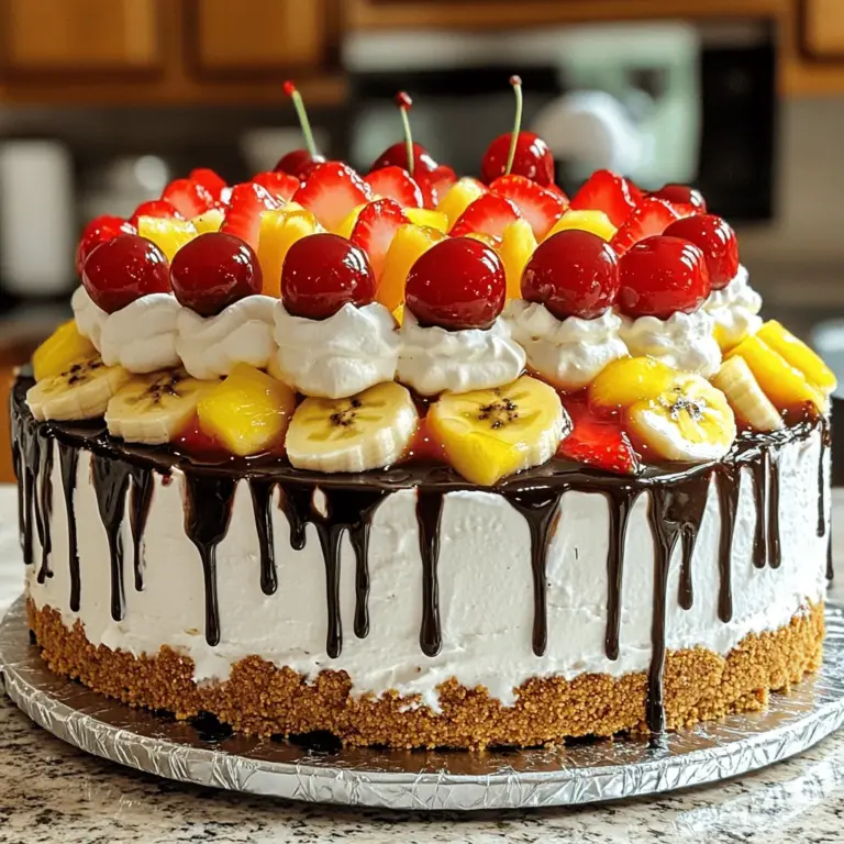 Für diesen leckeren No-Bake Bananen-Split-Kuchen brauchst du einige einfache Zutaten: - 1 ½ Tassen Graham-Cracker-Brösel - ½ Tasse ungesalzene Butter, geschmolzen - 1 Tasse Puderzucker - 8 oz Frischkäse, weich - 1 Tasse Schlagsahne (aus dem Handel oder selbstgemacht) - 2 reife Bananen, in Scheiben geschnitten - 1 Tasse frische Erdbeeren, entstielt und in Scheiben geschnitten - 1 Dose (20 oz) zerdrückte Ananas, gut abgetropft - ½ Tasse gehackte Walnüsse (optional) - Schokoladensirup zum Überziehen - Maraschino-Kirschen zum Garnieren Diese Zutaten bilden die Grundlage für den Kuchen. Die Kombination aus frischen Früchten und einer cremigen Schicht macht ihn unwiderstehlich. Die Dekoration ist wichtig, um das Auge zu erfreuen. Du kannst den Kuchen mit etwas Schokoladensirup und Maraschino-Kirschen toppen. Diese Zutaten geben dem Kuchen nicht nur einen schönen Look, sondern auch einen zusätzlichen Geschmackskick. Du kannst auch etwas geraspelte Schokolade oder Nüsse als Topping verwenden, um ihm mehr Textur zu geben. Dieser Kuchen ist eine süße Versuchung, also genieße ihn in Maßen. Er enthält viele Früchte, die Vitamine und Ballaststoffe bieten. Wenn du gesündere Alternativen suchst, kannst du die folgenden Optionen in Betracht ziehen: - Verwende griechischen Joghurt anstelle von Frischkäse für weniger Fett. - Nutze Honig oder Agavendicksaft anstelle von Puderzucker. - Du kannst auch glutenfreie Kekse für die Kruste verwenden. Diese Anpassungen helfen dir, den Kuchen gesünder zu gestalten, ohne den Geschmack zu verlieren. Für das vollständige Rezept, schau dir [Full Recipe] an. Um den Boden vorzubereiten, nimm eine große Rührschüssel. Mische die Graham-Cracker-Brösel mit der geschmolzenen Butter. Rühre gut um. Die Mischung sollte wie feuchter Sand aussehen. Drücke diese Mischung fest in eine 9x13-Zoll-Backform. Achte darauf, dass die Kruste gleichmäßig und stabil ist. Für die Frischkäse-Creme nimm eine separate Schüssel. Schlage den weichen Frischkäse mit dem Puderzucker auf. Mache dies, bis die Masse glatt ist. Jetzt hebst du die Schlagsahne vorsichtig unter. Diese Mischung ist jetzt bereit, um auf die Kruste verteilt zu werden. Achte darauf, dass sie gleichmäßig verteilt ist. Beginne mit den Bananenscheiben. Lege sie gleichmäßig über die Frischkäse-Schicht. Danach kommt die zerdrückte Ananas, die gut abgetropft sein sollte. Dies verhindert, dass der Kuchen zu feucht wird. Jetzt füge die Erdbeerscheiben hinzu. Wenn du magst, streue die gehackten Walnüsse darüber. Diese Schichten machen deinen Kuchen bunt und lecker! Um die beste Konsistenz für deinen No-Bake Bananen-Split-Kuchen zu erreichen, achte darauf, dass die Frischkäse-Mischung glatt ist. Sie sollte keine Klumpen haben. Wenn du die Schlagsahne unterhebst, sei vorsichtig. Mische sie sanft, damit die Creme luftig bleibt. Zu viel rühren kann die Luft herausnehmen. Ein häufiger Fehler ist, die Ananas nicht gut abtropfen zu lassen. Zu viel Flüssigkeit kann den Kuchen matschig machen. Stelle sicher, dass die Ananas wirklich trocken ist. Ein anderer Fehler ist, die Kruste nicht fest genug zu drücken. Eine gut geformte Kruste hält alles zusammen. Du kannst dein Rezept leicht anpassen. Statt Walnüssen kannst du Mandeln oder Haselnüsse verwenden. Für einen anderen Geschmack, füge Kokosraspeln hinzu. Wenn du eine glutenfreie Option möchtest, ersetze die Graham-Cracker durch glutenfreie Kekse. Sei kreativ mit den Früchten! Nutze Pfirsiche oder Beeren statt Bananen und Erdbeeren. {{image_4}} Möchtest du eine glutenfreie Version des No-Bake Bananen-Split-Kuchens? Kein Problem! Du kannst die Graham-Cracker durch glutenfreie Kekse ersetzen. Suche nach glutenfreien Keksen, die gut zerbröseln. Die restlichen Zutaten bleiben gleich. So bekommst du einen leckeren Kuchen, der auch für glutenfreie Ernährungsweisen geeignet ist. Für eine vegane Variante, ersetze den Frischkäse mit einer pflanzlichen Alternative. Kokosnuss-Creme funktioniert hervorragend. Verwende auch vegane Butter für die Kruste. Statt Schlagsahne kannst du Kokosnuss-Schlagsahne nutzen. Achte darauf, dass alle Zutaten tierfrei sind. So kannst du einen köstlichen veganen Kuchen genießen. Der No-Bake Bananen-Split-Kuchen erlaubt viele fruchtige Variationen. Du kannst die Bananen durch andere Früchte wie Mangos oder Pfirsiche ersetzen. Auch Beeren sind eine tolle Wahl. Frische Früchte bringen einen neuen Geschmack. Experimentiere und finde deine Lieblingskombination! Der No-Bake Bananen-Split-Kuchen bleibt frisch, wenn du ihn im Kühlschrank aufbewahrst. Decke ihn mit Frischhaltefolie oder Alufolie ab. So bleibt die Feuchtigkeit drin und der Kuchen trocknet nicht aus. Lagere ihn im Kühlschrank für bis zu fünf Tage. Die Aromen ziehen gut durch und der Kuchen bleibt fest. Du kannst den Kuchen auch einfrieren, wenn du ihn länger aufbewahren möchtest. Schneide ihn in Portionen, bevor du ihn einfrierst. Verwende gefriergeeignete Behälter oder Folie. So bleibt der Kuchen bis zu drei Monate frisch. Lass ihn im Kühlschrank auftauen, bevor du ihn servierst. Die Haltbarkeit des No-Bake Bananen-Split-Kuchens hängt von der Lagerung ab. Bei richtiger Lagerung im Kühlschrank bleibt er bis zu fünf Tage gut. Im Gefrierfach kann er bis zu drei Monate haltbar sein. Achte darauf, dass du ihn vor dem Servieren auf Raumtemperatur bringst. So schmeckt er am besten. Die Zubereitung des No-Bake Bananen-Split-Kuchens dauert nur etwa 20 Minuten. Du bereitest die Zutaten schnell vor und schichtest sie in die Form. Die Kühlzeit beträgt mindestens 4 Stunden. Für beste Ergebnisse lasse ihn über Nacht im Kühlschrank. So können sich die Aromen gut verbinden und der Kuchen wird fest. Ja, du kannst andere Früchte verwenden! Die Kombination von Bananen, Erdbeeren und Ananas ist klassisch. Aber du kannst auch andere Früchte wie Pfirsiche oder Himbeeren probieren. Achte darauf, dass die Früchte gut abgetropft sind. So bleibt der Kuchen nicht zu feucht und behält seine Form. Du kannst den Kuchen leicht im Voraus zubereiten. Bereite ihn einfach am Vortag zu und kühle ihn über Nacht. So hast du weniger Stress am Tag der Feier. Du kannst ihn auch bis zu drei Tage im Voraus machen. Decke ihn gut ab, damit er frisch bleibt. Der No-Bake Bananen-Split-Kuchen ist einfach und lecker. Er besteht aus einem knusprigen Boden, cremiger Frischkäsefüllung und frischen Früchten. Tipps helfen dir, Fehler zu vermeiden und das Rezept anzupassen. Du kannst sogar glutenfreie oder vegane Varianten machen. Lagerungshinweise zeigen dir, wie du den Kuchen frisch hältst. Probiere es aus und genieße jeden Bissen! So bleibt er ein Hit bei jedem Anlass.
