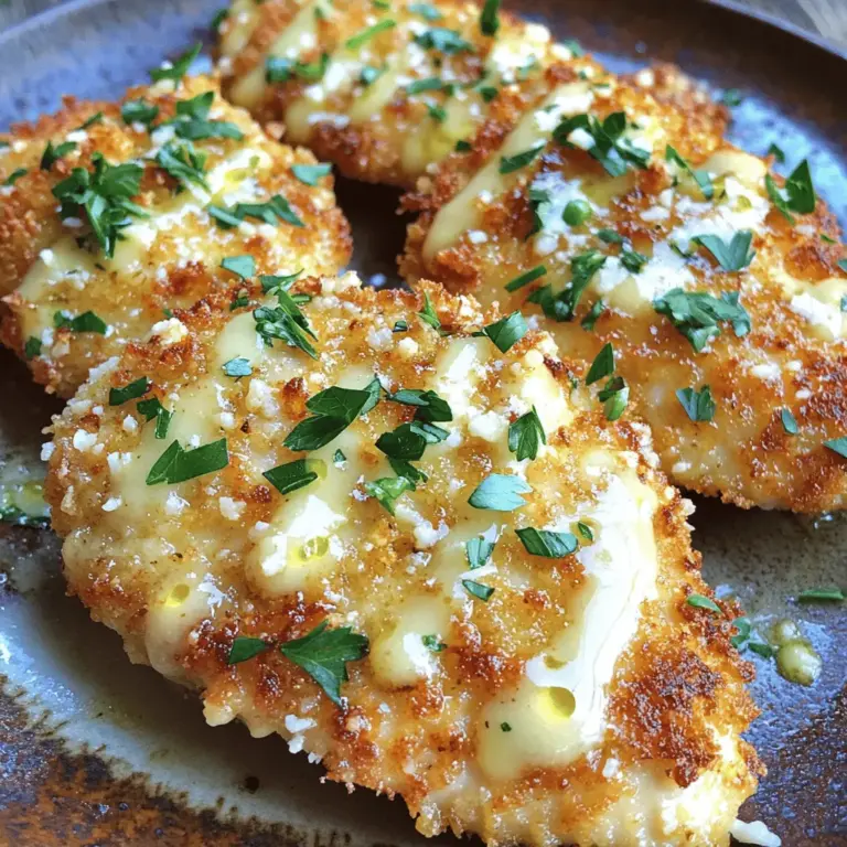 - 2 Hähnchenbrustfilets ohne Knochen und Haut - 240 ml Weizenmehl - 2 große Eier, verquirlt - 240 ml Paniermehl - 120 ml geriebener Parmesan - 1 Teelöffel Knoblauchpulver - 1 Teelöffel Paprika - Salz und Pfeffer nach Geschmack - 60 ml Olivenöl zum Braten - 60 g ungesalzene Butter - 4 Knoblauchzehen, fein gehackt - 1 Esslöffel frische Petersilie, gehackt Die Zutaten sind einfach zu finden. Ich liebe frische Produkte. Sie machen das Gericht besser. Die Hähnchenbrustfilets sind wichtig für die Hauptzutat. Sie müssen zart und saftig sein. Das Weizenmehl sorgt für die Basis der Panade. Es gibt Struktur und Halt. Die Eier halten die Panade zusammen. Sie helfen auch, die Aromen zu binden. Paniermehl gibt den Crunch, den wir lieben. Parmesan bringt den würzigen Geschmack, der das Hähnchen besonders macht. Die Gewürze und Öle sind entscheidend für den Geschmack. Knoblauchpulver und Paprika geben eine schöne Tiefe. Salz und Pfeffer machen alles lebendig. Olivenöl sorgt für die perfekte Bräunung beim Braten. Die Knoblauchsauce ist das i-Tüpfelchen. Sie macht das Gericht besonders lecker. Ungesalzene Butter gibt eine reiche Grundlage. Frischer Knoblauch bringt das Aroma. Petersilie verleiht Farbe und Frische. Für das volle Geschmackserlebnis empfehle ich, alle Zutaten frisch zu verwenden. So wird das Hähnchen wirklich knusprig, und die Sauce ist ein Traum. Wenn du die Zutaten bereit hast, bist du bereit für die Zubereitung. Du kannst das komplette Rezept unter [Full Recipe] finden. Bereite die Hähnchenbrustfilets vor. Wenn sie dick sind, schneide sie in zwei dünnere Medaillons. So garen sie gleichmäßiger und werden knuspriger. Stelle die Panierstraße auf. In einer flachen Schüssel mische Weizenmehl, Knoblauchpulver, Paprika, Salz und Pfeffer. In einer zweiten Schüssel verquirle die Eier. In einer dritten Schüssel mische das Paniermehl mit dem geriebenen Parmesan, bis alles gut kombiniert ist. Nimm jedes Hähnchenmedaillon und wende es zuerst in der gewürzten Mehlmischung. Klopfe überschüssiges Mehl ab. Tauche das Hähnchen in die verquirlten Eier und wälze es dann in der Parmesan-Paniermehl-Mischung. Drücke die Panade leicht an, damit sie gut haftet. Erhitze das Olivenöl in einer großen Pfanne bei mittlerer Hitze. Lege die panierten Hähnchenmedaillons in die Pfanne. Brate sie etwa 3-4 Minuten von jeder Seite, bis sie goldbraun und knusprig sind. Lass sie nach dem Braten auf Küchenpapier abtropfen. Reduziere die Hitze in der Pfanne auf niedrig und füge die Butter hinzu. Schmelze die Butter und gib den gehackten Knoblauch hinzu. Brate ihn sanft 1-2 Minuten lang, bis er aromatisch ist. Achte darauf, dass der Knoblauch nicht verbrennt. Lege die knusprigen Hähnchen zurück in die Pfanne und träufle die Knoblauchsauce vorsichtig über die Medaillons. So sind sie leicht überzogen und voller Geschmack. Für das vollständige Rezept, siehe [Full Recipe]. Um eine perfekte Panade zu erhalten, wähle das richtige Mehl. Weizenmehl gibt dem Hähnchen die nötige Struktur. Du kannst auch etwas Maisstärke hinzufügen, um die Knusprigkeit zu erhöhen. Drücke die Panade gut an. Wenn du sie leicht andrückst, bleibt sie besser haften. Das gibt dir eine schöne, dicke Schicht, die beim Braten knusprig wird. Reguliere die Hitze richtig. Zu hohe Hitze kann das Hähnchen außen bräunen, bevor es innen gar ist. Halte die Temperatur auf mittlerer Stufe, damit das Hähnchen gleichmäßig gart. Wähle eine große, schwere Pfanne. Eine Gusseisen- oder Edelstahlpfanne verteilt die Wärme gut. So wird das Hähnchen gleichmäßig knusprig und goldbraun. Für die Beilagen sind ein frischer Salat oder knusprige Kartoffelspalten ideal. Diese ergänzen die Aromen des Hähnchens. Garnierideen sind frisch gehackte Petersilie oder Zitronenscheiben. Das bringt Farbe auf den Teller und einen frischen Geschmack. Das macht dein Gericht nicht nur lecker, sondern auch schön anzusehen. Für das vollständige Rezept, schau dir die [Full Recipe] an. {{image_4}} Um den Geschmack zu variieren, kannst du zusätzliche Gewürze verwenden. Eine Créole-Gewürzmischung bringt mehr Würze in das Gericht. Diese Mischung hat oft Paprika, Zwiebelpulver und Thymian. Du kannst auch italienische Kräuter wie Oregano oder Basilikum hinzufügen. Diese Kräuter passen gut zur Knoblauchsauce und machen das Hähnchen noch aromatischer. Wenn du etwas Neues ausprobieren möchtest, kannst du auch andere Käsesorten verwenden. Gruyère oder Cheddar sind gute Alternativen zu Parmesan. Gruyère hat einen nussigen Geschmack, während Cheddar einen kräftigen, würzigen Geschmack hat. Beide Käse schmelzen gut und geben dem Hähnchen eine leckere, goldene Kruste. Für eine vegetarische Option kannst du Blumenkohlsteaks oder Tofu als Ersatz verwenden. Schneide den Blumenkohl in dicke Scheiben und paniere ihn wie das Hähnchen. Tofu kann auch in Scheiben geschnitten und mariniert werden. So erhältst du ein köstliches Gericht, das alle genießen können. - Kühlschranklagerung: Du kannst die Reste in einem luftdichten Behälter im Kühlschrank aufbewahren. So bleiben sie bis zu drei Tage frisch. Stelle sicher, dass das Hähnchen bei Raumtemperatur abkühlt, bevor du es lagerst. - Gefrieroptionen: Wenn du mehr Reste hast, kannst du das Hähnchen auch einfrieren. Lege es in einen Gefrierbeutel oder einen luftdichten Behälter. So bleibt es bis zu drei Monate haltbar. - Ofen oder Mikrowelle: Um das Hähnchen wieder aufzuwärmen, empfehle ich den Ofen. Heize ihn auf 180 Grad vor. Lege das Hähnchen auf ein Backblech und erwärme es etwa 10 bis 15 Minuten. So bleibt die Kruste knusprig. Wenn du die Mikrowelle benutzt, lege das Hähnchen auf einen mikrowellengeeigneten Teller. Erhitze es in kurzen Intervallen von 30 Sekunden, um ein Überkochen zu vermeiden. - Wie lange ist das Hähnchen frisch? Frisches Hähnchen bleibt im Kühlschrank bis zu zwei Tage haltbar, wenn es ungekocht ist. Achte darauf, dass es gut verpackt ist. Einmal gekocht, kannst du es wie oben beschrieben aufbewahren. Achte immer darauf, das Hähnchen gut zu riechen und zu prüfen, bevor du es isst. Um das Hähnchen noch knuspriger zu machen, gibt es einige einfache Techniken. Zuerst solltest du die Hähnchenbrustfilets gut abtrocknen. Feuchtigkeit macht die Panade weich. Du kannst auch etwas Maisstärke zur Mehlmischung hinzufügen. Das hilft, die Knusprigkeit zu erhöhen. Brate das Hähnchen in heißem Öl, damit es gleichmäßig bräunt. Reduziere die Hitze nicht zu früh. Zu niedrige Hitze macht das Hähnchen matschig. Ja, du kannst die Panade auch ohne Käse zubereiten. Verwende einfach eine Mischung aus Paniermehl und Gewürzen. Du kannst auch etwas Nussmehl oder Haferflocken verwenden. Diese Optionen geben dem Hähnchen eine tolle Textur. Wenn du milchfrei kochen möchtest, ersetze die Butter durch Öl oder eine pflanzliche Alternative. Um dieses Rezept für mehr Personen anzupassen, verdopple oder verdreifache die Zutaten. Achte darauf, die Hähnchenmedaillons gleichmäßig zu braten. Wenn du mehr Hähnchen in die Pfanne gibst, kann die Temperatur sinken. Das macht das Hähnchen weniger knusprig. Brate das Hähnchen in mehreren Runden, um die beste Textur zu erreichen. Für Beilagen empfehle ich einen frischen Salat oder knusprige Kartoffelspalten. Gedünstetes Gemüse passt auch gut dazu. Du kannst sogar Reis oder Pasta in einer leichten Sauce servieren. Diese Beilagen ergänzen das Hähnchen und machen das Essen rundum lecker. Probier auch verschiedene Kräuter oder Dips für mehr Geschmack. Das Rezept bietet eine einfache Methode, um knuspriges Hähnchen zuzubereiten. Sie lernen, Hähnchenbrust zu panieren und zu braten. Die Knoblauchsauce bringt zusätzlichen Geschmack. Nutzen Sie die Tipps für eine perfekte Panade und knusprige Ergebnisse. Variationen wie vegetarische Optionen sind ebenfalls möglich. Für ein gelungenes Gericht sind Lagerung und Aufwärmen wichtig. Mit diesen Schritten und Informationen können Sie köstliches Hähnchen zubereiten und Ihre Familie begeistern. Viel Spaß beim Kochen!