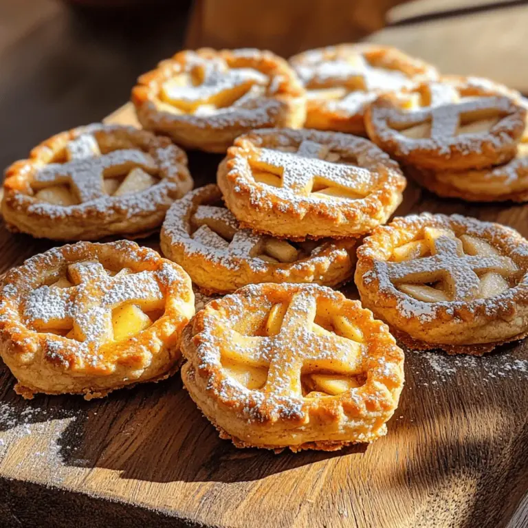 - 2 Tassen Allzweckmehl - 1/2 Tasse Zucker - 1/2 Teelöffel Salz - 1 Teelöffel Backpulver - 1 Teelöffel Zimt, gemahlen - 1/2 Tasse ungesalzene Butter, kalt und gewürfelt - 1 großes Ei - 1 Teelöffel Vanilleextrakt - 2 Tassen geschälte und gewürfelte Äpfel - 1/4 Tasse brauner Zucker - 1 Esslöffel Zitronensaft - 1/2 Teelöffel Muskatnuss, gemahlen - 1 Ei zum Bestreichen - Puderzucker zum Bestäuben (optional) Das sind die Zutaten, die du für die perfekten Apfelkuchen-Kekse benötigst. Die Hauptzutaten wie Mehl, Zucker und Zimt bringen den klassischen Geschmack. Die Butter sorgt für eine zarte Textur. Das Ei und der Vanilleextrakt fügen Tiefe hinzu. Die Äpfel sind das Herzstück. Ich empfehle Granny Smith, weil sie süß-sauer sind. Der braune Zucker verleiht den Keksen eine schöne Karamellnote. Vergiss nicht die zusätzlichen Zutaten! Zitronensaft bringt Frische, und Muskatnuss fügt eine angenehme Wärme hinzu. Das Ei zum Bestreichen gibt den Keksen eine goldene Farbe. Wenn du magst, bestäube sie vor dem Servieren mit Puderzucker. Wenn du das vollständige Rezept suchst, findest du es im Haupttext. Zuerst vermengen Sie das Mehl, den Zucker, das Salz, das Backpulver und den Zimt in einer großen Schüssel. Diese Mischung wird die Basis für Ihre Kekse. Dann fügen Sie die kalte, gewürfelte Butter hinzu. Arbeiten Sie mit Ihren Fingern oder einem Teigmischer, bis die Mischung krümelig aussieht. Dies sorgt dafür, dass Ihre Kekse zart werden. Nehmen Sie eine separate kleine Schüssel. Verquirlen Sie dort das Ei und den Vanilleextrakt gut. Diese Mischung geben Sie dann zur Mehlmischung. Rühren Sie nur so lange, bis alles gerade verbunden ist. Formen Sie den Teig zu einer Kugel. Wickeln Sie ihn in Frischhaltefolie und lassen Sie ihn 30 Minuten im Kühlschrank ruhen. So wird der Teig fest und leicht zu handhaben. Für die Füllung schneiden Sie die Äpfel in kleine Stücke. Mischen Sie diese mit dem braunen Zucker, dem Zitronensaft und der Muskatnuss in einer mittleren Schüssel. Rühren Sie gut um, damit die Äpfel gleichmäßig bedeckt sind. Lassen Sie die Mischung 10 Minuten ruhen. Das hilft, die Aromen zu entfalten und macht die Füllung saftig. Jetzt wird es spannend! Rollen Sie die Hälfte des gekühlten Teigs auf einer bemehlten Fläche aus. Der Teig sollte etwa 3 mm dick sein. Stechen Sie Kreise aus, etwa 7,5 cm im Durchmesser. Nehmen Sie einen Esslöffel der Apfelfüllung und geben Sie ihn in die Mitte der Hälfte der Kreise. Seien Sie vorsichtig, dass Sie nicht überfüllen! Legen Sie die anderen Kreise als Deckel auf die Füllung. Drücken Sie die Ränder gut zusammen, um die Kekse zu verschließen. Verwenden Sie eine Gabel, um die Ränder zu dekorieren. Bestreichen Sie die Oberseite mit Eierwäsche. Dies gibt den Keksen eine schöne goldene Farbe. Backen Sie die Kekse 18-20 Minuten bei 190 °C. Lassen Sie sie nach dem Backen einige Minuten auf einem Kuchengitter abkühlen. Um die perfekte Konsistenz der Kekse zu erreichen, ist es wichtig, den Teig nicht zu stark zu rühren. Zu viel Rühren kann die Kekse hart machen. Ich empfehle, den Teig nur so lange zu mischen, bis die Zutaten gut verbunden sind. Danach kühlen Sie den Teig für optimale Ergebnisse. Das Kühlen hilft, die Butter fest zu halten. So bekommen Sie einen zarten Keks mit der richtigen Textur. Behalten Sie die Backzeit im Auge, um die perfekte goldbraune Färbung zu erzielen. Jeder Ofen ist anders, daher kann die Zeit variieren. Verwenden Sie Backpapier, um die Kekse leicht entfernen zu können. Das verhindert, dass sie an der Backform kleben bleiben und macht das Auskühlen einfach. Servieren Sie die Kekse warm für den besten Geschmack. Die Wärme bringt das Aroma der Äpfel und Gewürze hervor. Bestäuben Sie die Kekse mit Puderzucker für ein ansprechendes Aussehen. Das gibt nicht nur eine süße Note, sondern sieht auch toll aus. {{image_4}} Du kannst die Kekse leicht anpassen. Birnen sind eine tolle Wahl statt Äpfeln. Sie geben den Keksen eine süße, saftige Note. Du kannst auch Beeren nutzen. Himbeeren oder Blaubeeren bringen fruchtige Frische in die Kekse. Diese Variationen machen sie noch leckerer und abwechslungsreicher. Wenn du eine vegane Version machen möchtest, ist das einfach. Ersetze die Butter durch pflanzliche Alternativen wie Margarine. Achte darauf, dass sie gut schmilzt. Du kannst das Ei durch Apfelmus oder Leinsamen ersetzen. Ein Esslöffel Leinsamen mit drei Esslöffeln Wasser gemischt funktioniert gut als Bindemittel. So bleiben deine Kekse lecker und vegan. Für eine glutenfreie Variante nimm glutenfreies Mehl. Es gibt viele gute Marken dafür. Achte darauf, dass alle anderen Zutaten auch glutenfrei sind. Diese Anpassungen machen die Kekse für jeden genießbar. So kannst du alle mit deinen perfekten Apfelkuchen-Keksen glücklich machen. Bewahre die Kekse in einem luftdichten Behälter auf. Stelle den Behälter bei Raumtemperatur auf. So bleiben die Kekse frisch und lecker. Diese Methode hält den Geschmack und die Textur intakt. Wenn du die Kekse länger aufbewahren möchtest, kannst du sie einfrieren. Lege die Kekse in einen gefrierfesten Behälter oder in einen Gefrierbeutel. So bleiben die Kekse bis zu drei Monate haltbar. Dies ist eine großartige Möglichkeit, Restkekse zu sichern. Um die Kekse wieder zu genießen, taue sie über Nacht im Kühlschrank auf. Dadurch bleiben sie saftig und frisch. Vermeide es, sie bei Raumtemperatur aufzutauen. Das könnte die Konsistenz verändern. Die Kekse bleiben frisch, wenn Sie sie in einem luftdichten Behälter aufbewahren. So bleiben sie bis zu einer Woche lecker. Ja, das ist möglich! Sie können den Teig bis zu 3 Tage im Kühlschrank lagern. Das spart Zeit, wenn Sie die Kekse für einen besonderen Anlass backen möchten. Um die Kekse glutenfrei zu machen, verwenden Sie glutenfreies Mehl. Achten Sie darauf, auch alle anderen Zutaten auf Glutenfreiheit zu überprüfen. So genießen Sie die Kekse ohne Sorgen. Das Geheimnis liegt in der Balance zwischen Feuchtigkeit und Trockenheit im Teig. Ein zu trockener Teig führt zu harten Keksen. Ein zu feuchter Teig macht sie matschig. Achten Sie auf die richtige Konsistenz! Das vollständige Rezept für die perfektionierten Apfelkuchen-Kekse finden Sie im Haupttext. Dort finden Sie alle Schritte und Zutaten, die Sie benötigen. Zusammenfassend haben wir die wichtigsten Zutaten für köstliche Apfelkuchen-Kekse behandelt. Wir haben den Teig zubereitet, die Füllung gemacht und das Backen besprochen. Mit einfachen Tipps können Sie die perfekte Konsistenz erreichen. Variationen wie Birnen oder vegane Optionen lassen Raum für Kreativität. Bewahren Sie die Kekse richtig auf, um ihre Frische zu erhalten. Probieren Sie das Rezept aus und überzeugen Sie sich selbst von diesem leckeren Snack!