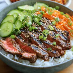 Für dieses Rezept brauchst du einige Hauptzutaten. Die Zutaten sind wichtig, um den authentischen Geschmack zu erreichen. Hier sind die Zutaten, die du benötigst: - 450 g Flanksteak, dünn geschnitten - 400 g gekochter weißer Reis Die Marinade macht das Steak lecker und zart. Sie gibt dem Gericht den besonderen koreanischen Flair. Hier sind die wichtigsten Marinade-Zutaten: - 60 ml Sojasauce - 30 g brauner Zucker - 30 ml Sesamöl - 2 Knoblauchzehen, fein gehackt - 2,5 cm frischer Ingwer, gerieben - 15 g Gochujang (koreanische Chilipaste) Beilagen machen die Schalen bunt und frisch. Sie bieten auch einen tollen Kontrast zum Steak. Hier sind die Beilagen, die du verwenden kannst: - 150 g Gurke, in feine Julienne geschnitten - 150 g Karotte, in feine Julienne geschnitten - 75 g Frühlingszwiebeln, gehackt - Sesamsamen zum Garnieren - Kimchi zum Servieren (optional) Das Zusammenstellen dieser Zutaten ist einfach und macht Spaß. Du kannst beim Einkaufen auch mit frischen Produkten experimentieren. Achte darauf, dass alles frisch und von guter Qualität ist. So schmeckt dein Gericht noch besser! Marinieren ist der erste Schritt zu einem tollen Geschmack. Für die Marinade mischst du einfach Sojasauce, braunen Zucker, Sesamöl, Knoblauch, Ingwer und Gochujang. Du musst die Gewürze gut zusammenrühren, bis der Zucker sich löst. Dann legst du die Flanksteak-Stücke in die Marinade. Achte darauf, dass jedes Stück gut bedeckt ist. Die Marinade gibt dem Steak viel Geschmack. Decke die Schüssel ab und stelle sie für mindestens 30 Minuten in den Kühlschrank. Für noch mehr Geschmack kannst du das Steak bis zu 2 Stunden marinieren. Jetzt kommt der spannende Teil: das Kochen! Erhitze eine Grillpfanne oder eine große Pfanne bei mittlerer Hitze. Nimm das Steak aus der Marinade und lass die überschüssige Marinade abtropfen. Lege die Steakstücke in die Pfanne und brate sie für etwa 3-4 Minuten auf jeder Seite. Achte darauf, dass sie schön braun sind. Du kannst die Garstufe nach deinem Geschmack anpassen. Wenn du das Steak lieber blutig magst, koche es kürzer. Für ein durchgegartes Steak, lass es etwas länger braten. Jetzt, wo das Steak fertig ist, richtest du die Schalen an. Nimm eine Servierschale und gib eine großzügige Portion gekochten Reis hinein. Lege dann die Stücke Steak auf den Reis. Jetzt wird es bunt! Füge die juliennierten Gurken und Karotten hinzu. Die Farben machen die Schalen schön und appetitlich. Streue die gehackten Frühlingszwiebeln und Sesamsamen darüber. Diese bringen zusätzlichen Geschmack und eine schöne Textur. Wenn du magst, kannst du Kimchi dazugeben. Es gibt dem Gericht einen würzigen Kick. Für das vollständige Rezept kannst du [Full Recipe] ansehen. Die Marinierzeit ist entscheidend für den Geschmack. Ich empfehle, das Flanksteak mindestens 30 Minuten zu marinieren. Für ein intensiveres Aroma kann es bis zu 2 Stunden im Kühlschrank bleiben. So zieht die Marinade tief ins Fleisch ein und macht es zart und lecker. Die Garstufe beeinflusst den Geschmack und die Textur des Steaks. Für ein medium-rare Ergebnis brate das Steak etwa 3-4 Minuten auf jeder Seite. Wenn du es lieber gut durch magst, lasse es länger in der Pfanne. Verwende ein Fleischthermometer, um die richtige Temperatur zu treffen. Das Auge isst mit! Richte die Schalen schön an. Beginne mit einer Schicht Reis als Basis. Lege das Steak darauf und dekoriere es mit den juliennierten Gurken und Karotten. Streue die gehackten Frühlingszwiebeln und Sesamsamen darüber. Ein wenig Kimchi an die Seite macht das Gericht noch bunter und aufregender. {{image_4}} Wenn du eine vegetarische Option suchst, probiere Tofu oder Tempeh. Diese sind proteinreich und nehmen die Marinade gut auf. Schneide den Tofu in dicke Scheiben. Mariniere ihn dann wie das Flanksteak. Brate ihn in der Pfanne an, bis er goldbraun ist. Das gibt dir eine leckere und gesunde Wahl für deine Schalen. Für scharfe Geschmäcker füge mehr Gochujang hinzu. Du kannst auch frische Chilis oder Chilipulver verwenden. Diese sorgen für den richtigen Kick. Probiere auch Sriracha oder scharfe Sojasauce. Achte darauf, die Schärfe langsam zu steigern, damit es nicht zu scharf wird. Du kannst auch etwas Limettensaft hinzufügen, um die Aromen frisch und lebendig zu halten. Zu deinen Korean BBQ Steak Reis Schalen passen viele Beilagen. Kimchi ist ein Muss, denn es bringt Fermentation und Schärfe. Auch eingelegte Radieschen sind eine tolle Wahl. Sie sind knackig und erfrischend. Du kannst auch einen einfachen Salat mit Sesamöl und Essig machen. Das ergänzt den Reis und das Steak wunderbar. Wenn du übrig gebliebene Marinade hast, bewahre sie in einem luftdichten Behälter auf. Du kannst die Marinade bis zu einer Woche im Kühlschrank lagern. Falls du das Steak nicht sofort grillst, lege die marinierten Stücke in einen gut verschlossenen Behälter. So bleibt das Fleisch frisch für bis zu zwei Tage. Falls du Reis Schalen übrig hast, lagere sie im Kühlschrank. Verwende sie innerhalb von drei Tagen. Du kannst den Reis einfach aufwärmen und das Steak erneut anbraten. Füge frisches Gemüse hinzu, um den Geschmack aufzufrischen. Für längere Aufbewahrung kannst du die marinierten Steakstücke einfrieren. Wickele sie gut ein, um Gefrierbrand zu vermeiden. So bleiben sie bis zu drei Monate frisch. Zubereitete Reis Schalen sind nicht ideal zum Einfrieren, da der Reis matschig werden kann. Wenn du jedoch die Zutaten separat einfrierst, kannst du sie später einfach wieder zusammenstellen. Das Steak kann mindestens 30 Minuten marinieren. Für einen besseren Geschmack empfehle ich, es bis zu 2 Stunden im Kühlschrank zu lassen. Je länger die Marinade einzieht, desto intensiver wird der Geschmack. Achte darauf, dass du die Marinade gut vermischst, damit das Fleisch gleichmäßig zieht. Ja, du kannst die Schalen auch ohne Gochujang machen. Wenn du es mild magst, lass die Chilipaste einfach weg. Du kannst stattdessen etwas mehr braunen Zucker hinzufügen. Das gibt einen süßen Geschmack. Du kannst auch eine milde Chilisauce verwenden, wenn du etwas Würze möchtest. Zu diesen Reis Schalen passen viele Beilagen gut. Hier sind einige Ideen: - Kimchi für einen würzigen Kick - Gebratene Zucchini oder Auberginen - Ein frischer Salat mit Gurken und Karotten - Knusprige Frühlingsrollen - Gebratene Eier oder Spiegelei Diese Beilagen ergänzen den Geschmack und machen die Schalen noch leckerer. Diese Anleitung zeigt, wie du Korean BBQ Steak Reis Schalen zubereitest. Wir haben die Hauptzutaten, Marinade und Beilagen behandelt. Ich habe erklärt, wie du das Steak marinierst und zubereitest. Tipps helfen dir, das perfekte Ergebnis zu erreichen. Du kannst auch vegetarische Alternativen und passende Beilagen entdecken. Achte auf Lagerungshinweise, um die restlichen Zutaten frisch zu halten. Kreiere köstliche Schalen, die Eindruck machen!