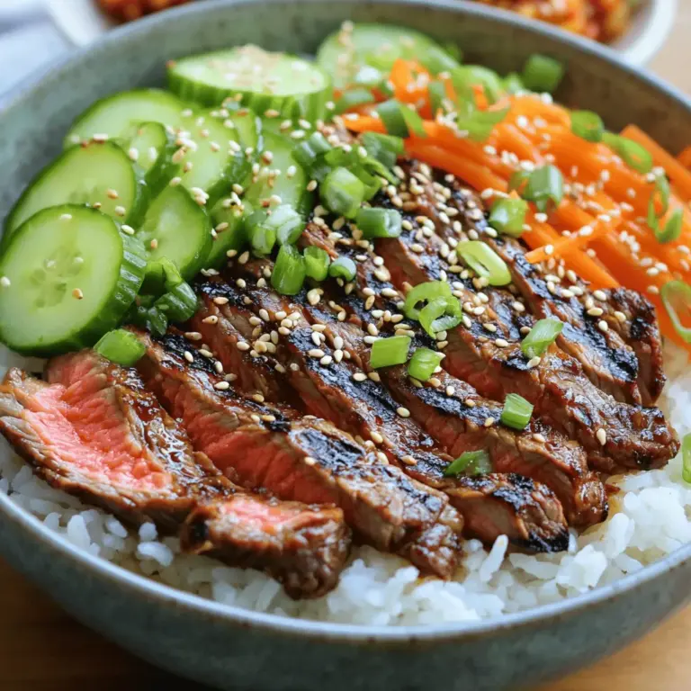 Für dieses Rezept brauchst du einige Hauptzutaten. Die Zutaten sind wichtig, um den authentischen Geschmack zu erreichen. Hier sind die Zutaten, die du benötigst: - 450 g Flanksteak, dünn geschnitten - 400 g gekochter weißer Reis Die Marinade macht das Steak lecker und zart. Sie gibt dem Gericht den besonderen koreanischen Flair. Hier sind die wichtigsten Marinade-Zutaten: - 60 ml Sojasauce - 30 g brauner Zucker - 30 ml Sesamöl - 2 Knoblauchzehen, fein gehackt - 2,5 cm frischer Ingwer, gerieben - 15 g Gochujang (koreanische Chilipaste) Beilagen machen die Schalen bunt und frisch. Sie bieten auch einen tollen Kontrast zum Steak. Hier sind die Beilagen, die du verwenden kannst: - 150 g Gurke, in feine Julienne geschnitten - 150 g Karotte, in feine Julienne geschnitten - 75 g Frühlingszwiebeln, gehackt - Sesamsamen zum Garnieren - Kimchi zum Servieren (optional) Das Zusammenstellen dieser Zutaten ist einfach und macht Spaß. Du kannst beim Einkaufen auch mit frischen Produkten experimentieren. Achte darauf, dass alles frisch und von guter Qualität ist. So schmeckt dein Gericht noch besser! Marinieren ist der erste Schritt zu einem tollen Geschmack. Für die Marinade mischst du einfach Sojasauce, braunen Zucker, Sesamöl, Knoblauch, Ingwer und Gochujang. Du musst die Gewürze gut zusammenrühren, bis der Zucker sich löst. Dann legst du die Flanksteak-Stücke in die Marinade. Achte darauf, dass jedes Stück gut bedeckt ist. Die Marinade gibt dem Steak viel Geschmack. Decke die Schüssel ab und stelle sie für mindestens 30 Minuten in den Kühlschrank. Für noch mehr Geschmack kannst du das Steak bis zu 2 Stunden marinieren. Jetzt kommt der spannende Teil: das Kochen! Erhitze eine Grillpfanne oder eine große Pfanne bei mittlerer Hitze. Nimm das Steak aus der Marinade und lass die überschüssige Marinade abtropfen. Lege die Steakstücke in die Pfanne und brate sie für etwa 3-4 Minuten auf jeder Seite. Achte darauf, dass sie schön braun sind. Du kannst die Garstufe nach deinem Geschmack anpassen. Wenn du das Steak lieber blutig magst, koche es kürzer. Für ein durchgegartes Steak, lass es etwas länger braten. Jetzt, wo das Steak fertig ist, richtest du die Schalen an. Nimm eine Servierschale und gib eine großzügige Portion gekochten Reis hinein. Lege dann die Stücke Steak auf den Reis. Jetzt wird es bunt! Füge die juliennierten Gurken und Karotten hinzu. Die Farben machen die Schalen schön und appetitlich. Streue die gehackten Frühlingszwiebeln und Sesamsamen darüber. Diese bringen zusätzlichen Geschmack und eine schöne Textur. Wenn du magst, kannst du Kimchi dazugeben. Es gibt dem Gericht einen würzigen Kick. Für das vollständige Rezept kannst du [Full Recipe] ansehen. Die Marinierzeit ist entscheidend für den Geschmack. Ich empfehle, das Flanksteak mindestens 30 Minuten zu marinieren. Für ein intensiveres Aroma kann es bis zu 2 Stunden im Kühlschrank bleiben. So zieht die Marinade tief ins Fleisch ein und macht es zart und lecker. Die Garstufe beeinflusst den Geschmack und die Textur des Steaks. Für ein medium-rare Ergebnis brate das Steak etwa 3-4 Minuten auf jeder Seite. Wenn du es lieber gut durch magst, lasse es länger in der Pfanne. Verwende ein Fleischthermometer, um die richtige Temperatur zu treffen. Das Auge isst mit! Richte die Schalen schön an. Beginne mit einer Schicht Reis als Basis. Lege das Steak darauf und dekoriere es mit den juliennierten Gurken und Karotten. Streue die gehackten Frühlingszwiebeln und Sesamsamen darüber. Ein wenig Kimchi an die Seite macht das Gericht noch bunter und aufregender. {{image_4}} Wenn du eine vegetarische Option suchst, probiere Tofu oder Tempeh. Diese sind proteinreich und nehmen die Marinade gut auf. Schneide den Tofu in dicke Scheiben. Mariniere ihn dann wie das Flanksteak. Brate ihn in der Pfanne an, bis er goldbraun ist. Das gibt dir eine leckere und gesunde Wahl für deine Schalen. Für scharfe Geschmäcker füge mehr Gochujang hinzu. Du kannst auch frische Chilis oder Chilipulver verwenden. Diese sorgen für den richtigen Kick. Probiere auch Sriracha oder scharfe Sojasauce. Achte darauf, die Schärfe langsam zu steigern, damit es nicht zu scharf wird. Du kannst auch etwas Limettensaft hinzufügen, um die Aromen frisch und lebendig zu halten. Zu deinen Korean BBQ Steak Reis Schalen passen viele Beilagen. Kimchi ist ein Muss, denn es bringt Fermentation und Schärfe. Auch eingelegte Radieschen sind eine tolle Wahl. Sie sind knackig und erfrischend. Du kannst auch einen einfachen Salat mit Sesamöl und Essig machen. Das ergänzt den Reis und das Steak wunderbar. Wenn du übrig gebliebene Marinade hast, bewahre sie in einem luftdichten Behälter auf. Du kannst die Marinade bis zu einer Woche im Kühlschrank lagern. Falls du das Steak nicht sofort grillst, lege die marinierten Stücke in einen gut verschlossenen Behälter. So bleibt das Fleisch frisch für bis zu zwei Tage. Falls du Reis Schalen übrig hast, lagere sie im Kühlschrank. Verwende sie innerhalb von drei Tagen. Du kannst den Reis einfach aufwärmen und das Steak erneut anbraten. Füge frisches Gemüse hinzu, um den Geschmack aufzufrischen. Für längere Aufbewahrung kannst du die marinierten Steakstücke einfrieren. Wickele sie gut ein, um Gefrierbrand zu vermeiden. So bleiben sie bis zu drei Monate frisch. Zubereitete Reis Schalen sind nicht ideal zum Einfrieren, da der Reis matschig werden kann. Wenn du jedoch die Zutaten separat einfrierst, kannst du sie später einfach wieder zusammenstellen. Das Steak kann mindestens 30 Minuten marinieren. Für einen besseren Geschmack empfehle ich, es bis zu 2 Stunden im Kühlschrank zu lassen. Je länger die Marinade einzieht, desto intensiver wird der Geschmack. Achte darauf, dass du die Marinade gut vermischst, damit das Fleisch gleichmäßig zieht. Ja, du kannst die Schalen auch ohne Gochujang machen. Wenn du es mild magst, lass die Chilipaste einfach weg. Du kannst stattdessen etwas mehr braunen Zucker hinzufügen. Das gibt einen süßen Geschmack. Du kannst auch eine milde Chilisauce verwenden, wenn du etwas Würze möchtest. Zu diesen Reis Schalen passen viele Beilagen gut. Hier sind einige Ideen: - Kimchi für einen würzigen Kick - Gebratene Zucchini oder Auberginen - Ein frischer Salat mit Gurken und Karotten - Knusprige Frühlingsrollen - Gebratene Eier oder Spiegelei Diese Beilagen ergänzen den Geschmack und machen die Schalen noch leckerer. Diese Anleitung zeigt, wie du Korean BBQ Steak Reis Schalen zubereitest. Wir haben die Hauptzutaten, Marinade und Beilagen behandelt. Ich habe erklärt, wie du das Steak marinierst und zubereitest. Tipps helfen dir, das perfekte Ergebnis zu erreichen. Du kannst auch vegetarische Alternativen und passende Beilagen entdecken. Achte auf Lagerungshinweise, um die restlichen Zutaten frisch zu halten. Kreiere köstliche Schalen, die Eindruck machen!