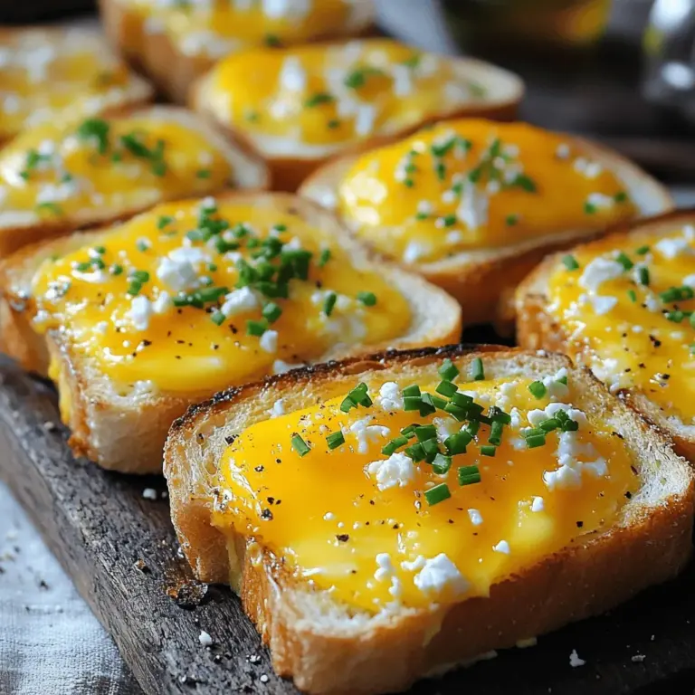 - 4 Scheiben dickes Sauerteigbrot - 4 große Eier - 1 Tasse geriebener Cheddarkäse - 1/2 Tasse zerbröckelter Feta-Käse - 2 Esslöffel Schlagsahne - 1 Teelöffel Knoblauchpulver - Salz und Pfeffer nach Geschmack - Frische Schnittlauch, gehackt (zur Garnitur) - 1 Esslöffel Olivenöl Die Zutaten für Cheesy Baked Egg Toast sind einfach und frisch. Dickes Sauerteigbrot gibt einen tollen Geschmack. Die Eier sind die Hauptzutat. Sie sorgen für eine perfekte Textur. Cheddarkäse macht das Gericht schön cremig. Feta-Käse fügt einen salzigen Kick hinzu. Schlagsahne macht die Eimischung reichhaltiger. Knoblauchpulver bringt einen feinen Geschmack. Die Gewürze sind wichtig. Salz und Pfeffer heben die Aromen hervor. Frischer Schnittlauch als Garnitur gibt Farbe und Frische. Olivenöl bringt gesunde Fette in das Gericht. Diese Zutaten sind leicht zu finden. Sie machen das Kochen einfach und Spaß. Du kannst das Rezept nach deinem Geschmack anpassen. Ersetze den Cheddar zum Beispiel durch Mozzarella. Oder füge frische Kräuter hinzu. Wenn du mehr über die Zubereitung wissen möchtest, schau dir das vollständige Rezept an. Heize deinen Ofen auf 190°C vor. Während der Ofen vorheizt, lege ein Backblech mit Backpapier aus. So bleibt das Brot kleben. Nimm die Brotscheiben und bestreiche eine Seite mit Olivenöl. Lege die Brotscheiben mit der geölten Seite nach unten auf das Backblech. Das gibt dem Brot einen tollen Geschmack. In einer Schüssel verquirle die Eier mit Schlagsahne und den Gewürzen. Nutze einen kleinen Löffel, um vorsichtig eine Mulde in die Mitte jeder Brotscheibe zu schneiden. Achte darauf, das Brot nicht ganz durchzuschneiden. Jetzt fülle die Mulden mit der Eimischung. Achte darauf, dass die Mulden fast voll sind. Jetzt kannst du den geriebenen Cheddarkäse gleichmäßig auf die Mulden verteilen. Füge dann den zerbröckelten Feta-Käse hinzu. Wenn du mehr Käse magst, streue einfach noch mehr Cheddar darüber. Backe das Ganze für 15 bis 20 Minuten. Die Eier sollen gut stocken, aber in der Mitte noch leicht wässrig bleiben. Der Käse wird schön schmelzen. Nehme das Blech aus dem Ofen. Lass es ein paar Minuten abkühlen. Vor dem Servieren kannst du frischen Schnittlauch darüber streuen. So sieht es toll aus und schmeckt noch besser. Die Backzeit ist wichtig für die Konsistenz der Eier. Ich empfehle, die Eier 15 bis 20 Minuten zu backen. Die Eier sollten gestockt, aber in der Mitte noch leicht wässrig sein. So bleibt die Textur cremig. Achte darauf, den Käse gut zu beobachten. Wenn er goldbraun und sprudelnd ist, ist dein Toast perfekt. Du kannst verschiedene Käsesorten verwenden, um neue Geschmäcker zu entdecken. Mozzarella macht das Gericht sehr mild und cremig. Gouda bringt eine süßliche Note. Jedes Käse hat seinen eigenen Charme und verändert den Geschmack stark. Experimentiere mit verschiedenen Sorten, um deinen Favoriten zu finden. Gewürze können das Gericht aufpeppen. Füge frische Kräuter wie Petersilie oder Basilikum hinzu. Auch Paprika oder Chili können für mehr Kick sorgen. Diese kleinen Anpassungen machen viel aus und steigern das Geschmacksprofil. Probiere einfach verschiedene Kombinationen aus, um dein perfektes Rezept zu finden. {{image_4}} Füge Gemüse wie Spinat, Tomaten oder Pilze hinzu. Diese Zutaten bringen frische Aromen in dein Gericht. Um das Gemüse vorzubereiten, wasche es gut und schneide es in kleine Stücke. Du kannst es kurz in einer Pfanne mit etwas Olivenöl anbraten, bis es weich ist. So erhältst du mehr Geschmack und eine tolle Textur. Für mehr Geschmack und Energie kannst du Speck oder Schinken hinzufügen. Diese Zutaten passen perfekt zu den Eiern und dem Käse. Brate den Speck knusprig an und schneide ihn in kleine Stücke. Wenn du Schinken verwendest, schneide ihn in Würfel. Füge die Proteine einfach in die Mulden, bevor du die Eimischung eingießt. Wenn du glutenfrei kochen möchtest, wähle glutenfreies Brot. Viele Marken bieten leckere Alternativen an. Achte darauf, dass das Brot dick genug ist, um die Eier und den Käse zu halten. Du kannst das Rezept ganz einfach anpassen, indem du die gleichen Schritte befolgst, nur mit dem glutenfreien Brot. So bleibt der Genuss gleich! Für die vollständige Rezeptanleitung, schau dir das Rezept für Käsegebackenes Eierbrot an. Lagern Sie das Käsegebackene Eierbrot im Kühlschrank. Wickeln Sie die Reste in Frischhaltefolie ein oder legen Sie sie in einen luftdichten Behälter. So bleibt das Brot frisch und lecker. Achten Sie darauf, es innerhalb von drei Tagen zu essen. Das verhindert, dass die Eier und der Käse verderben. Um das Eierbrot in der Mikrowelle aufzuwärmen, folgen Sie diesen Schritten: 1. Schneiden Sie das Brot in Portionen. 2. Legen Sie eine Portion auf einen mikrowellengeeigneten Teller. 3. Decken Sie es mit einem feuchten Papiertuch ab. Das hält die Feuchtigkeit. 4. Erwärmen Sie es in 30-Sekunden-Intervallen. Prüfen Sie nach jeder Runde, ob es warm ist. 5. Vermeiden Sie das Überkochen, indem Sie die Zeit im Auge behalten. Sie können Reste auch einfrieren. So geht's: 1. Lassen Sie das Brot zuerst abkühlen. 2. Schneiden Sie das Brot in Portionen. 3. Wickeln Sie jede Portion in Frischhaltefolie ein. Legen Sie sie dann in einen Gefrierbeutel oder Behälter. 4. Beschriften Sie den Beutel mit dem Datum. Um das Brot aufzutauen, nehmen Sie es einfach aus dem Gefrierfach. Lassen Sie es über Nacht im Kühlschrank auftauen oder nutzen Sie die Mikrowelle. Achten Sie darauf, die Portionen gleichmäßig zu erwärmen. So bleibt der Geschmack erhalten. Die Zubereitung von Cheesy Baked Egg Toast dauert insgesamt etwa 30 Minuten. Sie brauchen 10 Minuten für die Vorbereitung. Die Kochzeit im Ofen beträgt 15 bis 20 Minuten. Dies macht das Rezept schnell und einfach für jede Mahlzeit. Ja, Sie können die Eier nach Ihren Wünschen ändern. Mögen Sie Rührei? Das geht! Sie können die Eier vor dem Gießen in die Brotscheiben gut verquirlen. Bevorzugen Sie weichgekochte Eier? Kochen Sie sie einfach vorher und legen Sie sie in die Mulden. Das Rezept bietet Ihnen viele Möglichkeiten. Ja, das Rezept kann leicht für Vegetarier angepasst werden. Lassen Sie einfach den Feta-Käse weg oder wählen Sie eine pflanzliche Käseoption. Zusätzlich können Sie Gemüse wie Spinat oder Paprika hinzufügen. So bleibt das Gericht gesund und lecker. Ja, Sie können verschiedene Käsesorten verwenden, um den Geschmack zu verändern. Mozzarella sorgt für eine sanfte, cremige Textur. Gouda bringt einen süßeren Geschmack. Experimentieren Sie mit Ihren Lieblingskäsesorten für neue Geschmackserlebnisse. Die vollständige Rezeptanleitung finden Sie unter "Käsegebackenes Eierbrot". Dort erhalten Sie alle Schritte und Tipps für Ihr perfektes Gericht. In diesem Beitrag haben wir ein einfaches und leckeres Rezept für Cheesy Baked Egg Toast behandelt. Wir haben die Zutaten, die Zubereitungsschritte und einige hilfreiche Tipps besprochen. Denk daran, dass Variationen mit Gemüse oder anderen Käsesorten deinen Toast noch besser machen können. Ob du nun eine vegetarische Option suchst oder einen glutenfreien Toast, die Möglichkeiten sind endlos. Lass deiner Kreativität freien Lauf und genieße jede Biss von deinem Schatz.