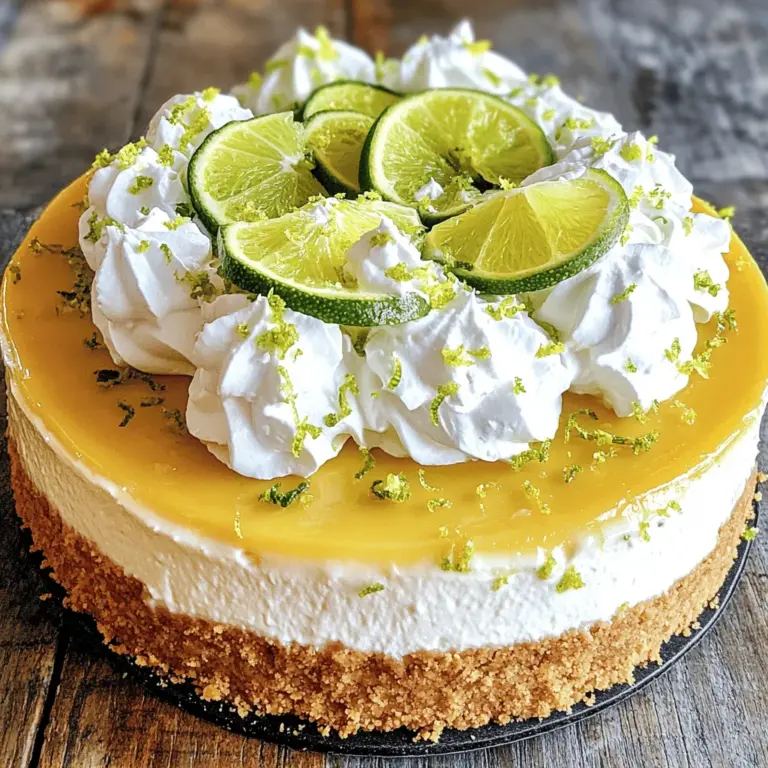 Für einen großartigen Key Lime Cheesecake brauchst du folgende Zutaten: - 1 ½ Tassen Graham-Cracker-Brösel - ½ Tasse ungesalzene Butter, geschmolzen - 2 Esslöffel Zucker - 2 (à 225 g) Pakete Frischkäse, weich - 1 Tasse Zucker - 3 große Eier - ½ Tasse Sauermilch - ½ Tasse frischer Key-Limettensaft (ca. 4-5 Key-Limetten) - 1 Esslöffel Key-Limonenzeste - 1 Teelöffel Vanilleextrakt - Schlagsahne (zum Garnieren) - Limettenscheiben und Zesten (zum Garnieren) Diese Zutaten ergeben eine köstliche Mischung. Die frischen Key-Limetten geben dem Cheesecake seine typische Säure und Frische. Wenn du keine Graham-Cracker hast, kannst du Digestive-Kekse verwenden. Für eine glutenfreie Option, nutze glutenfreie Kekse. Wenn du keinen Frischkäse magst, probiere Ricotta oder Mascarpone. Du kannst auch Zitronensaft statt Key-Limettensaft verwenden, aber der Geschmack wird anders sein. Wähle frische Key-Limetten für den besten Geschmack. Achte darauf, dass der Frischkäse weich ist, damit du eine glatte Füllung bekommst. Verwende hochwertige Butter, da sie den Keksboden verbessert. Kaufe Bio-Zucker, wenn möglich, für einen reineren Geschmack. Frische Zutaten machen den Unterschied. Für das vollständige Rezept schaue dir bitte die [Full Recipe] an. Zuerst heizen Sie Ihren Ofen auf 163°C (325°F) vor. Dies ist wichtig, damit der Cheesecake gleichmäßig garen kann. Während der Ofen aufheizt, bereiten Sie die anderen Zutaten vor. So können Sie zügig arbeiten. Um den Keksboden zu machen, nehmen Sie eine mittelgroße Schüssel. Fügen Sie 1 ½ Tassen Graham-Cracker-Brösel, ½ Tasse geschmolzene Butter und 2 Esslöffel Zucker hinzu. Mischen Sie alles gut. Die Mischung sollte feucht und krümelig sein. Drücken Sie die Mischung fest auf den Boden einer 23 cm Springform. Backen Sie die Kruste 10 Minuten lang im Ofen. Lassen Sie sie danach abkühlen. Jetzt machen wir die Käsefüllung. In einer großen Schüssel schlagen Sie 2 Pakete weichen Frischkäse cremig. Fügen Sie nach und nach 1 Tasse Zucker hinzu und mischen Sie gut. Geben Sie dann 3 große Eier einzeln dazu. Schlagen Sie nach jeder Zugabe gut weiter. Danach rühren Sie ½ Tasse Sauermilch, ½ Tasse frischen Key-Limettensaft, 1 Esslöffel Key-Limonenzeste und 1 Teelöffel Vanilleextrakt unter. Mischen Sie alles, bis es gleichmäßig ist. Gießen Sie die Füllung über die abgekühlte Kruste. Backen Sie den Cheesecake 50-60 Minuten lang. Die Mitte sollte fest, aber leicht wackelig sein. Lassen Sie ihn nach dem Backen bei offener Ofentür eine Stunde abkühlen. Kühlen Sie ihn dann mindestens 4 Stunden oder über Nacht im Kühlschrank für die beste Konsistenz. Um den perfekten Key Lime Cheesecake zu machen, achte auf die Temperatur der Zutaten. Lass den Frischkäse vor der Verwendung auf Zimmertemperatur kommen. Dadurch wird die Füllung cremiger. Verwende frischen Key-Limettensaft für den besten Geschmack. Die Zesten bringen das Aroma perfekt zur Geltung. Es ist wichtig, den Kuchen langsam zu backen. Ein langsames Backen bei niedriger Temperatur hilft, Risse zu vermeiden. Wenn du die Cheesecake-Füllung in den Ofen stellst, öffne die Tür nicht während des Backens. Das kann den Cheesecake zum Zusammenfallen bringen. Ein häufiger Fehler ist, den Cheesecake zu lange zu backen. Er sollte in der Mitte leicht wackeln. Wenn die Ränder goldbraun sind, ist er meist perfekt. Achte darauf, den Cheesecake nach dem Backen langsam abkühlen zu lassen. Die Temperaturänderung kann Risse verursachen. Ein weiterer Fehler ist die falsche Kruste. Die Kruste sollte fest und gleichmäßig sein. Drücke die Graham-Cracker-Brösel gut in die Form. Verwende nicht zu viel Butter, sonst wird sie matschig. Die Präsentation ist wichtig. Schneide den Cheesecake in gleichmäßige Stücke. Garniere jedes Stück mit Schlagsahne. Füge frische Limettenscheiben und Zesten hinzu. Das sieht nicht nur schön aus, sondern macht den Kuchen auch frischer. Du kannst auch frische Beeren hinzufügen. Sie bringen Farbe und Geschmack. Ein schönes Stück auf einem Teller macht jeden glücklich. Wenn du die Stücke auf einem Tablett anrichtest, sieht es einladend aus. Für das beste Ergebnis, folge dem Full Recipe und entdecke die Freude am Backen! {{image_4}} Key Lime Cheesecake im Glas ist eine tolle Idee. Es sieht schön aus und ist leicht zu machen. Beginnen Sie mit der Kruste. Nehmen Sie die Graham-Cracker-Brösel und schichten Sie sie im Glas. Fügen Sie dann die cremige Füllung hinzu. Sie können auch Schichten aus Schlagsahne hinzufügen. Dies gibt dem Dessert eine luftige Textur. Es ist perfekt für Partys oder als persönlicher Genuss. Wenn Sie glutenfrei sind, gibt es einfache Alternativen. Verwenden Sie glutenfreie Keksbrösel anstelle von normalen Graham-Crackern. Diese sind in vielen Geschäften erhältlich. Sie können auch gemahlene Mandeln oder Haferflocken verwenden. Mischen Sie diese mit Butter und Zucker, um die Kruste zu machen. So bleibt der Geschmack toll, und Sie vermeiden Gluten. Zitrusfrüchte bringen frische Aromen in den Cheesecake. Sie können Limetten mit anderen Früchten kombinieren. Probieren Sie zum Beispiel Zitronen oder Orangen. Ersetzen Sie den Key-Limettensaft einfach durch den Saft der anderen Frucht. Dies gibt dem Cheesecake eine neue Note. Experimentieren Sie auch mit Grapefruit für einen einzigartigen Geschmack. Jedes Mal wird es etwas anderes sein, aber immer lecker. Für das vollständige Rezept für den Key Lime Cheesecake, schauen Sie sich das Full Recipe an. Um Ihren Key Lime Cheesecake frisch zu halten, decken Sie ihn gut ab. Verwenden Sie Frischhaltefolie oder einen luftdichten Behälter. So bleibt die Feuchtigkeit im Cheesecake. Achten Sie darauf, dass die Folie den Kuchen nicht berührt. So verhindern Sie unschöne Abdrücke. Wenn Sie Reste haben, können Sie diese kreativ nutzen. Schneiden Sie den Cheesecake in kleine Stücke. Fügen Sie diese zu einem Desserttrifle hinzu oder servieren Sie sie mit frischem Obst. Auch als Topping für Eiscreme sind sie perfekt. So verschwenden Sie nichts und genießen jeden Bissen. Ein gut gelagerter Key Lime Cheesecake bleibt im Kühlschrank etwa 5 bis 7 Tage frisch. Achten Sie auf Anzeichen von Verderb, wie einen unangenehmen Geruch oder Verfärbungen. Wenn Sie ihn länger aufbewahren möchten, können Sie ihn auch einfrieren. Im Gefrierschrank bleibt er etwa 2 Monate haltbar. Denken Sie daran, ihn vor dem Servieren langsam im Kühlschrank auftauen zu lassen. Wenn Sie keinen Key-Limettensaft haben, können Sie normalen Limettensaft nutzen. Er hat einen ähnlichen Geschmack, aber etwas weniger Süße. Ein weiterer Ersatz ist Zitronensaft, auch wenn er etwas anders schmeckt. Mischen Sie Limetten- und Zitronensaft für eine spannende Note. Achten Sie darauf, die Menge gleich zu halten, damit der Cheesecake gut gelingt. Ja, das ist eine tolle Idee! Sie können den Cheesecake bis zu zwei Tage im Voraus zubereiten. Lassen Sie ihn nach dem Backen vollständig abkühlen und kühlen Sie ihn dann im Kühlschrank. So vereinen sich die Aromen und der Cheesecake wird noch besser. Vergessen Sie nicht, ihn vor dem Servieren zu dekorieren! Ja, Sie können den Cheesecake einfrieren. Wickeln Sie ihn gut in Frischhaltefolie ein. Legen Sie ihn dann in einen luftdichten Behälter. So bleibt er frisch. Zum Auftauen lassen Sie ihn einfach über Nacht im Kühlschrank. Er schmeckt fast wie frisch gemacht! Genießen Sie den vollen Geschmack mit jedem Stück. Ein guter Key Lime Cheesecake braucht die besten Zutaten. Wir haben die Hauptzutaten sowie Alternativen und Tipps zur Auswahl betrachtet. Die Schritt-für-Schritt-Anleitung erleichtert die Zubereitung und hilft, Fehler zu vermeiden. Variationen und Lagerungstipps machen dein Dessert noch besser. Denke daran, experimentiere mit den Zitrusfrüchten und genieße deinen Cheesecake. So gelingt dir der perfekte Genuss!