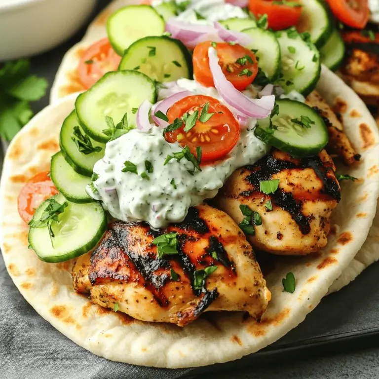 Für die Zubereitung der Mediterranen Hähnchen Gyros benötigst du einige wichtige Zutaten. Diese Zutaten sorgen für den tollen Geschmack und die perfekte Textur. Hier sind die Hauptbestandteile: - 450 g Hähnchenschenkel, entbeint und ohne Haut - 45 ml Olivenöl - 2 Knoblauchzehen, fein gehackt - 1 Teelöffel getrockneter Oregano - 1 Teelöffel gemahlener Kreuzkümmel - 1 Teelöffel geräucherter Paprika - Salz und Pfeffer nach Geschmack - 4 Pita- oder Fladenbrote Die Marinade ist der Schlüssel zu saftigem Hähnchen. Du mischst einfach Olivenöl, Knoblauch, Oregano, Kreuzkümmel und Paprika. Salz und Pfeffer kommen dazu, um den Geschmack zu verstärken. Diese Mischung zieht in das Hähnchen ein. Lasse es mindestens 30 Minuten, besser über Nacht, im Kühlschrank marinieren. So wird das Hähnchen besonders zart und lecker. Die Garnitur macht die Gyros erst richtig frisch und bunt. Du brauchst: - 240 ml Tzatziki-Sauce (fertig gekauft oder selbstgemacht) - 1 Gurke, dünn geschnitten - 1 Tomate, gewürfelt - ½ rote Zwiebel, dünn geschnitten - Frische Petersilie, gehackt (als Garnitur) Diese frischen Zutaten bringen Farbe und Geschmack auf den Teller. Sie ergänzen die Aromen des Hähnchens perfekt. Du kannst die Gyros nach Belieben anpassen und kreativ sein. Zuerst bereiten wir die Marinade vor. Sie gibt dem Hähnchen viel Geschmack. In einer großen Schüssel mische ich 45 ml Olivenöl, 2 fein gehackte Knoblauchzehen, 1 Teelöffel getrockneten Oregano, 1 Teelöffel gemahlenen Kreuzkümmel und 1 Teelöffel geräucherten Paprika. Füge Salz und Pfeffer nach Geschmack hinzu. Rühre alles gut um, bis es eine einheitliche Masse ist. Jetzt kommt das Hähnchen. Ich nehme 450 g Hähnchenschenkel ohne Haut und Knochen. Ich lege sie in die Marinade und sorge dafür, dass sie gut bedeckt sind. Decke die Schüssel ab und stelle sie für mindestens 30 Minuten in den Kühlschrank. Wenn du Zeit hast, lasse es über Nacht marinieren. So wird das Hähnchen noch zarter. Nach der Marinierzeit heize ich den Grill auf mittelhohe Hitze vor. Ich nehme das Hähnchen aus der Marinade. Jetzt lege ich es auf den Grill. Es sollte etwa 6 bis 7 Minuten auf jeder Seite grillen. Ich achte darauf, dass die Innentemperatur 75 °C erreicht. Diese Temperatur sorgt dafür, dass das Fleisch gut durchgegart ist. Nach dem Grillen lasse ich das Hähnchen 5 Minuten ruhen. Danach schneide ich es in Streifen. Jetzt ist es Zeit, die Gyros zusammenzustellen. Ich wärme 4 Pita- oder Fladenbrote auf dem Grill für 1 bis 2 Minuten auf. Sie sollten weich und geschmeidig sein. Dann lege ich die geschnittenen Hähnchenstreifen in die Mitte jedes Pita-Brots. Jetzt kommt die Tzatziki-Sauce. Ich gebe großzügig Tzatziki auf das Hähnchen. Dann füge ich dünne Gurkenscheiben, gewürfelte Tomaten und dünn geschnittene rote Zwiebeln hinzu. Zum Schluss streue ich frische gehackte Petersilie darüber. Ich falte das Pita-Brot zusammen und serviere es sofort. Für das vollständige Rezept und weitere Details schaue dir die [Full Recipe] an. Um die besten Hähnchen-Gyros zu grillen, achte auf die Marinade. Lass das Hähnchen mindestens 30 Minuten marinieren. So zieht der Geschmack gut ein. Vor dem Grillen solltest du den Grill gut vorheizen. Bei mittelhoher Hitze grillst du das Hähnchen 6-7 Minuten pro Seite. Überprüfe mit einem Thermometer die Innentemperatur. Sie sollte 75 °C erreichen. Das sorgt für saftiges Hähnchen. Lass das Fleisch nach dem Grillen kurz ruhen. So bleiben die Säfte im Fleisch. Tzatziki ist einfach zu machen. Du kannst fertiges kaufen oder selbst machen. Wenn du es selbst machst, benutze frische Gurken. Reibe die Gurke und drücke das Wasser gut aus. Mische die Gurke mit Joghurt, Knoblauch, Zitronensaft, Salz und Pfeffer. Lass die Mischung kurz kaltstellen. So verbinden sich die Aromen gut. Du kannst auch frische Kräuter, wie Dill, hinzufügen. Das gibt dem Tzatziki einen frischen Geschmack. Serviere die Hähnchen-Gyros in warmen Pita-Broten. Lege die Hähnchenstreifen in die Mitte. Füge dann Tzatziki, Gurken, Tomaten und Zwiebeln hinzu. Garniere das Ganze mit frischer Petersilie. Du kannst auch einen knackigen Salat dazugeben. Das macht das Gericht noch bunter. Denke daran, die Gyros sofort zu servieren. So bleibt alles frisch und lecker. Du findest das vollständige Rezept hier: [Full Recipe]. {{image_4}} Wenn du eine vegetarische Option suchst, gibt es viele tolle Alternativen. Du kannst gegrilltes Gemüse verwenden, wie Zucchini, Paprika und Auberginen. Diese Gemüsesorten haben einen tollen Geschmack, wenn sie gegrillt werden. Eine weitere gute Wahl ist Halloumi-Käse. Er hat eine feste Textur und lässt sich wunderbar grillen. Marinier ihn wie das Hähnchen für mehr Geschmack. Saucen sind der Schlüssel zu jedem Gyros. Neben Tzatziki kannst du auch Hummus oder eine scharfe Chili-Sauce verwenden. Diese bringen eine neue Note in dein Gericht. Als Beilagen bieten sich frische Salate oder Pommes an. Ein einfacher griechischer Salat passt perfekt. Mische Tomaten, Gurken, Feta und Oliven für eine bunte Beilage. In verschiedenen Regionen gibt es viele Varianten von Gyros. In der Türkei findest du Döner, das ist ähnlich, aber mit Lammfleisch. In Ägypten gibt es Shawarma, das oft mit einer speziellen Würzmischung zubereitet wird. Jedes dieser Gerichte hat seinen eigenen Twist, aber sie sind alle köstlich. Probiere sie aus, um neue Geschmäcker zu entdecken. Wenn du nach dem Essen Reste hast, bewahre sie in einem luftdichten Behälter auf. Das Hähnchen und die anderen Zutaten bleiben so frisch. Du kannst die Reste bis zu drei Tage im Kühlschrank lagern. Achte darauf, dass die Gyros gut abgedeckt sind, damit sie keine anderen Gerüche aufnehmen. Wenn du mehr gekocht hast, kannst du die Gyros-Zutaten auch einfrieren. Teile das Hähnchen in Portionen und lege sie in Gefrierbeutel. Du kannst auch die Gurken und Tomaten separat einfrieren, aber sie werden nach dem Auftauen weich. Das Hähnchen hält sich bis zu drei Monate im Gefrierfach. Wenn du es wieder auftauen möchtest, lege es über Nacht in den Kühlschrank. Um die Reste aufzuwärmen, nimm das Hähnchen aus dem Kühlschrank. Erhitze es in einer Pfanne bei mittlerer Hitze. Du kannst einen Spritzer Wasser hinzufügen, damit es nicht austrocknet. Die Pita-Brote kannst du auch kurz im Ofen oder in der Pfanne aufwärmen. So bleiben sie weich und lecker. Du kannst auch frisches Tzatziki und Gemüse hinzufügen, um die Gyros aufzufrischen. Du kannst das Hähnchen mindestens 30 Minuten marinieren. Wenn du mehr Zeit hast, lasse es über Nacht im Kühlschrank. Das gibt dem Fleisch mehr Geschmack. Je länger du es marinierst, desto besser wird der Geschmack. Die Marinade zieht tief ins Fleisch ein. So wird dein Gericht noch saftiger und aromatischer. Wenn du kein Tzatziki magst, gibt es viele Alternativen. Du kannst Joghurt mit Minze und Zitrone mischen. Auch Hummus passt gut zu Gyros. Eine scharfe Sauce kann auch spannend sein, wenn du es würziger magst. Probiere einfach aus, was dir am besten schmeckt. Es gibt viele Möglichkeiten, um das Gericht zu variieren. Zu Mediterranen Hähnchen Gyros passen viele Beilagen gut. Ein einfacher grüner Salat ist erfrischend. Auch Pommes oder Ofenkartoffeln sind lecker. Du kannst auch gebratenes Gemüse dazu servieren. Eine Portion Reis macht das Gericht komplett. Jedes dieser Beilagen ergänzt die Aromen der Gyros. So wird das Essen noch schmackhafter. Mediterrane Hähnchen Gyros leben von frischen Zutaten. Wir sprachen über die Marinade, das Grillen und das perfekte Zusammenstellen. Mit Tipps für das Grillen und die Zubereitung von Tzatziki wird dein Gericht sicher ein Erfolg. Probier auch die Variationen aus, um Abwechslung zu schaffen. Achte auf die Lagerung von Resten, damit nichts verloren geht. Diese einfachen Schritte machen Gyros zu einem leckeren Erlebnis. Koche es nach unserem Plan und genieße jedes Gericht!