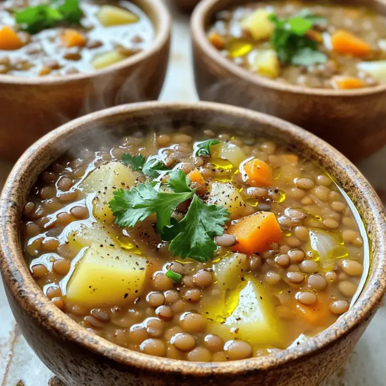 Die Basis für eine leckere arabische Linsensuppe sind frische und einfache Zutaten. Hier ist, was du brauchst: - 1 Tasse grüne oder braune Linsen, gründlich abgespült - 1 mittlere Zwiebel, fein gehackt - 3 Knoblauchzehen, zerdrückt - 2 mittelgroße Karotten, gewürfelt - 1 große Kartoffel, gewürfelt - 4 Tassen Gemüsebrühe - 2 Esslöffel Olivenöl - Saft von 1 Zitrone - Salz und Pfeffer nach Geschmack Diese Zutaten bilden die Grundlage für den tollen Geschmack der Suppe. Die Linsen sind nahrhaft und geben der Suppe eine schöne Textur. Die Gewürze machen das Rezept besonders. Hier sind die wichtigsten: - 1 ½ Teelöffel gemahlener Kreuzkümmel - 1 Teelöffel gemahlener Koriander - ½ Teelöffel geräuchertes Paprikapulver Kreuzkümmel verleiht der Suppe einen warmen, erdigen Geschmack. Koriander bringt einen frischen Hauch. Geräuchertes Paprikapulver gibt der Suppe ein tiefes Aroma. Diese Gewürze machen die Suppe zu einem echten Geschmackserlebnis. Frische Kräuter sind die Krönung für jede Suppe. Ich empfehle: - Frischer Koriander oder Petersilie zur Garnitur Diese Kräuter bringen Farbe und Frische auf den Tisch. Sie passen perfekt zu den Aromen der Suppe. Für Beilagen kannst du frisches Brot oder Fladenbrot servieren. Das macht das Essen noch besser. Wenn du mehr über die Zubereitung erfahren möchtest, schau dir das [Full Recipe] an. Um die arabische Linsensuppe zu machen, brauchst du frische Zutaten. Beginne mit der Auswahl deiner Linsen. Ich empfehle grüne oder braune Linsen. Diese sind nahrhaft und kochen gut. Hier ist eine einfache Liste der benötigten Zutaten: - 1 Tasse grüne oder braune Linsen, gründlich abgespült - 1 mittlere Zwiebel, fein gehackt - 3 Knoblauchzehen, zerdrückt - 2 mittelgroße Karotten, gewürfelt - 1 große Kartoffel, gewürfelt - 1 ½ Teelöffel gemahlener Kreuzkümmel - 1 Teelöffel gemahlener Koriander - ½ Teelöffel geräuchertes Paprikapulver - 4 Tassen Gemüsebrühe - 2 Esslöffel Olivenöl - Saft von 1 Zitrone - Salz und Pfeffer nach Geschmack - Frischer Koriander oder Petersilie zur Garnitur Sobald du alles hast, schneide das Gemüse klein. Das macht das Kochen schneller und einfacher. Jetzt beginnt der spannende Teil! Erhitze das Olivenöl in einem großen Topf. Füge die gehackte Zwiebel hinzu. Dünste sie fünf Minuten lang, bis sie glasig ist. Dann kommt der zerdrückte Knoblauch dazu. Dünste ihn nur eine weitere Minute, bis er gut riecht. Gib die gewürfelten Karotten und die Kartoffel in den Topf. Koche sie fünf Minuten lang, während du gelegentlich umrührst. Danach fügst du die Linsen, Kreuzkümmel, Koriander und Paprikapulver hinzu. Rühre gut um, damit sich die Gewürze gleichmäßig verteilen. Gieße die Gemüsebrühe in den Topf und bringe alles zum Kochen. Reduziere dann die Hitze auf niedrig. Decke den Topf ab und lasse die Suppe 25 bis 30 Minuten köcheln. Die Linsen und das Gemüse sollten zart sein. Willst du eine cremigere Suppe? Dann püriere einfach die Hälfte der Suppe mit einem Stabmixer. Gib sie dann zurück in den Topf. Alternativ kannst du die Suppe auch in einem Standmixer pürieren. Wenn du die Suppe servierst, achte darauf, sie heiß in Schalen zu füllen. Garniere jede Schale mit frischem Koriander oder Petersilie. Das gibt Farbe und Frische. Probiere das Rezept aus dem Abschnitt Full Recipe, um ein tolles Ergebnis zu erzielen. Beim Kochen der arabischen Linsensuppe gibt es einige häufige Fehler. Ein Fehler ist, die Linsen nicht gut abzuspülen. Schmutzige Linsen können den Geschmack der Suppe beeinträchtigen. Achte auch darauf, die Linsen nicht zu lange zu kochen. Sie sollten zart, aber nicht matschig sein. Zu viel Wasser kann die Suppe wässrig machen. Halte dich an die angegebene Menge an Gemüsebrühe. Diese Suppe ist sehr anpassbar. Du kannst die Gewürze nach deinem Geschmack ändern. Möchtest du es schärfer? Füge etwas Cayennepfeffer hinzu. Wenn du es süßer magst, kannst du mehr Karotten verwenden. Auch die Kräuter kannst du wechseln. Frischer Thymian oder Minze können tolle Alternativen sein. Probiere verschiedene Kombinationen, um deine perfekte Suppe zu finden. Um die beste arabische Linsensuppe zu kochen, nutze frische Zutaten. Das macht einen großen Unterschied. Verwende einen großen Topf für gleichmäßiges Kochen. Das Gemüse sollte gleichmäßig klein geschnitten sein, damit es gleichmäßig gart. Rühre die Suppe regelmäßig um, damit nichts anbrennt. Für eine cremigere Textur püriere einen Teil der Suppe. So wird sie reichhaltiger und leckerer. Du kannst die vollständige Anleitung in unserem [Full Recipe] finden. {{image_4}} Du kannst die arabische Linsensuppe leicht anpassen. Sie ist von Natur aus vegetarisch und vegan. Verwende einfach Gemüsebrühe anstelle von Rinder- oder Hühnerbrühe. So bleibt die Suppe lecker und nahrhaft. Für mehr Geschmack füge verschiedene Gemüsesorten hinzu, wie Spinat oder Kürbis. Dies macht die Suppe noch bunter und gesünder. Jede Region hat ihre eigene Art, Linsensuppe zu kochen. In einigen Ländern fügen die Köche Tomaten oder Paprika hinzu. Manche verwenden auch Lammfleisch für einen herzhaften Geschmack. Wenn du magst, probiere es aus! Du kannst auch frische Kräuter wie Minze oder Dill verwenden. Diese verleihen der Suppe ein besonderes Aroma. Um die Suppe noch reichhaltiger zu machen, füge weitere Zutaten hinzu. Probiere diese Optionen: - 1 Tasse gewürfelte Süßkartoffeln - 1 Tasse Blattgemüse wie Grünkohl oder Spinat - 1 Tasse Kichererbsen für extra Protein - 1-2 Stangen Sellerie, gewürfelt Diese Zutaten machen die Suppe sättigender und voller Geschmack. Sie passen gut zu den traditionellen Linsen und Gewürzen. So kannst du die Suppe nach deinem Geschmack anpassen und immer wieder neu entdecken. In der [Full Recipe] findest du die Basis für all diese Variationen. Um die beste Qualität zu sichern, lagere die übrig gebliebene Suppe in einem luftdichten Behälter. Achte darauf, die Suppe vollständig abkühlen zu lassen, bevor du sie verpackst. So verhinderst du, dass sich Kondenswasser bildet, welches die Suppe verwässern kann. Du kannst die Suppe auch in Portionen aufteilen. So bleibt die Frische länger erhalten und du kannst nach Bedarf aufwärmen. Im Kühlschrank bleibt die Linsensuppe bis zu fünf Tage frisch. Stelle sicher, dass der Kühlschrank kalt genug ist. Wenn du die Suppe länger aufbewahren möchtest, friere sie ein. In einem Gefrierbehälter hält sie bis zu drei Monate. Vergiss nicht, das Datum und den Inhalt auf dem Behälter zu notieren. So behältst du den Überblick. Um die Suppe wieder aufzuwärmen, gib sie in einen Topf. Erhitze sie bei mittlerer Hitze und rühre gelegentlich um. Wenn die Suppe zu dick ist, füge etwas Wasser oder Brühe hinzu. Du kannst sie auch in der Mikrowelle erwärmen. Achte darauf, sie in einem mikrowellengeeigneten Behälter zu verwenden. Decke den Behälter lose ab, um Spritzer zu vermeiden. Erwärme die Suppe in Intervallen von einer Minute und rühre dazwischen um. Arabische Linsensuppe ist sehr gesund. Sie enthält viele Nährstoffe. Linsen sind reich an Ballaststoffen. Ballaststoffe helfen der Verdauung. Sie enthalten auch viel Eiweiß. Das macht sie gut für die Muskeln. Die Suppe hat wenig Fett und viele Vitamine. Karotten und Kartoffeln liefern Vitamine und Mineralien. Diese Suppe ist ideal für eine ausgewogene Ernährung. Ja, du kannst verschiedene Linsenarten verwenden. Grüne oder braune Linsen sind am besten. Sie kochen gut und haben einen tollen Geschmack. Rote Linsen sind auch eine gute Wahl. Sie kochen schneller und machen die Suppe cremiger. Achte darauf, die Kochzeit anzupassen. Das sorgt für die beste Konsistenz. Experimentiere mit verschiedenen Sorten! Zu arabischer Linsensuppe passen viele Beilagen gut. Ein frisches Fladenbrot ist eine tolle Wahl. Es ergänzt die Aromen perfekt. Du kannst auch einen einfachen Salat dazu servieren. Ein Joghurt-Dip bringt Frische. Wenn du es würziger magst, probiere Chili oder scharfe Sauce. Diese Beilagen machen das Essen noch leckerer. In diesem Artikel haben wir die Zutaten, die Zubereitung und die besten Tipps für arabische Linsensuppe behandelt. Ich habe einfache Schritte geteilt, um eine köstliche Suppe zu kochen. Vergessen Sie nicht, die Gewürze und Kräuter nach Ihrem Geschmack anzupassen. Lagern Sie Reste richtig, um die frische Suppe länger zu genießen. Durch diese Tipps und Tricks können Sie ein köstliches Essen zubereiten. Experimentieren Sie mit Variationen, um Ihre eigene perfekte Linsensuppe zu schaffen.