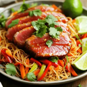 - 2 Thunfischsteaks (ca. 170g each) - Marinade-Zutaten: - 2 Essl&ouml;ffel thail&auml;ndische Chili-Paste (wie Sambal Oelek) - 1 Essl&ouml;ffel Sojasauce - 1 Essl&ouml;ffel Limettensaft - 1 Essl&ouml;ffel Honig Die Thunfischsteaks sind der Star dieses Gerichts. Du w&auml;hlst frische Steaks, die fest und rot sind. Achte darauf, dass die Qualit&auml;t hoch ist. Die Marinade aus Chili-Paste, Sojasauce, Limettensaft und Honig bringt tolle Aromen. Sie gibt den Steaks eine perfekte Balance aus Sch&auml;rfe und S&uuml;&szlig;e. Marinieren ist der Schl&uuml;ssel! Lass die Steaks mindestens 15 Minuten ruhen, damit sie den Geschmack aufnehmen. - Reisnudeln: 200g - Gem&uuml;se: - 1 Paprika, d&uuml;nn geschnitten - 1 Karotte, julienniert - 3 Fr&uuml;hlingszwiebeln, gehackt - Zus&auml;tzliche Zutaten: - 1 Essl&ouml;ffel Sesam&ouml;l - 1 Essl&ouml;ffel Erdnussbutter Die Reisnudeln sind leicht und nehmen den Geschmack gut auf. Sie sind einfach zu kochen und machen das Gericht s&auml;ttigend. F&uuml;r die Gem&uuml;sewahl sind Paprika, Karotten und Fr&uuml;hlingszwiebeln ideal. Sie bringen Farbe und Crunch. Das Sesam&ouml;l und die Erdnussbutter sorgen f&uuml;r ein nussiges Aroma und machen die Nudeln cremig. - Frischer Koriander zum Garnieren - Limettenschnitze zum Servieren - Salz und Pfeffer nach Geschmack Die Garnitur macht das Gericht lebendig. Frischer Koriander gibt einen tollen Geschmack. Limettenschnitze bringen Frische und einen sch&ouml;nen Kontrast. Vergiss nicht, mit Salz und Pfeffer zu w&uuml;rzen. Du kannst das Gericht nach deinem Geschmack anpassen. Wenn du mehr Frische m&ouml;chtest, f&uuml;ge mehr Koriander hinzu. F&uuml;r die vollst&auml;ndige Zubereitung, schau dir das [Full Recipe] an. Um die Marinade zuzubereiten, mische ich die thail&auml;ndische Chili-Paste, Sojasauce, Limettensaft und Honig in einer kleinen Sch&uuml;ssel. Diese Mischung gibt den Steaks einen tollen Geschmack. Ich lege die Thunfischsteaks in eine flache Sch&uuml;ssel und gie&szlig;e die Marinade gleichm&auml;&szlig;ig dar&uuml;ber. Es ist wichtig, dass die Steaks gut bedeckt sind. Ich lasse sie mindestens 15 Minuten marinieren. So k&ouml;nnen die Aromen richtig einziehen. W&auml;hrend die Steaks marinieren, koche ich die Reisnudeln. Ich folge den Anweisungen auf der Verpackung. Nach dem Kochen gie&szlig;e ich die Nudeln ab und stelle sie beiseite. Es ist wichtig, sie nicht zu lange zu kochen, damit sie nicht matschig werden. Jetzt erhitze ich das Sesam&ouml;l in einer gro&szlig;en Pfanne bei mittlerer Hitze. Ich f&uuml;ge die geschnittene Paprika und die juliennierte Karotte hinzu. Diese brate ich etwa 3-4 Minuten lang an, bis sie leicht zart sind. Dann gebe ich die gekochten Reisnudeln, die Erdnussbutter und die gehackten Fr&uuml;hlingszwiebeln in die Pfanne. Alles gut vermengen und f&uuml;r weitere 2-3 Minuten erhitzen. Ich schmecke mit Salz und Pfeffer ab. In einer separaten Pfanne oder auf dem Grill brate ich die marinierten Thunfischsteaks an. Ich mache das bei mittlerer bis hoher Hitze f&uuml;r 2-3 Minuten auf jeder Seite, wenn ich sie rosa mag. Wenn ich sie durchgegart m&ouml;chte, lasse ich sie l&auml;nger braten. Nach dem Braten nehme ich die Steaks vom Herd und lasse sie eine Minute ruhen. Dann schneide ich sie in dicke Streifen. Um die perfekte Marinade f&uuml;r deine Thunfischsteaks zu machen, w&auml;hle die beste Chili-Paste. Ich empfehle Sambal Oelek. Diese Paste hat die richtige Balance aus Sch&auml;rfe und Geschmack. Du kannst auch eine mildere Paste nehmen, wenn du es nicht zu scharf magst. Die Marinierzeit anpassen ist wichtig. F&uuml;r einen starken Geschmack, mariniere die Steaks mindestens 30 Minuten. Wenn du es milder magst, reichen schon 15 Minuten. Denke daran, die Steaks nicht zu lange zu marinieren. Sonst werden sie zu salzig. Um die Steaks und Nudeln zuzubereiten, brauchst du einige gute Utensilien. Eine gro&szlig;e Pfanne ist wichtig, um das Gem&uuml;se und die Nudeln zu braten. Eine Grillpfanne oder ein Grill eignet sich gut f&uuml;r die Thunfischsteaks. N&uuml;tzliche K&uuml;chenger&auml;te sind auch wichtig. Ein scharfes Messer hilft dir, die Steaks gleichm&auml;&szlig;ig zu schneiden. Ein Holzl&ouml;ffel ist perfekt, um die Zutaten in der Pfanne zu vermengen. Das Anrichten der Steaks und Nudeln macht Spa&szlig;. Beginne mit den w&uuml;rzigen Nudeln auf dem Teller. Lege die geschnittenen Thunfischsteaks darauf. F&uuml;r kreative Garnierungen kannst du frischen Koriander verwenden. Limettenschnitze sorgen f&uuml;r einen frischen Kick. Du kannst auch etwas Sesam dar&uuml;ber streuen, um mehr Textur zu geben. {{image_4}} F&uuml;r eine pflanzliche Version k&ouml;nnen Sie Tofu oder Seitan verwenden. Beide Optionen sind proteinreich und nehmen die Marinade gut auf. Schneiden Sie den Tofu in dicke Scheiben. Marinieren Sie ihn dann wie die Thunfischsteaks. F&uuml;r Seitan k&ouml;nnen Sie ihn in Streifen schneiden und ebenfalls marinieren. Eine gute Marinade f&uuml;r Vegetarier k&ouml;nnte eine Mischung aus Sojasauce, Limettensaft und etwas Honig sein. F&uuml;gen Sie auch etwas Knoblauch hinzu, um den Geschmack zu verst&auml;rken. Lassen Sie die Marinade f&uuml;r mindestens 15 Minuten einziehen, damit der Geschmack gut durchdringt. Sie m&ouml;chten die Sch&auml;rfe erh&ouml;hen oder reduzieren? Das ist einfach! Um die Hitze zu steigern, f&uuml;gen Sie mehr thail&auml;ndische Chili-Paste hinzu. Eine andere M&ouml;glichkeit ist, frische Chilis in die Pfanne zu geben. F&uuml;r eine mildere Variante k&ouml;nnen Sie die Chili-Paste halbieren und mehr Sojasauce verwenden. Die Gew&uuml;rzauswahl ist ebenfalls wichtig. Verwenden Sie mildere Gew&uuml;rze wie Paprika oder Kreuzk&uuml;mmel, wenn Sie es sanfter m&ouml;gen. Frische Kr&auml;uter wie Basilikum oder Koriander k&ouml;nnen auch helfen, den Sch&auml;rfegrad auszugleichen. Nutzen Sie saisonales Gem&uuml;se f&uuml;r frische Aromen. Im Fr&uuml;hling k&ouml;nnen Sie Spargel oder Zuckerschoten verwenden. Im Sommer sind Zucchini und Tomaten toll. Im Herbst erg&auml;nzen K&uuml;rbis und R&uuml;ben das Gericht wunderbar. Zus&auml;tzlich k&ouml;nnen frische Kr&auml;uter wie Minze oder Thai-Basilikum das Gericht aufwerten. Diese Kr&auml;uter bringen frische und lebendige Aromen, die mit dem Thunfisch und den Nudeln harmonieren. So bleibt Ihr Gericht spannend und abwechslungsreich. F&uuml;r mehr Details, schauen Sie sich das Full Recipe an. Wie lange sind die Steaks haltbar? Die &uuml;brig gebliebenen Thunfischsteaks sind im K&uuml;hlschrank etwa 2 bis 3 Tage haltbar. Sie sollten die Steaks in einem gut verschlossenen Beh&auml;lter aufbewahren. Dadurch bleibt der Geschmack frisch. Empfohlene Lagerungsmethoden Ich empfehle, die Steaks vor dem Lagern in Frischhaltefolie zu wickeln. So sch&uuml;tzen Sie sie vor Luft und Feuchtigkeit. Achten Sie darauf, die Steaks nicht mit anderen starken Ger&uuml;chen zu lagern. Tipps zur Aufbewahrung der gekochten Nudeln Gekochte Reisnudeln sollten ebenfalls in einem luftdichten Beh&auml;lter aufbewahrt werden. So bleiben sie f&uuml;r 3 bis 5 Tage frisch. Ein Spritzer Sesam&ouml;l verhindert, dass die Nudeln zusammenkleben. Mikrowellen- oder Pfannenoptionen zum Aufw&auml;rmen Sie k&ouml;nnen die Nudeln in der Mikrowelle oder in einer Pfanne aufw&auml;rmen. Mikrowelle: 1 bis 2 Minuten bei mittlerer Hitze. Pfanne: F&uuml;gen Sie etwas Wasser oder &Ouml;l hinzu und erhitzen Sie die Nudeln bei mittlerer Hitze f&uuml;r 3 bis 5 Minuten. Anleitungen zum Einfrieren von Thunfischsteaks und Nudeln Wenn Sie die Steaks oder Nudeln l&auml;nger aufbewahren m&ouml;chten, k&ouml;nnen Sie sie einfrieren. Wickeln Sie die Steaks in Frischhaltefolie und dann in Alufolie. F&uuml;r die Nudeln verwenden Sie einen Gefrierbeutel. Entfernen Sie die Luft, bevor Sie sie verschlie&szlig;en. Tipps zum Auftauen Um die Steaks aufzutauen, legen Sie sie &uuml;ber Nacht in den K&uuml;hlschrank. Nudeln k&ouml;nnen Sie direkt in hei&szlig;em Wasser auftauen. So bleiben die Textur und der Geschmack erhalten. Die Thunfischsteaks k&ouml;nnen bis zu 30 Minuten mariniert werden. Das ist die maximale Zeit f&uuml;r den besten Geschmack. L&auml;ngeres Marinieren kann den Fisch &uuml;berm&auml;&szlig;ig weich machen. Ich empfehle, sie mindestens 15 Minuten einziehen zu lassen. So entfalten sich die Aromen gut. Ja, du kannst die Nudeln im Voraus zubereiten. Koche sie einfach nach den Anweisungen auf der Verpackung. Lass sie danach gut abk&uuml;hlen. Du kannst sie in einem luftdichten Beh&auml;lter im K&uuml;hlschrank aufbewahren. Sie bleiben bis zu drei Tage frisch. Zum Aufw&auml;rmen kannst du sie einfach in der Mikrowelle oder in einer Pfanne erhitzen. Zu den Thai Chili Thunfischsteaks passen frische Salate sehr gut. Ein Gurkensalat mit Limette und Koriander ist eine tolle Wahl. Auch ged&auml;mpftes Gem&uuml;se kann das Gericht gut erg&auml;nzen. F&uuml;r etwas Crunch sind ger&ouml;stete Erdn&uuml;sse eine gute Idee. Sie bringen zus&auml;tzliche Textur und Geschmack. Das Rezept f&uuml;r die Thunfischsteaks und die w&uuml;rzigen Nudeln ist einfach und lecker. Wir haben die Hauptzutaten, die Zubereitung und die besten Tipps besprochen. Sie k&ouml;nnen auch vegetarische Varianten ausprobieren und alles nach Ihrem Geschmack anpassen. Denken Sie daran, &uuml;brig gebliebene Steaks richtig zu lagern. Mit diesen Anleitungen kochen Sie bald mit Freude und Erfolg! Jetzt steht nichts mehr zwischen Ihnen und einem k&ouml;stlichen Gericht. Viel Spa&szlig; beim Ausprobieren!