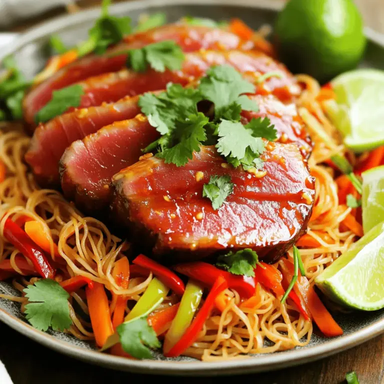 - 2 Thunfischsteaks (ca. 170g each) - Marinade-Zutaten: - 2 Esslöffel thailändische Chili-Paste (wie Sambal Oelek) - 1 Esslöffel Sojasauce - 1 Esslöffel Limettensaft - 1 Esslöffel Honig Die Thunfischsteaks sind der Star dieses Gerichts. Du wählst frische Steaks, die fest und rot sind. Achte darauf, dass die Qualität hoch ist. Die Marinade aus Chili-Paste, Sojasauce, Limettensaft und Honig bringt tolle Aromen. Sie gibt den Steaks eine perfekte Balance aus Schärfe und Süße. Marinieren ist der Schlüssel! Lass die Steaks mindestens 15 Minuten ruhen, damit sie den Geschmack aufnehmen. - Reisnudeln: 200g - Gemüse: - 1 Paprika, dünn geschnitten - 1 Karotte, julienniert - 3 Frühlingszwiebeln, gehackt - Zusätzliche Zutaten: - 1 Esslöffel Sesamöl - 1 Esslöffel Erdnussbutter Die Reisnudeln sind leicht und nehmen den Geschmack gut auf. Sie sind einfach zu kochen und machen das Gericht sättigend. Für die Gemüsewahl sind Paprika, Karotten und Frühlingszwiebeln ideal. Sie bringen Farbe und Crunch. Das Sesamöl und die Erdnussbutter sorgen für ein nussiges Aroma und machen die Nudeln cremig. - Frischer Koriander zum Garnieren - Limettenschnitze zum Servieren - Salz und Pfeffer nach Geschmack Die Garnitur macht das Gericht lebendig. Frischer Koriander gibt einen tollen Geschmack. Limettenschnitze bringen Frische und einen schönen Kontrast. Vergiss nicht, mit Salz und Pfeffer zu würzen. Du kannst das Gericht nach deinem Geschmack anpassen. Wenn du mehr Frische möchtest, füge mehr Koriander hinzu. Für die vollständige Zubereitung, schau dir das [Full Recipe] an. Um die Marinade zuzubereiten, mische ich die thailändische Chili-Paste, Sojasauce, Limettensaft und Honig in einer kleinen Schüssel. Diese Mischung gibt den Steaks einen tollen Geschmack. Ich lege die Thunfischsteaks in eine flache Schüssel und gieße die Marinade gleichmäßig darüber. Es ist wichtig, dass die Steaks gut bedeckt sind. Ich lasse sie mindestens 15 Minuten marinieren. So können die Aromen richtig einziehen. Während die Steaks marinieren, koche ich die Reisnudeln. Ich folge den Anweisungen auf der Verpackung. Nach dem Kochen gieße ich die Nudeln ab und stelle sie beiseite. Es ist wichtig, sie nicht zu lange zu kochen, damit sie nicht matschig werden. Jetzt erhitze ich das Sesamöl in einer großen Pfanne bei mittlerer Hitze. Ich füge die geschnittene Paprika und die juliennierte Karotte hinzu. Diese brate ich etwa 3-4 Minuten lang an, bis sie leicht zart sind. Dann gebe ich die gekochten Reisnudeln, die Erdnussbutter und die gehackten Frühlingszwiebeln in die Pfanne. Alles gut vermengen und für weitere 2-3 Minuten erhitzen. Ich schmecke mit Salz und Pfeffer ab. In einer separaten Pfanne oder auf dem Grill brate ich die marinierten Thunfischsteaks an. Ich mache das bei mittlerer bis hoher Hitze für 2-3 Minuten auf jeder Seite, wenn ich sie rosa mag. Wenn ich sie durchgegart möchte, lasse ich sie länger braten. Nach dem Braten nehme ich die Steaks vom Herd und lasse sie eine Minute ruhen. Dann schneide ich sie in dicke Streifen. Um die perfekte Marinade für deine Thunfischsteaks zu machen, wähle die beste Chili-Paste. Ich empfehle Sambal Oelek. Diese Paste hat die richtige Balance aus Schärfe und Geschmack. Du kannst auch eine mildere Paste nehmen, wenn du es nicht zu scharf magst. Die Marinierzeit anpassen ist wichtig. Für einen starken Geschmack, mariniere die Steaks mindestens 30 Minuten. Wenn du es milder magst, reichen schon 15 Minuten. Denke daran, die Steaks nicht zu lange zu marinieren. Sonst werden sie zu salzig. Um die Steaks und Nudeln zuzubereiten, brauchst du einige gute Utensilien. Eine große Pfanne ist wichtig, um das Gemüse und die Nudeln zu braten. Eine Grillpfanne oder ein Grill eignet sich gut für die Thunfischsteaks. Nützliche Küchengeräte sind auch wichtig. Ein scharfes Messer hilft dir, die Steaks gleichmäßig zu schneiden. Ein Holzlöffel ist perfekt, um die Zutaten in der Pfanne zu vermengen. Das Anrichten der Steaks und Nudeln macht Spaß. Beginne mit den würzigen Nudeln auf dem Teller. Lege die geschnittenen Thunfischsteaks darauf. Für kreative Garnierungen kannst du frischen Koriander verwenden. Limettenschnitze sorgen für einen frischen Kick. Du kannst auch etwas Sesam darüber streuen, um mehr Textur zu geben. {{image_4}} Für eine pflanzliche Version können Sie Tofu oder Seitan verwenden. Beide Optionen sind proteinreich und nehmen die Marinade gut auf. Schneiden Sie den Tofu in dicke Scheiben. Marinieren Sie ihn dann wie die Thunfischsteaks. Für Seitan können Sie ihn in Streifen schneiden und ebenfalls marinieren. Eine gute Marinade für Vegetarier könnte eine Mischung aus Sojasauce, Limettensaft und etwas Honig sein. Fügen Sie auch etwas Knoblauch hinzu, um den Geschmack zu verstärken. Lassen Sie die Marinade für mindestens 15 Minuten einziehen, damit der Geschmack gut durchdringt. Sie möchten die Schärfe erhöhen oder reduzieren? Das ist einfach! Um die Hitze zu steigern, fügen Sie mehr thailändische Chili-Paste hinzu. Eine andere Möglichkeit ist, frische Chilis in die Pfanne zu geben. Für eine mildere Variante können Sie die Chili-Paste halbieren und mehr Sojasauce verwenden. Die Gewürzauswahl ist ebenfalls wichtig. Verwenden Sie mildere Gewürze wie Paprika oder Kreuzkümmel, wenn Sie es sanfter mögen. Frische Kräuter wie Basilikum oder Koriander können auch helfen, den Schärfegrad auszugleichen. Nutzen Sie saisonales Gemüse für frische Aromen. Im Frühling können Sie Spargel oder Zuckerschoten verwenden. Im Sommer sind Zucchini und Tomaten toll. Im Herbst ergänzen Kürbis und Rüben das Gericht wunderbar. Zusätzlich können frische Kräuter wie Minze oder Thai-Basilikum das Gericht aufwerten. Diese Kräuter bringen frische und lebendige Aromen, die mit dem Thunfisch und den Nudeln harmonieren. So bleibt Ihr Gericht spannend und abwechslungsreich. Für mehr Details, schauen Sie sich das Full Recipe an. Wie lange sind die Steaks haltbar? Die übrig gebliebenen Thunfischsteaks sind im Kühlschrank etwa 2 bis 3 Tage haltbar. Sie sollten die Steaks in einem gut verschlossenen Behälter aufbewahren. Dadurch bleibt der Geschmack frisch. Empfohlene Lagerungsmethoden Ich empfehle, die Steaks vor dem Lagern in Frischhaltefolie zu wickeln. So schützen Sie sie vor Luft und Feuchtigkeit. Achten Sie darauf, die Steaks nicht mit anderen starken Gerüchen zu lagern. Tipps zur Aufbewahrung der gekochten Nudeln Gekochte Reisnudeln sollten ebenfalls in einem luftdichten Behälter aufbewahrt werden. So bleiben sie für 3 bis 5 Tage frisch. Ein Spritzer Sesamöl verhindert, dass die Nudeln zusammenkleben. Mikrowellen- oder Pfannenoptionen zum Aufwärmen Sie können die Nudeln in der Mikrowelle oder in einer Pfanne aufwärmen. Mikrowelle: 1 bis 2 Minuten bei mittlerer Hitze. Pfanne: Fügen Sie etwas Wasser oder Öl hinzu und erhitzen Sie die Nudeln bei mittlerer Hitze für 3 bis 5 Minuten. Anleitungen zum Einfrieren von Thunfischsteaks und Nudeln Wenn Sie die Steaks oder Nudeln länger aufbewahren möchten, können Sie sie einfrieren. Wickeln Sie die Steaks in Frischhaltefolie und dann in Alufolie. Für die Nudeln verwenden Sie einen Gefrierbeutel. Entfernen Sie die Luft, bevor Sie sie verschließen. Tipps zum Auftauen Um die Steaks aufzutauen, legen Sie sie über Nacht in den Kühlschrank. Nudeln können Sie direkt in heißem Wasser auftauen. So bleiben die Textur und der Geschmack erhalten. Die Thunfischsteaks können bis zu 30 Minuten mariniert werden. Das ist die maximale Zeit für den besten Geschmack. Längeres Marinieren kann den Fisch übermäßig weich machen. Ich empfehle, sie mindestens 15 Minuten einziehen zu lassen. So entfalten sich die Aromen gut. Ja, du kannst die Nudeln im Voraus zubereiten. Koche sie einfach nach den Anweisungen auf der Verpackung. Lass sie danach gut abkühlen. Du kannst sie in einem luftdichten Behälter im Kühlschrank aufbewahren. Sie bleiben bis zu drei Tage frisch. Zum Aufwärmen kannst du sie einfach in der Mikrowelle oder in einer Pfanne erhitzen. Zu den Thai Chili Thunfischsteaks passen frische Salate sehr gut. Ein Gurkensalat mit Limette und Koriander ist eine tolle Wahl. Auch gedämpftes Gemüse kann das Gericht gut ergänzen. Für etwas Crunch sind geröstete Erdnüsse eine gute Idee. Sie bringen zusätzliche Textur und Geschmack. Das Rezept für die Thunfischsteaks und die würzigen Nudeln ist einfach und lecker. Wir haben die Hauptzutaten, die Zubereitung und die besten Tipps besprochen. Sie können auch vegetarische Varianten ausprobieren und alles nach Ihrem Geschmack anpassen. Denken Sie daran, übrig gebliebene Steaks richtig zu lagern. Mit diesen Anleitungen kochen Sie bald mit Freude und Erfolg! Jetzt steht nichts mehr zwischen Ihnen und einem köstlichen Gericht. Viel Spaß beim Ausprobieren!