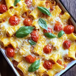 - 450 g Rigatoni-Pasta - 900 g Kirschtomaten, halbiert - 1 mittelgroße Zwiebel, gewürfelt - 3 Knoblauchzehen, gehackt - 2 Esslöffel Olivenöl - 1 Teelöffel getrockneter Oregano - 1 Teelöffel getrocknetes Basilikum - 1/2 Teelöffel rote Pfefferflocken (optional) - Salz und frisch gemahlener schwarzer Pfeffer nach Geschmack - 250 g frischer Mozzarella, in Stücke gerissen - 50 g geriebener Parmesan - Frische Basilikumblätter zum Garnieren Die Hauptzutaten für mein Baked Rigatoni mit Roasted Tomato Sauce sind einfach und frisch. Rigatoni-Pasta gibt dem Gericht eine tolle Form und Textur. Kirschtomaten verleihen eine süße Note. Zwiebeln und Knoblauch bringen Aroma und Tiefe in die Sauce. Gewürze wie Oregano und Basilikum fügen den italienischen Flair hinzu. Mozzarella und Parmesan machen das Gericht schön cremig und herzhaft. - Backblech - Große Schüssel - Topf - Auflaufform Die richtigen Küchenwerkzeuge sind wichtig für den Erfolg. Ein Backblech hilft, die Tomaten gleichmäßig zu rösten. Eine große Schüssel ist nötig, um die Sauce und Pasta gut zu vermengen. Ein Topf ist wichtig, um die Rigatoni perfekt zu kochen. Schließlich brauche ich eine Auflaufform, um die Pasta im Ofen zu backen. Diese Werkzeuge machen das Kochen einfacher und Spaß. Für das vollständige Rezept und die Zubereitung, schau dir den [Full Recipe] an. Heize deinen Ofen auf 220 °C vor. Nimm die Kirschtomaten und schneide sie in zwei Hälften. Würfle die Zwiebel. Lege ein Backblech mit Backpapier aus und verteile die Tomaten und Zwiebeln gleichmäßig. Beträufle alles mit Olivenöl und würze es mit Oregano, Basilikum, Salz und Pfeffer. Mische die Zutaten gut. Lass sie in einer einzigen Schicht liegen. Röste die Mischung für 20 bis 25 Minuten. Sie sollte weich und leicht karamellisiert sein. Während die Tomaten rösten, bring in einem großen Topf Wasser zum Kochen. Füge Salz hinzu, um das Wasser zu würzen. Gib die Rigatoni in das kochende Wasser. Koche sie gemäß den Anweisungen auf der Verpackung, bis sie al dente sind. Gieße die Pasta ab und stelle sie beiseite. In einer großen Schüssel kombiniere die gerösteten Tomaten und Zwiebeln. Vergiss nicht, die Säfte hinzuzufügen. Füge den gehackten Knoblauch hinzu. Zerdrücke die Tomaten leicht mit einer Gabel. So entsteht eine grobe Sauce. Probiere die Mischung und passe die Gewürze nach deinem Geschmack an. Gib die gekochten Rigatoni in die Schüssel mit der Sauce. Mische die Hälfte der Mozzarella-Stücke und die Hälfte des geriebenen Parmesans unter die Pasta. Achte darauf, dass die Pasta gleichmäßig bedeckt ist. Heize den Ofen auf 190 °C vor. Fülle die Pasta-Mischung in eine gefettete Auflaufform. Streue die restliche Mozzarella und den Parmesan gleichmäßig darüber. Stelle die Auflaufform in den vorgeheizten Ofen. Backe das Gericht für 25 bis 30 Minuten. Der Käse sollte sprudeln und goldbraun sein. Nehme das Gericht aus dem Ofen und lasse es einige Minuten abkühlen. Dekoriere die Oberseite mit frischen Basilikumblättern. Jetzt ist dein Baked Rigatoni mit Roasted Tomato Sauce bereit zum Servieren! Du kannst die gesamte Zubereitung im [Full Recipe] nachlesen. Um die beste Rigatoni zu machen, koche sie al dente. Das bedeutet, die Pasta sollte noch einen leichten Biss haben. Bring ausreichend gesalzenes Wasser zum Kochen. Füge die Rigatoni hinzu und halte dich an die Kochzeit auf der Packung. Nach dem Kochen, lass die Pasta gut abtropfen. So bleibt sie perfekt für die Sauce. Um den Geschmack deiner Baked Rigatoni zu heben, füge zusätzliche Gewürze und Kräuter hinzu. Du kannst frische Kräuter wie Basilikum oder Oregano verwenden. Auch eine Prise rote Pfefferflocken bringt einen tollen Kick. Experimentiere mit Gewürzen und finde deine Lieblingskombination für mehr Tiefe im Gericht. Die Wahl des Käses kann dein Gericht stark verändern. Wenn du etwas Neues probieren möchtest, nutze verschiedene Käsesorten. Feta oder Gouda können eine interessante Variation bieten. Du kannst auch veganen Käse verwenden, wenn du eine pflanzliche Option suchst. So bleibt das Gericht spannend und lecker. Für das vollständige Rezept besuche [Full Recipe]. {{image_4}} Für eine vegetarische Variante von Baked Rigatoni mit Roasted Tomato Sauce, füge verschiedene Gemüsemischungen hinzu. Du kannst Zucchini, Paprika oder Spinat verwenden. Diese Gemüse geben dem Gericht mehr Textur und Geschmack. Röste sie einfach mit den Tomaten, um die Aromen zu verstärken. Du kannst auch Pilze für einen herzhaften Geschmack hinzufügen. Wenn du Fleischliebhaber bist, kannst du Hackfleisch oder Wurst zur Sauce hinzufügen. Brate das Fleisch in einer Pfanne an, bevor du es mit den gerösteten Tomaten kombinierst. Das gibt der Sauce einen tollen Geschmack und macht das Gericht sättigender. Rinderhack oder italienische Wurst sind perfekte Optionen, um die Aromen zu verstärken. Für eine glutenfreie Variante, verwende glutenfreie Rigatoni. Diese Pasta gibt es in vielen Formen, und sie sind leicht zu finden. Stelle sicher, dass du die Packungsanweisungen befolgst, um die beste Konsistenz zu erzielen. So kannst du diese köstliche Mahlzeit genießen, ohne auf den Geschmack zu verzichten. Lass dir die verschiedenen Varianten schmecken! Wenn du mehr Ideen brauchst, schau dir das [Full Recipe] an. Wenn Sie Baked Rigatoni mit Roasted Tomato Sauce zubereiten, bleibt oft etwas übrig. Um Reste gut aufzubewahren, lassen Sie das Gericht zuerst abkühlen. Füllen Sie dann die Reste in einen luftdichten Behälter. Achten Sie darauf, dass der Behälter gut schließt. So bleibt der Geschmack frisch. Sie können die Reste bis zu fünf Tage im Kühlschrank aufbewahren. Um das Gericht wieder aufzuwärmen, heizen Sie den Ofen auf 180 °C vor. Geben Sie die Reste in eine Auflaufform. Bedecken Sie die Form mit Alufolie. So bleibt die Feuchtigkeit erhalten und der Käse wird nicht zu trocken. Backen Sie das Gericht für etwa 20 Minuten. Prüfen Sie, ob es heiß ist, bevor Sie servieren. Die Haltbarkeit von Baked Rigatoni ist wichtig. Im Kühlschrank bleibt das Gericht bis zu fünf Tage frisch. Wenn Sie es länger aufbewahren möchten, können Sie es einfrieren. Im Gefrierschrank hält sich die Rigatoni bis zu drei Monate. Stellen Sie sicher, dass Sie das Gericht gut verpacken, um Gefrierbrand zu vermeiden. Die Zubereitungszeit für Baked Rigatoni beträgt etwa 15 Minuten. Die Kochzeit für die Pasta und das Rösten der Tomaten dauert ungefähr 25 bis 30 Minuten. Insgesamt sollten Sie etwa eine Stunde für das gesamte Gericht einplanen. Diese Zeit ist gut investiert, um ein schmackhaftes Essen zu zaubern. Ja, Sie können die Tomatensauce im Voraus zubereiten. Röstet die Tomaten und Zwiebeln, dann lassen Sie die Mischung abkühlen. Bewahren Sie die Sauce in einem luftdichten Behälter im Kühlschrank auf. Sie bleibt dort bis zu drei Tage frisch. So sparen Sie Zeit, wenn Sie das Gericht später zubereiten. Zu Baked Rigatoni passen viele Beilagen gut. Ein frischer grüner Salat mit Vinaigrette ist eine tolle Wahl. Auch Knoblauchbrot oder Bruschetta ergänzen das Gericht perfekt. Wenn Sie etwas Warmes möchten, probieren Sie gedünstetes Gemüse oder eine cremige Polenta. Dieses Rezept für Baked Rigatoni bietet leckere Hauptzutaten wie Pasta und Kirschtomaten. Die Schritt-für-Schritt-Anleitung macht das Kochen einfach. Du lernst, wie du perfekte Pasta zubereitest und leckere Variationen ausprobieren kannst. Die Tipps helfen dir, das Gericht zu verbessern. Denke an verschiedene Käse und Gemüse. Reste sind leicht zu lagern und einfach aufzuwärmen. Viel Spaß beim Kochen und Genießen!