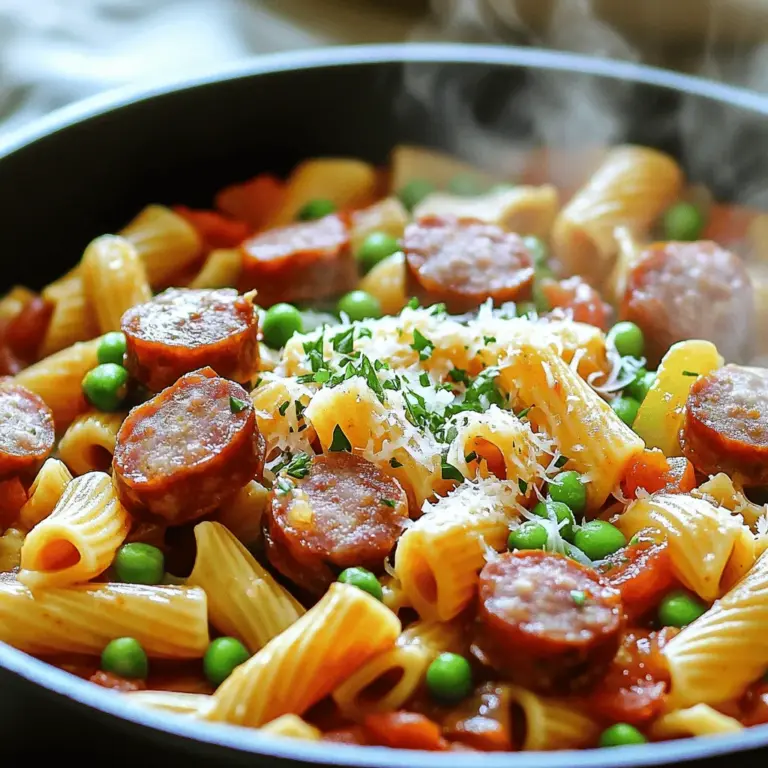 Für dieses leckere Gericht brauchst du einige Hauptzutaten. Hier sind sie: - 340 g Räuchersalami, in Scheiben geschnitten - 1 Zwiebel, gewürfelt - 3 Knoblauchzehen, fein gehackt - 1 Paprika (jede Farbe), gewürfelt - 1 Dose (400 g) gewürfelte Tomaten (mit Saft) - 950 ml Hühnerbrühe - 340 g Pasta (Penne oder Rigatoni eignen sich gut) - 1 Teelöffel italienische Gewürze - 1/2 Teelöffel rote Pfefferflocken (optional, für Schärfe) - 150 g tiefgefrorene Erbsen - 1 Esslöffel Olivenöl - Salz und Pfeffer nach Geschmack - Frische Petersilie, gehackt (zum Garnieren) - Geriebener Parmesan (zum Servieren) Diese Zutaten bieten eine schöne Mischung aus Geschmack und Textur. Die Räuchersalami bringt einen tollen Rauchgeschmack. Die Pasta und die Tomaten sorgen für eine schöne Basis. Du kannst das Gericht aufpeppen, indem du einige optionale Zutaten hinzufügst: - Frischer Basilikum oder Oregano für mehr Kräuteraroma - Oliven oder Kapern für einen salzigen Kick - Pilze für eine erdige Note - Zucchini oder Spinat für mehr Gemüse Diese Zutaten können das Gericht interessanter machen. Sei kreativ und passe das Rezept an deinen Geschmack an. Die Qualität der Zutaten macht einen großen Unterschied. Hier sind einige Tipps: - Wähle frische, saisonale Produkte. Diese schmecken besser und sind gesünder. - Achte auf die Herkunft der Wurst. Hochwertige Wurst hat einen besseren Geschmack. - Verwende gute Brühe. Selbstgemachte Brühe ist am besten, aber du kannst auch hochwertige gekaufte verwenden. - Frische Kräuter machen den Unterschied und bringen mehr Aroma. Gute Zutaten führen zu einem köstlichen Ergebnis. Nimm dir die Zeit, um die besten auszuwählen. Du wirst es nicht bereuen! Für das vollständige Rezept schau dir das [Full Recipe] an. Zuerst schnapp dir die Räuchersalami. Schneide sie in dünne Scheiben. Als Nächstes würfel die Zwiebel und die Paprika. Hacke den Knoblauch fein. Diese Zutaten geben dem Gericht viel Geschmack. Sie bilden die Basis für unsere Nudeln. Erhitze dann das Olivenöl in einem großen Topf. Wenn das Öl heiß ist, füge die Räuchersalami hinzu. Brate sie für etwa 4-5 Minuten. Sie sollte schön gebräunt und aromatisch sein. Jetzt kommen die Zwiebel, Paprika und der Knoblauch in den Topf. Brate alles für 3-4 Minuten. Das Gemüse wird weich und duftet herrlich. Jetzt ist es Zeit für die Pasta. Gib die gewürfelten Tomaten mit Saft, die Hühnerbrühe und die Pasta in den Topf. Vergiss die italienischen Gewürze nicht! Wenn du es scharf magst, füge die roten Pfefferflocken hinzu. Rühre alles gut um und bringe die Mischung zum Kochen. Wenn die Flüssigkeit kocht, decke den Topf ab und reduziere die Hitze. Lass die Pasta 10-12 Minuten kochen. Rühre gelegentlich um. So wird die Pasta gleichmäßig gar und nimmt die Aromen auf. Nach dem Kochen füge die tiefgefrorenen Erbsen hinzu. Rühre sie unter die Pasta und lass sie 2-3 Minuten erhitzen. Würze das Gericht mit Salz und Pfeffer nach deinem Geschmack. Nimm den Topf vom Herd und lass das Gericht ein paar Minuten stehen. So dickt die Sauce schön ein. Serviere die Nudeln heiß. Garniere sie mit frischer Petersilie und geriebenem Parmesan. Dieses Gericht sieht toll aus und schmeckt noch besser! Du kannst das ganze Rezept [Full Recipe] nachlesen, um die genauen Mengen zu sehen. Um den Geschmack deiner One Pot Räuchersalami-Nudeln zu verbessern, gibt es einige einfache Tricks. Füge frische Kräuter wie Basilikum oder Oregano hinzu, um mehr Aroma zu erhalten. Du kannst auch einen Spritzer Zitronensaft am Ende hinzufügen. Das bringt Frische und hebt den Geschmack der Räuchersalami hervor. Wenn du ein wenig mehr Schärfe magst, sind geröstete Paprikaflocken eine gute Wahl. Sie geben dem Gericht eine feine Würze. Ein häufiger Fehler ist, die Pasta zu lange zu kochen. Achte darauf, die Nudeln al dente zu garen. So bleiben sie fest und schmecken besser. Ein weiterer Fehler ist, nicht genug Flüssigkeit zu verwenden. Deine Pasta braucht genug Brühe, um gut zu kochen. Wenn du die Erbsen zu früh hinzufügst, werden sie matschig. Warte, bis die Nudeln fast fertig sind, bevor du sie hinzugibst. Die ideale Konsistenz der Nudeln ist cremig, aber nicht zu flüssig. Wenn du merkst, dass das Gericht zu trocken ist, füge etwas mehr Brühe hinzu. Um eine cremige Textur zu erreichen, kannst du etwas Frischkäse oder Sahne einrühren, kurz bevor du servierst. Das sorgt für einen volleren Geschmack und eine tolle Konsistenz. Achte darauf, die Mischung gut zu rühren, damit alles gleichmäßig verteilt ist. {{image_4}} Wenn du eine vegetarische oder vegane Version machen möchtest, gibt es tolle Optionen. Ersetze die Räuchersalami durch Räuchertofu oder Seitan. Diese Produkte geben einen rauchigen Geschmack. Verwende auch Gemüsebrühe anstelle von Hühnerbrühe. Du kannst die Erbsen weglassen oder durch Kichererbsen ersetzen. So bleibt das Gericht lecker und nahrhaft. Du kannst verschiedene Wurstsorten ausprobieren. Mildere Würste wie Geflügelwurst passen gut zu diesem Rezept. Für mehr Schärfe kannst du Chorizo verwenden. Diese Würste bringen einen anderen Geschmack, der das Gericht spannend macht. Die Zubereitung bleibt gleich, egal welche Wurst du wählst. Das Rezept ist sehr anpassbar. Du kannst andere Gemüsesorten hinzufügen. Zucchini, Spinat oder Brokkoli sind gute Optionen. Probiere auch verschiedene Kräuter. Basilikum oder Oregano geben einen frischen Geschmack. Wenn du es schärfer magst, füge mehr rote Pfefferflocken hinzu. So kannst du das Gericht genau nach deinem Geschmack gestalten. Um Reste von One Pot Räuchersalami-Nudeln richtig aufzubewahren, verwenden Sie einen luftdichten Behälter. Lassen Sie die Nudeln zuerst abkühlen, bevor Sie sie lagern. So vermeiden Sie, dass sie matschig werden. Stellen Sie sicher, dass der Behälter gut verschlossen ist, um Gerüche zu vermeiden. Reste sind im Kühlschrank bis zu drei Tage haltbar. Wenn Sie mehr als genug gekocht haben, können Sie die Nudeln auch einfrieren. Teilen Sie die Portionen in kleinere Behälter auf. Achten Sie darauf, dass noch Platz für die Ausdehnung bleibt. Die Nudeln bleiben bis zu drei Monate im Gefrierschrank frisch. Beschriften Sie die Behälter mit Datum und Inhalt. So wissen Sie, was Sie haben. Um die Nudeln aufzuwärmen, geben Sie sie in einen Topf. Fügen Sie einen Schuss Hühnerbrühe oder Wasser hinzu, damit sie nicht austrocknen. Erhitzen Sie sie bei mittlerer Hitze und rühren Sie regelmäßig um. Für einen frischen Geschmack, fügen Sie etwas mehr Gewürze oder frische Petersilie hinzu. So schmecken die Reste fast wie frisch zubereitet. Ja, du kannst andere Pasta-Sorten nutzen. Penne und Rigatoni sind gut für dieses Gericht. Aber Spaghetti oder Fusilli funktionieren auch. Achte darauf, die Kochzeit anzupassen. Die Form der Pasta kann den Geschmack nicht ändern, aber die Textur kann variieren. Die Reste sind im Kühlschrank etwa 3 bis 4 Tage haltbar. Stelle sicher, dass du sie in einem luftdichten Behälter aufbewahrst. Wenn du sie länger aufbewahren möchtest, kannst du sie einfrieren. So bleiben sie bis zu 3 Monate frisch. Ja, du kannst das Rezept leicht verdoppeln. Achte darauf, einen größeren Topf zu verwenden. Die Kochzeit bleibt fast gleich, aber kontrolliere die Pasta regelmäßig. So stellst du sicher, dass sie nicht zu weich wird. One Pot Räuchersalami-Nudeln sind einfach und köstlich. Wir haben die besten Zutaten ausgewählt, die Schritt-für-Schritt-Anleitung beschrieben und Tipps zur Geschmacksoptimierung gegeben. Auch Variationen und Lagerungshinweise kamen nicht zu kurz. Egal, ob du vegetarische Alternativen oder andere Wurstsorten ausprobieren möchtest, es gibt viele Optionen. Denke daran, die Reste richtig zu lagern, damit nichts verschwendet wird. Mit diesen Informationen bist du gut vorbereitet, um ein tolles Gericht zu genießen. Viel Spaß beim Kochen!