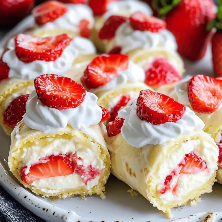 Um die Erdbeer-Shortcake-Cheesecake-Rollen zuzubereiten, benötigst du diese frischen und einfachen Zutaten: - 225 g Frischkäse, weich - 60 g Puderzucker - 1 Teelöffel Vanilleextrakt - 120 ml Sahne (schlagsahne) - 250 g frische Erdbeeren, in Scheiben geschnitten - 4 große Weizentortillas - 100 g zerbröselte Butterkekse - Zusätzliche Erdbeeren zum Garnieren - Schlagsahne zum Servieren Diese Zutaten bieten eine tolle Mischung aus Cremigkeit und Frische. Für die Zubereitung dieser leckeren Rollen brauchst du einige einfache Küchengeräte: - Eine große Rührschüssel - Einen elektrischen Mixer - Ein scharfes Messer zum Schneiden - Eine saubere Arbeitsfläche oder ein Schneidebrett - Ein Gefrierfach für das Kühlen der Rollen Mit diesen Geräten wird die Zubereitung leicht und schnell. Falls du nicht alle Zutaten zur Hand hast, gibt es tolle Ersatzprodukte, die du verwenden kannst: - Statt Frischkäse kannst du auch Ricotta oder Quark nehmen. - Verwende Agavendicksaft oder Honig anstelle von Puderzucker. - Wenn du keine Weizentortillas hast, probiere Mais-Tortillas. Diese Alternativen machen die Rollen trotzdem lecker und anpassbar. Du kannst das vollständige Rezept hier finden: [Full Recipe]. Um die Füllung für die Erdbeer-Shortcake-Cheesecake-Rollen zu machen, beginne mit Frischkäse. Nimm 225 g weichen Frischkäse und lege ihn in eine große Schüssel. Schlage den Käse mit einem Mixer glatt. Füge 60 g Puderzucker und 1 Teelöffel Vanilleextrakt hinzu. Mische alles gut zusammen. Jetzt kommt der aufregende Teil: die Sahne. Schlage 120 ml Schlagsahne in einer separaten Schüssel. Achte darauf, dass die Sahne steife Spitzen bildet. Füge die Schlagsahne vorsichtig zur Frischkäse-Mischung hinzu. Mische alles sanft, bis es gut kombiniert ist. So entsteht eine luftige und leckere Füllung. Jetzt ist es Zeit zu rollen! Nimm eine große Weizentortilla und lege sie flach auf eine saubere Fläche. Bestreiche die Tortilla großzügig mit der Cheesecake-Mischung. Achte darauf, die gesamte Fläche abzudecken. Verteile eine Schicht geschnittene Erdbeeren gleichmäßig auf der Mischung. Füge dann eine dünne Schicht zerbröselte Butterkekse hinzu. Diese geben einen tollen Crunch. Beginne an einer Kante und rolle die Tortilla vorsichtig auf. Wiederhole dies mit den anderen Tortillas, bis du vier Rollen hast. Lass die Rollen für etwa 30 Minuten im Gefrierfach ruhen. So werden sie fest und einfach zu schneiden. Nach dem Kühlen nimmst du die Rollen heraus. Schneide sie in 2-5 cm dicke Stücke. Sei vorsichtig, damit die Füllung nicht herausquillt. Serviere die Rollen auf einem schönen Teller. Ein Extra-Tupfer Schlagsahne macht sie noch köstlicher. Garnieren kannst du sie mit frischen Erdbeeren. Dies gibt dem Gericht einen frischen Look. Für das vollständige Rezept, schau dir das [Full Recipe] an. Um die Füllung genau richtig zu machen, achte auf die folgenden Punkte: - Nutze weichen Frischkäse. Lass ihn vorher etwas stehen, damit er leicht zu verarbeiten ist. - Mische den Puderzucker gut unter, um Klumpen zu vermeiden. - Schlage die Sahne separat, bis sie steif ist. Das gibt der Füllung die nötige Luftigkeit. - Füge die Sahne langsam zur Frischkäsemasse hinzu. So bleibt die Mischung schön fluffig. Erdbeeren sind der Star dieses Rezepts. Hier sind einige Tipps, um den Geschmack zu verbessern: - Verwende frische, reife Erdbeeren. Sie bringen den besten Geschmack. - Probiere auch verschiedene Sorten, wie die süße „Honeoye“ oder die aromatische „Elsanta“. - Füge einen Spritzer Zitronensaft zur Füllung hinzu. Das hebt die Aromen der Erdbeeren hervor. - Garniere die Rollen mit Minzblättern. Sie bringen Frische und Farbe auf den Teller. Jeder macht Fehler, aber hier sind einige Punkte, die du vermeiden solltest: - Lass die Tortillas nicht zu lange stehen. Sie können trocken werden und reißen. - Rolle die Tortillas fest, aber nicht zu fest. Zu viel Druck kann die Füllung herausdrücken. - Schneide die Rollen mit einem scharfen Messer. Das sorgt für saubere Stücke. - Serviere die Rollen kalt. So bleibt die Füllung frisch und lecker. Für das vollständige Rezept schaue dir bitte die Vollständige Rezeptur an. {{image_4}} Wenn du eine vegane Version von Erdbeer-Shortcake-Cheesecake-Rollen machen möchtest, gibt es tolle Optionen. Ersetze den Frischkäse durch veganen Frischkäse. Verwende auch Kokoscreme anstelle von Sahne. Für die Süße kannst du Agavendicksaft oder Kokosblütenzucker nehmen. Diese Zutaten sorgen für einen ähnlichen Geschmack und eine cremige Konsistenz. Erdbeeren sind lecker, aber du kannst auch andere Früchte verwenden. Im Sommer sind Pfirsiche und Himbeeren eine gute Wahl. Äpfel und Birnen passen im Herbst toll zu dieser Rolle. Im Winter kannst du auch gefrorene Beeren verwenden. Achte darauf, die Früchte gut abzutrocknen, bevor du sie hinzufügst. So wird die Füllung nicht zu nass. Wenn du Allergien hast, gibt es viele Anpassungen. Für Glutenunverträglichkeit kannst du glutenfreie Tortillas nutzen. Bei einer Nussallergie achte darauf, dass die Zutaten nussfrei sind. Verwende alternative Süßstoffe für Zuckerallergien. Du kannst auch die Schlagsahne weglassen und einfach mehr Frischkäse verwenden. So bleibt der Geschmack trotzdem toll. Für das vollständige Rezept besuche [Full Recipe]. Die Erdbeer-Shortcake-Cheesecake-Rollen sind leicht zu lagern. Wickeln Sie jede Rolle in Frischhaltefolie ein. Ein luftdichter Behälter funktioniert auch gut. Dies schützt sie vor Austrocknung und Gerüchen im Kühlschrank. Im Kühlschrank bleiben die Rollen frisch für etwa drei Tage. Wenn Sie sie länger aufbewahren möchten, frieren Sie sie ein. Im Gefrierschrank sind sie bis zu drei Monate haltbar. Achten Sie darauf, sie gut zu verpacken, damit sie keine Frostschäden bekommen. Um die Rollen aufzuwärmen, lassen Sie sie zuerst im Kühlschrank auftauen. Danach können Sie sie in der Mikrowelle kurz erhitzen. Stellen Sie sicher, dass Sie die Rollen nicht zu lange erhitzen, damit die Füllung nicht schmilzt. Servieren Sie sie am besten mit etwas frischer Schlagsahne. Das Rezept ergibt acht Rollen. Jede Rolle kann in zwei bis fünf Stücke geschnitten werden. So kannst du bis zu 16 Portionen haben, abhängig von deinen Gästen. Diese Größe ist perfekt für eine kleine Feier oder einen Snack. Ja, gefrorene Erdbeeren sind eine gute Option. Achte darauf, sie vorher zu tauen und gut abtropfen zu lassen. So vermeidest du, dass die Füllung zu nass wird. Der Geschmack bleibt trotzdem frisch und lecker. Ja, du kannst die Füllung im Voraus zubereiten. Bewahre sie in einem luftdichten Behälter im Kühlschrank auf. So bleibt sie frisch. Du kannst die Füllung bis zu zwei Tage im Voraus machen. Das spart Zeit, wenn du die Rollen zubereitest. Erdbeer-Shortcake-Cheesecake-Rollen sind ein köstliches Rezept, das Spaß macht. Wir haben die Hauptzutaten und Küchengeräte besprochen. Ich habe dir gezeigt, wie man die Füllung zubereitet und die Rollen rollt. Zudem gab es Tipps für besten Geschmack und Lagerung. Egal, ob vegan oder mit Obstvariationen, die Ideen sind vielfältig. Dieses Rezept bringt Freude und wird sicher dein neuer Favorit! Probier es selbst aus und genieße jeden Bissen.