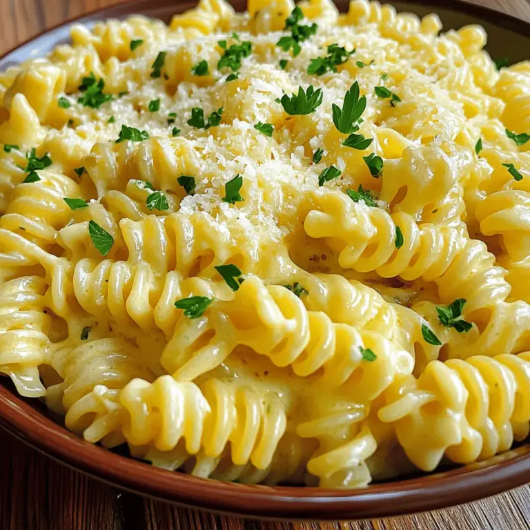 - 340 g Rotini-Pasta - 60 g ungesüßte Butter - 6 Zehen Knoblauch, fein gehackt Die Hauptzutaten für dieses Gericht sind einfach und lecker. Rotini-Pasta ist perfekt für die Sauce. Die ungesüßte Butter bringt einen vollmundigen Geschmack. Der Knoblauch verleiht der Pasta die nötige Würze. - 240 ml Schlagsahne - 100 g geriebener Parmesan-Käse - 1 Teelöffel italienische Gewürzmischung Die Schlagsahne macht die Sauce cremig. Geriebener Parmesan sorgt für einen köstlichen Käsegeschmack. Die italienische Gewürzmischung bringt die Aromen zusammen und macht das Gericht besonders. - Salz und Pfeffer - Frische Petersilie - Extra geriebener Parmesan Salz und Pfeffer helfen, die Aromen zu betonen. Frische Petersilie fügt Farbe und Frische hinzu. Extra geriebener Parmesan ist die perfekte Garnierung für noch mehr Geschmack. Diese Zutaten machen das Gericht zu einem Highlight auf jedem Tisch. Du kannst das komplette Rezept [hier finden](Full Recipe). Um die perfekte Basis für dein Gericht zu schaffen, beginne mit der Rotini-Pasta. Koche die Pasta in einem großen Topf mit viel Salzwasser. Achte darauf, die Pasta al dente zu kochen. Das bedeutet, dass sie einen kleinen Biss haben sollte. Dies dauert etwa 8 bis 10 Minuten. Halte die Zeit im Auge, damit die Pasta nicht zu weich wird. Nach dem Kochen, lasse die Rotini abtropfen. Vergiss nicht, etwa 240 ml vom Nudelwasser aufzuheben. Dieses Wasser hilft, die Sauce später zu binden. Jetzt kommt der spannende Teil: die Sauce. In einer großen Pfanne schmelze die Butter bei mittlerer Hitze. Sobald die Butter geschmolzen ist, füge den fein gehackten Knoblauch hinzu. Brate den Knoblauch für 1 bis 2 Minuten an. Achte darauf, dass er nicht anbrennt, denn verbrannter Knoblauch schmeckt bitter. Wenn der Knoblauch aromatisch ist, gieße die Schlagsahne in die Pfanne. Rühre gut um, damit sich alles verbindet. Lass die Mischung sanft köcheln, bis sie leicht eindickt. Jetzt wird es richtig lecker! Füge den geriebenen Parmesan-Käse und die italienische Gewürzmischung hinzu. Rühre weiter, bis der Käse geschmolzen ist. Die Sauce sollte jetzt schön cremig sein. Wenn sie zu dick ist, gieße langsam etwas vom reservierten Nudelwasser hinzu. Jetzt ist es Zeit, die gekochte Rotini-Pasta in die Pfanne zu geben. Vermenge alles gut, sodass die Pasta gleichmäßig mit der Knoblauch-Parmesan-Sauce überzogen wird. Schmecke die Mischung mit Salz und Pfeffer ab. Für mehr Geschmack kannst du noch etwas geriebenen Parmesan hinzufügen. Sofort servieren, garniert mit gehackter Petersilie und extra Parmesan. So einfach ist es! Für das vollständige Rezept schau in die [Full Recipe]. Um die Sauce perfekt zu machen, verwenden Sie das Nudelwasser. Es enthält Stärke, die hilft, die Sauce zu binden. Fügen Sie nach und nach etwas Nudelwasser hinzu, wenn die Sauce zu dick ist. Achten Sie darauf, das richtige Verhältnis von Käse und Sahne zu finden. Zu viel Käse macht die Sauce schwer, während zu wenig sie dünn macht. Der Knoblauch sollte bei mittlerer Hitze angebraten werden. So bleibt er aromatisch und bräunt gleichmäßig. Vermeiden Sie hohe Temperaturen, da der Knoblauch schnell anbrennen kann. Angebrannter Knoblauch schmeckt bitter und kann die gesamte Sauce ruinieren. Passen Sie Salz und Pfeffer nach Ihrem Geschmack an. Beginnen Sie mit einer kleinen Menge und probieren Sie die Sauce. Fügen Sie frische Kräuter wie Petersilie oder Basilikum hinzu, um den Geschmack zu verstärken. Frische Kräuter bringen Farbe und Aroma in Ihr Gericht. {{image_4}} Eine einfache Möglichkeit, Knoblauch Parmesan Rotini interessanter zu machen, ist die Zugabe von Gemüse. Du kannst Zucchini oder Brokkoli in die Mischung einfügen, um mehr Farbe und Nährstoffe zu bekommen. Diese Gemüse sind leicht zuzubereiten. Einfach klein schneiden und kurz mit dem Knoblauch anbraten. Das bringt einen tollen Geschmack. Eine weitere Option ist, Spinat oder Erbsen zu integrieren. Spinat passt gut, da er die Sauce schön ergänzt. Erbsen fügen Süße und eine knackige Textur hinzu. Du kannst sie einfach in die Pfanne geben, wenn die Sauce köchelt. Wenn du etwas Herzhaftes möchtest, kannst du Hähnchen oder Garnelen hinzufügen. Diese Proteine sind einfach zu kochen und passen gut zur Sauce. Einfach das Fleisch anbraten, bevor du die Pasta hinzufügst. Das sorgt für einen volleren Geschmack. Wenn du vegetarische Optionen bevorzugst, sind Tofu oder Kichererbsen großartige Alternativen. Tofu kannst du in Würfel schneiden und anbraten. Kichererbsen aus der Dose sind schnell und einfach. Beide Optionen machen das Gericht nahrhaft und sättigend. Käse ist der Star dieser Mahlzeit. Du kannst verschiedene Käsesorten ausprobieren. Gorgonzola gibt der Sauce eine würzige Note. Mozzarella sorgt für eine cremigere Textur. Beide Optionen bringen neue Geschmäcker in dein Gericht. Um deinem Knoblauch Parmesan Rotini mehr Kick zu geben, kannst du Gewürze variieren. Chili-Flocken sind eine tolle Wahl, wenn du Schärfe magst. Einfach einen Teelöffel hinzufügen, um das Gericht aufzupeppen. So wird es noch spannender und leckerer. Mit diesen Variationen kannst du dein Knoblauch Parmesan Rotini immer wieder neu gestalten. Es bleibt ein einfaches, aber schmackhaftes Gericht für jeden Anlass. Für das vollständige Rezept, schau dir die Details an. Um Reste von Knoblauch Parmesan Rotini gut zu lagern, sollten Sie sie im Kühlschrank aufbewahren. Nutzen Sie luftdichte Behälter, um die Frische zu sichern. Stellen Sie sicher, dass die Reste vollständig abgekühlt sind, bevor Sie sie einpacken. So bleibt der Geschmack erhalten. Die Haltbarkeit von Pasta ist meist gut. Wenn Sie die Rotini richtig lagern, bleibt sie 3 bis 5 Tage frisch. Achten Sie darauf, die Reste gut wieder zu erhitzen. Nutzen Sie die Mikrowelle oder eine Pfanne. Fügen Sie etwas Wasser hinzu, um die Sauce wieder cremig zu machen. Wenn Sie die Pasta länger aufbewahren möchten, können Sie sie einfrieren. Portionieren Sie die Reste in kleine Behälter oder Gefrierbeutel. Lassen Sie dabei etwas Platz, da die Pasta beim Gefrieren etwas Platz braucht. Zum Auftauen nehmen Sie die Behälter aus dem Gefrierfach und lassen sie über Nacht im Kühlschrank auftauen. Erwärmen Sie die Pasta dann langsam in der Mikrowelle oder in einer Pfanne. So bleibt der Geschmack frisch und lecker. Die Zubereitung von Knoblauch-Parmesan-Rotini dauert insgesamt etwa 20 Minuten. Die Vorbereitungszeit beträgt nur 10 Minuten. In dieser Zeit kochst du die Rotini-Pasta und bereitest die Sauce vor. Die Kochzeit für die Pasta hängt von deiner Marke ab, meist sind es jedoch 8 bis 10 Minuten. Ja, du kannst die Sauce leicht vegan machen. Verwende pflanzliche Butter anstelle von ungesüßter Butter. Nutze auch eine pflanzliche Sahne, um die cremige Textur zu erhalten. Ersetze den Parmesan durch einen veganen Käse oder Hefeflocken für das nötige Umami. Es gibt viele tolle Beilagen für Knoblauch-Parmesan-Rotini. Du kannst einen frischen grünen Salat mit einem einfachen Dressing servieren. Gegrilltes Gemüse oder geröstete Brokkoli passen ebenfalls gut. Ein knuspriges Baguette ist eine weitere leckere Option, um die Sauce aufzutunken. Vorgefertigte Knoblauch-Parmesan-Rotini sind in vielen Supermärkten erhältlich. Achte auf die Kühlregale, wo du fertige Pasta und Saucen findest. Einige Marken bieten auch tiefgefrorene Optionen an, die du einfach aufwärmen kannst. Lies die Etiketten, um die besten Optionen zu finden. Es gibt viele Wege, um deine Knoblauch-Parmesan-Rotini zu verbessern. Füge frisches Gemüse wie Zucchini oder Spinat hinzu, um mehr Nährstoffe zu bekommen. Probiere verschiedene Käsesorten für einen neuen Geschmack. Du kannst auch etwas Chili oder Paprika für eine scharfe Note einstreuen. Knoblauch-Parmesan-Rotini ist eine leckere und einfache Mahlzeit. Du kennst jetzt die Hauptzutaten wie Rotini, Butter und Knoblauch. Die Anleitung hilft dir, die perfekte Sauce zu kreieren und die richtigen Konsistenzen zu erreichen. Es gibt auch viele Variationen, um das Gericht zu verbessern. Vergiss nicht, die Reste richtig zu lagern oder zu einfrieren. Mit diesen Tipps kannst du jederzeit ein schmackhaftes Gericht zaubern. Probiere verschiedene Optionen aus und finde deine Lieblingsversion!