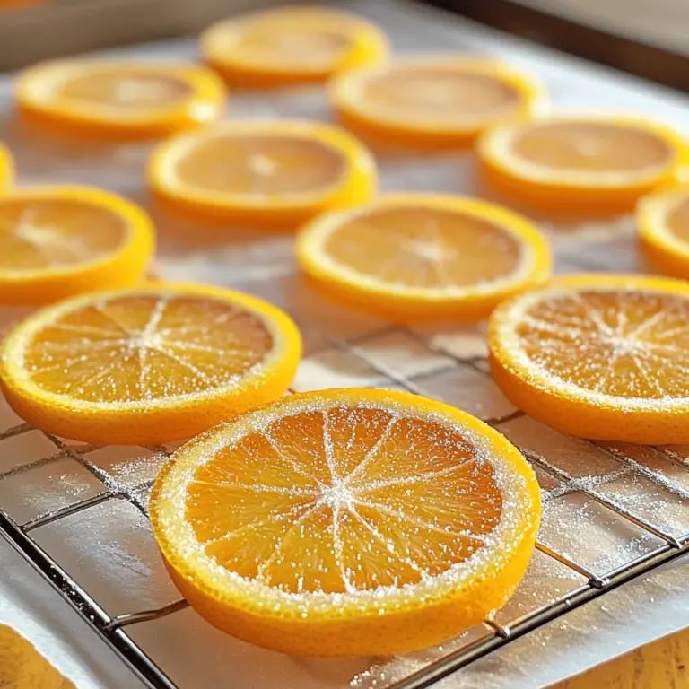 Für dein Rezept brauchst du nur wenige Zutaten. Hier sind sie: - 2 große Orangen - 1 Tasse Kristallzucker - 1 Tasse Wasser - 1 Teelöffel Vanilleextrakt - Eine Prise Salz Diese Zutaten sind einfach zu finden. Die Orangen geben den besten Geschmack. Der Zucker sorgt für die Süße, während das Wasser hilft, alles zu verbinden. Um die kandierten Orangenscheiben zu machen, benötigst du ein paar Küchenutensilien: - Ein scharfes Messer - Ein Schneidebrett - Ein mittelgroßer Topf - Eine Gabel oder Zange - Ein Drahtgitter - Ein Backblech mit Backpapier Diese Utensilien machen den Prozess einfach. Das Drahtgitter hilft, die Scheiben abtropfen zu lassen. So bleiben sie schön und klebrig. Manchmal hast du vielleicht nicht alles zur Hand. Hier sind Alternativen: - Anstelle von Kristallzucker kannst du Rohrzucker verwenden. Das gibt einen anderen Geschmack. - Wenn du keinen Vanilleextrakt hast, probiere es mit einer Vanilleschote. Das gibt einen reicheren Geschmack. - Für mehr Tiefe, füge einen Schuss Orangensaft zur Mischung hinzu. Diese Alternativen machen das Rezept flexibel. Du kannst kreativ sein und neue Aromen entdecken. Zuerst waschen Sie die Orangen sorgfältig unter fließendem Wasser. Dies entfernt Schmutz und mögliche Rückstände. Danach schneiden Sie die Orangen in dünne Runden. Jede Scheibe sollte etwa 0,6 cm dick sein. Achten Sie darauf, alle Kerne zu entfernen. So bleibt der Geschmack rein und die Textur angenehm. Nehmen Sie einen mittelgroßen Topf. Geben Sie 1 Tasse Kristallzucker und 1 Tasse Wasser hinein. Fügen Sie 1 Teelöffel Vanilleextrakt und eine Prise Salz hinzu. Stellen Sie die Hitze auf mittlere Stufe. Rühren Sie die Mischung gut um, bis der Zucker sich vollständig aufgelöst hat. Dies sorgt für eine gleichmäßige Süße. Wenn die Mischung leicht köchelt, geben Sie vorsichtig die Orangenscheiben in den Topf. Achten Sie darauf, dass sie vollständig eingetaucht sind. Reduzieren Sie die Hitze auf niedrig. Lassen Sie die Scheiben sanft für etwa 45 Minuten bis 1 Stunde köcheln. Rühren Sie gelegentlich um. Die Scheiben sollten durchscheinend und etwas dicker werden. Nach dem Kochen legen Sie die kandierten Orangenscheiben auf ein Drahtgitter. Stellen Sie das Gitter über ein mit Backpapier ausgelegtes Blech. Lassen Sie sie 30 Minuten abtropfen. Optional können Sie etwas zusätzlichen Zucker darüber streuen, während sie noch klebrig sind. Lassen Sie die Scheiben dann vollständig trocknen, was mehrere Stunden dauern kann. Bewahren Sie die fertigen kandierten Orangenscheiben in einem luftdichten Behälter auf. Genießen Sie diese süßen Leckerbissen! Beim Candieren von Orangen gibt es einige häufige Fehler. Ein Fehler ist, die Orangen nicht gut zu waschen. Schmutz und Wachs können den Geschmack beeinflussen. Ein weiterer Fehler ist, die Orangenscheiben zu dick zu schneiden. Dünnere Scheiben werden gleichmäßiger kandiert. Ein weiterer häufiger Fehler ist, die Hitze zu hoch einzustellen. Bei zu hoher Hitze können die Scheiben anbrennen. Koche sie langsam, damit sie schön durchscheinend werden. Zu viel Flüssigkeit im Topf kann auch ein Problem sein. Achte darauf, dass die Scheiben gut eingetaucht sind, aber nicht schwimmen. Die Kochzeit ist entscheidend für den Erfolg. Ich empfehle eine sanfte Kochzeit von etwa 45 Minuten bis 1 Stunde. Überprüfe die Konsistenz regelmäßig. Die Scheiben sollten weich und leicht dick sein. Wenn sie nach einer Stunde noch nicht durchscheinend sind, koche sie etwas länger. Denke daran, dass jede Orange unterschiedlich ist. Die Größe und Frische kann die Kochzeit beeinflussen. Sei geduldig und teste regelmäßig, um die besten Ergebnisse zu erzielen. Die richtige Lagerung verlängert die Haltbarkeit deiner kandierten Orangenscheiben. Lasse sie nach dem Kandieren gut trocknen. Das kann mehrere Stunden oder sogar über Nacht dauern. Bewahre die Scheiben in einem luftdichten Behälter auf. So bleiben sie frisch und lecker. Lagere sie bei Raumtemperatur. Im Kühlschrank kann die Feuchtigkeit sie weich machen. Wenn du sie länger aufbewahren möchtest, kannst du sie auch einfrieren. Stelle sicher, dass sie gut verpackt sind, um Gefrierbrand zu vermeiden. {{image_4}} Um kandierte Orangenscheiben noch interessanter zu machen, kannst du Aromen hinzufügen. Zimt ist eine großartige Wahl. Er gibt einen warmen und süßen Geschmack. Das Hinzufügen von Ingwer bringt eine scharfe Note. Du kannst ein wenig Zimt oder Ingwer in die Zucker-Wasser-Mischung geben. Beginne mit einer halben Teelöffelmenge und passe es an deinen Geschmack an. Diese kleinen Änderungen machen einen großen Unterschied. Kandierte Orangenscheiben sind lecker, aber warum nicht auch andere Zitrusfrüchte ausprobieren? Du kannst Zitronen, Limetten oder Grapefruits verwenden. Jede Frucht hat ihren eigenen Geschmack und ihre eigene Süße. Denke daran, die Schale gut abzuwaschen. Schneide sie wie die Orangen und folge dann dem [Full Recipe]. Die Zubereitung bleibt gleich, aber die Geschmäcker werden unterschiedlich sein. Zucker ist der häufigste Süßstoff in diesem Rezept. Aber es gibt Alternativen. Honig oder Agavendicksaft sind tolle Optionen. Diese Süßstoffe geben den Orangenscheiben einen einzigartigen Geschmack. Verwende die gleiche Menge wie im Rezept angegeben. Du kannst auch experimentieren. Probiere verschiedene Süßungsmittel, um den perfekten Geschmack zu finden. Es macht Spaß, neue Aromen zu entdecken! Kandierte Orangenscheiben sind einfach zu lagern. Wenn du sie bei Raumtemperatur aufbewahrst, lege sie in einen luftdichten Behälter. So bleiben sie frisch und lecker. Der Behälter schützt sie vor Luftfeuchtigkeit und Licht. Wenn du sie im Kühlschrank lagern möchtest, ist das auch möglich. Das kühle Klima verlängert die Frische. Stelle sicher, dass die Scheiben gut verpackt sind, um Gerüche zu vermeiden. Kandierte Orangenscheiben halten sich gut. Bei Raumtemperatur sind sie etwa zwei Wochen haltbar. Im Kühlschrank bleiben sie bis zu einem Monat frisch. Achte darauf, dass sie nicht austrocknen. Wenn du sie richtig lagerst, bleibt ihr Geschmack intensiv und frisch. Überprüfe regelmäßig den Zustand, um sicher zu gehen, dass sie gut sind. Wenn du die Haltbarkeit verlängern möchtest, kannst du die kandierten Orangenscheiben auch einfrieren. Lege sie in einen gefrierfesten Behälter oder einen Gefrierbeutel. Achte darauf, die Luft zu entfernen. So vermeiden wir Gefrierbrand. Im Gefrierschrank sind sie bis zu sechs Monate haltbar. Wenn du sie wieder verwenden möchtest, lasse sie einfach bei Raumtemperatur auftauen. Sie sind perfekt für Desserts oder als Snack. Für das vollständige Rezept und mehr Details schau dir die [Full Recipe] an. Kandierte Orangenscheiben halten sich gut. Sie sind bei Raumtemperatur etwa zwei bis drei Wochen haltbar. Lagern Sie sie in einem luftdichten Behälter. So bleiben sie frisch und lecker. Wenn Sie sie im Kühlschrank aufbewahren, können sie bis zu einem Monat halten. Achten Sie darauf, dass sie gut verpackt sind, um Feuchtigkeit zu vermeiden. Ja, Sie können kandierte Orangenscheiben beim Backen verwenden. Sie sind eine tolle Ergänzung für viele Rezepte. Fügen Sie sie zu Kuchen, Muffins oder Plätzchen hinzu. Sie geben den Backwaren einen fruchtigen und süßen Geschmack. Sie können auch als Dekoration auf Torten verwendet werden. Die leuchtende Farbe macht jedes Dessert schöner. Kandierte Orangenscheiben bieten einige gesundheitliche Vorteile. Orangen sind reich an Vitamin C, was gut für das Immunsystem ist. Sie enthalten auch Ballaststoffe, die die Verdauung fördern. Allerdings enthalten kandierte Orangen auch Zucker. Genießen Sie sie in Maßen, um die Vorteile zu nutzen, ohne zu viel Zucker zu konsumieren. Es ist immer gut, eine Balance zu finden. Kandierte Orangenscheiben sind einfach herzustellen. Wir haben die besten Zutaten, Utensilien und Alternativen betrachtet. Die Schritt-für-Schritt-Anleitung hilft dir, Fehler zu vermeiden. Tipps zur Lagerung und Variationen sorgen für frischen Genuss. Denke daran, Spaß beim Experimentieren zu haben. Probiere neue Aromen oder andere Früchte aus. So bleibst du kreativ und schaffst leckere Überraschungen!