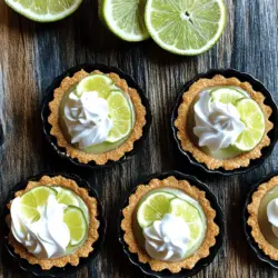 Um die besten No-Bake Mini Key Lime Pies zu machen, brauchst du: - 1 Tasse Graham-Cracker-Krümel - 1/4 Tasse ungesalzene Butter, geschmolzen - 1/4 Tasse Kristallzucker - 1 Tasse Frischkäse, weich - 1/2 Tasse gesüßte Kondensmilch - 1/2 Tasse frischer Key Lime Saft (oder normaler Limettensaft) - 1 Teelöffel Limettenabrieb - 1 Tasse schwere Schlagsahne - 2 Esslöffel Puderzucker - Frische Limettenscheiben und Schlagsahne zur Garnitur Frische Zutaten machen den Unterschied. Achte auf die folgenden Punkte: - Limetten: Wähle saftige, grüne Limetten. Sie sollten fest und ohne Flecken sein. - Frischkäse: Nimm weichen Frischkäse. Er sollte kühl, aber nicht hart sein. - Schlagsahne: Achte darauf, dass sie frisch und nicht abgelaufen ist. Wenn du spezielle Diätvorgaben hast, probiere diese Optionen: - Glutenfrei: Nutze glutenfreie Kekse für die Kruste. - Vegan: Ersetze Frischkäse durch veganen Frischkäse und verwende Kokoscreme anstelle von Sahne. - Zuckerfrei: Verwende einen Zuckeraustauschstoff für die Füllung. Diese Tipps helfen dir, die besten Zutaten für deine No-Bake Mini Key Lime Pies auszuwählen. Du wirst den frischen Geschmack lieben! Beginne mit der Kruste. Nimm eine Schüssel und gib die Graham-Cracker-Krümel, geschmolzene Butter und Kristallzucker hinein. Rühre alles gut um. Du willst, dass die Krümel gleichmäßig feucht sind. Nimm nun Mini-Tartformen oder Muffinformen. Verteile die Mischung gleichmäßig auf dem Boden. Drücke sie fest an, damit die Kruste stabil ist. Stelle die Formen in den Kühlschrank, während du die Füllung machst. Jetzt geht es an die Füllung. Nimm eine große Rührschüssel. Gib den weichen Frischkäse und die gesüßte Kondensmilch hinein. Schlage das Ganze mit einem Mixer, bis es glatt und cremig ist. Füge dann den frischen Key Lime Saft und den Limettenabrieb hinzu. Mische alles gut, bis die Mischung seidig ist. In einer anderen Schüssel schlägst du die schwere Schlagsahne mit Puderzucker, bis sich weiche Spitzen bilden. Jetzt ist es Zeit, die Krusten zu füllen. Nimm die Krusten aus dem Kühlschrank. Verteile die Key Lime Füllung gleichmäßig in den Tartschalen. Glätte die Oberflächen mit einem Spatel. Stelle die Mini Pies wieder in den Kühlschrank. Lass sie mindestens zwei Stunden kühlen, damit sie fest werden. Nach dem Kühlen kannst du sie mit Schlagsahne und Limettenscheiben garnieren. Du findest das gesamte Rezept [Full Recipe] für noch mehr Details. Um die perfekte Konsistenz für die Füllung zu erreichen, sind einige Schritte wichtig. Mischen Sie den weichen Frischkäse zuerst gut. Fügen Sie dann die gesüßte Kondensmilch langsam hinzu. Das sorgt für eine glatte Mischung. Achten Sie darauf, frischen Key Lime Saft und Limettenabrieb gut zu integrieren. Diese Zutaten geben der Füllung den frischen Geschmack. Beim Mischen der geschlagenen Sahne heben Sie sie vorsichtig unter. So bleibt die Füllung leicht und luftig. Wenn die Zeit drängt und Sie die Pies schneller abkühlen möchten, gibt es einige Tricks. Stellen Sie die Pies in den tiefen Kühlschrank. Dies kann die Kühlzeit um eine Stunde verkürzen. Achten Sie darauf, die Pies nicht zu lange dort zu lassen, um ein Einfrieren zu vermeiden. Eine andere Möglichkeit ist, Eisbeutel um die Formen zu legen. Dadurch kühlen die Pies gleichmäßiger und schneller. Die Präsentation ist wichtig, um die mini Key Lime Pies schön aussehen zu lassen. Servieren Sie die Pies auf einer schönen Platte. Dekorieren Sie sie mit frischen Limettenscheiben und Minzblättern. Ein Klecks Schlagsahne oben drauf macht sie noch ansprechender. Nutzen Sie auch farbige Teller, um den Kontrast zu erhöhen. So ziehen die Pies alle Blicke auf sich. Weitere Ideen finden Sie im Full Recipe. {{image_4}} Manchmal ist es spannend, den Geschmack zu ändern. Statt Key Lime Saft kannst du Mandarinen- oder Blutorangensaft verwenden. Diese Säfte geben einen süßeren und fruchtigeren Geschmack. Eine andere Möglichkeit ist, Limetten- und Zitronensaft zu mischen. So bekommst du eine frischere, leicht saure Note. Auch eine Kombination aus verschiedenen Zitrusfrüchten kann sehr gut schmecken. Experimentiere mit verschiedenen Säften, um deinen Liebling zu finden. Die Kruste ist wichtig für den Gesamteindruck. Wenn du keine Graham-Cracker magst, probiere andere Kekse. Butterkekse sind eine gute Wahl und haben einen süßeren Geschmack. Du kannst auch Schokoladenkekse für eine schokoladige Kruste verwenden. Diese Kruste passt gut zur Limettenfüllung und macht dein Dessert noch interessanter. Für eine gesunde Option kannst du Haferkekse verwenden. Sie verleihen der Kruste eine nussige Note und sind gleichzeitig nahrhaft. Gesunde Füllungen sind einfach. Du kannst griechischen Joghurt anstelle von Frischkäse nutzen. Das macht die Füllung leicht und reich an Proteinen. Wenn du es noch gesünder magst, verwende Honig oder Agavendicksaft statt Zucker. Diese Alternativen haben weniger Kalorien und sind gut für die Gesundheit. Auch Kokosmilch kann eine leckere, cremige Option sein. Sie gibt einen tollen Geschmack und ist laktosefrei. So kannst du auch die Füllung an deine Diät anpassen. Um die Frische zu bewahren, lagere die mini Key Lime Pies im Kühlschrank. Lege sie in einen luftdichten Behälter. So bleiben sie kühl und lecker. Vermeide es, sie lange bei Raumtemperatur stehen zu lassen. Die Pies verlieren schnell ihre gute Textur. Im Kühlschrank halten sich die Pies bis zu fünf Tage. Sie schmecken am besten, wenn du sie frisch genießt. Ich empfehle, sie nicht länger als nötig aufzubewahren. Die Aromen bleiben so kräftig und frisch. Wenn du die Pies länger aufbewahren möchtest, kannst du sie einfrieren. Stelle sicher, dass sie gut abgedeckt sind. Verwende Frischhaltefolie oder einen speziellen Gefrierbehälter. So schützen sie sich vor Frostbrand. Zum Auftauen lege die gefrorenen Pies über Nacht in den Kühlschrank. So bleiben sie schön cremig. Die mini Key Lime Pies halten sich gut im Kühlschrank. Sie bleiben frisch für etwa 3 bis 5 Tage. Achte darauf, sie in einem luftdichten Behälter zu lagern. So bleibt der Geschmack und die Konsistenz optimal. Wenn du sie länger aufbewahren willst, friere sie ein. Ja, du kannst den Limettensaft ersetzen. Du kannst normalen Limettensaft verwenden, wenn du keinen Key Lime Saft hast. Der Geschmack wird etwas anders sein, aber die Pies werden trotzdem lecker. Einige verwenden auch Zitronensaft für einen anderen Geschmack. Die klassischen mini Key Lime Pies sind nicht glutenfrei. Die Graham-Cracker enthalten Gluten. Wenn du glutenfrei kochen möchtest, wähle glutenfreie Kekse für die Kruste. Es gibt viele leckere Alternativen in den Supermärkten. So kannst du die Pies genießen, ohne auf den Geschmack zu verzichten. Die Zubereitung von Mini Key Lime Pies ist einfach und macht Spaß. Wir haben die Zutaten, die Anleitung und einige hilfreiche Tipps behandelt. Frische Zutaten sind der Schlüssel für guten Geschmack. Denke auch an Alternativen für besondere Diäten. Variiere die Füllung oder die Kruste nach deinem Geschmack. Achte auf die Lagerung, damit sie frisch bleiben. Diese kleinen Köstlichkeiten bringen Freude in jede Runde. Probiere sie aus und beeindrucke deine Freunde!