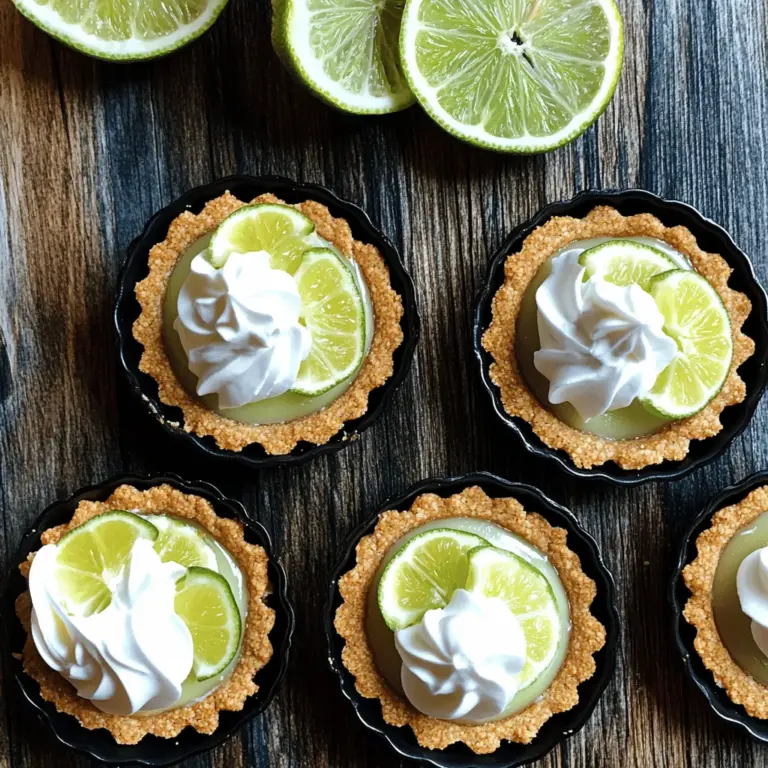 Um die besten No-Bake Mini Key Lime Pies zu machen, brauchst du: - 1 Tasse Graham-Cracker-Krümel - 1/4 Tasse ungesalzene Butter, geschmolzen - 1/4 Tasse Kristallzucker - 1 Tasse Frischkäse, weich - 1/2 Tasse gesüßte Kondensmilch - 1/2 Tasse frischer Key Lime Saft (oder normaler Limettensaft) - 1 Teelöffel Limettenabrieb - 1 Tasse schwere Schlagsahne - 2 Esslöffel Puderzucker - Frische Limettenscheiben und Schlagsahne zur Garnitur Frische Zutaten machen den Unterschied. Achte auf die folgenden Punkte: - Limetten: Wähle saftige, grüne Limetten. Sie sollten fest und ohne Flecken sein. - Frischkäse: Nimm weichen Frischkäse. Er sollte kühl, aber nicht hart sein. - Schlagsahne: Achte darauf, dass sie frisch und nicht abgelaufen ist. Wenn du spezielle Diätvorgaben hast, probiere diese Optionen: - Glutenfrei: Nutze glutenfreie Kekse für die Kruste. - Vegan: Ersetze Frischkäse durch veganen Frischkäse und verwende Kokoscreme anstelle von Sahne. - Zuckerfrei: Verwende einen Zuckeraustauschstoff für die Füllung. Diese Tipps helfen dir, die besten Zutaten für deine No-Bake Mini Key Lime Pies auszuwählen. Du wirst den frischen Geschmack lieben! Beginne mit der Kruste. Nimm eine Schüssel und gib die Graham-Cracker-Krümel, geschmolzene Butter und Kristallzucker hinein. Rühre alles gut um. Du willst, dass die Krümel gleichmäßig feucht sind. Nimm nun Mini-Tartformen oder Muffinformen. Verteile die Mischung gleichmäßig auf dem Boden. Drücke sie fest an, damit die Kruste stabil ist. Stelle die Formen in den Kühlschrank, während du die Füllung machst. Jetzt geht es an die Füllung. Nimm eine große Rührschüssel. Gib den weichen Frischkäse und die gesüßte Kondensmilch hinein. Schlage das Ganze mit einem Mixer, bis es glatt und cremig ist. Füge dann den frischen Key Lime Saft und den Limettenabrieb hinzu. Mische alles gut, bis die Mischung seidig ist. In einer anderen Schüssel schlägst du die schwere Schlagsahne mit Puderzucker, bis sich weiche Spitzen bilden. Jetzt ist es Zeit, die Krusten zu füllen. Nimm die Krusten aus dem Kühlschrank. Verteile die Key Lime Füllung gleichmäßig in den Tartschalen. Glätte die Oberflächen mit einem Spatel. Stelle die Mini Pies wieder in den Kühlschrank. Lass sie mindestens zwei Stunden kühlen, damit sie fest werden. Nach dem Kühlen kannst du sie mit Schlagsahne und Limettenscheiben garnieren. Du findest das gesamte Rezept [Full Recipe] für noch mehr Details. Um die perfekte Konsistenz für die Füllung zu erreichen, sind einige Schritte wichtig. Mischen Sie den weichen Frischkäse zuerst gut. Fügen Sie dann die gesüßte Kondensmilch langsam hinzu. Das sorgt für eine glatte Mischung. Achten Sie darauf, frischen Key Lime Saft und Limettenabrieb gut zu integrieren. Diese Zutaten geben der Füllung den frischen Geschmack. Beim Mischen der geschlagenen Sahne heben Sie sie vorsichtig unter. So bleibt die Füllung leicht und luftig. Wenn die Zeit drängt und Sie die Pies schneller abkühlen möchten, gibt es einige Tricks. Stellen Sie die Pies in den tiefen Kühlschrank. Dies kann die Kühlzeit um eine Stunde verkürzen. Achten Sie darauf, die Pies nicht zu lange dort zu lassen, um ein Einfrieren zu vermeiden. Eine andere Möglichkeit ist, Eisbeutel um die Formen zu legen. Dadurch kühlen die Pies gleichmäßiger und schneller. Die Präsentation ist wichtig, um die mini Key Lime Pies schön aussehen zu lassen. Servieren Sie die Pies auf einer schönen Platte. Dekorieren Sie sie mit frischen Limettenscheiben und Minzblättern. Ein Klecks Schlagsahne oben drauf macht sie noch ansprechender. Nutzen Sie auch farbige Teller, um den Kontrast zu erhöhen. So ziehen die Pies alle Blicke auf sich. Weitere Ideen finden Sie im Full Recipe. {{image_4}} Manchmal ist es spannend, den Geschmack zu ändern. Statt Key Lime Saft kannst du Mandarinen- oder Blutorangensaft verwenden. Diese Säfte geben einen süßeren und fruchtigeren Geschmack. Eine andere Möglichkeit ist, Limetten- und Zitronensaft zu mischen. So bekommst du eine frischere, leicht saure Note. Auch eine Kombination aus verschiedenen Zitrusfrüchten kann sehr gut schmecken. Experimentiere mit verschiedenen Säften, um deinen Liebling zu finden. Die Kruste ist wichtig für den Gesamteindruck. Wenn du keine Graham-Cracker magst, probiere andere Kekse. Butterkekse sind eine gute Wahl und haben einen süßeren Geschmack. Du kannst auch Schokoladenkekse für eine schokoladige Kruste verwenden. Diese Kruste passt gut zur Limettenfüllung und macht dein Dessert noch interessanter. Für eine gesunde Option kannst du Haferkekse verwenden. Sie verleihen der Kruste eine nussige Note und sind gleichzeitig nahrhaft. Gesunde Füllungen sind einfach. Du kannst griechischen Joghurt anstelle von Frischkäse nutzen. Das macht die Füllung leicht und reich an Proteinen. Wenn du es noch gesünder magst, verwende Honig oder Agavendicksaft statt Zucker. Diese Alternativen haben weniger Kalorien und sind gut für die Gesundheit. Auch Kokosmilch kann eine leckere, cremige Option sein. Sie gibt einen tollen Geschmack und ist laktosefrei. So kannst du auch die Füllung an deine Diät anpassen. Um die Frische zu bewahren, lagere die mini Key Lime Pies im Kühlschrank. Lege sie in einen luftdichten Behälter. So bleiben sie kühl und lecker. Vermeide es, sie lange bei Raumtemperatur stehen zu lassen. Die Pies verlieren schnell ihre gute Textur. Im Kühlschrank halten sich die Pies bis zu fünf Tage. Sie schmecken am besten, wenn du sie frisch genießt. Ich empfehle, sie nicht länger als nötig aufzubewahren. Die Aromen bleiben so kräftig und frisch. Wenn du die Pies länger aufbewahren möchtest, kannst du sie einfrieren. Stelle sicher, dass sie gut abgedeckt sind. Verwende Frischhaltefolie oder einen speziellen Gefrierbehälter. So schützen sie sich vor Frostbrand. Zum Auftauen lege die gefrorenen Pies über Nacht in den Kühlschrank. So bleiben sie schön cremig. Die mini Key Lime Pies halten sich gut im Kühlschrank. Sie bleiben frisch für etwa 3 bis 5 Tage. Achte darauf, sie in einem luftdichten Behälter zu lagern. So bleibt der Geschmack und die Konsistenz optimal. Wenn du sie länger aufbewahren willst, friere sie ein. Ja, du kannst den Limettensaft ersetzen. Du kannst normalen Limettensaft verwenden, wenn du keinen Key Lime Saft hast. Der Geschmack wird etwas anders sein, aber die Pies werden trotzdem lecker. Einige verwenden auch Zitronensaft für einen anderen Geschmack. Die klassischen mini Key Lime Pies sind nicht glutenfrei. Die Graham-Cracker enthalten Gluten. Wenn du glutenfrei kochen möchtest, wähle glutenfreie Kekse für die Kruste. Es gibt viele leckere Alternativen in den Supermärkten. So kannst du die Pies genießen, ohne auf den Geschmack zu verzichten. Die Zubereitung von Mini Key Lime Pies ist einfach und macht Spaß. Wir haben die Zutaten, die Anleitung und einige hilfreiche Tipps behandelt. Frische Zutaten sind der Schlüssel für guten Geschmack. Denke auch an Alternativen für besondere Diäten. Variiere die Füllung oder die Kruste nach deinem Geschmack. Achte auf die Lagerung, damit sie frisch bleiben. Diese kleinen Köstlichkeiten bringen Freude in jede Runde. Probiere sie aus und beeindrucke deine Freunde!