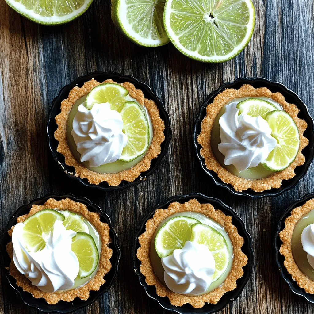 Um die besten No-Bake Mini Key Lime Pies zu machen, brauchst du: - 1 Tasse Graham-Cracker-Krümel - 1/4 Tasse ungesalzene Butter, geschmolzen - 1/4 Tasse Kristallzucker - 1 Tasse Frischkäse, weich - 1/2 Tasse gesüßte Kondensmilch - 1/2 Tasse frischer Key Lime Saft (oder normaler Limettensaft) - 1 Teelöffel Limettenabrieb - 1 Tasse schwere Schlagsahne - 2 Esslöffel Puderzucker - Frische Limettenscheiben und Schlagsahne zur Garnitur Frische Zutaten machen den Unterschied. Achte auf die folgenden Punkte: - Limetten: Wähle saftige, grüne Limetten. Sie sollten fest und ohne Flecken sein. - Frischkäse: Nimm weichen Frischkäse. Er sollte kühl, aber nicht hart sein. - Schlagsahne: Achte darauf, dass sie frisch und nicht abgelaufen ist. Wenn du spezielle Diätvorgaben hast, probiere diese Optionen: - Glutenfrei: Nutze glutenfreie Kekse für die Kruste. - Vegan: Ersetze Frischkäse durch veganen Frischkäse und verwende Kokoscreme anstelle von Sahne. - Zuckerfrei: Verwende einen Zuckeraustauschstoff für die Füllung. Diese Tipps helfen dir, die besten Zutaten für deine No-Bake Mini Key Lime Pies auszuwählen. Du wirst den frischen Geschmack lieben! Beginne mit der Kruste. Nimm eine Schüssel und gib die Graham-Cracker-Krümel, geschmolzene Butter und Kristallzucker hinein. Rühre alles gut um. Du willst, dass die Krümel gleichmäßig feucht sind. Nimm nun Mini-Tartformen oder Muffinformen. Verteile die Mischung gleichmäßig auf dem Boden. Drücke sie fest an, damit die Kruste stabil ist. Stelle die Formen in den Kühlschrank, während du die Füllung machst. Jetzt geht es an die Füllung. Nimm eine große Rührschüssel. Gib den weichen Frischkäse und die gesüßte Kondensmilch hinein. Schlage das Ganze mit einem Mixer, bis es glatt und cremig ist. Füge dann den frischen Key Lime Saft und den Limettenabrieb hinzu. Mische alles gut, bis die Mischung seidig ist. In einer anderen Schüssel schlägst du die schwere Schlagsahne mit Puderzucker, bis sich weiche Spitzen bilden. Jetzt ist es Zeit, die Krusten zu füllen. Nimm die Krusten aus dem Kühlschrank. Verteile die Key Lime Füllung gleichmäßig in den Tartschalen. Glätte die Oberflächen mit einem Spatel. Stelle die Mini Pies wieder in den Kühlschrank. Lass sie mindestens zwei Stunden kühlen, damit sie fest werden. Nach dem Kühlen kannst du sie mit Schlagsahne und Limettenscheiben garnieren. Du findest das gesamte Rezept [Full Recipe] für noch mehr Details. Um die perfekte Konsistenz für die Füllung zu erreichen, sind einige Schritte wichtig. Mischen Sie den weichen Frischkäse zuerst gut. Fügen Sie dann die gesüßte Kondensmilch langsam hinzu. Das sorgt für eine glatte Mischung. Achten Sie darauf, frischen Key Lime Saft und Limettenabrieb gut zu integrieren. Diese Zutaten geben der Füllung den frischen Geschmack. Beim Mischen der geschlagenen Sahne heben Sie sie vorsichtig unter. So bleibt die Füllung leicht und luftig. Wenn die Zeit drängt und Sie die Pies schneller abkühlen möchten, gibt es einige Tricks. Stellen Sie die Pies in den tiefen Kühlschrank. Dies kann die Kühlzeit um eine Stunde verkürzen. Achten Sie darauf, die Pies nicht zu lange dort zu lassen, um ein Einfrieren zu vermeiden. Eine andere Möglichkeit ist, Eisbeutel um die Formen zu legen. Dadurch kühlen die Pies gleichmäßiger und schneller. Die Präsentation ist wichtig, um die mini Key Lime Pies schön aussehen zu lassen. Servieren Sie die Pies auf einer schönen Platte. Dekorieren Sie sie mit frischen Limettenscheiben und Minzblättern. Ein Klecks Schlagsahne oben drauf macht sie noch ansprechender. Nutzen Sie auch farbige Teller, um den Kontrast zu erhöhen. So ziehen die Pies alle Blicke auf sich. Weitere Ideen finden Sie im Full Recipe. {{image_4}} Manchmal ist es spannend, den Geschmack zu ändern. Statt Key Lime Saft kannst du Mandarinen- oder Blutorangensaft verwenden. Diese Säfte geben einen süßeren und fruchtigeren Geschmack. Eine andere Möglichkeit ist, Limetten- und Zitronensaft zu mischen. So bekommst du eine frischere, leicht saure Note. Auch eine Kombination aus verschiedenen Zitrusfrüchten kann sehr gut schmecken. Experimentiere mit verschiedenen Säften, um deinen Liebling zu finden. Die Kruste ist wichtig für den Gesamteindruck. Wenn du keine Graham-Cracker magst, probiere andere Kekse. Butterkekse sind eine gute Wahl und haben einen süßeren Geschmack. Du kannst auch Schokoladenkekse für eine schokoladige Kruste verwenden. Diese Kruste passt gut zur Limettenfüllung und macht dein Dessert noch interessanter. Für eine gesunde Option kannst du Haferkekse verwenden. Sie verleihen der Kruste eine nussige Note und sind gleichzeitig nahrhaft. Gesunde Füllungen sind einfach. Du kannst griechischen Joghurt anstelle von Frischkäse nutzen. Das macht die Füllung leicht und reich an Proteinen. Wenn du es noch gesünder magst, verwende Honig oder Agavendicksaft statt Zucker. Diese Alternativen haben weniger Kalorien und sind gut für die Gesundheit. Auch Kokosmilch kann eine leckere, cremige Option sein. Sie gibt einen tollen Geschmack und ist laktosefrei. So kannst du auch die Füllung an deine Diät anpassen. Um die Frische zu bewahren, lagere die mini Key Lime Pies im Kühlschrank. Lege sie in einen luftdichten Behälter. So bleiben sie kühl und lecker. Vermeide es, sie lange bei Raumtemperatur stehen zu lassen. Die Pies verlieren schnell ihre gute Textur. Im Kühlschrank halten sich die Pies bis zu fünf Tage. Sie schmecken am besten, wenn du sie frisch genießt. Ich empfehle, sie nicht länger als nötig aufzubewahren. Die Aromen bleiben so kräftig und frisch. Wenn du die Pies länger aufbewahren möchtest, kannst du sie einfrieren. Stelle sicher, dass sie gut abgedeckt sind. Verwende Frischhaltefolie oder einen speziellen Gefrierbehälter. So schützen sie sich vor Frostbrand. Zum Auftauen lege die gefrorenen Pies über Nacht in den Kühlschrank. So bleiben sie schön cremig. Die mini Key Lime Pies halten sich gut im Kühlschrank. Sie bleiben frisch für etwa 3 bis 5 Tage. Achte darauf, sie in einem luftdichten Behälter zu lagern. So bleibt der Geschmack und die Konsistenz optimal. Wenn du sie länger aufbewahren willst, friere sie ein. Ja, du kannst den Limettensaft ersetzen. Du kannst normalen Limettensaft verwenden, wenn du keinen Key Lime Saft hast. Der Geschmack wird etwas anders sein, aber die Pies werden trotzdem lecker. Einige verwenden auch Zitronensaft für einen anderen Geschmack. Die klassischen mini Key Lime Pies sind nicht glutenfrei. Die Graham-Cracker enthalten Gluten. Wenn du glutenfrei kochen möchtest, wähle glutenfreie Kekse für die Kruste. Es gibt viele leckere Alternativen in den Supermärkten. So kannst du die Pies genießen, ohne auf den Geschmack zu verzichten. Die Zubereitung von Mini Key Lime Pies ist einfach und macht Spaß. Wir haben die Zutaten, die Anleitung und einige hilfreiche Tipps behandelt. Frische Zutaten sind der Schlüssel für guten Geschmack. Denke auch an Alternativen für besondere Diäten. Variiere die Füllung oder die Kruste nach deinem Geschmack. Achte auf die Lagerung, damit sie frisch bleiben. Diese kleinen Köstlichkeiten bringen Freude in jede Runde. Probiere sie aus und beeindrucke deine Freunde!