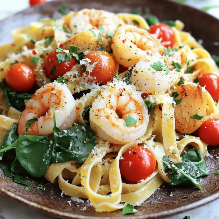 - 225 g Spaghetti oder Fettuccine - 450 g große Shrimps, geschält und entdarmt - 225 g Jakobsmuscheln, gereinigt - 3 Knoblauchzehen, gehackt - 250 g Cherrytomaten, halbiert - 250 g frische Spinatblätter - 1 Zitrone, ausgepresst und abgerieben - 60 ml Olivenöl - 30 g Parmesan, gerieben - 1 Teelöffel rote Pfefferflocken (optional) - Salz und Pfeffer nach Geschmack - Frische Petersilie, gehackt, zum Garnieren Für das Gericht brauchst du frische und hochwertige Zutaten. Ich empfehle, die besten Shrimps und Jakobsmuscheln zu wählen. Die Frische der Meeresfrüchte macht den Geschmack besser. Achte darauf, dass die Shrimps rosa und fest sind. Die Jakobsmuscheln sollten glänzend und hell sein. Spaghetti oder Fettuccine sind die perfekten Nudeln für dieses Gericht. Sie nehmen die Sauce gut auf und sorgen für ein tolles Mundgefühl. Cherrytomaten bringen einen süßen und frischen Geschmack. Frischer Spinat gibt Farbe und Nährstoffe. Die Zitrone fügt eine schöne Säure hinzu und bringt die Aromen zusammen. Parmesan ist ein Muss, um die Pasta cremig und reichhaltig zu machen. Du kannst auch rote Pfefferflocken für etwas Schärfe hinzufügen. Wenn du mehr über die Zubereitung erfahren möchtest, schau dir das [Full Recipe] an. Bringe in einem großen Topf gesalzenes Wasser zum Kochen. Füge die Spaghetti oder Fettuccine hinzu. Koche sie, bis sie al dente sind. Das dauert meist etwa 8 bis 10 Minuten. Halte 120 ml des Pastawassers zurück, dann gieße die Pasta ab und stelle sie beiseite. Erhitze in einer großen Pfanne bei mittlerer Hitze 60 ml Olivenöl. Wenn es heiß ist, füge die gehackten Knoblauchzehen hinzu. Brate sie für etwa 1 Minute an, bis sie duften. Jetzt kommen die Shrimps und Jakobsmuscheln in die Pfanne. Brate sie etwa 2-3 Minuten auf jeder Seite, bis sie undurchsichtig sind. Gib die halbierten Cherrytomaten und frischen Spinat in die Pfanne. Koche alles für weitere 2-3 Minuten. Der Spinat wird weich und die Tomaten leicht zerfallen. Füge die gekochte Pasta in die Pfanne hinzu. Das zurückbehaltene Pastawasser, Zitronensaft und abgeriebene Zitronenschale kommen jetzt auch dazu. Rühre alles gut um und lass es bei niedriger Hitze köcheln. Schmecke die Mischung mit Salz und Pfeffer ab. Nimm die Pfanne vom Herd und rühre den geriebenen Parmesan unter. Der Käse schmilzt und gibt der Pasta eine cremige Textur. Richte die leckere Meeresfrüchte-Pasta auf Tellern an. Garniere sie mit frischer Petersilie und etwas mehr geriebenem Parmesan, wenn du magst. Diese Kombination sieht nicht nur gut aus, sondern schmeckt auch fantastisch. Wenn du mehr über die Zutaten erfahren möchtest, schau dir das Full Recipe an! - Beste Garzeit für Shrimps und Jakobsmuscheln: Koche die Shrimps und Jakobsmuscheln nur 2-3 Minuten pro Seite. Wenn sie undurchsichtig werden, sind sie fertig. Achte darauf, sie nicht zu lange zu garen, sonst werden sie zäh. - Perfekte Konsistenz der Sauce erreichen: Um eine cremige Sauce zu erhalten, füge das zurückbehaltene Pastawasser hinzu. Das stärkehaltige Wasser hilft, die Sauce zu binden und macht sie reichhaltiger. - Überkochen der Pasta: Achte darauf, die Pasta nur bis al dente zu kochen. So bleibt sie bissfest und passt gut zu den Meeresfrüchten. - Zu viel Hitze beim Anbraten: Verwende mittlere Hitze, um die Shrimps und Jakobsmuscheln zu braten. Zu hohe Hitze kann sie austrocknen und verbrennen. - Nützliche Kochgeräte und Töpfe: Ein großer Topf für die Pasta ist wichtig. Eine große Pfanne hilft, die Meeresfrüchte gleichmäßig zu garen. Ein gutes Schneidebrett und ein scharfes Messer sind ebenfalls wichtig für die Vorbereitung der Zutaten. Für die vollständige Anleitung, schaue dir das Rezept für die Schmackhafte Shrimp Scallop Pasta an. {{image_4}} Um deine Pasta mediterran zu machen, füge Oliven und Paprika hinzu. Diese Zutaten bringen Farbe und Geschmack. Schwarze Oliven passen besonders gut. Sie geben einen salzigen, herzhaften Geschmack. Paprika sorgt für Süße und Knackigkeit. Du kannst auch Feta-Käse als Topping nutzen. Der Käse schmilzt leicht und ergänzt die Meeresfrüchte. Diese Kombination macht die Pasta noch interessanter. Wenn du eine vegetarische Option suchst, ersetze die Jakobsmuscheln durch Gemüse. Zucchini oder Auberginen sind gute Alternativen. Du kannst sie in Würfel schneiden und anbraten. Das sorgt für eine schöne Textur. Auch Brokkoli oder Blumenkohl sind lecker. Sie bringen Frische und Farbe in das Gericht. Die Pasta bleibt genauso köstlich, auch ohne Meeresfrüchte. Experimentiere mit verschiedenen Kräutern und Gewürzen. Basilikum und Oregano geben einen italienischen Geschmack. Thymian bringt eine erdige Note. Für mehr Schärfe kannst du Cayennepfeffer verwenden. Frische Kräuter wie Petersilie oder Schnittlauch sind tolle Toppings. Sie machen das Gericht noch aromatischer. Probiere aus, was dir am besten gefällt. So gestaltest du deine Pasta ganz nach deinem Geschmack. Wenn du Reste von deiner Shrimp Scallop Pasta hast, bewahre sie in einem luftdichten Behälter auf. Stelle sicher, dass die Pasta abgekühlt ist, bevor du sie einpackst. So bleibt der Geschmack frisch. Du kannst sie bis zu drei Tage im Kühlschrank aufbewahren. Vermeide es, die Reste mehrmals zu erhitzen. Das sorgt für einen besseren Geschmack und eine bessere Textur. Um die Pasta wieder warm zu machen, nutze eine Pfanne oder die Mikrowelle. In der Pfanne erhitzt du etwas Olivenöl bei mittlerer Hitze. Füge die Pasta hinzu und rühre sie gut um. Du kannst auch einen Spritzer Wasser hinzufügen, um die Sauce zu lockern. In der Mikrowelle lege die Pasta in eine Schüssel. Decke sie ab und erhitze sie in Intervallen von 30 Sekunden. Rühre sie dazwischen um. So bleibt die Pasta saftig und lecker. Die Shrimp Scallop Pasta hält sich im Kühlschrank bis zu drei Tage. Achte darauf, sie in einem luftdichten Behälter zu lagern. Nach dieser Zeit kann die Qualität abnehmen. Die Meeresfrüchte können auch ihren Geschmack verlieren. Wenn du dir nicht sicher bist, ob die Reste noch gut sind, rieche daran oder schaue dir die Konsistenz an. Frische Zutaten sind wichtig für den besten Genuss. Die Zubereitung von Shrimp Scallop Pasta dauert insgesamt etwa 30 Minuten. Davon sind 15 Minuten für die Vorbereitung. Du kochst die Pasta und bereitest die Meeresfrüchte in der gleichen Zeit zu. Das macht dieses Gericht schnell und einfach. Perfekt, wenn du wenig Zeit hast! Ja, du kannst gefrorene Shrimps verwenden. Achte darauf, sie vorher gut aufzutauen. Am besten lässt du sie über Nacht im Kühlschrank auftauen. Das gibt den Shrimps die beste Textur. Trockne sie vor dem Kochen gut ab. So sorgen sie dafür, dass die Pasta nicht wässrig wird. Wenn du keinen Parmesan hast, gibt es viele Alternativen. Du kannst Pecorino oder Grana Padano verwenden. Beide haben einen ähnlichen Geschmack. Für eine milde Note kannst du auch Mozzarella oder Feta probieren. Diese Käsesorten geben der Pasta eine leckere Cremigkeit. Ja, diese Pasta ist perfekt für besondere Anlässe. Sie sieht toll aus und schmeckt fantastisch. Du kannst sie leicht für Dinnerpartys oder Feiern anpassen. Füge eine schöne Beilage oder einen Salat hinzu, um das Menü zu bereichern. Die Kombination aus Shrimps und Jakobsmuscheln macht jeden Abend besonders. Die besten Shrimps und Jakobsmuscheln bekommst du frisch vom Fischmarkt. Achte darauf, dass sie lebendig oder gut gekühlt sind. Wenn du im Supermarkt kaufst, suche nach nachhaltigen Optionen. Oft sind sie mit einem Siegel gekennzeichnet. Frische Meeresfrüchte schmecken besser und machen deine Pasta noch leckerer. Wenn du mehr lernen möchtest, schau dir das Full Recipe an. Zusammenfassend lässt sich sagen, dass das Rezept für Shrimp-Scallop-Pasta einfach und köstlich ist. Wir haben alle notwendigen Zutaten, die Schritt-für-Schritt-Anleitung und wertvolle Tipps besprochen. Denken Sie daran, frische Meeresfrüchte auszuwählen und die Sauce nicht zu überkochen. Dieses Gericht ist perfekt für besondere Anlässe oder einfach für ein schnelles Abendessen. Experimentieren Sie mit verschiedenen Variationen, um das Beste aus Ihrem Gericht herauszuholen. Genießen Sie das Kochen und die Zeit am Tisch!