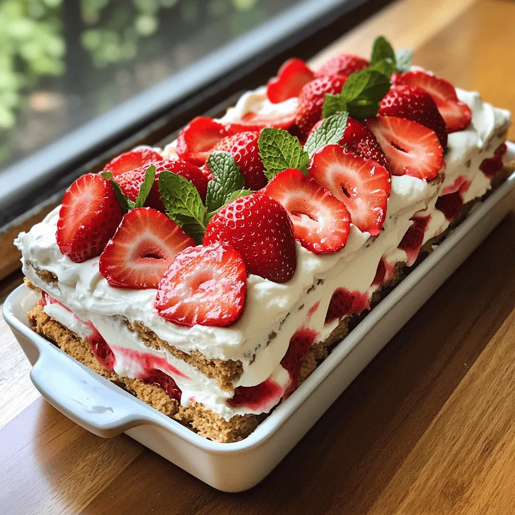 Für diesen leckeren Kuchen brauchst du: - 2 Tassen frische Erdbeeren, entstielt und in Scheiben geschnitten - 1 Tasse Schlagsahne - 1/2 Tasse Puderzucker - 1 Teelöffel Vanilleextrakt - 12-15 Grahamcracker - Frische Minzblätter zur Garnierung (optional) Diese Zutaten machen den Kuchen frisch und cremig. Die Erdbeeren bringen Süße und Frische. Die Schlagsahne sorgt für eine luftige Textur. Vanilleextrakt gibt dem Ganzen einen besonderen Geschmack. Um diesen Kuchen einfach zuzubereiten, benötigst du: - Eine große Schüssel - Einen Handmixer - Eine rechteckige oder quadratische Backform - Einen Spatel - Frischhaltefolie Diese Utensilien helfen dir, die Schritte schnell und einfach durchzuführen. Mit einem Handmixer wird die Sahne perfekt luftig. Die Backform sorgt für schöne Schichten. Wähle die besten Erdbeeren für deinen Kuchen. Achte auf: - Leuchtend rote Farbe - Festes Fruchtfleisch - Ein angenehmes Aroma Frische Erdbeeren machen einen großen Unterschied. Du kannst auch im Supermarkt oder auf dem Markt nach Saison schauen. Saisonale Erdbeeren sind oft süßer. Wenn du die besten Erdbeeren findest, wird dein Kuchen einfach köstlich! Um die Sahnemischung zu machen, brauchen Sie eine große Schüssel. Fügen Sie die Schlagsahne, den Puderzucker und den Vanilleextrakt hinzu. Diese Mischung bringt viel Geschmack. Schlagen Sie alles mit einem Handmixer. Machen Sie das für 3 bis 5 Minuten. Die Sahne wird dick und bildet steife Spitzen. Achten Sie darauf, nicht zu lange zu schlagen, sonst wird die Sahne butterartig. Jetzt ist es Zeit, den Kuchen zu schichten. Nehmen Sie eine rechteckige oder quadratische Backform. Beginnen Sie mit einer Schicht Grahamcracker. Legen Sie die Crackers gleichmäßig auf den Boden der Form. Nehmen Sie dann einen Löffel der Sahnemischung. Verteilen Sie die Sahne gleichmäßig über die Grahamcracker. Glätten Sie die Oberfläche mit einem Spatel. Jetzt kommen die Erdbeeren. Streuen Sie eine Schicht geschnittene Erdbeeren über die Sahne. Wiederholen Sie dies, bis die Form voll ist. Jede Schicht sollte aus 3-4 Crackern, gefolgt von Sahne und Erdbeeren bestehen. Enden Sie mit einer Schicht Sahne ganz oben. Decken Sie die Backform mit Frischhaltefolie ab. Stellen Sie den Kuchen für mindestens 4 Stunden oder über Nacht in den Kühlschrank. Diese Zeit lässt die Grahamcracker weich werden und die Aromen vermischen. Vor dem Servieren dekorieren Sie den Kuchen mit den restlichen Erdbeeren. Fügen Sie frische Minzblätter hinzu, um Farbe und Frische zu bringen. Wenn Sie mehr über das Rezept erfahren möchten, schauen Sie sich das vollständige Rezept an. Um die beste Schlagsahne zu machen, brauchst du kalte Zutaten. Stelle sicher, dass die Schlagsahne und die Schüssel kalt sind. Das hilft, die Sahne schneller und besser aufzuschlagen. Beginne mit einem Handmixer auf mittlerer Geschwindigkeit. Wenn die Sahne anfängt, dicker zu werden, erhöhe die Geschwindigkeit. Schlage sie bis sich steife Spitzen bilden. Achte darauf, sie nicht zu lange zu schlagen. Sonst wird sie zu Butter. Ein häufiger Fehler ist, die Sahne nicht genug zu schlagen. Wenn sie zu flüssig bleibt, hält sie die Schichten nicht. Ein anderer Fehler ist, die Erdbeeren nicht richtig vorzubereiten. Schneide die Erdbeeren in gleichmäßige Scheiben. So verteilen sie sich besser im Kuchen. Stelle sicher, die Grahamcracker gleichmäßig in der Form zu legen. Unebenheiten können das Ganze instabil machen. Wenn du den Kuchen servierst, schneide ihn in gleich große Stücke. Das sieht gut aus und macht das Servieren einfacher. Verwende ein scharfes Messer für saubere Schnitte. Lege die Stücke auf gekühlte Teller. Das hält den Kuchen frisch und lecker. Garniere die Stücke mit frischen Erdbeeren und Minzblättern. Das macht den Kuchen noch schöner und verlockender. Schau dir das [Full Recipe] an, um alle Schritte zu sehen! {{image_4}} Grahamcracker sind toll, aber du kannst auch andere Kekse verwenden. Probier Butterkekse oder Digestive-Kekse. Diese Kekse bieten einen anderen Geschmack und eine andere Textur. Wenn du einen schokoladigen Keks nimmst, wird dein Kuchen noch leckerer. Erdbeeren sind großartig, doch andere Beeren sind ebenfalls sehr gut. Himbeeren, Blaubeeren oder Brombeeren passen perfekt in diesen Kuchen. Du kannst sogar eine Mischung aus verschiedenen Beeren nehmen. Das macht deinen Kuchen bunter und fruchtiger. Jede Beere hat ihren eigenen Geschmack, der den Kuchen einzigartig macht. Für Schokoladenliebhaber gibt es viele Optionen. Füge Schokoladenstückchen oder Kakaopulver zur Sahne hinzu. Das gibt dem Kuchen einen schokoladigen Kick. Du kannst auch Nüsse oder Karamellsoße einarbeiten. Das macht den Kuchen reichhaltiger und spannender. Experimentiere mit verschiedenen Zutaten, um deinen perfekten Kuchen zu kreieren. Wenn du mehr über die Zubereitung erfahren möchtest, schau dir das Full Recipe an. Um den Erdbeeren und Sahne No-Bake Icebox Kuchen frisch zu halten, lege ihn in den Kühlschrank. Decke die Backform gut mit Frischhaltefolie ab. So bleibt der Kuchen saftig und die Aromen bleiben erhalten. Wenn du einen Rest hast, ist es wichtig, ihn schnell zu kühlen. Im Kühlschrank hält der Kuchen etwa 3 bis 4 Tage. Nach dieser Zeit können die Grahamcracker weich werden. Die Erdbeeren können auch ihre Frische verlieren. Überprüfe den Kuchen vor dem Servieren. Wenn er noch frisch aussieht und riecht, ist er sicher zu essen. Ja, du kannst den Kuchen einfrieren. Schneide ihn in Portionen und lege sie in einen luftdichten Behälter. Achte darauf, die Stücke gut zu trennen, damit sie nicht zusammenkleben. So hält er sich bis zu 2 Monate. Lass den Kuchen vor dem Servieren über Nacht im Kühlschrank auftauen. Das sorgt dafür, dass er wieder schön cremig wird. Wenn du den Kuchen aufbewahrst, denke an die Tipps aus dem Full Recipe für die beste Qualität. Der Kuchen muss mindestens 4 Stunden im Kühlschrank bleiben. Ich empfehle jedoch, ihn über Nacht zu kühlen. So können die Grahamcracker die Aromen der Sahne und Erdbeeren gut aufnehmen. Dies macht den Kuchen besonders lecker und cremig. Je länger er kühlt, desto besser wird der Geschmack. Ja, du kannst den Kuchen vegan machen. Verwende pflanzliche Sahne, die auf Kokos- oder Sojabasis ist. Außerdem kannst du für den Puderzucker eine vegane Alternative wählen. Achte darauf, die Grahamcracker ohne tierische Produkte zu wählen. So bleibt der Kuchen ganz ohne tierische Zutaten. Wenn du keinen Grahamcracker hast, gibt es viele Alternativen. Du kannst Kekse wie Vollkornkekse oder Butterkekse verwenden. Auch zerbröselte Haferkekse sind eine gute Wahl. Diese Optionen geben dem Kuchen einen anderen, aber tollen Geschmack. Schau dir die [Full Recipe](#) an, um das Rezept zu sehen und zu variieren. Erdbeeren und Sahne No-Bake Icebox Kuchen ist einfach und lecker. Wir haben die besten Zutaten, Tipps zur Zubereitung und Lagerung besprochen. Auch Variationen und häufige Fragen kamen nicht zu kurz. Du kannst diesen Kuchen ganz nach deinem Geschmack anpassen. Ich hoffe, du probierst das Rezept aus und genießt es. Der No-Bake Icebox Kuchen wird sicher bei allen gut ankommen. Lass dir diese süße Köstlichkeit nicht entgehen!