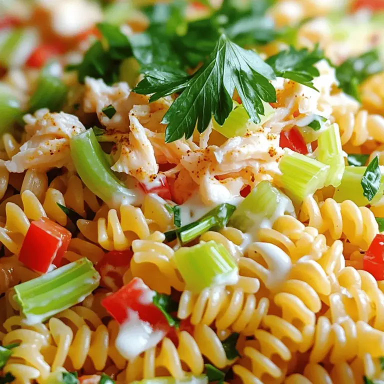 Für einen leckeren Cajun Crab Pasta Salad brauchen wir: - 225 g Fusilli-Pasta - 240 g gekochtes Krabbenfleisch, zerrupft - 125 g rote Paprika, gewürfelt - 125 g Sellerie, gewürfelt - 60 g Frühlingszwiebeln, in Ringe geschnitten Die Fusilli-Pasta ist die perfekte Basis. Sie hat die richtige Form, um das Dressing gut zu halten. Gekochtes Krabbenfleisch bringt einen tollen Geschmack. Die Paprika und der Sellerie sorgen für Frische und Crunch. Frühlingszwiebeln fügen einen milden Zwiebelgeschmack hinzu. Für das Dressing benötigen wir: - 60 g Mayonnaise - 30 g saure Sahne - 15 g Dijon-Senf - 15 g Cajun-Gewürz - 15 ml Zitronensaft - Salz und Pfeffer nach Geschmack Das Dressing macht den Salat cremig und würzig. Mayonnaise und saure Sahne sorgen für die cremige Basis. Der Dijon-Senf bringt Schärfe. Cajun-Gewürz ist der Star hier! Es sorgt für den typischen Cajun-Geschmack. Zitronensaft gibt Frische und balanciert die Aromen. Dieser Salat reicht für 4 Portionen. Jede Portion hat etwa: - 350 Kalorien - 15 g Protein - 25 g Kohlenhydrate - 25 g Fett Die Kalorien können je nach Dressing und Zutaten leicht variieren. Dieser Salat ist nicht nur lecker, sondern auch nahrhaft. Er ist perfekt für ein leichtes Mittagessen oder ein Picknick. Wenn Sie den Salat zubereiten, probieren Sie den Full Recipe für mehr Details und Tipps. Um die Fusilli-Pasta zu kochen, setzen Sie einen großen Topf mit Wasser auf. Bringen Sie das Wasser zum Kochen. Fügen Sie dann die Fusilli-Pasta hinzu. Kochen Sie die Pasta gemäß der Packungsanweisung, bis sie al dente ist. Gießen Sie die Pasta ab und spülen Sie sie mit kaltem Wasser ab. So stoppen Sie den Kochprozess. Lassen Sie die Nudeln in einer großen Rührschüssel abkühlen. Kühle Nudeln sorgen für einen frischen Geschmack. Für das Dressing nehmen Sie eine separate Schüssel. Geben Sie Mayonnaise, saure Sahne, Dijon-Senf, Cajun-Gewürz und Zitronensaft hinein. Fügen Sie Salz und Pfeffer nach Geschmack hinzu. Rühren Sie die Mischung gut um, bis sie glatt ist. Achten Sie darauf, dass das Dressing nicht zu dick oder zu dünn ist. Ein gutes Dressing macht den Salat leckerer. Jetzt kommt der spannende Teil! Geben Sie das zerrupfte Krabbenfleisch, die gewürfelte rote Paprika, den gewürfelten Sellerie und die geschnittenen Frühlingszwiebeln zur abgekühlten Pasta in die Rührschüssel. Gießen Sie das Dressing über die Mischung. Heben Sie die Zutaten vorsichtig unter. So bleibt die Pasta schön und ganz. Achten Sie darauf, dass alles gut vermischt ist. Probieren Sie den Salat und passen Sie die Gewürze nach Ihrem Geschmack an. Mögen Sie es etwas cremiger? Fügen Sie mehr Mayonnaise hinzu. Für das vollständige Rezept sehen Sie sich die [Full Recipe] an. Um den Salat cremiger zu machen, können Sie mehr Mayonnaise hinzufügen. Wenn Sie es noch reichhaltiger möchten, probieren Sie auch etwas Frischkäse. Ein Spritzer Zitronensaft gibt der Mischung einen frischen Kick. Passen Sie die Gewürze nach Ihrem Geschmack an. Mögen Sie es schärfer? Fügen Sie mehr Cajun-Gewürz hinzu. Ein häufiger Fehler ist, die Pasta zu lange zu kochen. Sie sollte al dente sein, damit sie nicht matschig wird. Ein weiterer Fehler ist, das Dressing zu früh hinzuzufügen. Lassen Sie den Salat zuerst abkühlen. Das sorgt für eine bessere Konsistenz. Wenn Sie nicht genug Würze verwenden, schmeckt der Salat flach. Probieren Sie ihn und passen Sie ihn an! Präsentieren Sie den Salat in einer großen Schüssel oder auf einem schönen Teller. Garnieren Sie ihn mit frischer Petersilie. So sieht er frisch und einladend aus. Dazu passen knusprige Brotstücke oder ein grüner Salat. Diese Beilagen runden Ihr Gericht ab und machen es perfekt für jede Gelegenheit. {{image_4}} Es gibt viele Wege, um Cajun Crab Pasta Salad anzupassen. Wenn Sie eine vegetarische Option wollen, ersetzen Sie das Krabbenfleisch durch gewürfelten Tofu oder Kichererbsen. Beide Optionen bringen viel Protein. Wenn Sie andere Meeresfrüchte lieben, probieren Sie Garnelen oder Muscheln. Diese ergänzen den Geschmack perfekt und machen den Salat noch interessanter. Der Salat kann würziger oder milder sein. Für eine würzige Version fügen Sie mehr Cajun-Gewürz hinzu. Wenn Sie es mild mögen, reduzieren Sie die Gewürze. Sie können auch andere Gewürze verwenden. Paprika oder Knoblauchpulver geben zusätzliche Tiefe. Frische Kräuter wie Dill oder Basilikum bringen frische Noten ins Spiel. Saisonales Gemüse macht diesen Salat noch besser. Im Sommer verwenden Sie frische Tomaten oder Zucchini. Im Winter können Sie geröstete Kürbisstücke oder Brokkoli hinzufügen. Diese Zutaten bringen Farbe und Geschmack. Achten Sie darauf, die Gemüse je nach Saison auszuwählen. So bleibt Ihr Salat immer frisch und lecker. Um den Cajun Crab Pasta Salad frisch zu halten, lege ihn in einen luftdichten Behälter. Im Kühlschrank bleibt er bis zu drei Tage gut. Halte den Salat immer kalt. So bleiben die Aromen frisch. Du solltest ihn jedoch nicht einfrieren. Die Textur der Pasta und der Krabben wird dadurch matschig. Wenn du den Salat nach dem Kühlen servierst, schau, ob er etwas trocken wirkt. Füge einfach einen Spritzer Zitronensaft oder etwas extra Mayonnaise hinzu. Das belebt die Aromen sofort. Um matschige Zutaten zu vermeiden, füge frisches Gemüse erst kurz vor dem Servieren hinzu. So bleibt alles knackig und frisch. Achte darauf, wie der Salat aussieht und riecht. Wenn er unangenehm riecht oder die Farbe sich verändert, ist es Zeit, ihn wegzuwerfen. Um die maximale Frische zu erreichen, packe den Salat immer luftdicht ein. So hält er bis zu drei Tage. Ein frischer, leckerer Salat sorgt für Freude beim Essen und bringt den Geschmack der Cajun-Küche auf deinen Tisch. Cajun Crab Pasta Salad bleibt im Kühlschrank frisch. Bewahren Sie ihn in einem luftdichten Behälter auf. So bleibt der Salat bis zu drei Tage genießbar. Nach dieser Zeit kann der Geschmack nachlassen. Achten Sie darauf, den Salat vor dem Verzehr zu riechen. Wenn er komisch riecht, werfen Sie ihn weg. Ja, frische Krabben sind eine Option. Sie bieten einen tollen Geschmack. Allerdings ist die Zubereitung aufwendiger. Frische Krabben müssen gekocht und geschält werden. Das dauert länger als die Verwendung von gekochtem Krabbenfleisch. Wenn Sie frische Krabben verwenden, achten Sie darauf, sie gut zu würzen. Der Geschmack muss zu den anderen Zutaten passen. Cajun Crab Pasta Salad enthält Pasta, die nicht keto-freundlich ist. Für eine Keto-Option können Sie die Pasta durch Zucchini-Nudeln ersetzen. Diese haben weniger Kohlenhydrate. Auch die Menge an Mayonnaise und saurer Sahne kann angepasst werden. So bleibt der Salat lecker und passt besser zu einer Keto-Diät. Um diesen leckeren Cajun Crab Pasta Salad zuzubereiten, haben wir alle wichtigen Schritte und Zutaten besprochen. Von der perfekten Fusilli-Pasta bis hin zum cremigen Dressing ist alles dabei. Du kannst den Salat nach Belieben variieren und anpassen, um deinen Geschmack zu treffen. Denke an die besten Tipps zum Lagern und Servieren. So bleibt der Salat frisch und lecker. Mit diesen einfachen Anleitungen und Tricks wirst du deinen Gästen garantiert gefallen. Viel Spaß beim Zubereiten und Genießen!
