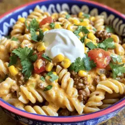 - 225 g Rotini-Nudeln - 450 g gemahlener Truthahn oder Rindfleisch - 1 kleine Zwiebel, gehackt Die Hauptzutaten sind einfach und lecker. Die Rotini-Nudeln haben eine tolle Form, die die Sauce gut hält. Das Fleisch bringt einen herzhaften Geschmack. Ich bevorzuge gemahlenen Truthahn, aber Rindfleisch funktioniert auch gut. Die Zwiebel gibt dem Gericht eine süße Note. - 1 Päckchen Taco-Gewürz (ca. 30 g) - 1 Dose (425 g) gehackte Tomaten mit grünen Chilis - 240 ml Hühnerbrühe Die Gewürze sind das Geheimnis des Geschmacks. Das Taco-Gewürz macht alles würzig und spannend. Die gehackten Tomaten mit Chilis bringen Farbe und eine leichte Schärfe. Hühnerbrühe macht das Gericht saftig und lecker. - 100 g geriebener Cheddar-Käse - 100 g geriebener Monterey Jack-Käse - Saure Sahne zum Servieren (optional) Käse macht alles besser! Cheddar gibt einen kräftigen Geschmack. Monterey Jack sorgt für Cremigkeit. Eine Prise saure Sahne oben drauf bringt Frische. Diese Zutaten machen die Käse Taco Pasta zu einem echten Genuss. Für die vollständigen Anleitungen und Mengen, schauen Sie sich das Full Recipe an. Bringe in einem großen Topf gesalzenes Wasser zum Kochen. Füge dann die Rotini-Nudeln hinzu. Koche sie gemäß den Anweisungen auf der Verpackung bis sie al dente sind. Das bedeutet, sie sind weich, aber noch bissfest. Wenn sie fertig sind, gieße die Nudeln ab und stelle sie beiseite. Erhitze eine große Pfanne bei mittlerer Hitze. Füge das gemahlene Fleisch in die Pfanne. Brate es für 5 bis 7 Minuten. Zerteile das Fleisch mit einem Spatel, damit es gleichmäßig gart. Wenn das Fleisch braun ist, gieße das überschüssige Fett ab. So wird dein Gericht nicht zu fettig. Jetzt kommt der spannende Teil! Füge die gehackte Zwiebel und den fein gehackten Knoblauch in die Pfanne. Sauté sie für 2 bis 3 Minuten, bis sie weich sind. Dann streue das Taco-Gewürz über das Fleisch und rühre gut um. Lass es eine weitere Minute kochen. Jetzt gieße die gehackten Tomaten und die Hühnerbrühe hinein. Rühre alles gut um und bringe die Mischung zum sanften Köcheln. Füge nun die gekochten Nudeln und den Mais zur Pfanne hinzu. Rühre alles gut um, damit sich die Aromen verbinden. Lass es für 2 bis 3 Minuten ziehen. So wird alles schön warm und lecker! Um die perfekte Konsistenz für deine Käse Taco Pasta zu erreichen, achte auf die Kochzeit der Nudeln. Du solltest die Rotini-Nudeln immer al dente kochen. Das bedeutet, sie sollten weich, aber noch bissfest sein. Wenn du die Nudeln zu lange kochst, werden sie matschig. Für das Fleisch ist es wichtig, es gleichmäßig anzubraten. Wenn du gemahlenen Truthahn oder Rindfleisch verwendest, brate es bei mittlerer Hitze 5 bis 7 Minuten lang an. Achte darauf, das Fleisch mit einem Spatel zu zerteilen. So wird es gleichmäßig gebräunt. Die Wahl des Käses kann den Geschmack deiner Pasta stark beeinflussen. Ich empfehle, Cheddar und Monterey Jack zu verwenden. Beide Käse schmelzen gut und geben der Pasta einen tollen Geschmack. Wenn du eine andere Käseoption ausprobieren willst, teste Mozzarella oder Gouda. Diese Käse haben einen milden Geschmack und schmelzen ebenfalls gut. Sie bringen eine cremige Textur und können das Gericht leicht verändern. Würzen ist der Schlüssel zu einem leckeren Gericht. Das Taco-Gewürz gibt der Pasta den typischen Taco-Geschmack. Ich empfehle, zusätzlich etwas Paprika oder Kreuzkümmel hinzuzufügen. Diese Gewürze bringen mehr Tiefe in dein Gericht. Vergiss nicht, nach dem Kochen mit Salz und Pfeffer abzuschmecken. Probier die Pasta, bevor du sie servierst. So stellst du sicher, dass der Geschmack genau richtig ist. {{image_4}} Wenn du Fleisch vermeiden möchtest, nutze pflanzliches Hackfleisch oder Bohnen. Diese Optionen sind nahrhaft und geben dem Gericht eine tolle Textur. Du kannst schwarze Bohnen oder Kichererbsen verwenden. Diese Varianten sind nicht nur lecker, sondern auch gesund. Für mehr Würze füge Jalapeños oder scharfe Salsa hinzu. Diese Zutaten bringen einen tollen Kick in die Käse Taco Pasta. Du kannst frische Jalapeños klein schneiden oder eingelegte verwenden. Achte darauf, die Schärfe nach deinem Geschmack anzupassen. Du kannst das Gericht mit Gemüse aufpeppen. Probiere Paprika, Zucchini oder Spinat. Diese Ergänzungen bringen Farbe und zusätzliche Nährstoffe ins Spiel. Auch schwarze Oliven oder Mais passen gut dazu. Sei kreativ und finde deine Lieblingskombination! Um die Reste der Käse Taco Pasta frisch zu halten, bewahre sie in einem luftdichten Behälter auf. Lass die Pasta zuerst auf Raumtemperatur abkühlen, bevor du sie in den Kühlschrank stellst. So bleibt der Geschmack besser erhalten. Du kannst die Reste bis zu drei Tage im Kühlschrank lagern. Wenn du die Pasta wieder aufwärmst, füge etwas Wasser oder Brühe hinzu, damit sie nicht austrocknet. Das Einfrieren ist eine gute Option, wenn du mehr Pasta zubereitet hast. Teile die Käse Taco Pasta in Portionen auf und lege sie in gefrierfeste Behälter oder Beutel. Achte darauf, die Luft so gut wie möglich herauszudrücken. So bleibt sie bis zu drei Monate im Tiefkühler gut. Um die Pasta aufzutauen, lasse sie über Nacht im Kühlschrank auftauen. Erhitze sie dann in einem Topf oder in der Mikrowelle, bis sie heiß ist. Nach der Zubereitung hat die Käse Taco Pasta eine kurze Haltbarkeit. Im Kühlschrank ist sie ideal für bis zu drei Tage. Achte darauf, sie nicht länger als nötig stehen zu lassen. Wenn du sie im Gefrierfach aufbewahrst, hält sie bis zu drei Monate, aber der Geschmack kann mit der Zeit nachlassen. Um den besten Geschmack zu genießen, iss die Pasta möglichst frisch. Käse Taco Pasta bleibt im Kühlschrank etwa 3 bis 4 Tage frisch. Bewahren Sie sie in einem luftdichten Behälter auf. Im Gefrierfach hält sie bis zu 3 Monate. Lassen Sie die Pasta abkühlen, bevor Sie sie einfrieren. So bleibt die Textur gut. Ja, Sie können die Nudeln im Voraus kochen. Kochen Sie sie al dente und lassen Sie sie abkühlen. Lagern Sie die Nudeln in einem luftdichten Behälter im Kühlschrank. Wenn Sie bereit sind zu kochen, können Sie sie einfach wieder in die Pfanne geben. Ja, Käse Taco Pasta ist kinderfreundlich. Sie können die Schärfe reduzieren, indem Sie weniger Gewürz verwenden. Fügen Sie mehr Käse hinzu, um es für Kinder schmackhafter zu machen. Auch das Garnieren mit saurer Sahne kann helfen, den Geschmack zu mildern. Das vollständige Rezept finden Sie im "Full Recipe". Dort stehen alle Schritte und Zutaten für Ihre Käse Taco Pasta. Zusammenfassend lässt sich sagen, dass das Käse Taco Pasta Rezept sowohl einfach als auch lecker ist. Sie benötigen nur wenige Hauptzutaten, Gewürze und Käse. Die Schritt-für-Schritt-Anleitung hilft Ihnen, jedes Gericht perfekt hinzubekommen. Denken Sie an die Tipps, um es nach Ihrem Geschmack zu variieren. Lagern Sie Reste richtig und genießen Sie die Haltbarkeit Ihres Essens. Experimentieren Sie mit verschiedenen Zutaten für neue Geschmäcker. Kochen macht Spaß und mit diesem Rezept können Sie kreativ sein!