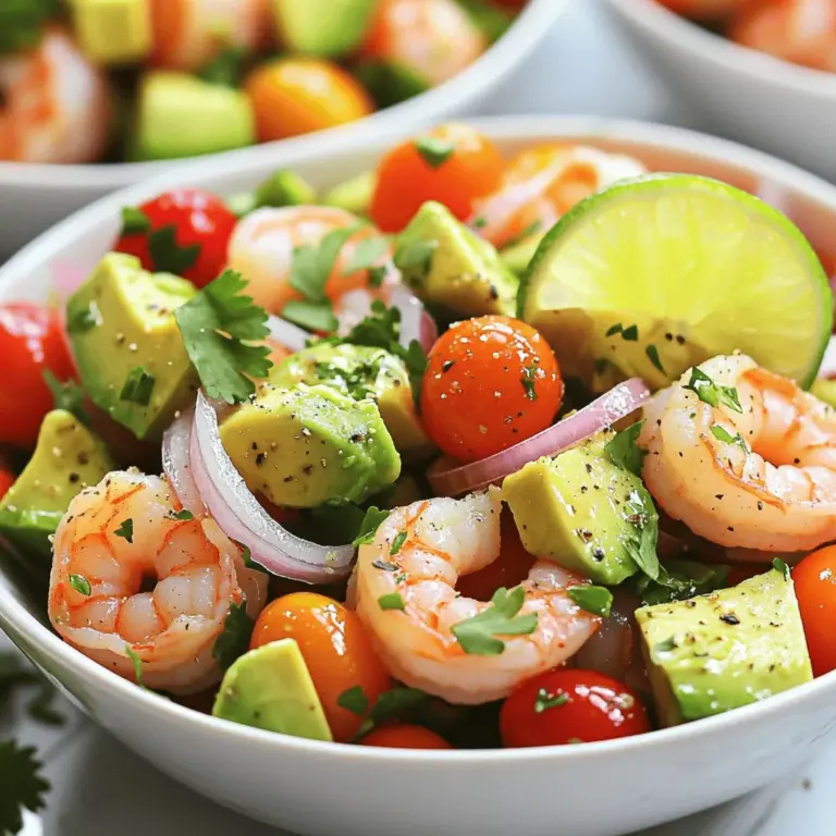 Um einen gesunden Avocado-Garnelen-Salat zu machen, brauchst du folgende Hauptzutaten: - 450 g Garnelen, geschält und entdarmt - 2 reife Avocados, gewürfelt - 1 Tasse Cherrytomaten, halbiert - 1/2 rote Zwiebel, fein gehackt - 1/4 Tasse frischer Koriander, gehackt - 2 Esslöffel Olivenöl - 2 Esslöffel Limettensaft - 1 Teelöffel Knoblauchpulver - Salz und Pfeffer nach Geschmack Diese Zutaten sorgen für eine perfekte Balance aus Geschmack und Nährstoffen. Garnelen sind eiweißreich und gut für die Muskeln. Avocados liefern gesunde Fette, die gut für das Herz sind. Du kannst den Salat mit optionalen Zutaten verfeinern. Hier sind einige Vorschläge: - 1/2 Tasse Mais für Süße - 1 kleine Jalapeño, fein gehackt für Schärfe - 1/4 Tasse Feta-Käse für zusätzlichen Geschmack - Ein Spritzer Tabasco oder eine andere scharfe Sauce Diese Zutaten geben dem Salat mehr Tiefe und Abwechslung. Probiere sie aus, um deinen perfekten Geschmack zu finden. Bei der Auswahl frischer Zutaten achte auf Folgendes: - Garnelen: Sie sollten frisch riechen, nicht fischig. Achte auf eine feste Textur. - Avocados: Wähle reife Avocados, die leicht nachgeben, wenn du sie drückst. - Cherrytomaten: Sie sollten glänzend und fest sein. Vermeide matschige Tomaten. - Koriander: Frisch und grün ist am besten. Vermeide welke Blätter. Frische Zutaten machen deinen Salat noch besser. Wenn du Zeit hast, kaufe immer frisch. So schmeckt der gesunde Avocado-Garnelen-Salat noch leckerer. Für das genaue Rezept schaue dir die Full Recipe an. Zuerst bringen wir einen großen Topf mit Wasser zum Kochen. Fügen Sie eine Prise Salz hinzu. Geben Sie die Garnelen ins Wasser. Kochen Sie sie 2-3 Minuten lang, bis sie rosa sind. Abgießen und abkühlen lassen. Dies sorgt dafür, dass sie zart und saftig bleiben. Nehmen Sie eine kleine Schüssel. Geben Sie Olivenöl, Limettensaft, Knoblauchpulver, Salz und Pfeffer hinein. Rühren Sie alles gut um. Probieren Sie das Dressing und passen Sie die Gewürze nach Ihrem Geschmack an. Ein gutes Dressing bringt die Aromen zusammen. In einer großen Rührschüssel kommen die gewürfelten Avocados, halbierten Cherrytomaten und die fein gehackte rote Zwiebel. Fügen Sie den frischen Koriander hinzu. Mischen Sie alles vorsichtig, um die Avocados nicht zu zerdrücken. Die Farben und Texturen sehen schon jetzt toll aus. Sobald die Garnelen abgekühlt sind, geben Sie sie in die Schüssel mit den anderen Zutaten. Vermengen Sie alles behutsam. So bleibt der Salat frisch und knusprig. Die Garnelen bringen einen tollen Geschmack und Protein in den Salat. Gießen Sie das vorbereitete Dressing gleichmäßig über den Salat. Mischen Sie alles vorsichtig, damit die Avocados ganz bleiben. Der Salat sollte gut angezogen sein, aber nicht matschig wirken. Jetzt ist er bereit für den Tisch! Für die komplette Anleitung können Sie das [Full Recipe] ansehen. Um die besten Garnelen zu bekommen, achte auf die Frische. Kaufe sie am besten am selben Tag. Garnelen sind perfekt, wenn sie leicht rosa und fest sind. Koche sie nur kurz, etwa 2-3 Minuten. Wenn sie zu lange kochen, werden sie gummiartig. Verwende auch salziges Wasser, um den Geschmack zu verbessern. Avocados sollten reif, aber fest sein. Drücke leicht auf die Schale. Wenn sie leicht nachgibt, sind sie bereit. Schneide sie vorsichtig und vermeide zu viel Druck. Arbeite schnell, wenn du sie in den Salat gibst. Mische die Avocados zuletzt, damit sie nicht zerdrückt werden. Um den Geschmack zu verbessern, probiere verschiedene Gewürze. Füge beispielsweise Kreuzkümmel oder Paprika hinzu. Diese Gewürze geben dem Salat eine besondere Note. Kräuter wie Dill oder Petersilie können auch gut passen. Experimentiere mit verschiedenen Ölen, wie Avocado- oder Sesamöl. So bleibt der Salat spannend und lecker. Für die vollständige Zubereitung des Salats schaue dir das [Full Recipe] an. {{image_4}} Wenn du eine vegane Option suchst, kannst du die Garnelen durch Kichererbsen ersetzen. Kichererbsen sind reich an Proteinen und passen gut zu Avocados. Für eine glutenfreie Variante achte darauf, dass alle Zutaten, wie das Dressing, glutenfrei sind. So bleibt der Salat für alle Diäten geeignet. Nutze das, was die Saison bietet. Im Frühling sind frische Erbsen und Spargel lecker. Im Sommer kannst du Zucchini oder Paprika hinzufügen. Im Herbst bieten sich Äpfel oder Birnen an. Diese Zutaten bringen neue Aromen und Farben in deinen Salat. Du kannst auch andere Proteine verwenden. Hühnchen oder Tofu sind tolle Ergänzungen. Lachs fügt einen reichhaltigen Geschmack hinzu. Wenn du noch mehr Vielfalt möchtest, probiere Quinoa oder schwarze Bohnen. Diese Optionen machen deinen Salat noch sättigender und gesünder. Um deinen gesunden Avocado-Garnelen-Salat frisch zu halten, benötigst du einen luftdichten Behälter. Fülle den Salat in den Behälter und verschließe ihn gut. Stelle sicher, dass der Salat nicht lange bei Raumtemperatur bleibt. Er sollte so schnell wie möglich in den Kühlschrank. Im Kühlschrank hält der Salat etwa 1 bis 2 Tage. Die frischen Zutaten sorgen für einen tollen Geschmack, aber die Avocados können schnell braun werden. Um das zu vermeiden, lege etwas Zitronensaft auf die Avocados vor dem Lagern. Das hilft, die Farbe zu erhalten. Wenn du Reste hast, kannst du kreativ werden. Füge die Reste zu einem Wrap hinzu oder mische sie in eine Omelette. Du kannst auch die Garnelen und das Gemüse in einer Suppe verwenden. So bleibt der Geschmack frisch, und du verhinderst Lebensmittelverschwendung. Der gesunde Avocado-Garnelen-Salat hat etwa 300 Kalorien pro Portion. Diese Zahl kann leicht variieren, je nachdem, wie viel Olivenöl oder Avocado Sie verwenden. Avocados sind reich an gesunden Fetten, die gut für den Körper sind. Garnelen liefern viel Protein und wenig Fett. So bleibt der Salat nahrhaft und leicht. Ja, Sie können viele Zutaten im Voraus vorbereiten. Schneiden Sie die Avocados und die Zwiebeln einige Stunden vorher. Lagern Sie sie in einem luftdichten Behälter, um sie frisch zu halten. Sie können die Garnelen auch vorkochen und kalt stellen. Achten Sie darauf, das Dressing erst kurz vor dem Servieren hinzuzufügen. So bleibt der Salat knackig und frisch. Wenn Sie keine Garnelen mögen, gibt es viele Alternativen. Hähnchenbrust ist eine tolle Option. Sie können auch Kichererbsen für eine vegetarische Version nehmen. Tofu eignet sich ebenfalls gut, wenn Sie eine vegane Variante wünschen. Jede dieser Optionen bringt einen guten Geschmack und ergänzt die anderen Zutaten. Ja, dieser Salat ist gut für Meal Prep. Bereiten Sie die Zutaten in getrennten Behältern vor. Mischen Sie alles erst kurz vor dem Essen. So bleibt der Salat frisch und lecker. Sie können ihn bis zu 3 Tage im Kühlschrank aufbewahren. Er eignet sich perfekt für das Mittagessen oder als leichtes Abendessen. Der Salat bleibt im Kühlschrank etwa 1 bis 2 Tage frisch. Avocados können schnell braun werden. Um dies zu verhindern, fügen Sie etwas Limettensaft hinzu. Lagern Sie das Dressing separat, um die Frische zu bewahren. Genießen Sie den Salat so schnell wie möglich für den besten Geschmack. Wenn Sie ihn richtig lagern, bleibt er schmackhaft. Für das vollständige Rezept schauen Sie sich den Full Recipe an. Der gesunde Avocado-Garnelen-Salat bietet viel. Wir haben die Haupt- und optionalen Zutaten besprochen. Ich habe Schritt-für-Schritt erklärt, wie man den Salat zubereitet. Tipps zur perfekten Zubereitung helfen dir, Fehler zu vermeiden. Auch Variationen und Lagerung habe ich behandelt. Abschließend ist dieser Salat eine einfache, leckere Wahl für jede Mahlzeit. Probier ihn aus und erlebe den Geschmack!