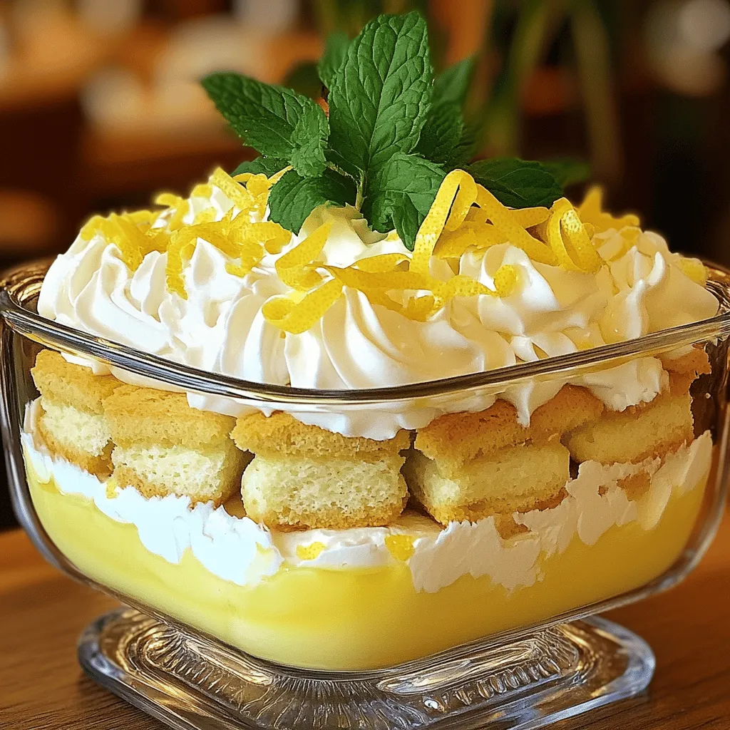 Für mein Zitronen-Tiramisu benötige ich einige einfache Zutaten. Diese machen das Dessert frisch und lecker. Hier sind die Hauptzutaten: - 250 g Mascarpone-Käse - 100 g Puderzucker - 2 Zitronen (abgeriebene Schale und Saft) - 200 ml Schlagsahne - 200 g Löffelbiskuits - 150 ml stark gebrühter Zitronentee (abgekühlt) - Frische Minzeblätter zum Garnieren Diese Zutaten geben dem Tiramisu den perfekten Zitronen-Geschmack. Mascarpone sorgt für die cremige Textur. Der Puderzucker macht es süß, während die Zitronen Frische hinzufügen. Falls du keine bestimmte Zutat hast, gibt es Alternativen. Du kannst zum Beispiel Frischkäse statt Mascarpone verwenden. Das macht das Dessert etwas leichter. Für den Puderzucker kannst du auch normalen Zucker nutzen, aber mahle ihn vorher fein. Bei den Löffelbiskuits sind Kekse eine gute Wahl, wenn du keine Löffelbiskuits findest. Es ist wichtig, frische Zutaten zu wählen. Achte darauf, dass die Zitronen fest und schwer sind. Das zeigt, dass sie saftig sind. Der Mascarpone sollte kühl und cremig sein, ohne Klumpen. Beim Puderzucker wähle einen feinen, damit er sich gut vermischt. Frische Minzeblätter bringen Farbe und ein tolles Aroma. Wenn du diese Tipps befolgst, wird dein Zitronen-Tiramisu bestimmt ein Hit! Du kannst das vollständige Rezept [hier](#) finden. Zuerst mischst du den Mascarpone-Käse mit Puderzucker. Füge die abgeriebene Schale und den Saft der Zitronen hinzu. Rühre alles gut um, bis die Masse glatt ist. In einer anderen Schüssel schlägst du die Schlagsahne steif. Wenn die Sahne weiche Spitzen hat, hebst du sie vorsichtig unter die Mascarpone-Mischung. Das sorgt für eine luftige und cremige Textur. Jetzt bereite den Zitronentee vor. Koche Wasser und füge dann den Tee hinzu. Lass den Tee stark brühen und lasse ihn abkühlen. Dieser Tee wird die Löffelbiskuits feucht machen, ohne sie matschig zu machen. Tauche jeden Löffelbiskuit kurz in den abgekühlten Zitronentee. Lege die Hälfte der getränkten Biskuits in ein Serviergeschirr. Dann verteile die Hälfte der Mascarpone-Creme über die Biskuits. Wiederhole das Ganze mit der anderen Hälfte. Zum Schluss deckst du das Dessert ab und stellst es für mindestens vier Stunden in den Kühlschrank. So entfalten sich die Aromen gut. Vor dem Servieren garnierst du das Tiramisu mit frischen Minzeblättern. Das gibt einen schönen Farbkontrast und Frische. Für das vollständige Rezept, siehe [Full Recipe]. Ein paar Fehler können dein Zitronen-Tiramisu ruinieren. Achte darauf, die Löffelbiskuits nicht zu lange in den Zitronentee zu tauchen. Sie sollten feucht, aber nicht matschig sein. Wenn die Mascarpone-Mischung zu warm ist, wird sie nicht fest. Lass die Mischung also etwas abkühlen, bevor du die Sahne hinzufügst. Ein weiterer Fehler ist, die Sahne zu stark zu schlagen. Sie sollte weich sein, damit das Dessert leicht und fluffig bleibt. Die Kühlzeit ist wichtig. Stelle das Tiramisu mindestens 4 Stunden in den Kühlschrank. Besser ist es, es über Nacht kühlen zu lassen. So vermischen sich die Aromen gut. Verwende einen gut schließenden Behälter, damit keine Gerüche eindringen. Wenn möglich, lege ein Stück Frischhaltefolie direkt auf die Oberfläche des Desserts. So bleibt es frisch und sieht toll aus, wenn du es servierst. Für das perfekte Dessert kannst du das Tiramisu in kleinen Gläsern servieren. Das sieht schön aus und gibt jedem sein eigenes Portion. Garnierst du es mit frischen Minzeblättern, wirkt es einladend. Du kannst auch eine Zitronenscheibe oder etwas Zitronenschale darauflegen. Wenn du etwas Crunch magst, streue zerbröselte Löffelbiskuits obendrauf. Diese kleinen Extras machen dein Zitronen-Tiramisu besonders. Ein einfaches, schnelles Rezept findest du im Full Recipe. {{image_4}} Wenn du ein veganes Zitronen-Tiramisu machen willst, gibt es tolle Optionen. Du kannst den Mascarpone durch eine Mischung aus Cashewkernen und Kokoscreme ersetzen. Das gibt einen reichen Geschmack. Nutze Agavendicksaft anstelle von Puderzucker. So bleibt es süß und lecker. Löffelbiskuits sind oft nicht vegan. Wähle also vegane Kekse oder mache eigene. Das Rezept bleibt einfach und schnell. Das Zitronen-Tiramisu kannst du ganz leicht anpassen. Füge frische Beeren wie Himbeeren oder Erdbeeren hinzu. Diese geben dem Dessert eine fruchtige Note. Du kannst auch andere Zitrusfrüchte verwenden. Limetten oder Orangen passen gut. Experimentiere mit Aromen wie Vanille oder Mandel. Diese kleinen Änderungen machen dein Tiramisu einzigartig und spannend. Wenn du glutenfrei essen willst, gibt es auch hier tolle Möglichkeiten. Verwende glutenfreie Löffelbiskuits oder mache sie selbst mit glutenfreiem Mehl. Achte darauf, dass alle anderen Zutaten ebenfalls glutenfrei sind. So bleibt dein Zitronen-Tiramisu für alle genießbar. Du wirst überrascht sein, wie gut diese Alternativen schmecken. Jeder kann das Dessert lieben! Für das gesamte Rezept kannst du auf den Full Recipe-Link klicken. Um dein Zitronen-Tiramisu frisch zu halten, benutze einen luftdichten Behälter. Achte darauf, das Dessert gut abzudecken. So bleibt die Creme cremig und die Biskuits weich. Wenn du das Tiramisu in einzelnen Portionen servierst, nutze kleine Gläser oder Schalen. Diese sind praktisch und sehen hübsch aus. Im Kühlschrank hält sich dein Zitronen-Tiramisu bis zu drei Tage. Die Aromen entwickeln sich, je länger es steht. Nach drei Tagen kann die Textur jedoch etwas leiden. Es wird nicht schlecht, aber die Frische nimmt ab. Achte darauf, die Portionen nicht zu lange stehen zu lassen. Das Einfrieren von Zitronen-Tiramisu ist möglich, aber nicht ideal. Wenn du es einfrierst, verwende einen gefrierfesten Behälter. Es kann bis zu zwei Monate im Gefrierfach bleiben. Vor dem Servieren sollte das Dessert über Nacht im Kühlschrank auftauen. Die Textur kann sich ändern, daher ist es am besten, frisch zu genießen. Für das komplette Rezept schau dir das [Full Recipe] an. Das Tiramisu sollte mindestens vier Stunden kühl stehen. Ich empfehle, es über Nacht im Kühlschrank zu lassen. So können die Aromen gut ziehen und das Dessert wird schön fest. Ein kühler Ort hilft, die Schichten zu stabilisieren. Ja, Sie können das Rezept im Voraus zubereiten. Das Tiramisu hält sich gut im Kühlschrank. Es ist sogar besser, wenn es einige Stunden oder über Nacht ruht. So können die Löffelbiskuits die Zitronencreme aufnehmen. Dies macht den Geschmack noch intensiver. Wenn Sie Mascarpone nicht finden, probieren Sie Frischkäse. Er hat eine ähnliche Konsistenz. Sie können auch eine Mischung aus Quark und Sahne verwenden. Diese Optionen bieten einen guten Geschmack und eine cremige Textur. Zusammenfassend haben wir die besten Zutaten für Zitronen-Tiramisu erkundet. Ich habe einfache Schritte zur Zubereitung und Tipps zur Vermeidung von Fehlern gegeben. Denk daran, dass Variationen wie vegane und glutenfreie Optionen möglich sind. Lagere dein Tiramisu richtig, damit es frisch bleibt. Mit diesen Informationen kannst du jetzt dein eigenes Zitronen-Tiramisu zaubern. Viel Spaß beim Ausprobieren und Genießen!