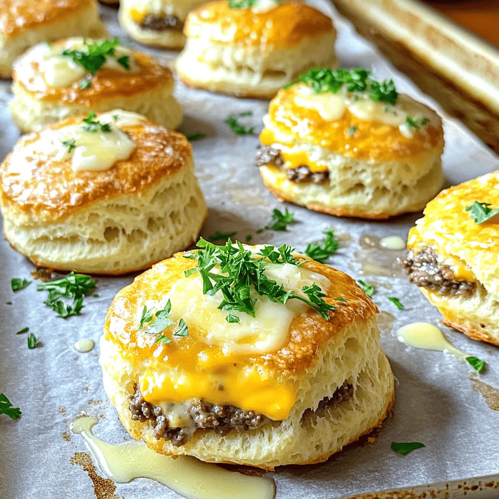 - Rinderhackfleisch: 450 g, für den saftigen Kern. - Käsevariationen: 100 g geriebener Cheddar-Käse, 50 g geriebener Parmesan, für den cremigen Geschmack. - Biscuitteig: 1 Packung gekühlter Biscuitteig, bildet die äußere Schicht. - Knoblauch: 1 Esslöffel, gibt einen tollen Geschmack. - Zwiebelpulver: 1 Teelöffel, sorgt für Tiefe. - Oregano: 1 Teelöffel, bringt eine mediterrane Note. - Salz und Pfeffer: Nach Geschmack, für die richtige Würze. - Geschmolzene Butter: 2 Esslöffel, für glänzende, leckere Oberseite. - Frische Petersilie: Gehackt, für einen frischen Farbklecks. Diese Zutaten machen die Irresistible Garlic Parmesan Cheeseburger Bombs unwiderstehlich. Sie sind einfach zuzubereiten und schmecken fantastisch. Wenn Sie mehr Details zur Zubereitung möchten, schauen Sie sich das Full Recipe an. - Heize deinen Ofen auf 190°C (375°F) vor und lege ein Backblech mit Backpapier aus. - In einer großen Schüssel mische das Rinderhackfleisch, den Cheddar-Käse, den Parmesan, den gehackten Knoblauch, das Zwiebelpulver, den Oregano, Salz und Pfeffer gut. Achte darauf, dass alles gleichmäßig verteilt ist. - Öffne die Packung Biscuitteig und trenne die Teigstücke. Forme jedes Stück zu einem runden Kreis von etwa 10 cm Durchmesser. - Gib etwa 2 Esslöffel der Cheeseburger-Mischung in die Mitte jedes flachen Biscuitteigs. Fülle den Teig nicht zu voll, damit er sich gut schließen lässt. - Falte die Ränder des Teigs über die Füllung. Drücke sie fest zusammen, um eine runde Form zu bilden und die Füllung zu versiegeln. - Lege die gefüllten Biscuitbälle mit der Nahtseite nach unten auf das Backblech. Bestreiche die Oberseiten der Bomben mit geschmolzener Butter und streue etwas Parmesan darüber. - Backe die Bomben im vorgeheizten Ofen für 15-20 Minuten. Sie sollten goldbraun und durchgegart sein. - Lass die Bomben kurz abkühlen und garniere sie mit gehackter Petersilie, bevor du sie servierst. Für das vollständige Rezept, folge den Anweisungen im Full Recipe. - Die richtige Backzeit und Temperatur: Backen Sie die Bomben bei 190°C für 15-20 Minuten. Achten Sie darauf, dass sie goldbraun sind. Überprüfen Sie sie nach 15 Minuten. - Tipps zum Formen der Bomben: Nehmen Sie ein Stück Teig und drücken Sie es in eine runde Form. Stellen Sie sicher, dass die Füllung gut eingepackt ist. Drücken Sie die Ränder fest zusammen, um ein Auslaufen zu verhindern. - Zusätzliche Gewürze und Kräuter: Fügen Sie etwas Paprika oder Cayennepfeffer hinzu. Diese Gewürze geben den Bomben einen extra Kick. Frische Kräuter wie Thymian oder Basilikum passen auch gut. - Variationen bei der Füllung: Experimentieren Sie mit verschiedenen Käsesorten. Feta oder Gouda können tolle Alternativen sein. Sie können auch Gemüse wie Paprika oder Zwiebeln hinzufügen, um mehr Geschmack zu bekommen. - Anrichten und garnieren für ein ansprechendes Aussehen: Legen Sie die Bomben auf einen schönen Teller. Bestreuen Sie sie mit gehackter Petersilie für Farbe. Ein paar Tropfen geschmolzene Butter oben drauf machen sie noch verlockender. {{image_4}} Für alle, die vegan essen möchten, gibt es tolle Alternativen. Anstelle von Rinderhackfleisch können Sie pflanzliches Hackfleisch verwenden. Es gibt viele Marken, die ein großartiges Geschmackserlebnis bieten. Für den Käse können Sie vegane Käsesorten wählen. Diese schmelzen oft schön und geben den Bomben den gewünschten Geschmack. Eine gute Wahl ist auch Cashew-Käse, der einen tollen Geschmack hat. Anstelle von traditionellem Biscuitteig können Sie pflanzliche Biscuitteige nutzen. Diese sind oft leicht erhältlich und schmecken lecker. Es ist wichtig, die Zutaten auf der Packung zu prüfen, um sicherzustellen, dass sie vegan sind. Wenn Sie auf Kohlenhydrate achten, gibt es einfache Anpassungen. Statt Rinderhackfleisch können Sie mageres Putenhackfleisch verwenden. Es hat weniger Kohlenhydrate und ist eine gesunde Alternative. Für den Käse können Sie ebenfalls auf fettarmen Käse zurückgreifen. So reduzieren Sie die Kalorienzahl, ohne den Geschmack zu verlieren. Eine gute Option für den Teig sind Low-Carb-Biscuitteige. Diese enthalten weniger Mehl und mehr Protein. Die Füllungen können ganz nach Ihrem Geschmack variieren. Eine beliebte Variante ist die Pizza-Stil-Füllung. Hierbei fügen Sie italienische Gewürze, Pepperoni und Mozzarella hinzu. Für eine asiatische Note können Sie Hackfleisch mit Sojasauce, Ingwer und Frühlingszwiebeln mischen. Fügen Sie etwas Sesamöl hinzu, um den Geschmack zu verstärken. So schaffen Sie eine spannende neue Version Ihrer Cheeseburger Bomben. Für eine vollständige Anleitung besuchen Sie das [Full Recipe]. Um die Irresistible Garlic Parmesan Cheeseburger Bomben frisch zu halten, lagere sie im Kühlschrank. Lege die Bomben in einen luftdichten Behälter. So bleiben sie bis zu drei Tage lecker. Wenn du mehr Zeit brauchst, friere sie ein. Wickele jede Bombe in Frischhaltefolie und lege sie in einen Gefrierbeutel. So hält sich der Geschmack bis zu drei Monate. Zum Aufwärmen der Bomben gibt es einige gute Methoden. Die beste Methode ist, sie im Ofen zu erwärmen. Heize deinen Ofen auf 180°C vor. Lege die Bomben auf ein Blech und backe sie 10-15 Minuten. So bleiben sie knusprig. Wenn du die Mikrowelle nutzen möchtest, stelle die Bomben für 30 Sekunden auf hohe Stufe. Prüfe nach, ob sie warm sind. Bei Bedarf kannst du sie länger erwärmen, aber nicht zu lange, damit sie nicht matschig werden. Die Haltbarkeit dieser Bomben ist wichtig. Im Kühlschrank halten sie drei Tage. Überprüfe die Bomben regelmäßig auf Geruch oder Veränderungen. Wenn du sie gefroren hast, sind sie bis zu drei Monate haltbar. Achte darauf, sie vor dem Essen gut aufzutauen. Lasse sie über Nacht im Kühlschrank auftauen oder nutze die Mikrowelle auf der Auftaufunktion. Sie können die Bomben bis zu einem Tag im Voraus zubereiten. Bereiten Sie die Füllung vor und formen Sie die Bomben. Legen Sie die ungebackenen Bomben dann auf ein Backblech und decken Sie sie mit Frischhaltefolie ab. Lagern Sie sie im Kühlschrank. So sparen Sie Zeit, wenn Sie sie backen möchten. Ja, die Bomben können gefroren werden. Formen Sie die ungebackenen Bomben und legen Sie sie auf ein Backblech. Frieren Sie sie für etwa 1 Stunde ein, bis sie fest sind. Dann können Sie sie in einen Gefrierbeutel geben. So bleiben sie bis zu drei Monate frisch. Um sie aufzutauen, lassen Sie sie einfach über Nacht im Kühlschrank. Um die Bomben zu schneiden, warten Sie, bis sie etwas abgekühlt sind. Schneiden Sie sie vorsichtig in der Mitte durch. So bleiben die Füllung und der Käse schön warm. Servieren Sie sie sofort, damit jeder den Käse genießen kann. Zu den Bomben passen viele Beilagen. Ein frischer Salat ist eine tolle Wahl. Auch Pommes oder Nachos mit Käse sind beliebt. Wenn Sie Dips mögen, probieren Sie Ketchup oder einen würzigen Dip. Sie ergänzen die Aromen der Bomben perfekt. Für das komplette Rezept schauen Sie sich die Full Recipe an. Diese Bomben aus Rinderhackfleisch sind einfach zuzubereiten und lecker. Ich habe die Hauptzutaten wie Käse und Gewürze erläutert. Die Schritt-für-Schritt-Anleitung macht das Backen leicht. Viele Tipps helfen dir, das beste Ergebnis zu erzielen. Zudem gibt es kreative Variationen für jeden Geschmack. Wenn du die Bomben richtig lagerst, bleiben sie frisch. Beachte die häufigsten Fragen, um bestens vorbereitet zu sein. Probiere diese Bomben aus, und du wirst die Freude am Kochen entdecken. Du wirst überrascht sein, wie viel Spaß es macht!