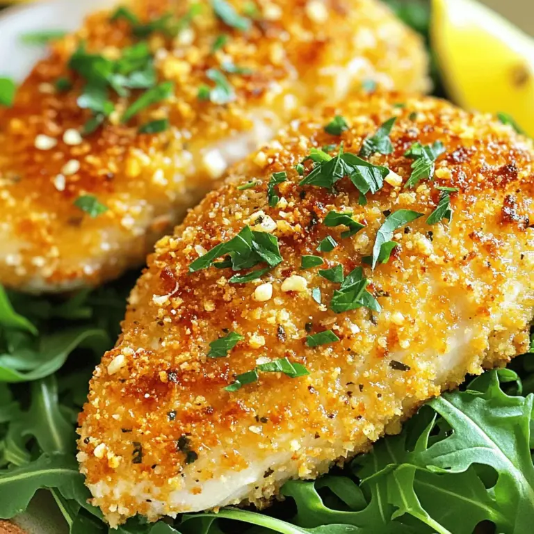 - 4 Hähnchenbrustfilets, ohne Haut und Knochen - 1 Tasse frisch geriebenen Parmesan - 1 Tasse Panko-Brösel Die Hähnchenbrustfilets sind die Hauptzutat. Sie sind zart und leicht zuzubereiten. Parmesan bringt einen starken, salzigen Geschmack. Panko-Brösel verleihen dem Gericht eine knusprige Textur. - 2 Teelöffel Knoblauchpulver - 1 Teelöffel getrockneter Oregano - 1 Teelöffel getrockneter Thymian - 1/2 Teelöffel Paprika - Salz und Pfeffer nach Geschmack - 2 große Eier - 1/4 Tasse Milch Die Gewürze sind wichtig für den Geschmack. Knoblauchpulver gibt ein tolles Aroma. Oregano und Thymian bringen frische Noten. Eier und Milch helfen, die Panade gut haften zu lassen. - Olivenöl-Spray oder 2 Esslöffel geschmolzene Butter - 1/4 Tasse frische Petersilie, gehackt (zum Garnieren) Olivenöl-Spray oder Butter sorgen für eine goldene Kruste. Petersilie ist nicht nur schön, sondern auch lecker. Diese Zutaten machen das Gericht noch besser. Für das vollständige Rezept empfehle ich, die [Full Recipe] zu beachten. Heizen Sie Ihren Ofen auf 200°C vor. Tupfen Sie die Hähnchenbrustfilets mit Küchenpapier trocken. Klopfen Sie die Filets leicht, damit sie gleichmäßig dick sind. Würzen Sie beide Seiten großzügig mit Salz und Pfeffer. Diese Schritte helfen, das Hähnchen saftig und geschmackvoll zu machen. In einer großen Schüssel vermengen Sie die folgenden Zutaten: - 1 Tasse frisch geriebenen Parmesan - 1 Tasse Panko-Brösel - 2 Teelöffel Knoblauchpulver - 1 Teelöffel getrockneter Oregano - 1 Teelöffel getrockneter Thymian - 1/2 Teelöffel Paprika Mischen Sie alles gut. Probieren Sie die Mischung und passen Sie die Würzung an. Diese Panade gibt dem Hähnchen seinen tollen Geschmack. Nehmen Sie eine separate Schüssel und verquirlen Sie zwei große Eier mit 1/4 Tasse Milch. Tauchen Sie jedes Hähnchenbrustfilet zuerst in die Eimischung. Lassen Sie die überschüssige Flüssigkeit abtropfen. Drücken Sie dann jedes Filet in die Parmesan-Brösel-Mischung. Achten Sie darauf, dass das Hähnchen gleichmäßig bedeckt ist. Diese Schritte sorgen für eine knusprige Kruste. Legen Sie die panierten Hähnchenbrustfilets auf ein Backblech, das mit Backpapier ausgelegt ist. Sprayen Sie die Oberseite leicht mit Olivenöl oder bestreichen Sie sie mit geschmolzener Butter. So wird die Kruste goldbraun und knusprig. Backen Sie das Hähnchen im vorgeheizten Ofen für 20-25 Minuten. Achten Sie darauf, dass das Hähnchen eine Innentemperatur von 74°C erreicht. Lassen Sie das Hähnchen nach dem Backen 5 Minuten ruhen. Dies hilft, den Saft im Hähnchen zu halten. Für die vollständigen Schritte und weitere Details, schauen Sie sich das Full Recipe an. Um das beste Hähnchen zu erreichen, achte auf die Innentemperatur. Das Hähnchen sollte 74°C erreichen. Dies sorgt dafür, dass es sicher und saftig ist. Die Kruste sollte goldbraun sein. Eine perfekte Kruste macht das Gericht unwiderstehlich. Nutze Olivenöl-Spray oder geschmolzene Butter, um die Kruste schön knusprig zu bekommen. Du kannst das Rezept leicht anpassen. Probiere andere Gewürze oder Käse. Füge zum Beispiel italienische Kräuter hinzu oder verwende scharfen Käse. Dies gibt dem Gericht einen neuen Geschmack. Experimentiere mit Knoblauch oder Zwiebelpulver für zusätzliche Aromen. Sei kreativ und finde deine Lieblingskombination. Das Aussehen ist wichtig! Serviere das Parmesan-Krustenhühnchen auf einem Bett aus Rucola oder gemischtem Salat. Dies bringt Farbe und Frische. Garnieren kannst du mit Zitronenspalten und frischer Petersilie. Eine Balsamico-Reduktion gibt dem Gericht eine süße Note. Eine schöne Präsentation macht das Essen noch besser. {{image_4}} - Glutenfreie Optionen: Sie können die Panko-Brösel durch glutenfreie Brösel ersetzen. Diese sind leicht und knusprig. Eine andere Option ist, Mandelmehl zu verwenden. Es hat eine nussige Note und passt gut zum Hähnchen. - Welche Sides passen gut dazu?: Zu Parmesan-Krustenhühnchen passen viele Beilagen. Probieren Sie gedünstetes Gemüse wie Brokkoli oder grüne Bohnen. Ein frischer Salat mit Zitronen-Dressing ergänzt das Gericht perfekt. Auch Kartoffelpüree oder Reis sind tolle Optionen, die das Hähnchen abrunden. - Kalorienarme und proteinreiche Alternativen: Wenn Sie weniger Kalorien möchten, verwenden Sie Hähnchenbrust ohne Haut und weniger Öl. Für mehr Protein können Sie Quinoa oder Linsen als Beilage hinzufügen. Diese Optionen sind nahrhaft und unterstützen eine gesunde Ernährung. Um das Parmesan-Krustenhühnchen frisch zu halten, lagern Sie es im Kühlschrank. Legen Sie die Reste in einen luftdichten Behälter. Sie können das Hähnchen auch einfrieren. Wickeln Sie es gut in Frischhaltefolie und dann in Alufolie ein. Das schützt es vor Frostbrand. Die beste Methode, um das Hähnchen wieder aufzuwärmen, ist im Ofen. Stellen Sie den Ofen auf 180°C ein. Legen Sie das Hähnchen auf ein Backblech und decken Sie es leicht mit Alufolie ab. So bleibt die Kruste knusprig. Erwärmen Sie es für 15-20 Minuten. Sie können auch eine Mikrowelle verwenden, aber die Qualität leidet oft. Die Reste sind im Kühlschrank für 3-4 Tage haltbar. Wenn Sie das Hähnchen eingefroren haben, halten es bis zu 3 Monate. Achten Sie darauf, es richtig zu lagern, um die beste Qualität zu gewährleisten. Die Zubereitung des Parmesan-Krustenhühnchens dauert insgesamt 30 Minuten. Davon entfallen 15 Minuten auf die Vorbereitung und 20-25 Minuten auf das Backen. Es ist schnell und einfach, was es zu einer großartigen Wahl für ein Abendessen unter der Woche macht. Ja, du kannst das Hähnchen auch im Airfryer zubereiten! Stelle den Airfryer auf 200°C ein und backe das Hähnchen für etwa 15-20 Minuten. Achte darauf, die Stücke nicht zu überladen, damit die Heißluft gut zirkulieren kann. So wird das Hähnchen schön knusprig. Ja, dieses Gericht eignet sich hervorragend für Meal Prep. Du kannst die Hähnchenbrustfilets im Voraus zubereiten und sie in luftdichten Behältern im Kühlschrank aufbewahren. Sie bleiben bis zu 4 Tage frisch. Erhitze sie einfach in der Mikrowelle oder im Ofen, wenn du bereit bist zu essen. So hast du schnell eine leckere Mahlzeit zur Hand. Zusammenfassend haben wir die Schritte und Zutaten für ein leckeres Parmesan-Krustenhühnchen besprochen. Wir haben die Hauptzutaten wie Hähnchenbrust, Parmesan und die richtigen Gewürze behandelt. Die Anleitung sorgt dafür, dass dein Hähnchen perfekt knusprig wird. Denk daran, kreative Variationen und passende Beilagen zu nutzen. Mit den Tipps zur Aufbewahrung bleibt dein Gericht frisch. Probiere es aus und genieße dein selbstgemachtes Hähnchen in vollen Zügen!