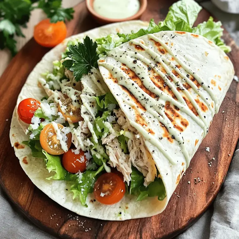 Für einen köstlichen Chicken Caesar Wrap benötigst du folgende Hauptzutaten: - 2 große Weizentortillas - 1 Tasse gekochte Hähnchenbrust, zerrupft - 1 Tasse Romanasalat, grob gehackt - 1/2 Tasse Caesar-Dressing - 1/4 Tasse Parmesan, gerieben - 1/4 Tasse Cherrytomaten, halbiert - 1/4 Teelöffel schwarzer Pfeffer - 1/4 Teelöffel Knoblauchpulver Diese Zutaten sorgen für den klassischen Geschmack eines Chicken Caesar Wraps. Die zarte Hähnchenbrust harmoniert perfekt mit dem frisch gehackten Romanasalat. Das Caesar-Dressing bringt eine cremige Note und der Parmesan sorgt für einen herzhaften Kick. Um deinen Wrap noch schmackhafter zu machen, kannst du einige optionale Zutaten hinzufügen: - Croutons für zusätzlichen Crunch - Avocado für eine cremige Textur - Gurken für mehr Frische - Rote Zwiebeln für einen würzigen Geschmack Diese Zutaten geben deinem Wrap mehr Tiefe und Vielfalt. Sie sind einfach hinzuzufügen und machen jedes Bissen interessanter. Die Zutaten in deinem Chicken Caesar Wrap bieten eine gute Mischung aus Nährstoffen: - Hähnchenbrust: Hochwertiges Protein, wichtig für den Muskelaufbau. - Romanasalat: Reich an Ballaststoffen und Vitaminen, gut für die Verdauung. - Parmesan: Liefert Calcium, wichtig für gesunde Knochen. - Cherrytomaten: Voll mit Antioxidantien, gut für die Haut. Die Kombination dieser Zutaten sorgt für eine ausgewogene Mahlzeit, die nicht nur gut schmeckt, sondern auch nährstoffreich ist. Du kannst alle Informationen über die Zubereitung in meinem [Full Recipe] finden. Beginne mit der Füllung. In einer großen Schüssel vermenge die zerrupfte Hähnchenbrust, den Romanasalat und das Caesar-Dressing. Achte darauf, dass alles gut vermischt ist. Füge dann den geriebenen Parmesan, die halbierten Cherrytomaten und die Gewürze hinzu. Die Mischung sollte frisch und lecker aussehen. Diese Füllung macht deinen Chicken Caesar Wrap besonders schmackhaft. Nimm eine große Weizentortilla. Lege sie auf eine saubere Fläche. Nimm eine großzügige Portion der Füllung und platziere sie in der Mitte. Wenn du magst, füge Croutons für extra Crunch hinzu. Klappe die Seiten der Tortilla ein. Rolle sie dann von unten nach oben fest auf. Achte darauf, dass die Füllung gut im Inneren bleibt. Wiederhole das Ganze mit der zweiten Tortilla. Um deinen Wrap warm und knusprig zu machen, erhitze eine Antihaftpfanne. Grill die Wraps bei mittlerer Hitze für 2-3 Minuten auf jeder Seite. Sie sollten goldbraun werden. Diese Methode verleiht dem Wrap einen tollen Geschmack. - Vollständiges Rezept für die Zubereitung: Ultimative Chicken Caesar Wraps 🥗. Um den perfekten Chicken Caesar Wrap zu machen, achte auf die richtige Menge an Füllung. Zu viel Füllung macht das Rollen schwer. Zu wenig Füllung gibt keinen Geschmack. Eine gute Menge ist etwa eine Tasse Mischung pro Tortilla. Frische Zutaten machen einen großen Unterschied. Wähle knackigen Romanasalat und reife Cherrytomaten. Frischer Parmesan bringt viel Aroma. Verwende hochwertiges Caesar-Dressing. Es gibt viele Marken, aber hausgemacht schmeckt am besten. Um die Tortilla knusprig zu halten, lege sie nicht sofort nach der Zubereitung auf einen Teller. Lasse sie kurz abkühlen. Ein weiterer Trick ist, etwas Frischhaltefolie um die gefüllte Tortilla zu wickeln. So bleibt sie frisch und weich, ohne durchzuweichen. Für die genauen Schritte schau dir das Full Recipe an. {{image_4}} Für einen vegetarischen Wrap verwende einfach gegrilltes Gemüse oder Kichererbsen. Diese Zutaten geben dir eine schöne Textur und viel Geschmack. Du kannst auch gebratene Zucchini oder Auberginen hinzufügen. Anstelle von Hähnchen kannst du auch zerdrückte Avocado verwenden. Das gibt eine cremige Note. Das Caesar-Dressing ist lecker, aber du kannst auch andere Dressings verwenden. Eine einfache Joghurt-Sauce ist frisch und leicht. Für einen scharfen Kick, probiere ein Chipotle-Dressing. Eine Zitronen-Vinaigrette bringt Frische in den Wrap. Experimentiere mit verschiedenen Geschmäckern, um deinen persönlichen Favoriten zu finden. Füge deinem Wrap mehr Füllungen hinzu, um ihn aufregender zu machen. Gehackte Oliven, frische Kräuter oder geröstete Nüsse passen gut. Auch ein paar Scheiben Speck bringen einen herzhaften Geschmack. Für einen zusätzlichen Crunch sind Croutons perfekt. Sei kreativ und mische deine Lieblingszutaten. Um deine Chicken Caesar Wraps frisch zu halten, lege sie in einen luftdichten Behälter. Du kannst auch Frischhaltefolie verwenden, um sie einzuwickeln. So bleibt die Tortilla weich und die Füllung bleibt knackig. Lagere die Wraps im Kühlschrank, um die Frische zu bewahren. Wenn du die Wraps wieder warm machen möchtest, nutze eine Pfanne oder einen Toaster. Erhitze sie bei mittlerer Hitze. So wird die Tortilla wieder knusprig. Vermeide die Mikrowelle, da sie die Tortilla weich und gummiartig macht. Falls du Croutons hinzugefügt hast, füge sie erst nach dem Erwärmen hinzu. Im Kühlschrank halten die Wraps bis zu drei Tage. Wenn du sie länger aufbewahren möchtest, friere sie ein. Eingewickelt in Frischhaltefolie bleiben sie bis zu drei Monate frisch. Achte darauf, sie gut einzupacken, damit keine Frostbrennschäden entstehen. Bei Bedarf einfach im Kühlschrank auftauen und wie oben beschrieben aufwärmen. Du kannst das Rezept leicht anpassen. Wenn du kein Hähnchen magst, probiere Tofu oder Kichererbsen. Für mehr Geschmack kannst du auch Avocado hinzufügen. Wenn du es schärfer magst, füge etwas Chili oder Jalapeños hinzu. Du kannst auch verschiedene Salate verwenden, wie Rucola oder Spinat. Das gibt deinem Wrap einen neuen Twist. Die besten Zutaten bekommst du in einem gut sortierten Supermarkt oder auf dem Wochenmarkt. Achte auf frisches Gemüse und hochwertiges Hähnchen. Biologische Produkte sind oft geschmackvoller. Manchmal findest du auch spezielle Zutaten online. So kannst du alles genau nach deinen Wünschen auswählen. Für gesunde Beilagen sind Rohkost oder ein kleiner Salat ideal. Möhren, Paprika und Sellerie passen gut. Du kannst auch einen leichten Joghurtdip dazureichen. So bleibt das Essen frisch und knusprig. Probiere auch eine fruchtige Salsa, die gut zum Wrap passt. Zusammenfassend habe ich erklärt, wie man einen leckeren Chicken Caesar Wrap macht. Wir haben die Haupt- und optionalen Zutaten sowie wichtige Nährstoffinformationen behandelt. Ich gab eine Schritt-für-Schritt-Anleitung zur Zubereitung und nützliche Tipps für perfekte Wraps. Außerdem sprach ich über Variationen und Aufbewahrung. Du kannst dein Rezept anpassen und frische Zutaten verwenden. Nutze diese Infos, um deinen Wrap nach deinem Geschmack zu gestalten. Viel Spaß beim Kochen und Genießen!
